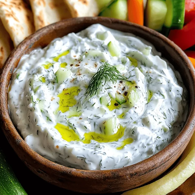 Für eine einfache Tzatziki Sauce brauchst du: - 240 g griechischer Joghurt - 1 mittelgroße Gurke, gerieben und überschüssiges Wasser ausgepresst - 2 Knoblauchzehen, fein gehackt - 1 Esslöffel Olivenöl - 1 Esslöffel frischer Dill, gehackt (oder 1 Teelöffel getrockneter Dill) - 1 Esslöffel Zitronensaft - Salz und Pfeffer nach Geschmack Diese Zutaten sind einfach zu finden und bringen echten Geschmack. Einige nützliche Werkzeuge machen die Zubereitung leichter: - Eine Reibe zum Raspeln der Gurke - Eine Schüssel zum Mischen - Ein Schneidebrett und ein scharfes Messer für den Knoblauch Mit diesen Utensilien wird der Prozess schnell und einfach. Die Qualität der Zutaten ist wichtig für den Geschmack. Hier sind einige Tipps: - Wähle griechischen Joghurt mit hohem Fettgehalt für eine cremige Textur. - Achte darauf, eine frische Gurke zu wählen. Sie sollte fest und knusprig sein. - Frischer Dill hat ein besseres Aroma als getrockneter Dill. Gute Zutaten machen deine Tzatziki Sauce besonders lecker. Du kannst die vollständige Anleitung in [Full Recipe] finden. Um die Gurke richtig vorzubereiten, beginne damit, sie gut zu waschen. Nimm eine mittelgroße Gurke und reibe sie mit einer Küchenreibe. Das macht die Gurke weich und saftig. Drücke dann das überschüssige Wasser aus der geriebenen Gurke. Dies ist wichtig, damit die Tzatziki-Sauce nicht zu flüssig wird. Eine trockene Gurke sorgt für eine cremige Textur. Nimm eine mittelgroße Rührschüssel. Gib den griechischen Joghurt, die vorbereitete Gurke und die fein gehackten Knoblauchzehen hinein. Füge dann 1 Esslöffel Olivenöl, 1 Esslöffel frischen Dill und 1 Esslöffel Zitronensaft hinzu. Jetzt kommt der spannende Teil: Mische alles gründlich. Achte darauf, dass alle Zutaten gleichmäßig verteilt sind. Schmecke die Mischung ab und passe die Gewürze nach deinem Geschmack an. Decke die Schüssel mit Frischhaltefolie ab. Stelle die Mischung für mindestens 30 Minuten in den Kühlschrank. So verbinden sich die Aromen gut. Nach dem Kühlen ist die Tzatziki-Sauce bereit. Serviere sie kalt als Dip zu Pita-Brot oder frischem Gemüse. Du kannst sie auch als Sauce für gegrilltes Fleisch oder Gyros verwenden. Diese einfache Tzatziki-Sauce ist frisch und köstlich. Wenn du mehr Details möchtest, schaue dir das Full Recipe an. Einer der häufigsten Fehler ist, die Gurke nicht richtig vorzubereiten. Wenn Sie die Gurke nicht auspressen, wird die Sauce wässrig. Achten Sie darauf, die Gurke gut zu reiben und das überschüssige Wasser herauszupressen. Ein weiterer Fehler ist, zu viel Knoblauch hinzuzufügen. Knoblauch hat einen starken Geschmack. Fangen Sie mit zwei Zehen an und passen Sie den Geschmack an. Jeder hat einen anderen Geschmack. Probieren Sie, die Tzatziki-Sauce zu variieren. Mögen Sie es würziger? Fügen Sie mehr Zitronensaft oder etwas Chili hinzu. Möchten Sie es milder? Verwenden Sie weniger Knoblauch oder mehr Joghurt. Sie können auch frische Kräuter wie Minze oder Petersilie hinzufügen. Diese geben der Sauce eine frische Note. Die Präsentation ist wichtig. Servieren Sie die Tzatziki-Sauce in einer schönen Schüssel. Garnieren Sie sie mit einem Zweig frischem Dill und einem Spritzer Zitronensaft. Das sieht nicht nur gut aus, sondern gibt auch einen frischen Kick. Für einen besonderen Touch können Sie Oliven oder Paprika als Dekoration hinzufügen. Wenn Sie die Tzatziki-Sauce kühl servieren, ist sie besonders erfrischend. Für das vollständige Rezept schauen Sie sich die [Full Recipe] an. {{image_4}} Du kannst Tzatziki auch vegan zubereiten. Statt griechischem Joghurt nimmst du pflanzlichen Joghurt. Sojajoghurt oder Kokosjoghurt eignen sich gut. Dieser Austausch macht das Rezept für alle zugänglich. Du kannst dem Tzatziki viele neue Aromen hinzufügen. Versuche, frische Minze oder Petersilie hinzuzufügen. Ein wenig geriebene Zitrone bringt Frische. Für einen würzigen Kick füge Chili oder Paprika hinzu. Diese Variationen machen das Rezept spannend. Tzatziki ist nicht nur ein Dip. Du kannst es auch als Marinade nutzen. Mische es mit etwas mehr Olivenöl und Zitronensaft. Marinade für Hühnchen oder Gemüse wird so sehr lecker. Lasse die Lebensmittel mindestens eine Stunde marinieren. Das gibt den Aromen Zeit, in das Fleisch oder Gemüse einzuziehen. So wird dein Grillabend ein Hit! Lagern Sie Tzatziki Sauce in einem luftdichten Behälter. Dieser schützt die Sauce vor Luft und Feuchtigkeit. Stellen Sie den Behälter in den Kühlschrank. So bleibt die Tzatziki frisch und lecker. Tzatziki hält sich im Kühlschrank etwa 3 bis 5 Tage. Achten Sie darauf, die Sauce gut abzudecken. So vermeiden Sie, dass sie Gerüche von anderen Lebensmitteln aufnimmt. Überprüfen Sie immer den Geruch und das Aussehen, bevor Sie essen. Ja, Sie können Tzatziki einfrieren! Füllen Sie die Sauce in einen gefrierfesten Behälter. Lassen Sie etwas Platz, da die Sauce beim Einfrieren expandiert. Tzatziki kann bis zu 2 Monate eingefroren werden. Zum Auftauen, legen Sie den Behälter einfach in den Kühlschrank. Rühren Sie die Sauce gut durch, bevor Sie sie servieren. Tzatziki hält sich gut im Kühlschrank. Es bleibt frisch für etwa 3 bis 5 Tage. Bewahre es in einem luftdichten Behälter auf. So bleibt es länger lecker und kühl. Ja, du kannst getrocknete Kräuter verwenden. Sie geben dem Tzatziki einen anderen Geschmack. Verwende 1 Teelöffel getrockneten Dill anstelle von frischem Dill. Der Geschmack wird nicht ganz gleich sein, aber es funktioniert gut. Tzatziki passt zu vielen Speisen. Du kannst es mit Pita-Brot oder frischem Gemüse genießen. Es ist auch toll als Sauce für gegrilltes Fleisch oder Gyros. Verwende es als Dip oder als Beilage. Es macht jedes Gericht frischer und leckerer. Tzatziki ist einfach zuzubereiten und macht jede Mahlzeit besser. Wir haben die besten Zutaten, die richtige Zubereitung und Tipps zur Vermeidung häufiger Fehler durchgenommen. Variationen und Lagerung sind ebenso wichtig, um das Beste aus Ihrem Tzatziki herauszuholen. Denken Sie daran, dass frische Zutaten und die richtige Präsentation den Unterschied ausmachen. Viel Spaß beim Ausprobieren und Teilen Ihrer eigenen Tzatziki-Kreationen!