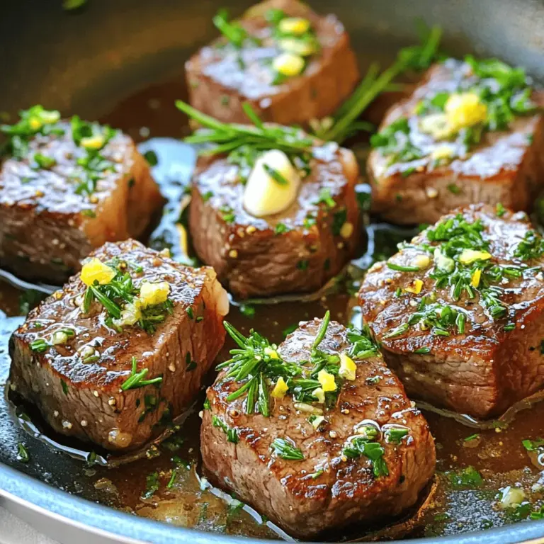 Die Hauptzutaten sind einfach und frisch. Sie brauchen: - 450 g Rindersteak (z. B. Sirloin), in mundgerechte Stücke geschnitten - 4 Esslöffel ungesalzene Butter - 4 Knoblauchzehen, fein gehackt - 1 Esslöffel frischer Rosmarin, gehackt - 1 Esslöffel frische Petersilie, gehackt - Salz und Pfeffer nach Geschmack - 1 Esslöffel Olivenöl - Schale von 1 Zitrone Diese Zutaten machen die Steakbissen saftig und voll im Geschmack. Wenn Sie etwas mehr Geschmack hinzufügen möchten, probieren Sie diese Optionen: - Paprika für eine leichte Schärfe - Zwiebeln, in Würfel geschnitten - Verschiedene Kräuter wie Thymian oder Oregano - Chili-Flocken für mehr Hitze Diese Gewürze passen gut zu den Steakbissen. Wählen Sie das richtige Steak ist wichtig. Hier sind ein paar Tipps: - Suchen Sie nach gut marmorierten Steaks. Das Fett macht das Fleisch zart. - Frisches Fleisch hat eine schöne, rote Farbe. - Fragen Sie beim Metzger nach dem besten Stück. Ein gutes Steak sorgt für den besten Geschmack in Ihren Knoblauch-Butter Steakbissen. Für das vollständige Rezept schauen Sie sich die Anleitung an. Um leckere Knoblauch-Butter Steakbissen zu machen, beginne mit der Vorbereitung. Du brauchst frische Zutaten. Hier ist, was du benötigst: - 450 g Rindersteak (z. B. Sirloin), in mundgerechte Stücke geschnitten - 4 Esslöffel ungesalzene Butter - 4 Knoblauchzehen, fein gehackt - 1 Esslöffel frischer Rosmarin, gehackt - 1 Esslöffel frische Petersilie, gehackt - Salz und Pfeffer nach Geschmack - 1 Esslöffel Olivenöl - Schale von 1 Zitrone Stelle sicher, dass alles bereit ist. Das macht den Kochprozess schneller und einfacher. Jetzt geht es ans Kochen. Erhitze das Olivenöl in einer großen Pfanne bei mittelhoher Hitze. Wenn das Öl heiß ist, füge die Steakbissen hinzu. Achte darauf, sie in einer einzigen Schicht zu braten. Lass sie 2-3 Minuten braten, ohne sie zu bewegen. So bekommst du eine schöne Kruste. Wende die Steakbissen vorsichtig um und koche sie weitere 2-3 Minuten. Wenn du sie medium rare magst, ist das genau richtig. Sobald die Steakbissen fertig sind, senke die Hitze auf mittlere bis niedrige Stufe. Jetzt ist es Zeit für den Geschmack! Füge die Butter, den gehackten Knoblauch und den Rosmarin in die Pfanne hinzu. Rühre alles gut um. Die Butter sollte in etwa 1-2 Minuten geschmolzen sein. Sobald die Steakbissen gut überzogen sind, nimm die Pfanne vom Herd. Streue die Zitronenschale und frische Petersilie darüber. Mische alles vorsichtig. Jetzt sind deine Knoblauch-Butter Steakbissen bereit zum Servieren! Für das vollständige Rezept, schau dir den Abschnitt „Vollständiges Rezept: Köstliche Knoblauch-Butter Steakbissen“ an. Die Garstufen sind wichtig für den Geschmack. Für Steakbissen empfehle ich medium rare. Das Fleisch bleibt saftig und zart. Um dies zu erreichen, braten Sie die Stücke etwa 2-3 Minuten pro Seite. Verwenden Sie ein Fleischthermometer, um die Temperatur zu prüfen. Ideal ist eine Innentemperatur von 54°C. Lassen Sie das Steak nach dem Braten kurz ruhen. So verteilt sich der Saft gleichmäßig. Frische Kräuter machen einen großen Unterschied. Ich empfehle Rosmarin und Petersilie. Diese Kräuter passen gut zu Steak. Sie bringen frische Aromen in die Pfanne. Hacken Sie die Kräuter fein und fügen Sie sie am Ende des Kochens hinzu. Dies bewahrt den intensiven Geschmack. Auch andere Kräuter wie Thymian oder Oregano sind gute Optionen. Experimentieren Sie und finden Sie Ihre Lieblingskombination. Steakbissen sind perfekt mit Beilagen. Servieren Sie sie mit einem frischen Salat oder gedünstetem Gemüse. Kartoffeln sind ebenfalls eine gute Wahl. Sie können zum Beispiel Ofenkartoffeln oder Kartoffelpüree machen. Eine leckere Sauce passt auch gut dazu. Versuchen Sie eine einfache Knoblauchsoße oder eine würzige BBQ-Sauce. So wird Ihr Gericht voll und lecker. Für das vollständige Rezept, schauen Sie sich die Anleitung an. {{image_4}} Du kannst die Steakbissen noch besser machen, indem du verschiedene Kräuter hinzufügst. Rosmarin und Thymian passen gut zu Steak. Diese Kräuter geben dem Fleisch einen tollen Geschmack. Du kannst auch Oregano verwenden, um eine mediterrane Note zu erreichen. Ich empfehle, die Kräuter frisch zu verwenden. Das macht einen großen Unterschied. Eine weitere leckere Idee ist die mediterrane Variante. Füge einfach schwarze oder grüne Oliven hinzu. Diese geben der Mischung eine salzige Note. Wenn du auch Feta-Käse hinzufügst, wird es noch besser. Der cremige Käse passt perfekt zu den saftigen Steakbissen. Diese Kombination ist einfach köstlich und bringt Abwechslung auf den Tisch. Für eine gesunde Option kannst du Gemüse mit den Steakbissen braten. Karotten, Paprika und Zucchini sind eine gute Wahl. Schneide das Gemüse klein, damit es schnell gar wird. Du kannst es direkt nach den Steakbissen in die Pfanne geben. Das Gemüse nimmt den Geschmack von der Knoblauch-Butter auf. So bekommst du ein vollständiges Gericht in einem Schritt. Wenn du diese Variationen ausprobierst, wirst du nie wieder langweilige Steakbissen essen. Du kannst auch das [Full Recipe] nutzen, um deine Lieblingskombination zu finden. Um die Reste der Knoblauch-Butter Steakbissen frisch zu halten, lege sie in einen luftdichten Behälter. Achte darauf, dass die Steakbissen gut abgekühlt sind, bevor du sie verpackst. So vermeidest du Kondenswasser und die Bissen bleiben lecker. Du kannst sie bis zu drei Tage im Kühlschrank aufbewahren. Um die Steakbissen aufzuwärmen, kannst du eine Pfanne oder die Mikrowelle verwenden. Wenn du eine Pfanne nutzt, erhitze sie bei mittlerer Hitze. Füge ein wenig Butter hinzu und erwärme die Steakbissen kurz, bis sie heiß sind. In der Mikrowelle lege sie auf einen Teller und decke sie mit einem feuchten Papiertuch ab. Erhitze sie in kurzen Intervallen von 30 Sekunden, bis sie warm sind. Im Kühlschrank halten die Steakbissen bis zu drei Tage. Wenn du sie länger aufbewahren möchtest, friere sie ein. In einem luftdichten Behälter oder einem Gefrierbeutel sind sie drei Monate haltbar. Achte darauf, die Luft so gut wie möglich herauszudrücken, um Gefrierbrand zu vermeiden. Zum Auftauen lege die Steakbissen einfach über Nacht in den Kühlschrank. Die Zubereitung der Knoblauch-Butter Steakbissen dauert etwa 15 Minuten. Du brauchst 5 Minuten für die Vorbereitung und 10 Minuten zum Kochen. Es ist schnell und einfach. Diese Zeit macht das Gericht perfekt für ein schnelles Abendessen oder einen Snack. Ja, du kannst die Steakbissen im Voraus zubereiten. Du kannst sie bis zu zwei Tage im Kühlschrank aufbewahren. Achte darauf, sie in einem luftdichten Behälter zu lagern. Wenn du sie wieder aufwärmst, stelle sicher, dass sie gut durchgeheizt sind. So bleiben sie zart und schmackhaft. Zu Steakbissen passen viele Beilagen gut. Ich empfehle, sie mit einem frischen Salat oder knusprigen Pommes Frites zu servieren. Auch gebratenes Gemüse oder Reis sind tolle Optionen. Diese Beilagen ergänzen den Geschmack der Steakbissen perfekt. Für das vollständige Rezept, schau bitte in den Abschnitt "Vollständiges Rezept". Dort findest du alle Zutaten und Schritte, um diese leckeren Steakbissen zuzubereiten. In diesem Artikel haben wir die wichtigsten Zutaten und die Schritte für köstliche Knoblauch-Butter Steakbissen betrachtet. Wir haben Tipps für die Auswahl des besten Rindersteaks gegeben und Möglichkeiten zur Aufbewahrung von Resten erklärt. Diese Steakbissen sind einfach zuzubereiten und passen gut zu verschiedenen Beilagen. Überlege, deine Kreationen mit frischen Kräutern zu variieren. Das bringt neuen Geschmack. Mit den hier genannten Tipps kannst du immer wieder leckere Ergebnisse erzielen. Viel Spaß beim Kochen!