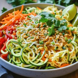 - 3 mittelgroße Zucchini, zu Nudeln spiralisiert - 1 Tasse Mungobohnensprossen - 1 rote Paprika, in Streifen geschnitten - 1 Karotte, in feine Julienne geschnitten Zucchini sind die Hauptzutat. Sie sind leicht und gesund. Ich liebe es, sie zu Nudeln zu spiralieren. Das macht das Gericht frisch und knackig. Die Mungobohnensprossen bringen einen tollen Crunch. Sie fügen auch Nährstoffe hinzu. Paprika gibt Farbe und Süße. Karotten bringen einen süßen, erdigen Geschmack. Diese Zutaten machen das Gericht bunt und lecker. - 3 Esslöffel Tamari (oder Sojasauce) - 1 Esslöffel Fischsauce (optional) - 1 Esslöffel Erdnussbutter - 2 Esslöffel Limettensaft - 1 Esslöffel Sesamöl Für den Geschmack sind die Gewürze wichtig. Tamari oder Sojasauce geben umami. Fischsauce ist optional, aber sie macht das Gericht reicher. Erdnussbutter sorgt für Cremigkeit und einen nussigen Geschmack. Limettensaft bringt Frische und Säure. Sesamöl fügt einen tiefen, nussigen Geschmack hinzu. Du kannst auch andere Zutaten hinzufügen. Probiere Chili oder Ingwer für mehr Schärfe. Für das Zucchini Noodle Pad Thai ist die Auswahl der Zutaten und Gewürze entscheidend. Sie bestimmen den Geschmack und die Textur. Wenn du die Zutaten gut wählst, wird dein Gericht köstlich. Die Kombination dieser Komponenten sorgt für ein echtes Geschmackserlebnis. Schau dir die [Full Recipe] an, um alles zusammenzufassen und loszulegen. Um Zucchini-Nudeln zu machen, benutze einen Spiralizer. Dies ist ein einfaches Gerät. Du kannst auch einen Gemüseschäler verwenden. Einfach die Zucchini in lange Streifen schneiden. Lege die Zucchini-Nudeln dann beiseite. Jetzt bereite das Gemüse vor. Schneide eine rote Paprika in Streifen. Nimm eine Karotte und schneide sie in feine Julienne. Hacke zwei Frühlingszwiebeln klein. Diese Zutaten bringen Farbe und Geschmack in dein Gericht. Schlage zwei große Eier in einer Schüssel leicht. Diese Eier geben deinem Pad Thai eine tolle Textur. Erhitze eine große Pfanne oder einen Wok. Das Sesamöl sollte bei mittlerer Hitze warm werden. Füge den fein gehackten Knoblauch hinzu. Brate ihn etwa 30 Sekunden an. Der Duft wird köstlich sein. Gieße die geschlagenen Eier in die Pfanne. Rühre sie um, bis sie fest sind. Schiebe die Eier an eine Seite der Pfanne. Jetzt ist es Zeit für das Gemüse. Füge die Paprika, Karotte und Zucchini-Nudeln hinzu. Koche diese Mischung für etwa 2-3 Minuten. Die Zucchini sollte weich, aber noch bissfest sein. Jetzt kommt der spannende Teil. Gieße die Tamari oder Sojasauce über die Mischung. Wenn du magst, füge auch die Fischsauce hinzu. Mische einen Esslöffel Erdnussbutter und zwei Esslöffel Limettensaft dazu. Schwenke alles, bis es gut vermischt ist. Streue die Mungobohnensprossen und die Frühlingszwiebeln hinein. Koche für eine weitere Minute. Schmecke das Gericht mit Salz und Pfeffer ab. Nimm die Pfanne vom Herd. Serviere dein Zucchini-Nudel-Pad Thai. Du kannst frischen Koriander und zerdrückte Erdnüsse darüberstreuen. Diese geben deinem Gericht den letzten Schliff. Für die vollständige Anleitung, schau dir das [Full Recipe] an. - Zucchini richtig schneiden und verarbeiten: Spiralisiere die Zucchini mit einem Spiralizer oder Gemüseschäler. Achte darauf, gleichmäßige Nudeln zu machen. Dies hilft beim gleichmäßigen Kochen. Lege die Zucchini-Nudeln nach dem Schneiden auf ein Küchentuch. Das saugt überschüssiges Wasser auf. - Klappt es auch ohne Wok?: Ja, du kannst eine große Pfanne verwenden. Ein Wok hat jedoch eine bessere Hitzeverteilung. Das hilft, die Zucchini-Nudeln gleichmäßig zu garen. Eine Pfanne funktioniert aber auch gut, wenn du die Hitze anpasst. - Zu viel Wasser bei den Zucchini: Zucchini enthalten viel Wasser. Wenn du diese nicht abtropfen lässt, wird dein Pad Thai matschig. Denke daran, die Zucchini gut zu salzen und abtropfen zu lassen. So verlierst du überschüssige Feuchtigkeit. - Die richtige Garzeit beachten: Koche die Zucchini-Nudeln nicht zu lange. Sie sollten al dente bleiben. Etwa 2-3 Minuten in der Pfanne reichen aus. So behält das Gemüse seine Frische und Knackigkeit. {{image_4}} Zucchini Noodle Pad Thai ist sehr anpassbar. Du kannst verschiedene Proteine hinzufügen. Hühnchen, Garnelen oder Tofu passen gut in dieses Gericht. - Hühnchen: Schneide es in kleine Stücke. Brate es zuerst an, bevor du die Zucchini hinzufügst. - Garnelen: Verwende rohe Garnelen. Sie brauchen nur wenige Minuten, um gar zu werden. - Tofu: Nimm festen Tofu. Brate ihn vor dem Hinzufügen der Zucchini, um eine knusprige Textur zu erreichen. Wenn du vegan bist, lass die Eier weg. Verwende stattdessen mehr Gemüse oder Pilze. So bleibt das Gericht lecker und füllend. Manchmal hat man keine Zucchini daheim. Du kannst auch andere Gemüsenudeln ausprobieren. Karotten- oder Süßkartoffelnudeln sind tolle Optionen. - Karotten: Sie sind süß und geben Farbe. Spiralisiere sie wie Zucchini. - Süßkartoffeln: Diese machen das Gericht herzhafter. Koche sie kurz, bevor du sie mit dem anderen Gemüse vermischst. Wenn du eine Low-Carb-Diät machst, sind Gemüsenudeln perfekt. Sie enthalten weniger Kohlenhydrate als normale Nudeln. So kannst du das Gericht leichter genießen. Probiere meinen [Full Recipe], um die besten Ergebnisse zu erzielen! - Kühlschranklagerung: Bewahre Reste in einem luftdichten Behälter auf. So bleiben sie frisch. Du kannst sie bis zu drei Tage im Kühlschrank lagern. Achte darauf, dass die Zucchini-Nudeln nicht zu lange liegen. Sie verlieren sonst ihre Textur. - Tipps zur Gefrierung: Wenn du längerfristig aufbewahren willst, friere das Gericht ein. Nutze dazu gefriergeeignete Behälter. Das Gericht hält sich bis zu zwei Monate im Tiefkühlfach. Achte darauf, die Saucen gut zu vermischen, bevor du sie einfrierst. - Haltbarkeit im Kühlschrank: Zucchini Noodle Pad Thai bleibt frisch für drei Tage. Nach diesem Zeitraum kann die Qualität abnehmen. Achte darauf, dass du den Behälter gut verschließt. - Anzeichen für schlechte Qualität: Wenn du einen unangenehmen Geruch bemerkst oder die Zucchini weich und matschig aussieht, wirf das Gericht weg. Das sind klare Anzeichen, dass die Qualität nicht mehr gut ist. Achte immer auf Frische, um das Beste aus deinem Essen herauszuholen. Ja, du kannst Zucchini Noodle Pad Thai im Voraus zubereiten. Das spart Zeit. Du kannst die Zucchini-Nudeln und das Gemüse am Abend vorher vorbereiten. Lagere sie in einem luftdichten Behälter im Kühlschrank. Achte darauf, die Zucchini nicht zu kochen, bevor du das Gericht servierst. Das hält sie frisch und knackig. Wenn du das Gericht kochst, mache es kurz vor dem Servieren. So bleibt der Geschmack intensiv. Zucchini Noodle Pad Thai passt gut zu vielen Beilagen. Hier sind einige Optionen: - Frischer Gurkensalat: Er gibt einen knackigen Kontrast. - Reis oder Quinoa: Diese Beilagen fügen Fülle hinzu. - Frische Frühlingsrollen: Sie sind leicht und erfrischend. - Ein einfaches Erdnussdressing: Es ergänzt die Aromen gut. Du kannst auch frische Limettenschnitze zum Servieren hinzufügen. Sie geben einen tollen, spritzigen Geschmack. Um matschige Zucchini-Nudeln zu vermeiden, gibt es einige wichtige Techniken: - Zucchini richtig schneiden: Spiralisiere sie frisch. Verwende einen Gemüseschäler, falls nötig. - Wasser entziehen: Streue etwas Salz über die Zucchini-Nudeln und lasse sie 10 Minuten ruhen. Das Salz zieht Wasser heraus. Tupfe sie dann trocken. - Kurze Kochzeit: Koche die Zucchini-Nudeln nur 2-3 Minuten. So bleiben sie bissfest. Achte darauf, die Zucchini erst zum Schluss hinzuzufügen. So verhindert man, dass sie überkochen. Mit diesen Tipps wird dein Zucchini Noodle Pad Thai perfekt. Für das vollständige Rezept schau hier: [Full Recipe]. Zucchini Noodle Pad Thai ist eine tolle Option für eine gesunde und leckere Mahlzeit. Du hast gelernt, welche Zutaten wichtig sind und wie du sie zubereitest. Wir haben auch Tipps gegeben, um häufige Fehler zu vermeiden und Variationen für jeden Geschmack zu entdecken. Denk daran, Reste gut aufzubewahren, damit du lange etwas von diesem Gericht hast. Mit ein paar einfachen Schritten und Tricks gelingt dir das perfekte Pad Thai immer wieder!
