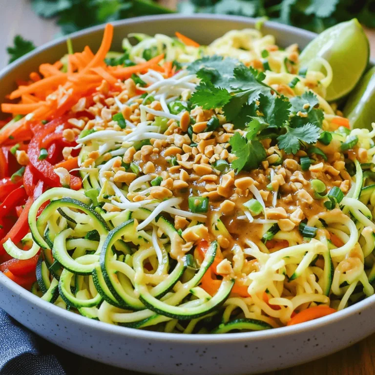 - 3 mittelgroße Zucchini, zu Nudeln spiralisiert - 1 Tasse Mungobohnensprossen - 1 rote Paprika, in Streifen geschnitten - 1 Karotte, in feine Julienne geschnitten Zucchini sind die Hauptzutat. Sie sind leicht und gesund. Ich liebe es, sie zu Nudeln zu spiralieren. Das macht das Gericht frisch und knackig. Die Mungobohnensprossen bringen einen tollen Crunch. Sie fügen auch Nährstoffe hinzu. Paprika gibt Farbe und Süße. Karotten bringen einen süßen, erdigen Geschmack. Diese Zutaten machen das Gericht bunt und lecker. - 3 Esslöffel Tamari (oder Sojasauce) - 1 Esslöffel Fischsauce (optional) - 1 Esslöffel Erdnussbutter - 2 Esslöffel Limettensaft - 1 Esslöffel Sesamöl Für den Geschmack sind die Gewürze wichtig. Tamari oder Sojasauce geben umami. Fischsauce ist optional, aber sie macht das Gericht reicher. Erdnussbutter sorgt für Cremigkeit und einen nussigen Geschmack. Limettensaft bringt Frische und Säure. Sesamöl fügt einen tiefen, nussigen Geschmack hinzu. Du kannst auch andere Zutaten hinzufügen. Probiere Chili oder Ingwer für mehr Schärfe. Für das Zucchini Noodle Pad Thai ist die Auswahl der Zutaten und Gewürze entscheidend. Sie bestimmen den Geschmack und die Textur. Wenn du die Zutaten gut wählst, wird dein Gericht köstlich. Die Kombination dieser Komponenten sorgt für ein echtes Geschmackserlebnis. Schau dir die [Full Recipe] an, um alles zusammenzufassen und loszulegen. Um Zucchini-Nudeln zu machen, benutze einen Spiralizer. Dies ist ein einfaches Gerät. Du kannst auch einen Gemüseschäler verwenden. Einfach die Zucchini in lange Streifen schneiden. Lege die Zucchini-Nudeln dann beiseite. Jetzt bereite das Gemüse vor. Schneide eine rote Paprika in Streifen. Nimm eine Karotte und schneide sie in feine Julienne. Hacke zwei Frühlingszwiebeln klein. Diese Zutaten bringen Farbe und Geschmack in dein Gericht. Schlage zwei große Eier in einer Schüssel leicht. Diese Eier geben deinem Pad Thai eine tolle Textur. Erhitze eine große Pfanne oder einen Wok. Das Sesamöl sollte bei mittlerer Hitze warm werden. Füge den fein gehackten Knoblauch hinzu. Brate ihn etwa 30 Sekunden an. Der Duft wird köstlich sein. Gieße die geschlagenen Eier in die Pfanne. Rühre sie um, bis sie fest sind. Schiebe die Eier an eine Seite der Pfanne. Jetzt ist es Zeit für das Gemüse. Füge die Paprika, Karotte und Zucchini-Nudeln hinzu. Koche diese Mischung für etwa 2-3 Minuten. Die Zucchini sollte weich, aber noch bissfest sein. Jetzt kommt der spannende Teil. Gieße die Tamari oder Sojasauce über die Mischung. Wenn du magst, füge auch die Fischsauce hinzu. Mische einen Esslöffel Erdnussbutter und zwei Esslöffel Limettensaft dazu. Schwenke alles, bis es gut vermischt ist. Streue die Mungobohnensprossen und die Frühlingszwiebeln hinein. Koche für eine weitere Minute. Schmecke das Gericht mit Salz und Pfeffer ab. Nimm die Pfanne vom Herd. Serviere dein Zucchini-Nudel-Pad Thai. Du kannst frischen Koriander und zerdrückte Erdnüsse darüberstreuen. Diese geben deinem Gericht den letzten Schliff. Für die vollständige Anleitung, schau dir das [Full Recipe] an. - Zucchini richtig schneiden und verarbeiten: Spiralisiere die Zucchini mit einem Spiralizer oder Gemüseschäler. Achte darauf, gleichmäßige Nudeln zu machen. Dies hilft beim gleichmäßigen Kochen. Lege die Zucchini-Nudeln nach dem Schneiden auf ein Küchentuch. Das saugt überschüssiges Wasser auf. - Klappt es auch ohne Wok?: Ja, du kannst eine große Pfanne verwenden. Ein Wok hat jedoch eine bessere Hitzeverteilung. Das hilft, die Zucchini-Nudeln gleichmäßig zu garen. Eine Pfanne funktioniert aber auch gut, wenn du die Hitze anpasst. - Zu viel Wasser bei den Zucchini: Zucchini enthalten viel Wasser. Wenn du diese nicht abtropfen lässt, wird dein Pad Thai matschig. Denke daran, die Zucchini gut zu salzen und abtropfen zu lassen. So verlierst du überschüssige Feuchtigkeit. - Die richtige Garzeit beachten: Koche die Zucchini-Nudeln nicht zu lange. Sie sollten al dente bleiben. Etwa 2-3 Minuten in der Pfanne reichen aus. So behält das Gemüse seine Frische und Knackigkeit. {{image_4}} Zucchini Noodle Pad Thai ist sehr anpassbar. Du kannst verschiedene Proteine hinzufügen. Hühnchen, Garnelen oder Tofu passen gut in dieses Gericht. - Hühnchen: Schneide es in kleine Stücke. Brate es zuerst an, bevor du die Zucchini hinzufügst. - Garnelen: Verwende rohe Garnelen. Sie brauchen nur wenige Minuten, um gar zu werden. - Tofu: Nimm festen Tofu. Brate ihn vor dem Hinzufügen der Zucchini, um eine knusprige Textur zu erreichen. Wenn du vegan bist, lass die Eier weg. Verwende stattdessen mehr Gemüse oder Pilze. So bleibt das Gericht lecker und füllend. Manchmal hat man keine Zucchini daheim. Du kannst auch andere Gemüsenudeln ausprobieren. Karotten- oder Süßkartoffelnudeln sind tolle Optionen. - Karotten: Sie sind süß und geben Farbe. Spiralisiere sie wie Zucchini. - Süßkartoffeln: Diese machen das Gericht herzhafter. Koche sie kurz, bevor du sie mit dem anderen Gemüse vermischst. Wenn du eine Low-Carb-Diät machst, sind Gemüsenudeln perfekt. Sie enthalten weniger Kohlenhydrate als normale Nudeln. So kannst du das Gericht leichter genießen. Probiere meinen [Full Recipe], um die besten Ergebnisse zu erzielen! - Kühlschranklagerung: Bewahre Reste in einem luftdichten Behälter auf. So bleiben sie frisch. Du kannst sie bis zu drei Tage im Kühlschrank lagern. Achte darauf, dass die Zucchini-Nudeln nicht zu lange liegen. Sie verlieren sonst ihre Textur. - Tipps zur Gefrierung: Wenn du längerfristig aufbewahren willst, friere das Gericht ein. Nutze dazu gefriergeeignete Behälter. Das Gericht hält sich bis zu zwei Monate im Tiefkühlfach. Achte darauf, die Saucen gut zu vermischen, bevor du sie einfrierst. - Haltbarkeit im Kühlschrank: Zucchini Noodle Pad Thai bleibt frisch für drei Tage. Nach diesem Zeitraum kann die Qualität abnehmen. Achte darauf, dass du den Behälter gut verschließt. - Anzeichen für schlechte Qualität: Wenn du einen unangenehmen Geruch bemerkst oder die Zucchini weich und matschig aussieht, wirf das Gericht weg. Das sind klare Anzeichen, dass die Qualität nicht mehr gut ist. Achte immer auf Frische, um das Beste aus deinem Essen herauszuholen. Ja, du kannst Zucchini Noodle Pad Thai im Voraus zubereiten. Das spart Zeit. Du kannst die Zucchini-Nudeln und das Gemüse am Abend vorher vorbereiten. Lagere sie in einem luftdichten Behälter im Kühlschrank. Achte darauf, die Zucchini nicht zu kochen, bevor du das Gericht servierst. Das hält sie frisch und knackig. Wenn du das Gericht kochst, mache es kurz vor dem Servieren. So bleibt der Geschmack intensiv. Zucchini Noodle Pad Thai passt gut zu vielen Beilagen. Hier sind einige Optionen: - Frischer Gurkensalat: Er gibt einen knackigen Kontrast. - Reis oder Quinoa: Diese Beilagen fügen Fülle hinzu. - Frische Frühlingsrollen: Sie sind leicht und erfrischend. - Ein einfaches Erdnussdressing: Es ergänzt die Aromen gut. Du kannst auch frische Limettenschnitze zum Servieren hinzufügen. Sie geben einen tollen, spritzigen Geschmack. Um matschige Zucchini-Nudeln zu vermeiden, gibt es einige wichtige Techniken: - Zucchini richtig schneiden: Spiralisiere sie frisch. Verwende einen Gemüseschäler, falls nötig. - Wasser entziehen: Streue etwas Salz über die Zucchini-Nudeln und lasse sie 10 Minuten ruhen. Das Salz zieht Wasser heraus. Tupfe sie dann trocken. - Kurze Kochzeit: Koche die Zucchini-Nudeln nur 2-3 Minuten. So bleiben sie bissfest. Achte darauf, die Zucchini erst zum Schluss hinzuzufügen. So verhindert man, dass sie überkochen. Mit diesen Tipps wird dein Zucchini Noodle Pad Thai perfekt. Für das vollständige Rezept schau hier: [Full Recipe]. Zucchini Noodle Pad Thai ist eine tolle Option für eine gesunde und leckere Mahlzeit. Du hast gelernt, welche Zutaten wichtig sind und wie du sie zubereitest. Wir haben auch Tipps gegeben, um häufige Fehler zu vermeiden und Variationen für jeden Geschmack zu entdecken. Denk daran, Reste gut aufzubewahren, damit du lange etwas von diesem Gericht hast. Mit ein paar einfachen Schritten und Tricks gelingt dir das perfekte Pad Thai immer wieder!