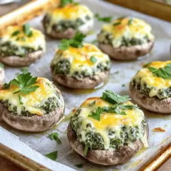 Um die besten käsegefüllten Spinat-Pilze zu machen, brauchen wir frische und leckere Zutaten. Hier sind die Hauptzutaten: - 12 große Champignons, Stiele entfernt - 1 Tasse frischer Spinat, grob gehackt - 1/2 Tasse Frischkäse, weich - 1/2 Tasse geriebener Mozzarella-Käse - 1/4 Tasse geriebener Parmesan-Käse - 2 Knoblauchzehen, fein gehackt - 2 Esslöffel Olivenöl - 1 Esslöffel frischer Zitronensaft Diese Zutaten sind die Basis für unseren köstlichen Genuss. Der Spinat bringt Frische, und die Käsefülle macht die Pilze cremig und lecker. Gewürze geben den Pilzen den richtigen Geschmack. Hier sind die Gewürze, die du brauchst: - 1/4 Teelöffel rote Pfefferflocken (nach Belieben) - Salz und Pfeffer nach Geschmack Olivenöl hilft, die Füllung zu braten und gibt ein schönes Aroma. Achte darauf, die Gewürze gut zu dosieren. Sie bringen die Aromen zum Blühen und machen die Pilze unwiderstehlich. Wenn du verschiedene Käse ausprobieren möchtest, gibt es viele Optionen. Du kannst zum Beispiel Folgendes verwenden: - Feta-Käse für einen salzigen Geschmack - Ricotta für eine leichtere Füllung - Cheddar für mehr Würze Diese Alternativen bringen neue Geschmäcker in deine Spinat-Pilze. Sei kreativ und finde heraus, was dir am besten schmeckt. Für das vollständige Rezept schau dir die [Full Recipe] an. Zuerst müssen Sie die Champignons vorbereiten. Nehmen Sie 12 große Champignons und entfernen Sie die Stiele. Seien Sie vorsichtig, damit die Kappen ganz bleiben. Reinigen Sie die Pilze mit einem feuchten Tuch. Legen Sie die Kappen beiseite. Hacken Sie die Pilzstiele fein und stellen Sie sie ebenfalls zur Seite. Dies wird die Basis für den Geschmack. Jetzt geht es an die Füllung. Erhitzen Sie 2 Esslöffel Olivenöl in einer Pfanne bei mittlerer Hitze. Fügen Sie 2 fein gehackte Knoblauchzehen und die gehackten Pilzstiele hinzu. Braten Sie alles für 2 bis 3 Minuten an. Es sollte weich werden. Geben Sie dann 1 Tasse grob gehackten frischen Spinat in die Pfanne. Braten Sie ihn an, bis er verwelkt ist. Das dauert etwa 2 Minuten. Nehmen Sie die Pfanne vom Herd und lassen Sie die Mischung abkühlen. In einer großen Schüssel kombinieren Sie die abgekühlte Mischung. Fügen Sie 1/2 Tasse weichen Frischkäse, 1/2 Tasse geriebenen Mozzarella und 1/4 Tasse geriebenen Parmesan hinzu. Geben Sie nach Belieben 1/4 Teelöffel rote Pfefferflocken, Salz und Pfeffer dazu. Mischen Sie alles gut, bis eine cremige Füllung entsteht. Jetzt füllen Sie jede Champignon-Kappe großzügig mit der Käse-Spinat-Mischung. Legen Sie die gefüllten Pilze auf ein Backblech, das mit Backpapier ausgelegt ist. Heizen Sie Ihren Ofen auf 190°C vor. Backen Sie die Pilze für 15 bis 20 Minuten. Sie sind fertig, wenn sie zart sind und die Oberseiten goldbraun aussehen. Nach dem Backen lassen Sie die Pilze einige Minuten abkühlen. Garnieren Sie sie mit frischer Petersilie. Für die vollständige Anleitung und Tipps schauen Sie sich das [Full Recipe] an. Wählen Sie große Champignons, die frisch und fest sind. Achten Sie auf eine gleichmäßige Farbe. Die Kappen sollten nicht zu trocken oder matschig sein. Ein guter Pilz hat eine glatte Oberfläche. Untersuchen Sie die Unterseite der Kappen. Sie sollte hell und nicht braun sein. Frische Pilze haben auch einen angenehmen, erdigen Geruch. So bekommen Sie die besten Ergebnisse für Ihre Käsegefüllten Spinat-Pilze. Die Füllung für diese Pilze kann leicht angepasst werden. Fügen Sie zum Beispiel etwas Schinken oder Speck hinzu. Für eine schärfere Note können Sie mehr rote Pfefferflocken verwenden. Experimentieren Sie mit verschiedenen Käsesorten wie Feta oder Gouda. Auch die Kräuter können wechseln. Frische Basilikumblätter oder Thymian passen gut dazu. So bleibt das Rezept spannend und lecker. Die Präsentation ist wichtig. Legen Sie die gefüllten Pilze auf einen hübschen Teller. Garnieren Sie sie mit frischer Petersilie. Ein Spritzer Zitronensaft bringt die Aromen zum Strahlen. Sie können auch einen Dip dazu servieren. Das macht das Essen noch interessanter. Denken Sie daran, die Pilze warm zu servieren. So schmecken sie am besten! Wenn Sie mehr über die Zubereitung erfahren möchten, schauen Sie sich das Full Recipe an. {{image_4}} Um diese köstlichen Käsegefüllten Spinat-Pilze vegan oder glutenfrei zu machen, gibt es einfache Alternativen. Verwenden Sie anstelle von Frischkäse pflanzliche Alternativen. Cashewcreme funktioniert gut. Für den Käse können Sie einen veganen Käse verwenden. Glutenfreie Brötchen oder glutenfreie Semmelbrösel sind perfekte Optionen für die Füllung. Diese Variationen machen das Gericht für alle zugänglich. Kräuter können den Geschmack der Pilze stark verbessern. Frischer Basilikum oder Thymian bringen neue Aromen. Auch Schnittlauch oder Dill passen gut zu dieser Füllung. Fügen Sie die Kräuter einfach in die Mischung. So verleihen Sie den Pilzen eine frische Note. Experimentieren Sie mit verschiedenen Kräutern, um Ihren perfekten Geschmack zu finden. Um die Füllung interessanter zu gestalten, können Sie zusätzliche Zutaten hinzufügen. Klein gewürfelter Schinken passt hervorragend zu den Pilzen. Auch gehackte Artischocken können eine tolle Ergänzung sein. Diese Zutaten bringen mehr Textur und Geschmack. Sie können auch geröstete Paprika oder Oliven verwenden. Die Möglichkeiten sind endlos! Teilen Sie Ihre besten Ideen mit Freunden und Familie. Gemeinsam machen Sie diese Pilze zu einem echten Hit. Für das vollständige Rezept besuchen Sie den Abschnitt [Full Recipe]. Um die Käsegefüllten Spinat-Pilze frisch zu halten, lege sie in einen luftdichten Behälter. Stelle sicher, dass die Pilze vollständig abgekühlt sind, bevor du sie lagerst. Das verhindert Kondenswasser, das die Textur beeinträchtigen könnte. Wenn du die Pilze aufbewahrst, lege ein Stück Küchenpapier zwischen die Schichten, um die Feuchtigkeit aufzusaugen. Wenn du die Pilze aufwärmen möchtest, nutze den Ofen. Heize ihn auf 175°C vor. Lege die Pilze auf ein Backblech und backe sie etwa 10 Minuten, bis sie warm sind. Das gibt ihnen wieder ihren tollen Geschmack. Du kannst auch die Mikrowelle verwenden, aber sie werden weniger knusprig. Im Kühlschrank halten sich die gefüllten Pilze etwa 3-4 Tage. Wenn du sie länger aufbewahren möchtest, friere sie ein. Im Gefrierschrank sind sie bis zu 2 Monate haltbar. Achte darauf, sie gut einzupacken, um Gefrierbrand zu vermeiden. Du kannst sie direkt aus dem Gefrierfach im Ofen aufwärmen. Das ist ein sehr einfacher Weg, um eine schnelle Mahlzeit zu genießen. Wenn du mehr erfahren möchtest, schau dir das [Full Recipe] an. Um die Pilze geschmackvoller zu machen, füge mehr Gewürze hinzu. Zum Beispiel kannst du frische Kräuter wie Oregano oder Basilikum verwenden. Ein Spritzer Zitronensaft kann die Aromen auch verstärken. Auch geröstete Nüsse oder Pinienkerne geben einen tollen Biss und zusätzliche Tiefe. Ja, du kannst die Füllung im Voraus zubereiten. Bereite die Mischung einfach wie im Rezept beschrieben vor. Lass sie dann abkühlen und bewahre sie in einem luftdichten Behälter im Kühlschrank auf. Du kannst die Füllung bis zu zwei Tage im Voraus machen. Kurz vor dem Servieren füllst du die Pilze und backst sie. Käsegefüllte Spinat-Pilze passen gut zu einem frischen Salat oder knusprigem Brot. Ein einfacher grüner Salat mit einem leichten Dressing ergänzt die Aromen perfekt. Auch frisch gebackenem Baguette macht das Gericht noch besser. Es gibt viele Optionen, die gut harmonieren! Käsegefüllte Spinat-Pilze sind ein echtes Highlight. Wir haben die wichtigsten Zutaten und die richtige Zubereitung besprochen. Ich habe dir Tipps gegeben, wie du die perfekten Pilze auswählst und Variationen ausprobierst. Aufbewahrungshinweise helfen dir, Reste lange frisch zu halten. Experimentiere mit verschiedenen Füllungen und finde deinen Favoriten. Die einfachen Schritte machen das Zubereiten zum Genuss. Probiere es aus und kreiere dein eigenes köstliches Gericht!