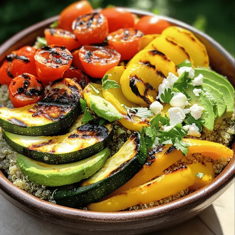 Für die gegrillte Gemüse-Quinoa-Schüssel brauche ich einige einfache, frische Zutaten. Hier ist die Liste: - 1 Tasse Quinoa - 2 Tassen Gemüsebrühe (oder Wasser) - 1 rote Paprika, gewürfelt - 1 Zucchini, in Scheiben geschnitten - 1 gelbe Zucchini, in Scheiben geschnitten - 1 Tasse Kirschtomaten, halbiert - 1 rote Zwiebel, in Ringe geschnitten - 2 Esslöffel Olivenöl - 1 Teelöffel Knoblauchpulver - Salz und Pfeffer nach Geschmack - 1 Teelöffel geräuchertes Paprikapulver - 1 Avocado, in Scheiben geschnitten - Frische Petersilie oder Koriander zum Garnieren - 1/4 Tasse Feta-Käse (optional) Diese Zutaten geben der Schüssel einen tollen Geschmack und machen sie bunt. Wenn du das Rezept anpassen möchtest, gibt es viele Möglichkeiten. Du kannst zum Beispiel: - Kichererbsen oder schwarze Bohnen für mehr Protein hinzufügen. - Gegrillte Aubergine oder Spargel als weiteres Gemüse verwenden. - Verschiedene Kräuter wie Basilikum oder Thymian probieren. Das macht deine Schüssel noch abwechslungsreicher und leckerer. Wenn du die besten Zutaten auswählst, achte auf Frische und Qualität. Hier sind einige Tipps: - Kaufe saisonales Gemüse. Es schmeckt besser und ist oft günstiger. - Achte darauf, dass das Gemüse fest und ohne dunkle Flecken ist. - Wähle Quinoa, die biologisch ist, wenn möglich. So unterstützt du nachhaltige Landwirtschaft. Mit diesen Tipps gelingt dir eine köstliche und gesunde gegrillte Gemüse-Quinoa-Schüssel. Du kannst die [Full Recipe] für mehr Details und Hinweise zur Zubereitung nutzen. Um die Quinoa richtig vorzubereiten, spüle sie zuerst unter kaltem Wasser ab. Dies entfernt Bitterstoffe. Nimm dann einen Topf und gebe die Quinoa mit zwei Tassen Gemüsebrühe oder Wasser hinein. Erhitze die Mischung, bis sie kocht. Reduziere dann die Hitze und decke den Topf ab. Lass die Quinoa 15 Minuten köcheln, bis sie locker und das Wasser aufgesogen ist. Während die Quinoa kocht, heize deinen Grill oder eine Grillpfanne vor. Nimm eine große Schüssel und gebe die gewürfelte rote Paprika, Zucchini, gelbe Zucchini, halbierten Kirschtomaten und Zwiebelringe hinein. Füge 2 Esslöffel Olivenöl, 1 Teelöffel Knoblauchpulver, 1 Teelöffel geräuchertes Paprikapulver, Salz und Pfeffer hinzu. Mische alles gut, bis das Gemüse gleichmäßig gewürzt ist. Lege das gewürzte Gemüse auf den Grill. Grille es etwa 8 bis 10 Minuten und wende es gelegentlich. Das Gemüse ist fertig, wenn es zart ist und schöne Grillstreifen hat. Nimm das Gemüse vom Grill und stelle es beiseite. In einer Servierschüssel füge die gekochte Quinoa als Basis hinzu. Arrangiere die gegrillten Gemüse darauf. Ergänze mit Scheiben Avocado und bestreue alles mit Feta-Käse sowie frischer Petersilie oder Koriander. Diese Schritte führen dich zur perfekten gegrillten Gemüse-Quinoa-Schüssel. Für die vollständige Zubereitung schaue dir das [Full Recipe] an. Um die beste Quinoa zu machen, spüle sie gut ab. Das entfernt bittere Stoffe. Verwende Gemüsebrühe statt Wasser für mehr Geschmack. Koche die Quinoa etwa 15 Minuten lang. Achte darauf, dass sie locker und fluffig wird. Lass sie nach dem Kochen kurz stehen, damit sie noch besser quellen kann. Grill das Gemüse bei mittlerer bis hoher Hitze. Das gibt schöne Grillstreifen. Schneide das Gemüse in gleichmäßige Stücke. So garen sie gleichmäßig. Wende das Gemüse während des Grillens regelmäßig. Achte darauf, dass es nicht anbrennt. Wenn das Gemüse zart ist, ist es perfekt. Richte die Quinoa in einer großen Schüssel an. Lege das gegrillte Gemüse darauf. Avocadoscheiben bringen Farbe und Frische. Streue Feta-Käse und frische Kräuter darüber. Zum Schluss kannst du einige Nüsse oder Samen hinzufügen. Das sorgt für extra Crunch und sieht toll aus. {{image_4}} Wenn du eine vegane Option möchtest, ist diese Schüssel perfekt. Lass einfach den Feta-Käse weg. Du kannst die Quinoa mit einer speziellen veganen Brühe zubereiten. Diese Brühe gibt mehr Geschmack und Tiefe. Eine leckere Ergänzung sind auch Nüsse oder Samen. Diese fügen einen tollen Crunch hinzu. Um mehr Protein hinzuzufügen, probiere Kichererbsen oder schwarze Bohnen. Diese Hülsenfrüchte sind gesund und sättigend. Du kannst sie einfach unter das Gemüse mischen, bevor du alles grillst. Tofu ist auch eine großartige Wahl. Mariniere ihn in Sojasauce und grille ihn zusammen mit dem Gemüse. Das gibt deinem Gericht einen herzhaften Kick. Die Aromen kannst du leicht anpassen. Nutze verschiedene Kräuter wie Thymian oder Rosmarin. Diese Kräuter geben der Schüssel einen frischen Geschmack. Du kannst auch Chili-Flocken für etwas Schärfe hinzufügen. Wenn du es süßer magst, füge etwas Honig oder Ahornsirup hinzu. Es ist wichtig, mit den Aromen zu spielen und deinen eigenen Stil zu finden. Um die Gegrillte Gemüse-Quinoa-Schüssel frisch zu halten, lagere die Reste in einem luftdichten Behälter. Stelle sicher, dass das Gemüse und die Quinoa vollständig abgekühlt sind, bevor du sie in den Behälter gibst. So vermeidest du Kondenswasser, das die Konsistenz beeinträchtigen kann. Du kannst die Schüssel bis zu drei Tage im Kühlschrank aufbewahren. Meal Prepping ist eine großartige Idee für die Gegrillte Gemüse-Quinoa-Schüssel. Bereite die Quinoa und das Gemüse am Sonntag vor. Teile die Portionen dann in einzelnen Behältern auf. Achte darauf, die Avocado und den Feta erst kurz vor dem Essen hinzuzufügen. So bleibt alles frisch und lecker. Du kannst die Portionen auch gut für die Arbeit oder Schule mitnehmen. Im Kühlschrank bleibt die Gegrillte Gemüse-Quinoa-Schüssel etwa drei Tage frisch. Wenn du die Schüssel länger aufbewahren möchtest, kannst du sie einfrieren. Friere die Quinoa und das Gemüse getrennt in geeigneten Behältern ein. So bleibt die Qualität erhalten. Im Gefrierschrank hält sie bis zu drei Monate. Zum Auftauen lege die Portionen einfach über Nacht in den Kühlschrank. Die Gegrillte Gemüse-Quinoa-Schüssel hält sich bis zu 5 Tage im Kühlschrank. Bewahre sie in einem luftdichten Behälter auf. Wenn du sie aufwärmst, nutze die Mikrowelle oder eine Pfanne auf mittlerer Hitze. So bleibt das Gemüse frisch und lecker. Ja, du kannst viele Gemüsearten verwenden! Brokkoli, Spinat oder Karotten passen gut. Auch Pilze oder Auberginen sind tolle Optionen. Wähle das Gemüse, das dir am besten schmeckt. Achte darauf, das Gemüse gleichmäßig zuzubereiten, damit alles gut gart. Ja, Quinoa ist glutenfrei. Es ist eine großartige Wahl für Menschen mit Zöliakie oder Glutenunverträglichkeit. Quinoa hat auch viel Protein und Ballaststoffe. Es ist nährstoffreich und gesund. Du kannst Quinoa in vielen Gerichten verwenden. Finde mehr tolle Rezepte in der Full Recipe! Die Gegrillte Gemüse-Quinoa-Schüssel ist einfach und gesund. Wir haben die Grundzutaten, Zubereitung, Tipps und Variationen besprochen. Achte auf frische Zutaten für besten Geschmack. Du kannst viele Optionen und Aromen hinzufügen. Dies macht das Gericht vielseitig und spannend. Reste lassen sich gut lagern und schnell aufwärmen. Experimentiere, finde deinen Lieblingsstil und genieße deine Mahlzeit!