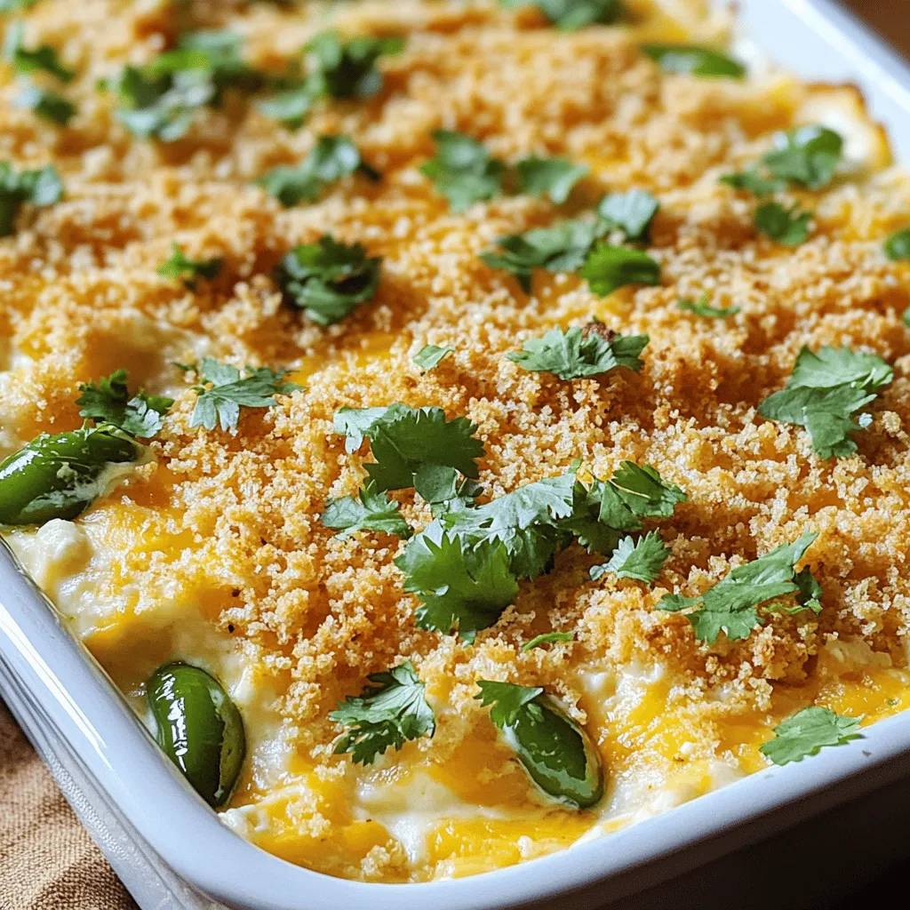 Für einen leckeren Jalapeño Popper Dip brauchen wir einige wichtige Zutaten: - 225 g Frischkäse, weich und cremig - 240 g Cheddar-Käse, gerieben - 240 g Mozzarella-Käse, gerieben - 2-3 frische Jalapeños, fein gehackt (Kerne entfernt für weniger Schärfe) - 120 g Sauerrahm - 60 g Mayonnaise Diese Zutaten schaffen die Basis für einen reichhaltigen und cremigen Dip. Der Frischkäse sorgt für eine weiche Textur. Der Cheddar-Käse bringt einen kräftigen Geschmack mit, während der Mozzarella für die perfekte Dehnbarkeit sorgt. Die Jalapeños geben dem Dip die gewünschte Schärfe. Um den Dip noch besser zu machen, fügen wir ein paar zusätzliche Zutaten hinzu: - 1/4 Teelöffel Knoblauchpulver - 1/4 Teelöffel Zwiebelpulver - Salz und Pfeffer nach Geschmack - 120 g Semmelbrösel (optional für eine knusprige Kruste) - Frischer Koriander zur Garnitur (optional) Knoblauch- und Zwiebelpulver geben dem Dip mehr Tiefe. Eine Prise Salz und Pfeffer rundet den Geschmack ab. Die Semmelbrösel fügen eine knusprige Schicht hinzu, die den Dip besonders macht. Der frische Koriander bringt Farbe und ein frisches Aroma. Verwenden Sie frische Zutaten, wenn möglich. Frischkäse und Käse müssen weich sein, um gut zu vermischen. Jalapeños sollten fest und knackig sein. Gefrorene Zutaten sind oft auch gut, aber sie können die Textur verändern. Wenn Sie gefrorene Jalapeños verwenden, tauen Sie sie vorher auf. Für das vollständige Rezept, sehen Sie sich die [Full Recipe] an. Beginnen Sie mit dem Sammeln aller Zutaten für Ihren Jalapeño Popper Dip. Verwenden Sie: - 225 g Frischkäse, weich und cremig - 240 g Cheddar-Käse, gerieben - 240 g Mozzarella-Käse, gerieben - 2-3 frische Jalapeños, fein gehackt (Kerne entfernt für weniger Schärfe) - 120 g Sauerrahm - 60 g Mayonnaise - 1/4 Teelöffel Knoblauchpulver - 1/4 Teelöffel Zwiebelpulver - Salz und Pfeffer nach Geschmack - 120 g Semmelbrösel (optional für eine knusprige Kruste) - Frischer Koriander zur Garnitur (optional) Stellen Sie sicher, dass der Frischkäse weich genug ist. Lassen Sie ihn vorher bei Raumtemperatur. Hacken Sie die Jalapeños fein, um den Dip gut zu würzen. In einer großen Rührschüssel kombinieren Sie den weichen Frischkäse, den geriebenen Cheddar und Mozzarella. Fügen Sie die Jalapeños, Sauerrahm, Mayonnaise, Knoblauchpulver und Zwiebelpulver hinzu. Mischen Sie alles gut. Achten Sie darauf, dass alle Zutaten gleichmäßig verteilt sind. Schmecken Sie die Mischung mit Salz und Pfeffer ab. Heizen Sie Ihren Ofen auf 175°C vor. Verteilen Sie die Mischung gleichmäßig in einer Backform. Eine Form von 20x20 cm ist ideal. Wenn Sie eine knusprige Kruste möchten, streuen Sie die Semmelbrösel gleichmäßig darüber. Backen Sie den Dip für 25-30 Minuten. Der Dip ist fertig, wenn er sprudelnd und leicht goldbraun ist. Nehmen Sie ihn aus dem Ofen und lassen Sie ihn kurz abkühlen. Garnieren Sie optional mit frischem Koriander. Servieren Sie den Dip warm mit Tortilla-Chips, Crackern oder geschnittenem Gemüse zum Dippen. Für das vollständige Rezept, schauen Sie sich die Details an: [Full Recipe]. Um die Schärfe der Jalapeños zu steuern, entfernen Sie die Kerne. Kerne enthalten den meisten Schärfegehalt. Wenn Sie es lieber milder mögen, nutzen Sie weniger Jalapeños. Alternativ können Sie auch Paprika verwenden. Diese hat keinen scharfen Geschmack. Für mehr Schärfe lassen Sie die Kerne dran. Achten Sie darauf, Ihre Hände nach der Arbeit zu waschen. So vermeiden Sie Hautreizungen. Die Konsistenz Ihres Dips ist entscheidend. Zu fest? Fügen Sie mehr Sauerrahm oder Mayo hinzu. Zu flüssig? Mehr Käse oder Frischkäse hilft. Mischen Sie die Zutaten gründlich, um eine gleichmäßige Textur zu erreichen. Lassen Sie den Dip auch etwas abkühlen, bevor Sie ihn servieren. So wird er fester und lässt sich besser dippen. Ein schöner Dip sieht einladend aus. Servieren Sie den Jalapeño Popper Dip in einer farbenfrohen Schüssel. Garnieren Sie ihn mit frischem Koriander. Das bringt Farbe und Geschmack. Stellen Sie Tortilla-Chips oder geschnittenes Gemüse daneben. So können die Gäste direkt dippen. Wenn Sie eine knusprige Kruste wünschen, fügen Sie Semmelbrösel hinzu. Diese machen den Dip noch interessanter. {{image_4}} Wenn Sie eine vegetarische Version des Jalapeño Popper Dips möchten, ersetzen Sie den Käse durch pflanzliche Alternativen. Einige gute Optionen sind Cashew-Creme oder veganer Frischkäse. Diese Varianten bieten den gleichen cremigen Genuss, sind aber frei von tierischen Produkten. Sie können auch gebratene Paprika oder Spinat hinzufügen, um mehr Geschmack und Farbe zu erhalten. Verleihen Sie Ihrem Dip mit verschiedenen Gewürzen mehr Tiefe. Fügen Sie zum Beispiel Kreuzkümmel oder Paprika hinzu, um den Geschmack zu intensivieren. Für eine rauchige Note können Sie geräucherten Paprika verwenden. Wenn Sie es schärfer mögen, probieren Sie Chipotle-Pulver oder frische Serrano-Chilis. Diese Variationen helfen, den Dip an Ihre Vorlieben anzupassen. Jalapeño Popper Dip eignet sich hervorragend für Partys und Feiern. Servieren Sie ihn mit Tortilla-Chips, Crackern oder frischem Gemüse. Für eine festliche Note können Sie den Dip in einem kleinen Kürbis oder einer Paprika servieren. Dieser kreative Ansatz macht das Gericht nicht nur lecker, sondern auch optisch ansprechend. Egal, ob für einen Filmabend oder eine Grillparty, dieser Dip wird immer ein Hit sein. Um den Jalapeño Popper Dip frisch zu halten, lagern Sie ihn in einem luftdichten Behälter. Lassen Sie den Dip zuerst auf Raumtemperatur abkühlen, bevor Sie ihn abdecken. So vermeiden Sie Kondenswasser, das den Dip matschig machen kann. Verwenden Sie auch einen Behälter, der nicht zu groß ist, damit der Dip nicht mehr Luft ausgesetzt ist. Zum Wiedererwärmen ist es am besten, den Dip langsam zu erwärmen. Nutzen Sie den Ofen oder die Mikrowelle. Wenn Sie den Ofen verwenden, heizen Sie ihn auf 175°C vor. Geben Sie den Dip in eine backfeste Form. Decken Sie ihn mit Alufolie ab, um ein Austrocknen zu verhindern. Erwärmen Sie ihn für 15-20 Minuten. In der Mikrowelle sollten Sie in 30-Sekunden-Intervallen erhitzen und zwischendurch umrühren. Im Kühlschrank hält sich der Dip 3-4 Tage, wenn er gut verpackt ist. Wenn Sie ihn länger aufbewahren möchten, frieren Sie ihn ein. Im Gefrierfach bleibt der Dip bis zu 3 Monate frisch. Achten Sie darauf, ihn in einem gefrierfesten Behälter zu lagern. Vor dem Servieren tauen Sie ihn im Kühlschrank über Nacht auf und erwärmen ihn dann. Für das vollständige Rezept, schauen Sie gerne nach dem Full Recipe. Jalapeño Popper Dip hält sich gut im Kühlschrank. Sie können ihn bis zu fünf Tage lagern. Achten Sie darauf, ihn in einem luftdichten Behälter zu verstauen. So bleibt er frisch und lecker. Ja, das geht! Sie können den Dip bis zu 24 Stunden im Voraus zubereiten. Stellen Sie sicher, dass Sie ihn gut abdecken. Sie können ihn dann einfach vor dem Servieren backen. So sparen Sie Zeit an Ihrer Party. Es gibt viele köstliche Optionen. Hier sind einige Vorschläge: - Tortilla-Chips - Cracker - Frisches Gemüse wie Karotten oder Sellerie - Baguette-Scheiben Diese Beilagen ergänzen den Dip perfekt und bringen Abwechslung auf den Tisch. Das vollständige Rezept für Jalapeño Popper Dip finden Sie im Abschnitt "Zutaten". Dort ist alles genau aufgelistet. Von den Hauptzutaten bis zur Zubereitung, alles ist dort zu finden. Jalapeño Popper Dip ist ein schmackhaftes Gericht, das viele Zutaten vereint. Wir haben die Hauptzutaten und einige zusätzliche ergänzt, um den Geschmack zu verbessern. Die Schritt-für-Schritt-Anleitung zeigt, wie man ihn optimal zubereitet. Tipps zur Schärfe und zu den Varianten machen ihn anpassungsfähig. Richtige Lagerung verlängert die Haltbarkeit, und die FAQs beantworten häufige Fragen. Versuche, diesen Dip beim nächsten Treffen zu servieren. Du wirst bestimmt begeistern!