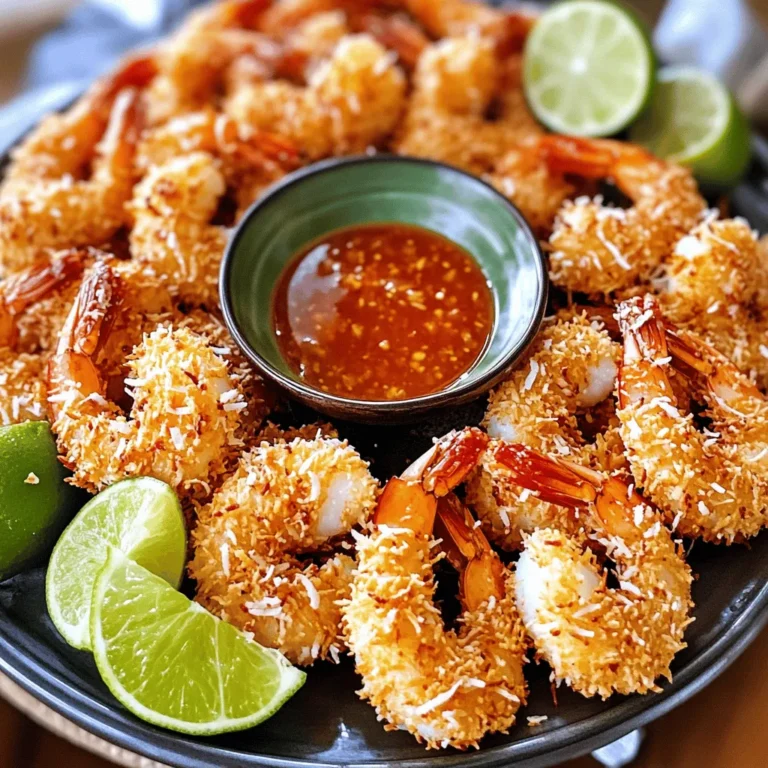 - 450 g große Garnelen, geschält und entdarmt - 240 ml geraspelte Kokosnuss - 120 g Semmelbrösel Die Hauptzutaten sind wichtig für den Geschmack. Große Garnelen geben dir saftige Bisse. Du kannst gesüßte oder ungesüßte Kokosnuss wählen. Beide Sorten sorgen für einen leckeren Crunch. Die Semmelbrösel helfen, eine knusprige Kruste zu schaffen. - 120 g Weizenmehl - 2 große Eier - Gewürze: 1 TL Knoblauchpulver, 1 TL Paprika, Salz und Pfeffer Das Mehl wirkt wie ein Kleber. Es hilft der Panade, an den Garnelen zu haften. Die Eier geben der Panade Struktur. Knoblauchpulver und Paprika bringen Geschmack. Salz und Pfeffer runden alles ab. - Auswahl von Ölen: Kokosöl oder Pflanzenöl - Tipps zur Ölauswahl Kokosöl passt gut zu Kokosnuss-Garnelen. Es gibt einen extra Kokosgeschmack. Pflanzenöl ist neutral und funktioniert auch gut. Achte darauf, dass das Öl heiß genug ist. So werden die Garnelen schön knusprig. Wenn du ein kleines Stück Teig hineinwirfst, sollte es zischen. Das zeigt dir, dass das Öl bereit ist. Um die besten krossen Kokosnuss-Garnelen zu machen, ist die Vorbereitung der Garnelen wichtig. Zuerst müssen Sie die Garnelen mit Papiertüchern trocken tupfen. Dies entfernt die Feuchtigkeit. Weniger Feuchtigkeit sorgt für eine bessere Panade. Entdarmen ist auch ein wichtiger Schritt. Um die Garnelen zu entdarmen, nehmen Sie ein kleines Messer. Schneiden Sie vorsichtig entlang des Rückens der Garnele. Ziehen Sie den dunklen Strang heraus. Dieser Schritt macht die Garnelen zarter und schmackhafter. Jetzt richten wir die Panierstation ein. Sie brauchen drei flache Schalen. In die erste Schale geben Sie das Mehl, Knoblauchpulver, Paprika, Salz und Pfeffer. Mischen Sie die Zutaten gut. In die zweite Schale schlagen Sie die Eier auf. Rühren Sie die Eier kräftig um, bis sie gut vermengt sind. In die dritte Schale kommen geraspelte Kokosnuss und Semmelbrösel. Mischen Sie auch diese beiden Zutaten gut. Jetzt wird es spannend! Nehmen Sie eine Garnele und tauchen Sie sie zuerst in die Mehlmischung. Schütteln Sie die Garnelen leicht, um überschüssiges Mehl zu entfernen. Dann tauchen Sie die Garnele in die Eier. Lassen Sie das überschüssige Ei abtropfen. Als letztes nehmen Sie die Garnele und tauchen sie in die Kokosnuss-Semmelbrösel-Mischung. Drücken Sie die Mischung leicht an, damit sie gut haftet. Achten Sie darauf, dass die Garnelen gut bedeckt sind. Vermeiden Sie es, die Garnelen zu überladen, um eine gleichmäßige Panade zu erhalten. Jetzt sind Ihre Garnelen bereit für das Frittieren! Wenn Sie mehr Details wünschen, schauen Sie sich das Full Recipe an. Um die Garnelen perfekt zu frittieren, müssen Sie die Öltemperatur gut kennen. Das Öl sollte etwa 180 Grad Celsius haben. Ein einfacher Test ist, ein kleines Stück Teig ins Öl zu werfen. Wenn es zischt und nach oben steigt, ist das Öl bereit. Gleichmäßiges Frittieren ist wichtig. Legen Sie die Garnelen vorsichtig ins Öl. Überfüllen Sie die Pfanne nicht, damit die Garnelen gleichmäßig garen. Wenden Sie sie nach 2-3 Minuten. Sie sollten goldbraun und knusprig sein. Krosse Kokosnuss-Garnelen passen gut zu vielen Beilagen. Servieren Sie sie mit einem frischen Salat oder Reis. Eine süße Chilisauce oder eine Mangosauce sind perfekte Dips. Sie bringen einen tollen Geschmack. Um die Garnelen schön anzurichten, legen Sie sie auf eine große Platte. Fügen Sie frische Limettenviertel hinzu. Das sieht nicht nur gut aus, sondern gibt auch einen frischen Geschmack. Es gibt viele Möglichkeiten, das Rezept anzupassen. Wenn Sie keine Kokosnuss mögen, probieren Sie Panko oder geröstete Mandeln. Diese geben ebenfalls einen tollen Crunch. Für verschiedene Panade-Möglichkeiten können Sie auch Cornflakes verwenden. Zerdrücken Sie sie und verwenden Sie sie anstelle von Semmelbröseln. Das gibt den Garnelen eine andere Textur und einen neuen Geschmack. Entdecken Sie die Vielfalt und genießen Sie die krossen Kokosnuss-Garnelen mit diesen Tipps! Schauen Sie sich auch das [Full Recipe](#) an, um alle Details zu erfahren. {{image_4}} Für ein mediterranes Flair können Sie frische Kräuter und Gewürze verwenden. Rosmarin, Thymian und Oregano bringen viel Geschmack. Mischen Sie die Kräuter in die Panade für einen neuen Twist. Sie können auch etwas Zitronenschale hinzufügen. Diese Aromen passen gut zu Garnelen. Es macht das Gericht frisch und leicht. Wenn Sie asiatische Garnelen möchten, fügen Sie Sesamsamen und Sojasauce hinzu. Diese Zutaten geben einen nussigen Geschmack. Mischen Sie die Sojasauce in die Eier, bevor Sie die Garnelen panieren. Servieren Sie die Garnelen mit einer süßen Sojasauce oder einer scharfen Chili-Dip. Diese Dips ergänzen die Garnelen perfekt und bringen einen neuen Genuss. Für eine vegetarische oder vegane Option können Sie Gemüse verwenden. Zucchini und Auberginen eignen sich hervorragend. Schneiden Sie das Gemüse in Streifen und panieren Sie es wie die Garnelen. Ein Rezept für krosse Kokosnuss-Zucchini ist einfach und lecker. Sie erreichen den gleichen knusprigen Effekt wie bei den Garnelen. Diese Variationen bringen Vielfalt auf den Tisch und sind für alle geeignet. Um übrig gebliebene Garnelen frisch zu halten, brauchen Sie einen guten Behälter. Ich empfehle, einen luftdichten Behälter zu verwenden. Legen Sie die Garnelen vorsichtig hinein und decken Sie sie gut ab. So bleiben sie länger knusprig. Vermeiden Sie das Lagern in Papiertüten oder offenen Schalen. Diese können die Garnelen trocken machen. Es ist wichtig, die Garnelen nicht zu lange im Kühlschrank zu lassen. Genießen Sie sie innerhalb von zwei Tagen. Wenn Sie die Garnelen länger aufbewahren möchten, können Sie sie einfrieren. Legen Sie die Garnelen in einen gefrierfesten Behälter oder einen Gefrierbeutel. Drücken Sie so viel Luft wie möglich heraus, bevor Sie ihn schließen. So verhindern Sie Gefrierbrand. Die Garnelen können bis zu drei Monate im Gefrierfach bleiben. Achten Sie darauf, dass sie gut verpackt sind. So bleibt der Geschmack erhalten. Das Aufwärmen von Garnelen kann einfach sein, wenn Sie die richtigen Methoden nutzen. Ich empfehle, die Garnelen in einer Pfanne bei mittlerer Hitze zu erwärmen. So bleiben sie knusprig. Fügen Sie ein wenig Öl hinzu, um die Garnelen wieder frisch zu machen. Vermeiden Sie die Mikrowelle, da sie die Garnelen matschig machen kann. Ein kurzer Bratprozess hilft, die Textur zu bewahren. Genießen Sie die Garnelen warm, um den besten Geschmack zu erleben. Krosse Kokosnuss-Garnelen bleiben 2 bis 3 Tage frisch im Kühlschrank. Lagern Sie sie in einem luftdichten Behälter. Vermeiden Sie, sie offen stehen zu lassen. So bleiben sie knusprig. Wenn Sie die Garnelen länger aufbewahren möchten, frieren Sie sie ein. Im Gefrierfach halten sie bis zu 2 Monate. Achten Sie darauf, sie gut zu verpacken, um Gefrierbrand zu vermeiden. Ja, Sie können die Garnelen im Voraus vorbereiten. Panieren Sie die Garnelen und lagern Sie sie im Kühlschrank. Sie bleiben so bis zu 24 Stunden frisch. Frittieren Sie sie kurz vor dem Servieren. Dies spart Zeit und macht die Zubereitung einfacher. Wenn Sie es noch einfacher haben wollen, frittieren Sie die Garnelen und lassen Sie sie abkühlen. Sie können sie später aufwärmen. Ja, es gibt gesunde Alternativen zu krossen Kokosnuss-Garnelen. Verwenden Sie zum Beispiel Pankomehl anstelle von Semmelbröseln. Pankomehl hat weniger Kalorien und macht die Garnelen knusprig. Sie können auch Garnelen im Ofen backen, statt sie zu frittieren. Das reduziert das Öl und die Kalorien. Verwenden Sie Kokosnussmilch für den Geschmack, aber ohne die Kalorien der Kokosnuss. Krosse Kokosnuss-Garnelen sind einfach zuzubereiten und schmecken köstlich. In diesem Artikel habe ich die Hauptzutaten und die Zubereitungsschritte erklärt. Ihr lernt, wie man Garnelen optimal paniert und perfekt frittieren kann. Neben Tipps zur Lagerung und Variationen des Rezepts gebe ich auch gesunde Alternativen. Egal ob für einen Snack oder ein Hauptgericht, dieses Rezept bringt Abwechslung auf den Tisch. Mit klaren Anweisungen gelingt es jedem, diese leckeren Garnelen zuzubereiten. Viel Spaß beim Kochen!