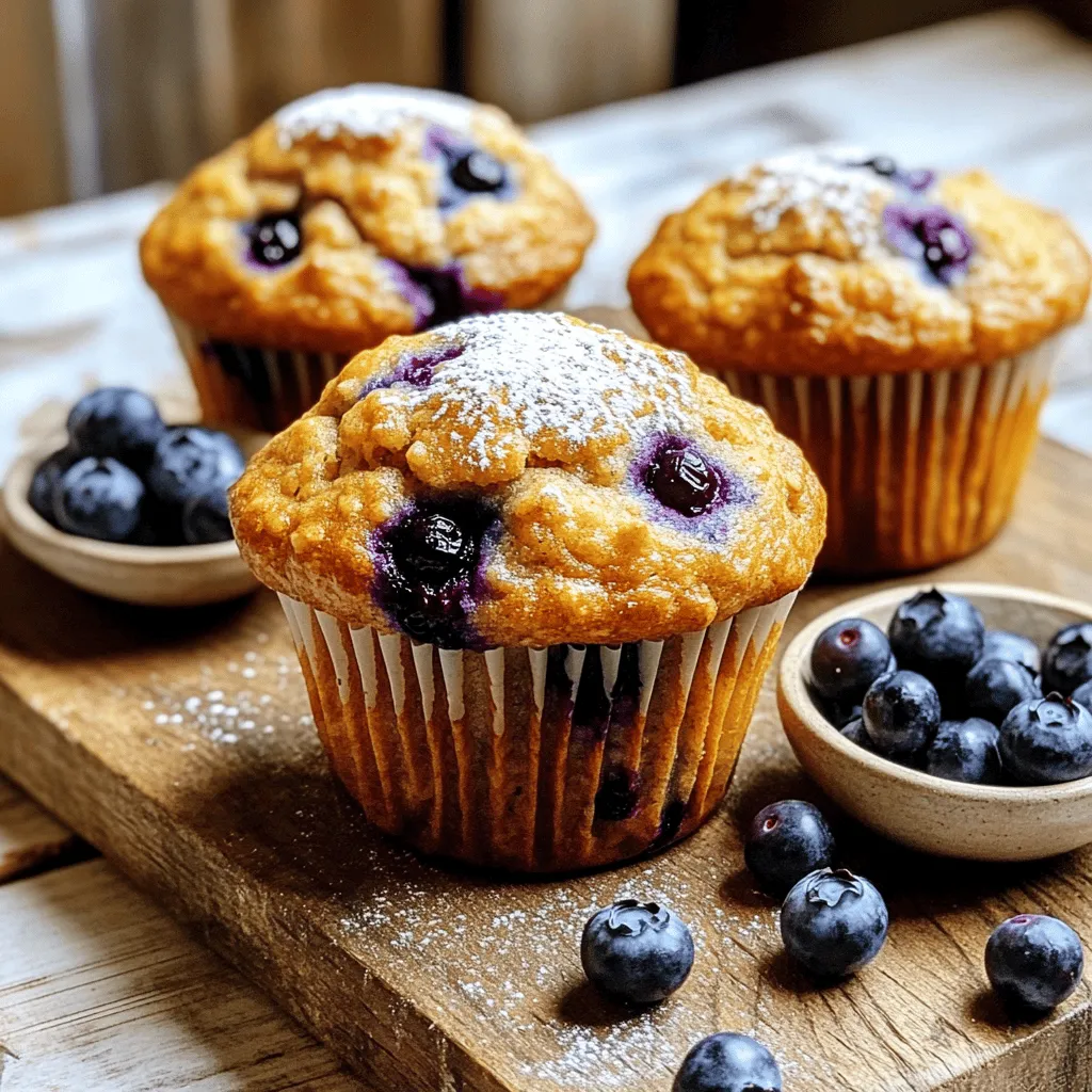 - Haferflocken - Milch - Vollkornmehl Die Hauptzutaten machen die Muffins nahrhaft und lecker. Haferflocken geben eine schöne Textur und viel Ballaststoffe. Ich benutze oft Vollkornmehl, da es mehr Nährstoffe hat als Weißmehl. Die Milch, egal ob tierisch oder pflanzlich, sorgt für die nötige Feuchtigkeit. - Brauner Zucker - Honig oder Ahornsirup - Vanilleextrakt Für die Süße nehme ich braunen Zucker. Er gibt den Muffins einen reichen Geschmack. Honig oder Ahornsirup sind tolle Alternativen. Sie fügen eine natürliche Süße hinzu. Vanilleextrakt ist ein Muss, um den Geschmack zu vertiefen. - Blaubeeren - Nüsse (optional) Blaubeeren sind der Star in diesen Muffins. Sie sorgen für Frische und süßen Geschmack. Wenn du möchtest, kannst du auch Nüsse hinzufügen. Ich empfehle Walnüsse oder Pekannüsse. Sie geben einen tollen Crunch und machen die Muffins noch besser. Du findest das komplette Rezept in der [Full Recipe]. - Ofen vorheizen: Heizen Sie Ihren Ofen auf 190°C (375°F) vor. Dies sorgt dafür, dass die Muffins gleichmäßig backen. Legen Sie ein Muffinblech mit Papierförmchen aus oder fetten Sie es mit Kochspray ein. - Haferflocken einweichen: In einer mittelgroßen Schüssel mischen Sie die Haferflocken mit der Milch. Lassen Sie die Mischung etwa 10-15 Minuten stehen. Die Haferflocken saugen die Milch auf und werden weich. - Nasse Zutaten kombinieren: In einer großen Rührschüssel verrühren Sie den braunen Zucker, Honig, Apfelmus und Vanilleextrakt. Mischen Sie alles gut, bis die Zutaten gut verbunden sind. Das schafft eine süße Basis für die Muffins. - Trockene Zutaten vermengen: In einer separaten Schüssel kombinieren Sie das Vollkornmehl, Backpulver, Natron, Zimt und Salz. Diese Mischung gibt den Muffins Struktur und Geschmack. - Mischungen kombinieren: Fügen Sie die eingeweichten Haferflocken zur Mischung der nassen Zutaten hinzu. Geben Sie dann nach und nach die trockenen Zutaten dazu. Rühren Sie vorsichtig, bis alles gerade so vermischt ist. Achten Sie darauf, nicht zu übermixen, da dies die Muffins hart machen kann. - Muffinform füllen und backen: Geben Sie den Teig mit einem Esslöffel in die Muffinform. Füllen Sie jede Mulde etwa zu 3/4 voll. Dies gibt den Muffins Platz zum Aufgehen. Backen Sie die Muffins im vorgeheizten Ofen für 18-22 Minuten. Ein Zahnstocher sollte sauber herauskommen, wenn Sie ihn in die Mitte stecken. - Übermixen des Teigs: Achte darauf, den Teig nur leicht zu mischen. Übermischen kann die Muffins hart machen. Wenn du die trockenen Zutaten hinzufügst, rühre nur bis alles vermischt ist. Klumpen sind in Ordnung. - Richtiges Backen: Jeder Ofen backt anders. Stelle sicher, dass dein Ofen richtig vorgeheizt ist. Backe die Muffins für 18 bis 22 Minuten. Nutze einen Zahnstocher, um zu prüfen, ob sie durch sind. Er sollte sauber herauskommen. - Gewürze hinzufügen: Du kannst mit Zimt oder Muskatnuss experimentieren. Diese Gewürze bringen Wärme und Tiefe. Versuche auch, etwas Ingwer hinzuzufügen. - Variationen der Nüsse: Walnüsse sind toll, aber probiere auch Mandeln oder Pekannüsse. Diese Nüsse fügen Knusprigkeit und Geschmack hinzu. Sie passen gut zu den Blaubeeren. - Präsentation der Muffins: Serviere die Muffins warm. Bestäube sie leicht mit Puderzucker für einen schönen Look. Eine kleine Schale frischer Blaubeeren daneben macht das Bild perfekt. - Beilagenideen: Diese Muffins passen gut zu Joghurt oder Quark. Ein Klecks Honig obendrauf macht das Frühstück noch süßer. Du kannst auch einen Smoothie servieren, um es gesund zu halten. {{image_4}} Um die Muffins noch gesünder zu machen, kannst du Zuckeralternativen nutzen. Statt braunem Zucker könntest du Kokosblütenzucker oder Erythrit verwenden. Diese süßen Optionen haben weniger Kalorien und einen niedrigeren glykämischen Index. Du kannst auch Vollkorn- oder glutenfreies Mehl verwenden. Vollkornmehl bietet mehr Ballaststoffe und Nährstoffe. Für eine glutenfreie Variante sind Mandel- oder Reismehl gute Optionen. Füge weitere Früchte hinzu, um den Geschmack zu variieren. Himbeeren, Erdbeeren oder sogar Stücke von Pfirsichen passen gut zu den Blaubeeren. Trockenfrüchte wie Cranberries oder Aprikosen geben den Muffins eine süße Note. Diese Früchte bringen auch zusätzliche Vitamine und Mineralien in dein Rezept. Für eine vegane Version kannst du pflanzliche Milch verwenden. Hafermilch oder Mandelmilch sind tolle Alternativen. Du kannst auch einen Ei-Ersatz verwenden. Apfelmus oder Leinsamen sind perfekte Optionen. Diese Zutaten halten die Muffins feucht und lecker, ohne tierische Produkte zu nutzen. Für das vollständige Rezept, schaue dir die [Full Recipe] an. Ich empfehle, die Muffins bei Raumtemperatur zu lagern. So bleiben sie frisch und lecker. Verwenden Sie einen luftdichten Behälter, um sie zu schützen. Wenn Sie die Muffins länger aufbewahren möchten, frieren Sie sie ein. Legen Sie sie einfach in einen Gefrierbeutel. So behalten sie ihren Geschmack. Frische Muffins schmecken am besten. Sie sind weich und saftig. Aufgewärmte Muffins sind auch gut, aber sie verlieren etwas von ihrer Frische. Lagern Sie die Muffins nicht länger als fünf Tage bei Raumtemperatur. Im Gefrierfach halten sie bis zu drei Monate. Um die Muffins warm zu genießen, können Sie die Mikrowelle oder den Ofen nutzen. In der Mikrowelle dauert es nur 15-20 Sekunden. Achten Sie darauf, dass Sie sie nicht zu lange erhitzen. Im Ofen backen Sie sie bei 180 °C für etwa 5-10 Minuten. So bleiben sie schön fluffig. Blaubeer-Haferflocken-Muffins bleiben bei Raumtemperatur etwa drei Tage frisch. Bewahren Sie sie in einem luftdichten Behälter auf. Im Kühlschrank halten sie bis zu einer Woche. Wenn Sie sie länger aufbewahren möchten, können Sie sie einfrieren. Eingefroren sind sie bis zu drei Monate haltbar. Zum Auftauen legen Sie sie einfach bei Zimmertemperatur oder in die Mikrowelle. Ja, Sie können andere Früchte verwenden. Erdbeeren, Himbeeren oder Äpfel passen gut zu diesem Rezept. Schneiden Sie die Früchte in kleine Stücke und fügen Sie sie in die Mischung hinzu. Sie können auch gefrorene Früchte verwenden, aber lassen Sie sie vorher etwas auftauen. Dies sorgt für einen gleichmäßigen Teig. Ja, diese Muffins sind gesund. Sie enthalten Haferflocken, die reich an Ballaststoffen sind. Auch die Blaubeeren sind voll von Vitaminen und Antioxidantien. Sie können den Zuckeranteil reduzieren, indem Sie weniger braunen Zucker verwenden oder mehr Apfelmus hinzufügen. So machen Sie die Muffins noch gesünder. Ja, es gibt eine glutenfreie Version. Ersetzen Sie das Vollkornmehl durch glutenfreies Mehl, wie Mandel- oder Reismehl. Achten Sie darauf, ein glutenfreies Backpulver zu verwenden. So können Sie die Muffins ohne Gluten genießen, ohne auf den Geschmack zu verzichten. Diese Anleitung zeigt, wie man köstliche Blaubeer-Haferflocken-Muffins zubereitet. Wir haben gemeinsam die Hauptzutaten, die Zubereitungsschritte und hilfreiche Tipps durchgenommen. Am Ende kann jeder leckere Muffins backen. Experimentiere mit Geschmäckern und genieße die Ergebnisse. Die Variationen und Tipps helfen dir, perfekt zu backen. Halte deine Muffins frisch und denke an die besten Lagerungsarten. Vertraue auf diese Schritte und die Vielfalt. Viel Spaß beim Backen!