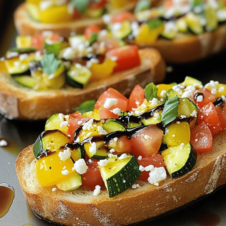 Die Hauptzutaten für die Tomaten-Zucchini-Bruschetta sind einfach und frisch. Hier ist, was Sie brauchen: - 1 französisches Baguette, in 1,5 cm dicke Scheiben geschnitten - 2 mittelgroße reife Tomaten, gewürfelt - 1 mittelgroße Zucchini, gewürfelt - 2 Knoblauchzehen, fein gehackt - 60 ml frisches Basilikum, grob gehackt Diese Zutaten geben der Bruschetta einen tollen Geschmack. Die Kombination aus Tomaten und Zucchini ist perfekt für den Sommer. Sie liefert Frische und Farbe. Um die Aromen zu verstärken, verwenden Sie diese zusätzlichen Zutaten: - 60 g Feta-Käse, zerbröselt - 45 ml Balsamico-Glasur - 45 ml Olivenöl - Salz und Pfeffer nach Geschmack Die Balsamico-Glasur bringt eine süße Note. Das Olivenöl sorgt für einen reichhaltigen Geschmack. Salz und Pfeffer helfen, die Aromen zu heben. Feta-Käse ist eine köstliche Ergänzung. Er fügt Geschmack und Textur hinzu. Wenn Sie eine Alternative suchen, probieren Sie: - Ziegenkäse für einen cremigen Geschmack - Hummus für eine vegane Option - Cashew-Creme für einen nussigen Geschmack Jede dieser Optionen macht die Bruschetta einzigartig. Sie können auch verschiedene Käsesorten mischen, um noch mehr Vielfalt zu schaffen. Mit diesen Zutaten wird Ihre Tomaten-Zucchini-Bruschetta nicht nur lecker, sondern auch gesund. Für das komplette Rezept schauen Sie sich die [Full Recipe](#) an. Zuerst heize ich den Ofen auf 200°C vor. Dies sorgt dafür, dass die Baguettescheiben knusprig werden. Ich schneide das französische Baguette in 1,5 cm dicke Scheiben. Dann lege ich die Scheiben auf ein Backblech. Ich träufele Olivenöl über die Baguettescheiben. Das Öl hilft, die Scheiben goldbraun zu machen. Ich backe die Scheiben für etwa 8 bis 10 Minuten. Wenn sie knusprig und leicht goldbraun sind, nehme ich sie aus dem Ofen. Ich lasse sie dann kurz abkühlen. Dies ist der perfekte Zeitpunkt, um mit der Tomaten-Zucchini-Mischung zu beginnen. In einer mittelgroßen Schüssel kombiniere ich gewürfelte Tomaten und Zucchini. Beide bringen frische Aromen in die Bruschetta. Ich füge auch fein gehackten Knoblauch hinzu. Der Knoblauch sorgt für einen tollen Geschmack. Jetzt füge ich grob gehacktes Basilikum hinzu. Basilikum passt perfekt zu Tomaten und Zucchini. Dann rühre ich die Mischung gut um. Ich würze sie mit Salz und Pfeffer, um die Aromen zu intensivieren. Die Mischung ist nun bereit, um auf die Baguettescheiben zu kommen. Ich nehme die gerösteten Baguettescheiben und löffele die Tomaten-Zucchini-Mischung großzügig darauf. Es ist wichtig, dass jede Scheibe gut belegt ist. Dann streue ich den zerbröselten Feta-Käse gleichmäßig darüber. Der Feta bringt eine cremige Textur in die Bruschetta. Zuletzt träufele ich die Balsamico-Glasur über die Bruschetta. Dies gibt einen süßen, sauren Akzent. Ich serviere die Bruschetta sofort. So bleibt das Brot knusprig und die Beläge frisch. Für eine schöne Präsentation lege ich die Bruschetta auf ein großes Holzbrett. Ein paar frische Basilikumblätter oben drauf sehen toll aus. Mit dieser Schritt-für-Schritt-Anleitung wird die Zubereitung zum Kinderspiel. Für das vollständige Rezept schauen Sie sich die [Full Recipe] an. Beim Rösten von Brot ist es wichtig, die richtige Temperatur zu wählen. Zu hohe Hitze kann das Brot verbrennen. Ich empfehle, den Ofen auf 200°C vorzuheizen. Legen Sie die Baguettescheiben auf ein Backblech. Achten Sie darauf, dass sie nicht übereinander liegen. So rösten sie gleichmäßig. Träufeln Sie das Olivenöl gleichmäßig über die Scheiben. Das hilft, die Knusprigkeit zu fördern. Überprüfen Sie das Brot nach 8 Minuten. Es sollte goldbraun sein. Lassen Sie es einige Minuten abkühlen, bevor Sie die Beläge hinzufügen. Die Präsentation Ihrer Bruschetta kann den Genuss steigern. Nutzen Sie ein großes Holzbrett für einen rustikalen Look. Platzieren Sie jede Baguettescheibe in einer Reihe. Löffeln Sie die Tomaten-Zucchini-Mischung darauf. Achten Sie darauf, dass die Farben leuchten. Der Kontrast zwischen den roten Tomaten und dem grünen Basilikum ist ansprechend. Streuen Sie den Feta gleichmäßig darüber. Zum Schluss träufeln Sie die Balsamico-Glasur in einem leichten Muster. Dies macht das Gericht noch appetitlicher. Um den Geschmack zu intensivieren, können Sie zusätzliche Kräuter hinzufügen. Oregano oder Thymian passen gut zu Tomaten und Zucchini. Frisch gehackte Petersilie bringt ebenfalls Frische. Sie können auch eine Prise Chili-Flocken hinzufügen, wenn Sie es schärfer mögen. Zitronenschale kann einen schönen Zitrusgeschmack bringen. Experimentieren Sie mit diesen Zutaten, um Ihre eigene Note zu finden. So schaffen Sie ein einzigartiges Geschmackserlebnis für Ihre Bruschetta. {{image_4}} Für eine vegetarische oder vegane Bruschetta können Sie den Feta-Käse weglassen. Stattdessen verwenden Sie Avocado oder einen veganen Käse. Das gibt einen tollen Geschmack und eine reichhaltige Textur. Sie können auch einen Hummus als Basis nutzen. Das bringt mehr Cremigkeit in das Gericht. Wenn Sie glutenfrei essen, wählen Sie glutenfreies Brot. Viele Bäckereien bieten jetzt solche Optionen an. Achten Sie darauf, dass das Brot dick genug ist, um die Beläge zu halten. Quinoa oder Polenta können auch als Basis dienen. Diese Alternativen sind nicht nur glutenfrei, sondern auch nahrhaft. Nutzen Sie die Saison, um neue Zutaten hinzuzufügen. Im Frühling passen Spargel oder Erbsen gut dazu. Im Sommer können Sie Paprika oder Auberginen ausprobieren. Im Herbst sind Kürbis oder Pilze eine tolle Wahl. Im Winter verwenden Sie geröstete Nüsse für einen knackigen Biss. Experimentieren Sie mit verschiedenen Kräutern, um den Geschmack zu verändern. Die Lagerung der Zutaten ist wichtig, um den Geschmack zu bewahren. Bewahren Sie die Tomaten und Zucchini im Kühlschrank auf. Legen Sie sie in einen luftdichten Behälter. So bleiben sie frisch und knackig. Das Baguette sollten Sie hingegen bei Raumtemperatur lagern. Wickeln Sie es in ein sauberes Küchentuch. So bleibt es knusprig und weich. Die Haltbarkeit hängt von den Zutaten ab. Frische Tomaten und Zucchini können bis zu fünf Tage halten. Achten Sie darauf, sie regelmäßig auf Druckstellen zu prüfen. Die Baguettescheiben schmecken am besten am Tag der Zubereitung. Reste können jedoch in einem luftdichten Behälter bis zu zwei Tage im Kühlschrank aufbewahrt werden. Verwenden Sie Reste kreativ. Machen Sie eine leckere Gemüsesuppe mit den übrig gebliebenen Tomaten und Zucchini. Oder versuchen Sie, eine Frittata zuzubereiten. Einfach die Reste mit Eiern vermischen und braten. Sie können auch die Baguettescheiben rösten und mit anderen Aufstrichen belegen. So entsteht eine neue leckere Mahlzeit. Für die vollständige Rezeptanleitung schauen Sie sich die [Full Recipe] an. Um Tomaten-Zucchini-Bruschetta zu machen, beginne mit frischen Zutaten. Du brauchst reife Tomaten und Zucchini. Schneide sie in kleine Stücke. Mische diese mit gehacktem Knoblauch und frischem Basilikum. Würze die Mischung mit Salz und Pfeffer. Röste Baguettescheiben im Ofen, bis sie knusprig sind. Löffele die Mischung auf die Baguettescheiben und streue zerbröselten Feta darüber. Das ist eine schnelle und leckere Vorspeise. Wenn du kein frisches Basilikum hast, gibt es gute Alternativen. Du kannst getrocknetes Basilikum verwenden, aber nimm weniger, da es stärker ist. Petersilie kann auch eine gute Wahl sein. Sie bringt Frische und Farbe. Oregano bietet einen anderen Geschmack, der gut passt. Experimentiere mit diesen Kräutern, um deinen eigenen Geschmack zu finden. Ja, du kannst die Bruschetta im Voraus zubereiten. Du kannst die Tomaten-Zucchini-Mischung schon einen Tag vorher machen. Bewahre sie in einem luftdichten Behälter im Kühlschrank auf. Röste die Baguettescheiben kurz vor dem Servieren. So bleiben sie knusprig und frisch. Das macht die Zubereitung einfach, wenn Gäste kommen. Zusammenfassend haben wir die wichtigsten Zutaten für die Tomaten-Zucchini-Bruschetta besprochen. Ich habe dir die Schritt-für-Schritt-Anleitung zum Zubereiten gegeben. Du kannst Fehler beim Rösten vermeiden und tolle Anrichtetechniken verwenden. Variationen machen das Rezept spannend und passen zu deinen Bedürfnissen. Schließlich hast du gesehen, wie man die Zutaten richtig lagert. Probiere die Bruschetta aus und genieße den frischen Geschmack!