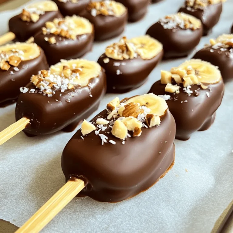 Für die Schokoladen-Bananen-Pops brauchst du: - 2 reife Bananen - 100 g dunkle Schokolade (mindestens 70 % Kakao) - 2 Esslöffel Kokosnussöl - 1 Esslöffel gehackte Nüsse (z. B. Mandeln oder Pistazien) - 1 Esslöffel geraspelte Kokosnuss (optional) - 4 Holz-Eislöffel - Meersalz zur Garnierung Wähle reife, aber feste Bananen. Sie sollten gelb mit kleinen braunen Flecken sein. Zu reife Bananen sind weich und schwer zu handhaben. Achte darauf, dass die Schale keine großen dunklen Stellen hat. Diese zeigen an, dass die Banane überreif ist. Frische Bananen geben den besten Geschmack. Wenn du sie vor dem Schmelzen einfrierst, werden sie fester und einfacher zu tauchen. Dunkle Schokolade ist eine tolle Wahl. Sie ist reich an Geschmack und hat weniger Zucker. Du kannst auch Milchschokolade verwenden, wenn du es süßer magst. Weiße Schokolade ist eine weitere Option, die gut zu Bananen passt. Mische verschiedene Schokoladen für einen bunten Look. Überlege auch, aromatisierte Schokolade mit Minze oder Orange zu verwenden. So bekommst du einen einzigartigen Geschmack. Zuerst benötigst du zwei reife Bananen. Achte darauf, dass sie nicht zu weich sind. Schäle die Bananen und schneide sie in der Mitte durch. Stecke vorsichtig einen Holz-Eislöffel in das abgeschnittene Ende jeder Banane. So kannst du sie später leicht halten und genießen. Lege die Bananen-Pops auf ein Backblech mit Backpapier. Stelle sie dann für etwa 30 Minuten ins Gefrierfach. So werden sie fest und lassen sich besser tauchen. Während die Bananen im Gefrierfach sind, bereite die Schokolade vor. Du brauchst 100 g dunkle Schokolade und 2 Esslöffel Kokosnussöl. Nutze einen Doppelten Boiler, um die Schokolade zu schmelzen. Fülle einen Topf mit Wasser und stelle eine hitzebeständige Schüssel darauf. Achte darauf, dass die Schüssel das Wasser nicht berührt. Bring das Wasser zum Simmern. Gib die Schokolade und das Kokosnussöl in die Schüssel. Rühre ständig, bis die Schokolade ganz geschmolzen und glatt ist. Nehme die gefrorenen Bananen-Pops aus dem Gefrierfach. Tauche jeden Pop in die geschmolzene Schokolade. Achte darauf, dass die Schokolade gleichmäßig verteilt ist. Lass die überschüssige Schokolade abtropfen. Sofort kannst du die gehackten Nüsse und die geraspelte Kokosnuss auf die Schokolade streuen. Lege die beschichteten Bananen-Pops zurück auf das Backblech. Gib eine Prise Meersalz darauf, um den Geschmack zu verstärken. Stelle das Backblech erneut ins Gefrierfach für 15 bis 20 Minuten, bis die Schokolade fest ist. Jetzt sind deine Schokoladen-Bananen-Pops bereit zum Genießen! Ein häufiger Fehler ist, die Bananen nicht richtig zu kühlen. Sie müssen fest sein, damit die Schokolade gut haftet. Wenn die Bananen warm sind, läuft die Schokolade ab. Achte darauf, die Bananen nicht zu lange im Wasserbad zu lassen. Die Schokolade kann sonst zu heiß werden und verbrennen. Um Schokolade zu schmelzen, benutze einen Wasserbad. Fülle einen Topf mit Wasser und stelle eine Schüssel darauf. Achte darauf, dass die Schüssel das Wasser nicht berührt. Erhitze das Wasser langsam. Rühre die Schokolade oft, bis sie ganz glatt ist. So vermeidest du Klumpen und verbrennst die Schokolade nicht. Präsentiere die Bananen-Pops auf einem schönen Teller. Du kannst frische Früchte oder eine Schokoladensauce darunter legen. Das macht die Präsentation bunt und einladend. Streue ein wenig mehr von den gehackten Nüssen oder der Kokosnuss darüber. So wird der Snack noch attraktiver. Du kannst auch die Holzstiele mit buntem Band verzieren. Das gibt einen fröhlichen Touch. Wenn du das vollständige Rezept suchst, findest du es unter [Full Recipe]. {{image_4}} Du kannst viel mit Toppings spielen. Hier sind einige Ideen: - Gehackte Nüsse: Mandeln, Walnüsse oder Pistazien geben einen knusprigen Biss. - Geraspelte Kokosnuss: Sie bringt einen tropischen Geschmack. - Bunte Streusel: Diese machen die Pops lustig und einladend. - Zimt-Zucker-Mischung: Diese Mischung gibt den Pops eine süße Note. Die Auswahl der Toppings macht deine Bananen-Pops besonders. Du kannst sie nach deinem Geschmack anpassen. Wenn du Schokolade nicht magst, gibt es tolle Alternativen: - Joghurt: Griechischer Joghurt ist cremig und gesund. - Erdnussbutter: Sie gibt einen nussigen Geschmack und ist lecker. - Honig oder Agavendicksaft: Diese Süßungsmittel sind natürlich und köstlich. Mit diesen Optionen bleiben deine Bananen-Pops frisch und spannend. Du kannst auch andere Früchte ausprobieren. Hier sind einige Vorschläge: - Erdbeeren: Sie sind süß und passen gut zu Schokolade. - Äpfel: Apfelspalten mit Karamell sind ein Hit. - Ananas: Diese tropische Frucht passt gut zu Kokosnuss. Diese Variationen bringen Farbe und Geschmack auf deinen Teller. So wird jedes Mal ein neuer Spaß! Schokoladen-Bananen-Pops halten sich im Gefrierfach bis zu zwei Monate. Achte darauf, sie gut zu verpacken. Ein luftdichter Behälter oder Frischhaltefolie schützt sie vor Frostschäden. Wenn du Bananen-Pops länger aufbewahrst, können sie ihre Textur und ihren Geschmack verlieren. Um die Bananen-Pops richtig zu lagern, lege sie auf ein Backblech. Stelle sicher, dass sich die Pops nicht berühren. Gefriere sie zuerst so, bis sie fest sind. Danach kannst du sie in einen luftdichten Behälter umfüllen. Diese Methode hilft, ihre Form zu bewahren. Auch kann es verhindern, dass sie aneinander kleben. Wenn du Reste hast, denke an kreative Wege, sie zu nutzen. Du kannst die gefrorenen Bananen-Pops in Smoothies geben. Das gibt deinem Getränk eine süße Note. Alternativ kannst du die Schokolade abkratzen und die Bananen pur essen. So schaffst du weniger Abfall und genießt dennoch leckere Snacks. Die Zubereitung der Schokoladen-Bananen-Pops dauert etwa eine Stunde. Die Vorbereitungszeit beträgt 15 Minuten. Danach frieren die Bananen für etwa 30 Minuten. Schließlich lassen wir die Schokolade für 15 bis 20 Minuten fest werden. Das Timing ist einfach und macht viel Spaß. Ja, die Bananen können auch ohne Schokolade zubereitet werden. Du kannst sie einfach einfrieren, um einen gesunden Snack zu genießen. Ein wenig Zimt oder Honig kann den Geschmack auch ohne Schokolade verbessern. So hast du eine fruchtige und gesunde Alternative. Vorgefertigte Schokoladen-Bananen-Pops findest du in vielen Supermärkten und Online-Shops. Achte auf die Kühlregale oder im Eisbereich. Einige Marken bieten sogar verschiedene Geschmacksrichtungen an. Wenn du gerne experimentierst, probiere lieber das Rezept aus, um deine eigenen Pops zu machen. Du kannst die Zutaten ganz nach deinem Geschmack wählen. Schokoladen-Bananen-Pops sind einfach zuzubereiten und machen Spaß. Ich habe dir die besten Zutaten, Tipps zur Auswahl der Bananen und verschiedene Schokoladenvarianten vorgestellt. Die Schritt-für-Schritt-Anleitung hilft dir, Fehler zu vermeiden. Außerdem hast du Ideen für variierte Toppings und Lagerung gelernt. Nutze deine Kreativität, um diese Leckerei zu genießen. Experimentiere mit verschiedenen Früchten und beschichtungen. So hast du immer etwas Neues im Angebot. Lass dich inspirieren und teile diese abenteuerliche Süßigkeit mit anderen!