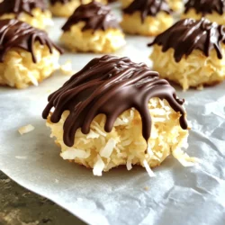 - Ungesüßte Kokosraspel - Halbherbe Schokoladenstückchen - Gesüßte Kondensmilch Die Hauptzutaten sind einfach und leicht zu finden. Ungesüßte Kokosraspel geben den Macaroons ihren tollen Geschmack. Du kannst sie in jedem Supermarkt finden. Halbherbe Schokoladenstückchen sorgen für die süße Note. Sie schmelzen gut und geben den Macaroons einen schönen Glanz. Gesüßte Kondensmilch bindet alles zusammen. Sie macht die Mischung cremig und süß. - Vanilleextrakt - Salz - Eiweiß Zusätzlich brauchst du auch Vanilleextrakt. Er bringt eine feine Note mit sich. Salz ist wichtig, um den Geschmack zu heben. Es sorgt dafür, dass die Süße ausgeglichener ist. Eiweiß gibt den Macaroons ihre Luftigkeit. Es hilft, die Form zu halten, wenn du sie backst. - Kristallzucker - Weitere benötigte Materialien Für die Macaroons brauchst du auch Kristallzucker. Er wird mit den Eiweißen geschlagen, um sie steif zu machen. Das ist wichtig, damit die Macaroons schön hoch werden. Du benötigst auch ein Backblech und Backpapier. Das sorgt dafür, dass die Macaroons nicht ankleben. Für das vollständige Rezept, schau dir das Full Recipe an. Heize den Ofen auf 160°C vor. Lege ein Backblech mit Backpapier aus. Das hilft beim späteren Herausnehmen der Macarons. Stelle alle Zutaten in Schüsseln bereit. So hast du alles griffbereit, wenn du startest. Nimm eine große Schüssel. Vermenge die Kokosraspel mit der gesüßten Kondensmilch. Füge den Vanilleextrakt und das Salz hinzu. Rühre alles gut um, bis die Mischung gleichmäßig aussieht. In einer anderen Schüssel schlage die Eiweiße auf. Sie sollten schaumig sein. Gib langsam den Kristallzucker hinzu, während du weiterschlägst. Schlage, bis steife Spitzen entstehen. Nun hebe vorsichtig die Eiweißmischung unter die Kokosmischung. Achte darauf, die Luftigkeit der Eiweiße nicht zu verlieren. Das gibt den Macarons ihre tolle Konsistenz. Forme kleine Häufchen von etwa 3,5 cm Durchmesser. Verwende dazu einen kleinen Keksausstecher oder forme sie mit den Händen. Lege die Häufchen mit Abstand auf das Backblech. Backe die Macarons im vorgeheizten Ofen für 18 bis 20 Minuten. Die Oberseiten sollten goldbraun sein. Wenn sie fertig sind, nimm die Macarons aus dem Ofen. Lass sie etwa 5 Minuten auf dem Blech abkühlen. Dann tauche die Unterseite jedes Macarons in geschmolzene Schokolade. Lege sie zurück auf das Backpapier. Lass die Schokolade fest werden. Du kannst die Macarons bei Raumtemperatur lassen oder in den Kühlschrank stellen. So werden sie schneller fest. Für das vollständige Rezept, schau dir das "Full Recipe" an. Um die besten Macarons zu machen, achte besonders auf die Luftigkeit des Eiweißes. Schlage die Eiweiße bis sie schaumig sind. Diese Luftigkeit macht die Macarons leicht und flauschig. Wenn du den Kristallzucker hinzufügst, mache dies langsam. So bleibt die Mischung stabil. Die Backzeit ist ebenfalls wichtig. Stelle sicher, dass der Ofen auf 160°C vorgeheizt ist. Backe die Macarons 18 bis 20 Minuten, bis sie goldbraun sind. Wenn sie zu kurz gebacken werden, bleiben sie feucht. Zu langes Backen macht sie hart. Schokolade richtig zu schmelzen ist einfach, wenn du die richtige Technik verwendest. Nutze eine mikrowellengeeignete Schüssel. Schmelze die Schokolade in 30-Sekunden-Intervallen, dabei immer wieder umrühren. So wird die Schokolade gleichmäßig flüssig. Dekorationsideen sind viele da. Du kannst die Macarons in geschmolzene Schokolade tauchen oder die Schokolade drüber träufeln. Das sieht nicht nur toll aus, sondern schmeckt auch fantastisch. Ein häufiger Fehler ist eine zu feuchte oder zu trockene Mischung. Wenn die Mischung zu feucht ist, laufen die Macarons auseinander. Ist sie zu trocken, entstehen keine schönen Formen. Achte auf die richtige Konsistenz. Übermäßiges Mischen kann ebenfalls schaden. Wenn du die Eiweiße unterhebst, mache dies vorsichtig. Zu viel Mischen lässt die Luft entweichen. So verlieren die Macarons ihre fluffige Textur. Für das vollständige Rezept, siehe das [Full Recipe]. {{image_4}} Um glutenfreie Schokoladen-Kokos-Macaroons zu machen, achte auf die Zutaten. Verwende ungesüßte Kokosraspel und glutenfreie Schokoladenstückchen. Statt gesüßter Kondensmilch kannst du Kokosmilch oder Mandelmilch nutzen. Diese Alternativen sorgen für einen tollen Geschmack und bleiben glutenfrei. Für vegane Macarons ersetzt du die Eiweiße. Aquafaba, das Wasser aus Kichererbsen, funktioniert hervorragend. Schlage es steif, genau wie Eiweiße. Für den Belag kannst du vegane Schokolade verwenden. Diese macht die Macarons ebenso lecker und ansprechend. Um den Macarons neue Aromen zu geben, füge Kokos- oder Kaffee-Aromen hinzu. Ein Teelöffel Kaffeepulver macht den Geschmack intensiv. Du kannst auch fruchtige Varianten ausprobieren. Beeren wie Himbeeren oder Erdbeeren passen gut. Mische sie in die Kokosmischung für eine frische Note. Um die Frische der Schokoladen-Kokos-Macaroons zu bewahren, lagern Sie sie bei Zimmertemperatur. Die ideale Temperatur liegt zwischen 18 und 21 Grad Celsius. Verwenden Sie luftdichte Behälter, um die Macarons vor Feuchtigkeit und Gerüchen zu schützen. Diese Behälter helfen, die Macarons knusprig und lecker zu halten. Macarons halten sich bei Raumtemperatur etwa drei Tage. Im Kühlschrank können sie bis zu einer Woche frisch bleiben. Wenn Sie die Macarons für längere Zeit aufbewahren möchten, frieren Sie sie ein. Wickeln Sie sie gut in Frischhaltefolie ein und legen Sie sie in einen gefriergeeigneten Behälter. Zum Auftauen legen Sie die Macarons einfach für ein paar Stunden bei Zimmertemperatur zurück. Um die Macarons frisch zu halten, legen Sie sie nicht direkt in die Sonne. Wenn Sie Gäste haben, präsentieren Sie die Macarons auf einer eleganten Platte. Fügen Sie frische Beeren oder Minzblätter hinzu, um einen farbenfrohen Effekt zu erzielen. Diese kleinen Details machen das Servieren besonders. Für das vollständige Rezept der Schokoladen-Kokos-Macaroons schauen Sie bitte auf das „Full Recipe“. Die Backzeit für Schokoladen-Kokos-Macaroons liegt bei 18 bis 20 Minuten. Ich empfehle, nach 18 Minuten nachzusehen. Die Oberseite sollte goldbraun und leicht fest sein. Wenn du sie zu lange backst, können sie trocken werden. Achte darauf, den Ofen gut vorzuheizen. So bekommen die Macarons eine schöne Form und bleiben innen weich. Ja, du kannst die Macarons im Voraus zubereiten. Bereite sie einfach am Vortag vor. Lass sie nach dem Backen gut abkühlen und lagere sie in einem luftdichten Behälter. So bleiben sie frisch. Wenn du sie länger aufbewahren willst, friere sie ein. Vor dem Servieren einfach kurz auftauen lassen. Das geht schnell und einfach. Die besten Zutaten findest du in gut sortierten Supermärkten oder Bioläden. Achte darauf, ungesüßte Kokosraspel und hochwertige Schokoladenstückchen zu kaufen. Online-Shops wie Amazon oder spezielle Lebensmittelgeschäfte bieten ebenfalls tolle Optionen. Schau nach frischen Eiern und guter Kondensmilch. Hochwertige Zutaten machen einen großen Unterschied im Geschmack. Macarons haben eine spannende Geschichte. Sie stammen aus Italien und wurden im 16. Jahrhundert nach Frankreich gebracht. Dort wurden sie populär und entwickelten sich weiter. In Frankreich sind sie ein beliebtes Gebäck. Macarons sind nicht nur lecker, sondern auch Teil der Kultur. Sie stehen für Genuss und Kreativität in der Küche. Du findest das vollständige Rezept für Schokoladen-Kokos-Macaroons im Abschnitt "Full Recipe". Dort sind alle Zutaten und Schritte genau aufgelistet. Das hilft dir, beim Backen nichts zu vergessen und alles richtig zu machen. In diesem Blog post haben wir die wichtigsten Zutaten und Schritte zur Herstellung von Macarons behandelt. Du hast gelernt, wie man die Mischung macht und die perfekten Macarons backt. Einige Tipps helfen dir, häufige Fehler zu vermeiden und Kreativität in die Dekoration einzubringen. Variationen wie glutenfreie und vegane Macarons waren ebenfalls ein Thema. Beachte die richtigen Aufbewahrungshinweise, um die Frische zu erhalten. Mit diesen Informationen bist du bereit, deine eigenen köstlichen Macarons zu kreieren. Viel Spaß beim Backen!