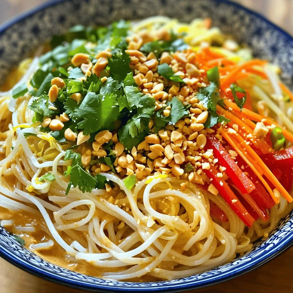 - 225 g Reisnudeln - 60 ml cremige Erdnussbutter - 45 ml Sojasauce - 30 ml Sesamöl - 30 ml Reisessig - 15 ml Honig oder Ahornsirup Die Hauptzutaten sind einfach zu finden. Reisnudeln sind die Basis und machen das Gericht leicht. Erdnussbutter gibt den Nudel einen tollen, nussigen Geschmack. Sojasauce bringt umami und Tiefe. Sesamöl fügt einen feinen, nussigen Duft hinzu. Reisessig gibt eine frische Note. Honig oder Ahornsirup balanciert die Schärfe und sorgt für Süße. - 1 rote Paprika, dünn geschnitten - 1 Tasse geriebene Karotten - 2 Knoblauchzehen, fein gehackt - 2,5 cm frischer Ingwer, gerieben - 15 ml Sriracha (nach Belieben anpassen für Schärfe) Das Gemüse ist wichtig für Textur und Geschmack. Die rote Paprika bringt Farbe und Süße. Karotten fügen Crunch hinzu und sind gesund. Knoblauch und Ingwer geben einen starken, aromatischen Geschmack. Sriracha bringt die Schärfe. Du kannst die Menge anpassen, je nach Vorliebe. - 60 ml gehackte Frühlingszwiebeln - Gehackte Erdnüsse - Frische Korianderblätter Garnierungen machen das Gericht besonders schön und schmackhaft. Frühlingszwiebeln sind frisch und knusprig. Gehackte Erdnüsse geben extra Crunch und Nussgeschmack. Koriander verleiht ein frisches Aroma. Diese Zutaten machen die Erdnudeln einladend und lecker. Für das vollständige Rezept schau dir die [Full Recipe] an. Zuerst koche ich die Reisnudeln. Ich bringe einen großen Topf mit Wasser zum Kochen und füge die Nudeln hinzu. Die Kochzeit beträgt etwa 5 bis 7 Minuten. Ich achte darauf, dass sie al dente sind. Nach dem Kochen lasse ich die Nudeln abtropfen. Dann spüle ich sie mit kaltem Wasser ab. Dies stoppt den Garprozess und hält die Nudeln schön locker. Für die Sauce nehme ich eine Schüssel. Ich gebe die folgenden Zutaten hinein: Erdnussbutter, Sojasauce, Sesamöl, Reisessig, Honig oder Ahornsirup, Sriracha, gehackten Knoblauch und geriebenen Ingwer. Dann vermenge ich alles mit einem Schneebesen. So entsteht eine glatte Sauce. Ich probiere sie und passe die Gewürze nach meinem Geschmack an. Manchmal mag ich es schärfer, also füge ich mehr Sriracha hinzu. Jetzt kommt der spaßige Teil! Ich erhitze eine große Pfanne oder einen Wok bei mittlerer Temperatur. Ich gebe einen Schuss Sesamöl hinein. Dann füge ich die geschnittene rote Paprika und die geriebenen Karotten hinzu. Ich brate das Gemüse für 3 bis 4 Minuten an. Es sollte leicht weich werden, aber noch knackig bleiben. Jetzt kommen die gekochten Reisnudeln in die Pfanne. Ich gieße die Erdnusssauce darüber. Ich vermenge alles gründlich. Die Nudeln müssen gleichmäßig mit der Sauce überzogen sein. Nach 2 bis 3 Minuten sind sie gut durchgewärmt. Zum Schluss füge ich vorsichtig die Sojasprossen hinzu. Ich mische sie für den extra Crunch unter und koche alles für eine weitere Minute. Ich serviere die würzigen Thai Erdnudeln auf Tellern und genieße das leckere Gericht. Das Rezept ist einfach und macht immer Spaß! Wenn du mehr erfahren möchtest, schau dir das Full Recipe an. Um perfekte Reisnudeln zu kochen, bringe einen großen Topf mit Wasser zum Kochen. Füge die Nudeln hinzu und koche sie für 5-7 Minuten. Achte darauf, dass sie al dente sind, also bissfest. Nach dem Kochen lasse sie abtropfen und spüle sie unter kaltem Wasser ab. Das stoppt den Kochprozess und verhindert ein Verklumpen. - Kochzeit: 5-7 Minuten - Textur: Al dente ist ideal Wenn du die Nudeln mit etwas Öl mischst, kannst du das Verklumpen auch verhindern. Ein kleiner Schuss Sesamöl funktioniert gut. Für den perfekten Kick kannst du Sriracha verwenden. Beginne mit 15 ml und probiere die Sauce. Magst du es schärfer, füge mehr hinzu. Sriracha bringt nicht nur Schärfe, sondern auch einen tollen Geschmack. - Tipps zur Verwendung von Sriracha: Beginne mit 15 ml und taste dich vor. - Alternative Gewürzmischungen: Du kannst auch Chili-Flocken oder Sambal Oelek verwenden. Experimentiere mit anderen Gewürzen. Vielleicht magst du eine süßere Note? Dann probiere etwas Honig oder einen Spritzer Limettensaft. Eine ansprechende Garnierung macht viel aus. Streue gehackte Frühlingszwiebeln und Erdnüsse über die Nudeln. Frische Korianderblätter bringen Farbe und Frische. - Ansprechende Garnierung: Frühlingszwiebeln, Erdnüsse und Koriander - Servierideen: Serviere die Nudeln in einer großen Schüssel oder auf Tellern. Das Auge isst mit! Eine schöne Präsentation macht jedes Gericht noch leckerer. Wenn du deinen Gästen etwas Besonderes bieten möchtest, serviere die Nudeln in kleinen Schalen mit zusätzlichen Garnierungen. Für das vollständige Rezept, schau dir das Rezept für würzige Thai Erdnudeln an. {{image_4}} Um die Erdnusssauce vegan zu machen, ersetze den Honig durch Ahornsirup. Du kannst auch Tofu oder Tempeh verwenden. Schneide den Tofu in kleine Würfel und brate ihn goldbraun. Füge ihn mit dem Gemüse in die Pfanne. Tempeh gibt einen tollen Biss und ist sehr nahrhaft. Beide Optionen machen dein Gericht noch leckerer. Wenn du mehr Protein willst, füge Hähnchen oder Garnelen hinzu. Koche das Hähnchen in der Pfanne, bis es goldbraun ist. Schneide es in Stücke und mische es mit den Nudeln. Garnelen kannst du einfach anbraten, bis sie rosa sind. Sie passen perfekt zu den würzigen Nudeln. Achte darauf, das Fleisch gut zu würzen, um den Geschmack zu steigern. Für glutenfreie Nudeln benutze Reisnudeln. Diese sind leicht und lecker. Wenn du eine Low-Carb-Option suchst, probiere Zucchini-Nudeln. Sie sind gesund und nehmen die Sauce gut auf. So bleibt der Geschmack der Erdnüsse und Gewürze erhalten. Für das vollständige Rezept besuche den Abschnitt „Full Recipe“. Um die würzigen Thai Erdnudeln frisch zu halten, lege sie in einen luftdichten Behälter. Stelle sicher, dass alle Nudeln gut abgedeckt sind. So bleiben sie im Kühlschrank bis zu drei Tage lang essbar. Wenn du sie aufwärmen möchtest, benutze die Mikrowelle. Erhitze sie in kurzen Intervallen von 30 Sekunden. Rühre die Nudeln gut durch, damit sie gleichmäßig warm werden. Die Reste der würzigen Thai Erdnudeln halten im Kühlschrank etwa drei Tage. Vor dem Essen solltest du sie gründlich erhitzen, um sie sicher zu genießen. Achte darauf, dass sie ganz durchgewärmt sind. Dies hilft auch, die Aromen wiederzubeleben und die Textur zu verbessern. Du kannst Reste der Erdnudeln kreativ nutzen! Mische sie mit frischem Gemüse für einen Salat oder brate sie mit Eiern für ein schnelles Pfannengericht. Auch in einer Suppe machen sie sich gut. So schaffst du neue, leckere Gerichte und vermeidest Abfall. Die Vorbereitungszeit für würzige Thai Erdnudeln beträgt etwa 15 Minuten. Die Gesamtzeit für das Gericht ist ungefähr 25 Minuten. Diese Zeit ist ideal, um alle frischen Zutaten zu schneiden und die Nudeln zu kochen. In nur kurzer Zeit hast du ein köstliches und schmackhaftes Gericht auf dem Tisch. Ja, du kannst die Nudeln vorauskochen. Koche sie einfach nach der Anleitung auf der Verpackung. Lass sie nach dem Kochen abkühlen und bewahre sie in einem luftdichten Behälter auf. So sparst du Zeit, wenn du das Gericht zubereitest. Stelle sicher, dass du sie vor dem Mischen mit der Sauce gut abspülst, um das Verkleben zu verhindern. Wenn du Allergien hast, gibt es einige Alternativen zur Erdnussbutter. Du kannst Mandelbutter oder Cashewbutter verwenden. Auch Sonnenblumenbutter ist eine gute Wahl. Diese Optionen geben deiner Sauce einen ähnlichen Geschmack, ohne die Allergene. Achte darauf, die Konsistenz anzupassen, wenn nötig. Thai Erdnudeln haben ihren Ursprung in Thailand. Sie sind Teil der thailändischen Küche, die für ihre Aromen bekannt ist. Die Verbindung von süß, salzig und scharf macht sie besonders. Nudeln sind ein Grundnahrungsmittel in vielen asiatischen Ländern. Thai Erdnudeln zeigen die Vielfalt und Kreativität der thailändischen Kochkunst. Würzige Thai Erdnudeln sind einfach zuzubereiten und lecker. Wir haben die Hauptzutaten und Schritte behandelt. Außerdem gab es Tipps für Anpassungen und Lagerung. Gehen Sie kreativ mit Erdnüssen, Gemüse und Schärfe um. Diese Nudeln sind nicht nur sättigend, sondern auch anpassbar für jeden Geschmack. Nutzen Sie die Anregungen, um Ihr eigenes Gericht zu kreieren und mit anderen zu teilen. So vermeiden Sie auch Lebensmittelverschwendung und genießen leckere Reste.