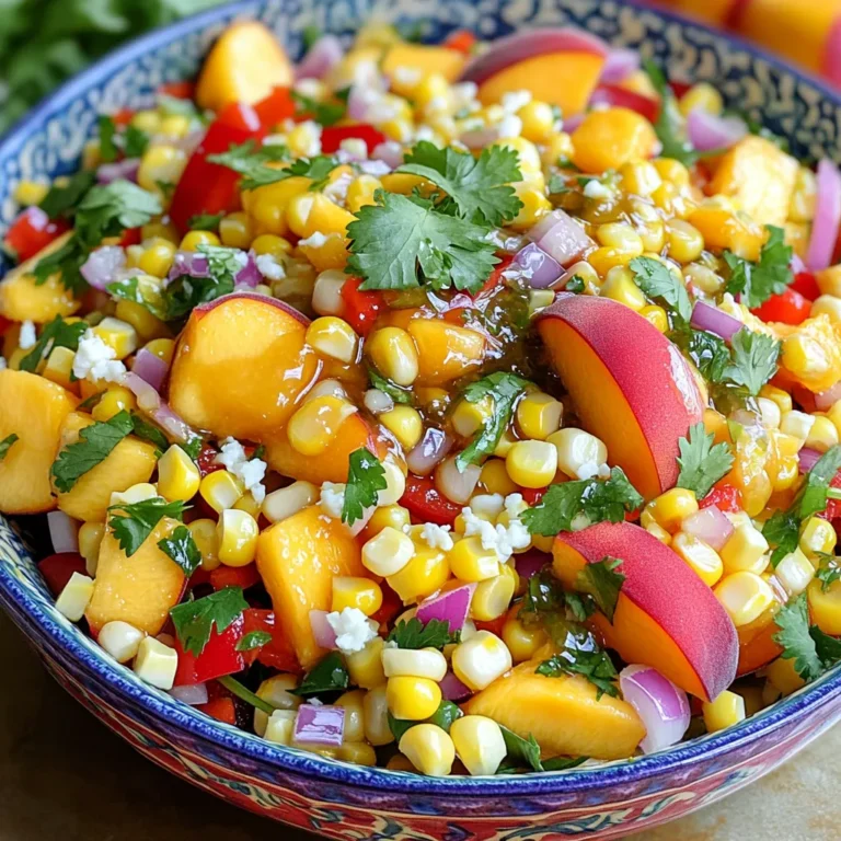 - Süßmaiskörner: Frische Süßmaiskörner sind der Star des Salats. Sie bringen Süße und Crunch. - Reife Pfirsiche: Wähle saftige, reife Pfirsiche. Sie geben dem Salat Frische und Fruchtigkeit. - Rote Paprika: Diese geben Farbe und einen knackigen Biss. Ihre Süße ergänzt die anderen Zutaten. - Rote Zwiebel: Die Zwiebel bringt einen scharfen, aber milden Geschmack. Sie fügt Tiefe hinzu. - Frischer Koriander: Koriander bringt Frische und einen einzigartigen Geschmack. Er ist ein Muss im Salat. - Optional: Feta-Käse: Feta gibt dem Salat einen salzigen Kick. Wenn du Käse magst, füge ihn hinzu. - Limettensaft: Der Saft sorgt für Säure und Frische. Er hebt den Geschmack der Zutaten hervor. - Honig: Honig fügt Süße hinzu. Er balanciert die Säure des Limettensafts aus. - Salz und Pfeffer: Diese Gewürze sind wichtig. Sie betonen die Aromen im Salat. Die Zutaten sind einfach, aber sie machen den Süßmaiskorn-Pfirsichsalat lecker und frisch. Um das volle Rezept zu sehen, schau dir [Full Recipe] an. - Mais zubereiten: Wenn Sie frischen Mais nutzen, bringen Sie einen großen Topf mit Wasser zum Kochen. Geben Sie die Maiskolben hinein und kochen Sie sie fünf Minuten lang, bis sie zart sind. Abgießen und leicht abkühlen lassen. Verwenden Sie gefrorenen Mais, tauen Sie ihn einfach auf und lassen Sie ihn gut abtropfen. - Zutaten schneiden und vorbereiten: Schneiden Sie die reifen Pfirsiche in kleine Würfel. Hacken Sie die rote Paprika fein und würfeln Sie die rote Zwiebel. Hacken Sie auch den frischen Koriander grob. Bereiten Sie alles vor, damit es schnell in die Schüssel geht. - Zutaten in einer Schüssel vermengen: Nehmen Sie eine große Schüssel und geben Sie die vorbereiteten Süßmaiskörner, gewürfelten Pfirsich, gehackte Paprika, Zwiebel und Koriander hinein. Mischen Sie alles gut, damit sich die Aromen verbinden. - Dressing zubereiten und einmischen: In einer kleinen Schüssel mischen Sie den Limettensaft, Honig, Salz und Pfeffer. Verwenden Sie einen kleinen Schneebesen, um alles gut zu vermengen. Gießen Sie das Dressing über den Salat und vermengen Sie alles vorsichtig, bis die Zutaten gut bedeckt sind. - Feta hinzufügen (optional): Falls gewünscht, streuen Sie den zerbröselten Feta gleichmäßig über den Salat. Heben Sie den Käse sanft unter, um ihn gleichmäßig zu verteilen. - Kühlen und Servieren: Lassen Sie den Salat mindestens 15 Minuten ruhen. So verbinden sich die Aromen besser. Servieren Sie den Salat kühl und frisch. Sie können das gesamte Rezept in der [Full Recipe] nachlesen. - Frischer vs. gefrorener Mais: Frischer Mais hat mehr Geschmack und Textur. Er ist süßer und knackiger. Gefrorener Mais ist praktisch und oft schon gekocht. Er spart Zeit und ist immer verfügbar. - Kochzeit und -temperatur: Für frischen Mais bringe einen großen Topf mit Wasser zum Kochen. Koche den Mais für etwa 5 Minuten. Der Mais sollte zart, aber nicht matschig sein. Wenn du gefrorenen Mais verwendest, tau ihn einfach auf und lass ihn gut abtropfen. - Variationen des Dressings: Du kannst das Dressing anpassen. Probiere Limettensaft mit einem Spritzer Orange. Füge frische Kräuter wie Minze hinzu. Das sorgt für neue Aromen. - Alternative Zutaten ausprobieren: Experimentiere mit anderen Früchten. Mango oder Ananas passen gut. Du kannst auch Avocado für mehr Cremigkeit hinzufügen. - Präsentationstipps: Serviere den Salat in einer großen, bunten Schüssel. Füge zusätzlich Pfirsichscheiben obendrauf. Ein Spritzer frischer Koriander macht es noch frischer und schöner. - Beilagen, die gut harmonieren: Dieser Salat passt gut zu gegrilltem Hühnchen oder Fisch. Er ist auch lecker zu Tortilla-Chips oder auf einem Sandwich. So wird jede Mahlzeit zum Genuss! {{image_4}} Du kannst diesen Salat an die Jahreszeit anpassen. Im Herbst probiere Äpfel oder Granatapfel. Äpfel bringen einen knackigen Biss. Granatapfelkerne fügen einen tollen Farbkontrast hinzu. Im Sommer sind Beeren eine erfrischende Wahl. Erdbeeren oder Himbeeren passen gut zu dem süßen Mais. Sie verleihen dem Salat eine fruchtige Note. Für glutenfreie Optionen verwende frische Zutaten. Diese Mischung ist von Natur aus glutenfrei. Du kannst auch vegetarische oder vegane Alternativen wählen. Statt Feta kannst du Avocado oder Nüsse verwenden. Diese machen den Salat nahrhaft und lecker. Um den Salat herzhaft zu machen, füge Hühnchen oder Garnelen hinzu. Gegrilltes Hühnchen passt gut zu den süßen Aromen. Garnelen bringen eine feine Meeresnote. Du kannst auch vegane Proteinquellen verwenden. Kichererbsen oder Quinoa sind tolle Optionen. Sie machen den Salat sättigender und voller Nährstoffe. Du kannst das Rezept für den Süßmaiskorn-Pfirsichsalat einfach anpassen. Experimentiere mit diesen Variationen, um neue Geschmäcker zu entdecken. Um die Frische Ihres Süßmaiskorn-Pfirsichsalats zu bewahren, lagern Sie ihn im Kühlschrank. Achten Sie darauf, ihn in einem luftdichten Behälter zu verstauen. So bleibt der Salat knackig und lecker. Im Kühlschrank hält er sich etwa 2 bis 3 Tage. Nach dieser Zeit kann der Geschmack nachlassen, und die Textur wird weich. Kann der Salat eingefroren werden? Ich empfehle, den Salat nicht einzufrieren. Die frischen Zutaten verlieren ihre Knackigkeit und den frischen Geschmack. Wenn Sie dennoch Reste einfrieren möchten, entfernen Sie die Feta-Käse-Stücke. Diese können nach dem Auftauen nicht gut schmecken. Wenn Sie sich entscheiden, den Salat einzufrieren, gehen Sie wie folgt vor: 1. Bereiten Sie den Salat ohne das Dressing vor. 2. Stellen Sie sicher, dass alle Zutaten gut abgekühlt sind. 3. Füllen Sie den Salat in einen luftdichten Behälter. 4. Beschriften Sie den Behälter mit dem Datum. Die Zutaten für den Salat können Sie im Voraus vorbereiten. Schneiden Sie die Pfirsiche, Paprika und Zwiebel am Vorabend. Lagern Sie sie in separaten Behältern im Kühlschrank. So sparen Sie Zeit am Serviertag. Am Serviertag müssen Sie nur noch den Mais kochen und alles zusammenmischen. Halten Sie das Dressing bereit. Fügen Sie es kurz vor dem Servieren hinzu, um die Frische zu maximieren. So bleibt der Salat knackig und voller Geschmack. Der Süßmaiskorn-Pfirsichsalat bleibt frisch für etwa 2 bis 3 Tage im Kühlschrank. Lagern Sie ihn in einem luftdichten Behälter. Achten Sie darauf, den Salat vor dem Servieren gut umzurühren. Der Geschmack wird durch die Zeit im Kühlschrank intensiver, aber er verliert seine knusprige Textur. Daher ist es am besten, ihn frisch zu genießen. Ja, das Dressing lässt sich gut im Voraus zubereiten. Mischen Sie den Limettensaft, Honig, Salz und Pfeffer in einer kleinen Schüssel. Bewahren Sie es in einem luftdichten Behälter im Kühlschrank auf. Vor der Verwendung einfach gut schütteln oder umrühren. So sparen Sie Zeit, wenn Sie den Salat zubereiten. Denken Sie daran, das Dressing erst kurz vor dem Servieren über den Salat zu gießen, damit die Zutaten frisch bleiben. Es gibt viele leckere Ergänzungen für den Süßmaiskorn-Pfirsichsalat. Hier sind einige Ideen: - Avocado für eine cremige Textur - Gurke für mehr Frische - Jalapeños für einen scharfen Kick - Schwarze Bohnen für mehr Protein - Gehackte Nüsse für zusätzlichen Crunch Diese Zutaten können dem Salat neue Geschmäcker verleihen. Experimentieren Sie und finden Sie Ihre Lieblingskombination! Für das vollständige Rezept schauen Sie sich die [Full Recipe] an. Dieser Blogbeitrag hat die Hauptzutaten und das einfache Rezept für einen leckeren Süßer Mais-Pfirsich-Salat behandelt. Wir haben die besten Zutaten, das Dressing und Tipps zur Zubereitung vorgestellt. Du kannst den Salat genießen und anpassen, um ihn ganz nach deinem Geschmack zu gestalten. Frische Zutaten und kreative Variationen machen ihn besonders. Denke daran, den Salat richtig zu lagern, damit er lange frisch bleibt. Probiere es einfach aus – dein nächster Salat wird ein Hit!