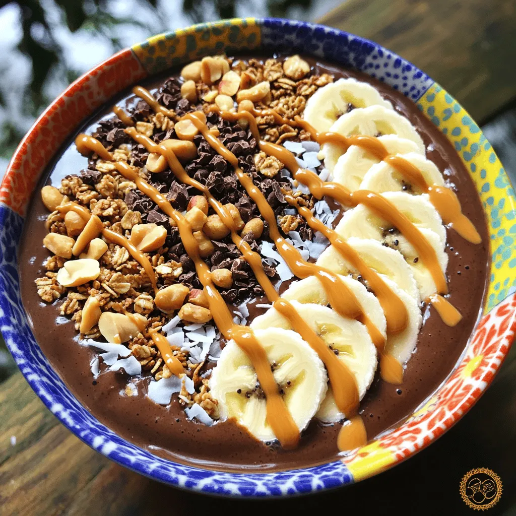 Um eine leckere Schokoladen-Erdnussbutter-Smoothie-Bowl zuzubereiten, benötigst du folgende Zutaten: - 2 reife Bananen, gefroren - 1 Esslöffel ungesüßtes Kakaopulver - 2 Esslöffel Erdnussbutter (oder Mandelbutter) - 1 Tasse Mandelmilch (oder Ihre bevorzugte Milch) - 1 Esslöffel Honig oder Ahornsirup (optional für extra Süße) - 1/2 Teelöffel Vanilleextrakt - Toppings: in Scheiben geschnittene Bananen, Granola, Kakaonibs, Kokosraspeln und gehackte Nüsse Wenn du etwas Abwechslung suchst, kannst du einige Zutaten ersetzen. Statt Erdnussbutter kannst du Mandelbutter verwenden. Das gibt der Bowl einen anderen Geschmack. Auch die Milch kannst du variieren. Kokosmilch oder Hafermilch sind tolle Alternativen. Für eine vegane Option kannst du den Honig durch Agavendicksaft ersetzen. Experimentiere mit verschiedenen Toppings! Frische Beeren oder Chiasamen bringen noch mehr Nährstoffe. Achte beim Einkauf auf frische Bananen. Sie sollten fest und ohne braune Flecken sein. Wenn du gefrorene Bananen kaufst, schau dir die Verpackung an. Sie sollten ohne Zusatzstoffe sein. Für das Kakaopulver wähle eine Marke ohne Zuckerzusatz. Das sorgt für den besten Geschmack. Frische Nüsse und Granola findest du oft in Bioläden. Sie bieten eine bessere Qualität und mehr Auswahl. Wenn du saisonale Früchte kaufst, kannst du Geld sparen und die besten Aromen genießen. Zuerst sammeln wir alle Zutaten für die Schokoladen-Erdnussbutter-Smoothie-Bowl. Wir brauchen: - 2 reife Bananen, gefroren - 1 Esslöffel ungesüßtes Kakaopulver - 2 Esslöffel Erdnussbutter - 1 Tasse Mandelmilch - 1 Esslöffel Honig oder Ahornsirup (optional) - 1/2 Teelöffel Vanilleextrakt - Toppings: Bananenscheiben, Granola, Kakaonibs, Kokosraspeln und gehackte Nüsse Stellen Sie sicher, dass die Bananen gefroren sind. Dies sorgt für eine cremige Textur. Geben Sie die gefrorenen Bananen in den Mixer. Fügen Sie das Kakaopulver, die Erdnussbutter und die Mandelmilch hinzu. Wenn Sie Süße mögen, geben Sie den Honig und den Vanilleextrakt dazu. Mixen Sie alles bei hoher Geschwindigkeit. Halten Sie zwischendurch an, um die Seiten des Mixbehälters mit einem Spatel abzukratzen. Achten Sie darauf, dass die Mischung dick genug ist. Wenn die Mischung glatt und cremig ist, gießen Sie sie in eine Schüssel. Verwenden Sie einen Spatel, um die Mischung gleichmäßig zu verteilen. Jetzt kommt der spaßige Teil! Dekorieren Sie die Oberfläche mit Ihren Lieblings-Toppings. Arrangieren Sie die geschnittenen Bananen schön und streuen Sie Granola darüber. Fügen Sie Kakaonibs, Kokosraspeln und gehackte Nüsse für mehr Crunch hinzu. Für einen extra Kick können Sie einen Klecks Erdnussbutter oder Honig über die Toppings träufeln. Nutzen Sie eine lebendige Schüssel für einen schönen Kontrast zur dunklen Smoothiebasis. Diese Schokoladen-Erdnussbutter-Smoothie-Bowl ist nicht nur lecker, sondern auch gesund. Sie ist perfekt für einen schnellen Snack oder ein Frühstück. Entdecken Sie die vollständige Anleitung in der Full Recipe. Um die perfekte Konsistenz zu erreichen, sind gefrorene Bananen entscheidend. Sie machen die Smoothie-Bowl cremig und dick. Achte darauf, dass du die Bananen gut pürierst. Wenn die Mischung zu dick ist, füge etwas mehr Mandelmilch hinzu. Mixe alles gut, bis es ganz glatt ist. Das sorgt für eine tolle Basis, die deine Toppings gut halten kann. Toppings machen deine Schokoladen-Erdnussbutter-Smoothie-Bowl lebendig. Ich empfehle, geschnittene Bananen zu verwenden. Sie passen perfekt zur Schokolade. Granola bringt Crunch und Textur. Kakaonibs sind für die Schokoladenliebhaber. Kokosraspeln geben einen tropischen Touch. Gehackte Nüsse sorgen für extra Biss und Nährstoffe. Arrangiere die Toppings schön, um deine Bowl appetitlich zu gestalten. Ein häufiger Fehler ist, den Mixer zu überladen. Mixe immer in kleineren Mengen. Das sorgt für ein gleichmäßiges Ergebnis. Halte an und schabe die Seiten des Mixbehälters ab. So bleibt nichts zurück. Wenn die Bowl zu flüssig wird, füge mehr gefrorene Bananen hinzu. So erhältst du die richtige Dicke. Achte darauf, die richtige Geschwindigkeit zu wählen. Hoch ist am besten für eine schöne, cremige Textur. {{image_4}} Wenn du mehr Protein in deine Schokoladen-Erdnussbutter-Smoothie-Bowl bringen möchtest, gibt es viele Möglichkeiten. Du kannst einfach einen Esslöffel Proteinpulver hinzufügen. Wähle ein gutes Whey- oder pflanzliches Protein. Eine andere Idee ist, griechischen Joghurt zu verwenden. Das macht die Schüssel cremiger und proteinreicher. Es macht Spaß, mit verschiedenen Geschmäckern zu experimentieren. Versuche, ein wenig Zimt oder Muskatnuss hinzuzufügen. Diese Gewürze geben deiner Bowl eine besondere Note. Auch ein Esslöffel Mandelbutter kann die Aromen verändern. Wenn du Schokolade liebst, probiere auch dunkles Kakaopulver. Es hat einen intensiveren Geschmack. Für eine vegane Version der Schokoladen-Erdnussbutter-Smoothie-Bowl kannst du die Milch durch Hafer- oder Kokosmilch ersetzen. Nutze auch einen pflanzlichen Süßstoff wie Agavendicksaft. Anstelle von Honig kannst du Ahornsirup verwenden. So bleibt die Bowl lecker und gesund, ohne tierische Produkte. Für das vollständige Rezept, schau dir die vollständige Anleitung an. Wenn Sie Reste Ihrer Schokoladen-Erdnussbutter-Smoothie-Bowl haben, bewahren Sie sie in einem luftdichten Behälter auf. Stellen Sie sicher, dass der Behälter gut verschlossen ist. So bleibt die Frische erhalten. Lagern Sie die Schüssel im Kühlschrank. Dort hält sie sich bis zu zwei Tage. Falls Sie die Zutaten im Voraus vorbereiten möchten, können Sie die gefrorenen Bananen und die Erdnussbutter getrennt einfrieren. Portionieren Sie die Bananen in kleinen Beuteln. So können Sie sie schnell nutzen. Die Erdnussbutter kann in einem festen Behälter eingefroren werden. Denken Sie daran, den Behälter nicht ganz zu füllen. Die Erdnussbutter dehnt sich beim Einfrieren aus. Die Smoothiebowl schmeckt am besten frisch. Wenn Sie sie jedoch aufbewahren, bleibt sie bis zu zwei Tage im Kühlschrank genießbar. Die Toppings können jedoch weich werden. Fügen Sie die Toppings erst kurz vor dem Servieren hinzu. So bleibt die Textur knackig und lecker. Eine Schokoladen-Erdnussbutter-Smoothie-Bowl ist sehr gesund. Sie bietet viele Nährstoffe. Die gefrorenen Bananen liefern Kalium und Ballaststoffe. Kakaopulver ist reich an Antioxidantien. Erdnussbutter gibt Protein und gesunde Fette. Diese Mischung hält dich satt und glücklich. Ja, du kannst andere Milchsorten verwenden. Mandelmilch ist beliebt, aber auch Hafermilch funktioniert gut. Wenn du keine Milch magst, nimm einfach Wasser oder pflanzliche Milchalternativen. Der Geschmack bleibt lecker und die Konsistenz passt trotzdem. Das ist kein Problem! Du kannst die Süße reduzieren oder ganz weglassen. Wenn du es weniger süß magst, lasse den Honig oder Ahornsirup weg. Die Bananen sind bereits süß genug. Du kannst auch Zimt für mehr Geschmack hinzufügen. Zusammenfassend haben wir die besten Zutaten für Ihre Smoothiebowl besprochen. Ich habe verschiedene Tipps gegeben, um frische und leckere Zutaten einzukaufen. Sie haben auch gelernt, wie man eine Smoothiebowl Schritt für Schritt zubereitet. Aus meinen Tipps und Tricks wissen Sie, wie Sie die perfekte Konsistenz erhalten können. Außerdem haben wir Variationen und Aufbewahrungsmöglichkeiten behandelt. Denken Sie daran, dass eine Smoothiebowl flexibel ist. Spielen Sie mit Geschmäckern und Zutaten, um Ihre perfekte Version zu finden.