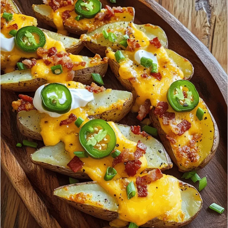 - 4 große Russet-Kartoffeln - 3 Esslöffel Olivenöl - 1 Tasse geriebener Cheddar-Käse Die Hauptzutaten sind einfach zu finden. Russet-Kartoffeln sind perfekt für Wedges. Sie sind stärkehaltig und werden knusprig. Das Olivenöl hilft beim Braten und gibt Geschmack. Cheddar-Käse macht alles besser. Er schmilzt schön und gibt den Wedges einen tollen Geschmack. - Knoblauchpulver, Zwiebelpulver, Paprika - Gebratene Speckstückchen, saure Sahne, Frühlingszwiebeln - Jalapeños für zusätzliche Schärfe Die Gewürze sind wichtig für den Geschmack. Knoblauchpulver gibt ein tolles Aroma. Zwiebelpulver und Paprika machen die Wedges würzig. Speckstückchen bringen einen herzhaften Crunch. Saure Sahne macht die Wedges cremig und frisch. Frühlingszwiebeln bringen Farbe und einen milden Geschmack. Wenn du es scharf magst, sind Jalapeños eine gute Wahl. Sie geben einen extra Kick. Um das volle Geschmackserlebnis zu genießen, probiere die Full Recipe für knusprige Loaded Potato Wedges. Zuerst waschen Sie die Kartoffeln gründlich. Dann schneiden Sie jede Kartoffel in die Form von Wedges. Halten Sie die Stücke gleichmäßig, damit sie gleichmäßig garen. Sie können die Schale dranlassen, um mehr Textur zu haben. In einer großen Schüssel mischen Sie Olivenöl, Knoblauchpulver, Zwiebelpulver, Paprika, schwarzen Pfeffer und Salz. Diese Gewürzmischung gibt den Wedges viel Geschmack. Fügen Sie die Kartoffel-Wedges hinzu und schwenken Sie alles gut. Achten Sie darauf, dass jede Wedge gleichmäßig mit der Mischung bedeckt ist. Heizen Sie den Ofen auf 220°C vor. Verteilen Sie die gewürzten Wedges auf einem Backblech. Achten Sie darauf, dass sie nicht übereinander liegen. So werden sie schön knusprig. Backen Sie die Wedges für 25 bis 30 Minuten. Wenden Sie sie nach der Hälfte der Zeit, damit sie gleichmäßig bräunen. Wenn die Wedges goldbraun sind, nehmen Sie das Blech aus dem Ofen. Streuen Sie den geriebenen Cheddar-Käse gleichmäßig über die Wedges. Schieben Sie das Blech zurück in den Ofen. Backen Sie die Wedges für weitere 5 Minuten, bis der Käse schmilzt und blubbert. Jetzt ist es Zeit für die Toppings! Fügen Sie gebratene Speckstückchen, saure Sahne, gehackte Frühlingszwiebeln und Jalapeño-Scheiben hinzu. Servieren Sie die knusprigen Wedges sofort. Wenn Sie mehr über die Zubereitung erfahren möchten, finden Sie das gesamte Rezept hier: [Full Recipe]. - Die richtige Kartoffelsorte wählen: Für knusprige Wedges sind Russet-Kartoffeln ideal. Sie haben viel Stärke und werden schön knusprig. - Wedges gleichmäßig schneiden: Achte darauf, die Kartoffeln gleichmäßig zu schneiden. So garen alle Stücke gleich schnell. Das sorgt für eine perfekte Textur. - Alternative Gewürze ausprobieren: Du kannst deinen Wedges mehr Geschmack geben. Probiere zum Beispiel Chili-Pulver oder italienische Kräuter. Diese Gewürze bringen eine neue Note in dein Gericht. - Optionale Toppings kombinieren: Experimentiere mit verschiedenen Toppings. Füge Feta-Käse, Oliven oder sogar Guacamole hinzu. Jedes Topping kann den Geschmack deiner Wedges verändern. {{image_4}} Für die knusprigen Kartoffel-Wedges gibt es viele Käsesorten, die du verwenden kannst. Du kannst Feta, Gouda oder Parmesan ausprobieren. Diese Käsesorten geben deinem Gericht einen tollen Geschmack. Wenn du eine vegane Option suchst, gibt es auch viele leckere vegane Käsealternativen. Diese sind oft auf Nussbasis oder aus Soja. Sie schmelzen gut und geben den Wedges eine schöne Textur. Die Gewürze bringen die Kartoffel-Wedges zum Leben. Du kannst Chili-Pulver hinzufügen, wenn du es scharf magst. Italienische Kräuter wie Oregano oder Basilikum passen auch gut dazu. Wenn du etwas ganz anderes willst, probiere Curry-Pulver. Es gibt deinen Wedges einen besonderen Kick und sorgt für ein spannendes Geschmacksprofil. Die Toppings sind der Höhepunkt jeder Portion. Du kannst Oliven, Avocado oder Salsa hinzufügen, um mehr Frische zu bekommen. Frischkäse oder Guacamole sind tolle Dip-Optionen, die die Wedges perfekt ergänzen. Sie bringen eine cremige Note und machen das Essen noch köstlicher. Für das vollständige Rezept, schau dir die [Full Recipe] an. Um deine knusprigen Loaded Potato Wedges frisch zu halten, benutze einen luftdichten Behälter. Ein Glas- oder Kunststoffbehälter mit Deckel funktioniert gut. So bleiben die Wedges knusprig und lecker. Wenn du sie nicht sofort isst, lagere sie im Kühlschrank. Dort halten sie sich bis zu drei Tage. Achte darauf, dass die Wedges vollständig abgekühlt sind, bevor du sie einpackst. So vermeidest du, dass sich Feuchtigkeit bildet. Um die Wedges wieder knusprig zu machen, ist der Ofen die beste Wahl. Heize ihn auf 200°C vor. Lege die Wedges auf ein Backblech und backe sie für 10 bis 15 Minuten. So werden sie warm und knusprig. Alternativ kannst du die Wedges auch in der Mikrowelle aufwärmen. Lege sie auf einen mikrowellengeeigneten Teller. Erwärme sie für 1 bis 2 Minuten. Beachte, dass sie dabei weich werden können. Für die beste Textur, nutze den Ofen. Wenn du mehr über die Zubereitung erfahren möchtest, schaue dir das Full Recipe an. Die Zubereitung dauert etwa 40 Minuten. Davon sind 10 Minuten für die Vorbereitung und 30 Minuten für das Backen. Diese Zeit reicht aus, um die Wedges knusprig und lecker zu machen. Ja, du kannst die Kartoffeln auch im Airfryer zubereiten! Stelle die Temperatur auf 200°C ein. Lege die gewürzten Wedges in den Korb und gare sie für etwa 20 Minuten. Schüttle den Korb nach der Hälfte der Zeit, damit sie gleichmäßig garen. Zu den Kartoffel-Wedges passen viele Dips. Hier sind einige beliebte Optionen: - Sour Cream - Guacamole - BBQ-Sauce - Ketchup - Ranch-Dressing Diese Dips bringen zusätzlichen Geschmack und machen die Wedges noch besser. Das Grundrezept ist nicht vegan, da es Käse und saure Sahne enthält. Um es vegan zu machen, kannst du pflanzlichen Käse und vegane saure Sahne verwenden. So bleibt der Geschmack toll, und du kannst es genießen! Die knusprigen Kartoffel-Wedges sind einfach zuzubereiten und köstlich. Wir haben die wichtigsten Zutaten, die Zubereitung und verschiedene Variationen betrachtet. Denk daran, die perfekte Kartoffelsorte zu wählen und mit spannenden Gewürzen zu experimentieren. Egal ob als Snack oder Beilage, diese Wedges sind ein Hit! Probiere sie mit deinen Lieblingstoppings aus und genieße jeden Bissen. Experimentiere und finde deine beste Version!