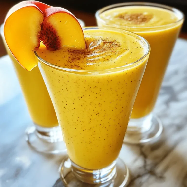 - 2 reife Pfirsiche - 1 gefrorene Banane - 1 Esslöffel frischer Ingwer - 1 Tasse Mandelmilch - Optionen für Milchalternativen - 1 Esslöffel Honig oder Agavensirup - 1 Esslöffel Chiasamen - 1/2 Teelöffel Zimt - Eiswürfel (optional) Die Hauptzutaten machen diesen Smoothie frisch und lecker. Die reifen Pfirsiche geben viel Geschmack und Süße. Achte darauf, dass die Pfirsiche reif sind. So erhältst du die beste Textur und den besten Geschmack. Die gefrorene Banane sorgt für eine cremige Konsistenz. Sie macht den Smoothie dick und angenehm. Frischer Ingwer bringt eine scharfe Note. Er fügt auch gesunde Vorteile hinzu. Ingwer hilft der Verdauung und gibt Energie. Die Flüssigkeitsbasis ist wichtig. Ich benutze Mandelmilch, aber du kannst auch andere Milchalternativen wählen. Soja-, Hafer- oder Kokosmilch sind gute Optionen. Sie geben unterschiedliche Geschmäcker. Zusätzliche Zutaten wie Honig oder Agavensirup machen den Smoothie süßer. Chiasamen sind nährstoffreich. Sie fügen Ballaststoffe und Omega-3-Fettsäuren hinzu. Zimt gibt einen warmen, würzigen Geschmack. Du kannst auch Eiswürfel hinzufügen. Das macht den Smoothie kühler und erfrischender. Wenn du den Smoothie dicker magst, sind sie perfekt. Für die beste Erfahrung probiere das Rezept mit diesen Zutaten aus. Das ist der Schlüssel zu einem tollen Ginger Peach Smoothie. Du findest das vollständige Rezept oben. Zuerst waschen Sie die Pfirsiche gründlich. Entfernen Sie die Kerne und schneiden Sie sie in kleine Stücke. Eine gefrorene Banane ist wichtig. Wenn Sie die Banane noch nicht gefroren haben, schneiden Sie sie in Scheiben und legen Sie sie für mindestens zwei Stunden in den Gefrierschrank. Jetzt ist es Zeit, die Zutaten zu mixen. Geben Sie die geschnittenen Pfirsiche, die gefrorene Banane, den geriebenen Ingwer und die Mandelmilch in einen Mixer. Achten Sie darauf, dass alle Zutaten gut verteilt sind. Mixen Sie alles bei hoher Stufe. Um den perfekten Geschmack zu finden, fügen Sie nach Belieben Honig oder Agavensirup hinzu. Chiasamen sind eine tolle Ergänzung für mehr Nährstoffe. Streuen Sie auch etwas Zimt hinein. Der Zimt gibt eine warme Note. Möchten Sie einen dickeren Smoothie? Fügen Sie einige Eiswürfel hinzu und mixen Sie erneut. Dies sorgt für eine cremige Textur. Mixen Sie solange, bis die Mischung glatt ist. Probieren Sie den Smoothie und passen Sie den Geschmack an. Wenn er süßer sein soll, geben Sie mehr Honig oder Ingwer hinzu. Gießen Sie den Smoothie in Gläser. Garnieren Sie ihn mit einer Pfirsichscheibe und einem Hauch Zimt. Servieren Sie ihn gut gekühlt. Für die vollständige Anleitung schauen Sie sich das [Full Recipe] an. Um die perfekte Konsistenz zu erreichen, ist die gefrorene Banane sehr wichtig. Sie macht den Smoothie schön cremig. Wenn du eine frische Banane verwendest, wird der Smoothie dünner und weniger lecker. Du kannst die Banane einfach in Scheiben schneiden und mindestens zwei Stunden einfrieren. Zusätzlich kannst du auch Eiswürfel verwenden. Diese fügen Kälte und Dicke hinzu. Wenn du die Eiswürfel mit den anderen Zutaten mixst, erhältst du einen erfrischenden und dicken Smoothie. Achte darauf, die Menge an Eiswürfeln anzupassen, um die gewünschte Konsistenz zu erreichen. Du kannst andere Früchte verwenden, um deinen Smoothie zu variieren. Zum Beispiel passen Mango oder Ananas gut zu Ingwer und Pfirsich. Diese Früchte bringen ihren eigenen, frischen Geschmack mit. Alternativen zu Chiasamen sind ebenfalls möglich. Du kannst Leinsamen oder Haferflocken verwenden. Diese Zutaten bieten ähnliche Nährstoffe und sorgen für eine tolle Textur. Probiere verschiedene Kombinationen aus, um deinen Lieblingsgeschmack zu finden. Ingwer hat viele Vorteile. Er kann Übelkeit lindern und das Immunsystem stärken. Der Geschmack von Ingwer bringt auch eine angenehme Schärfe in deinen Smoothie. Pfirsiche sind reich an Vitaminen und Antioxidantien. Sie fördern die Gesundheit der Haut und enthalten viel Wasser. Das macht sie perfekt für einen erfrischenden Smoothie. Chiasamen sind kleine Kraftpakete. Sie sind voll mit Ballaststoffen, Omega-3-Fettsäuren und Proteinen. Diese Nährstoffe helfen, dich länger satt zu halten und die Verdauung zu fördern. Wenn du mehr über die gesunde Ernährung erfahren möchtest, schau dir die Full Recipe an. {{image_4}} Wenn Sie eine milchfreie Option suchen, probieren Sie Mandeldrink, Sojamilch oder Hafermilch. Diese Alternativen sind leicht und passen gut zu den Aromen von Pfirsich und Ingwer. Mandeldrink hat einen milden, nussigen Geschmack. Sojamilch bietet eine cremige Konsistenz, während Hafermilch einen süßen, vollmundigen Geschmack liefert. Wählen Sie die, die Ihnen am besten gefällt. Um das Erlebnis zu erweitern, fügen Sie Spinat hinzu. Dadurch wird der Smoothie grün und gesund. Spinat hat einen milden Geschmack, der die Süße des Pfirsichs nicht überdeckt. Wenn Sie einen tropischen Touch möchten, ersetzen Sie die Mandelmilch durch Kokosmilch. Diese bringt einen cremigen, frischen Geschmack, der die Sinne verführt. Möchten Sie mehr Protein? Ersetzen Sie den Honig durch Proteinpulver oder Joghurt. Beide Optionen erhöhen den Nährwert. Proteinpulver ist in vielen Geschmäckern erhältlich. So können Sie den Geschmack Ihres Smoothies anpassen. Joghurt sorgt zudem für eine extra cremige Textur. Diese Booster machen den Ginger Peach Smoothie zu einer sättigenden Mahlzeit. Für das vollständige Rezept schauen Sie sich die [Full Recipe] an. Um den Ginger Peach Smoothie frisch zu halten, stelle ihn in den Kühlschrank. Nutze einen luftdichten Behälter. So bleibt der Geschmack lange erhalten. Achte darauf, dass der Behälter gut verschlossen ist, um Luft und Licht fernzuhalten. Das verhindert, dass der Smoothie oxidiert und seine Farbe verliert. Im Kühlschrank bleibt der Smoothie zwei bis drei Tage frisch. Nach dieser Zeit kann der Geschmack nachlassen. Um die besten Aromen zu genießen, trinke ihn am besten frisch. Du kannst den Smoothie auch einfrieren, um ihn länger haltbar zu machen. Gieße ihn in Eiswürfelschalen oder luftdichte Behälter. So kannst du kleine Portionen einfrieren. Zum Auftauen nimm die Portionen einfach aus dem Gefrierfach. Lasse sie über Nacht im Kühlschrank auftauen. Wenn du es eilig hast, lege die Portionen in warmes Wasser. Achte darauf, die gefrorenen Smoothies vor dem Trinken gut zu schütteln oder zu mixen. So erhältst du die cremige Konsistenz zurück, die du liebst. Um einen Ginger Peach Smoothie zu machen, benötigst du frische Zutaten. Die besten Zutaten sind reife Pfirsiche. Suche nach festem, saftigem Obst, das aromatisch riecht. Du kannst auch gefrorene Früchte verwenden. Diese sind oft praktisch und leicht erhältlich. Ich kaufe meine Zutaten gerne auf dem Markt. Dort finde ich frische, lokale Produkte. Achte darauf, dass die Pfirsiche keine Druckstellen haben. Reife Pfirsiche haben eine schöne Farbe und sind leicht weich. Frischer Ingwer sollte fest und glatt sein. Der Ginger Peach Smoothie ist sehr gesund. Die Pfirsiche sind reich an Vitaminen und Antioxidantien. Ingwer hat entzündungshemmende Eigenschaften. Ja, dieser Smoothie ist gut für die Verdauung. Ingwer kann Übelkeit lindern. Die Ballaststoffe aus den Pfirsichen helfen, den Darm gesund zu halten. Ja, du kannst den Smoothie im Voraus machen. Mixe die Zutaten und lagere sie im Kühlschrank. Du kannst verschiedene Früchte hinzufügen. Zum Beispiel Bananen oder Beeren. Auch eine pflanzliche Milchalternative passt gut. Ja, der Smoothie ist für Kinder geeignet. Die süßen Pfirsiche und die Banane sorgen für einen tollen Geschmack. Du kannst ihn ab einem Jahr anbieten. Achte darauf, dass die Zutaten gut verträglich sind. Zusammenfassend haben wir die wichtigsten Zutaten für einen köstlichen Ginger Peach Smoothie besprochen. Wir haben auch die Schritte zur Zubereitung und Tipps für die perfekte Konsistenz behandelt. Denke daran, die Zutaten nach deinem Geschmack anzupassen. Dieser Smoothie ist nicht nur lecker, sondern auch gesund. Er bringt viele Vorteile für deinen Körper. Du kannst mit verschiedenen Früchten und Flüssigkeiten experimentieren. Probiere es aus und finde deinen perfekten Smoothie!