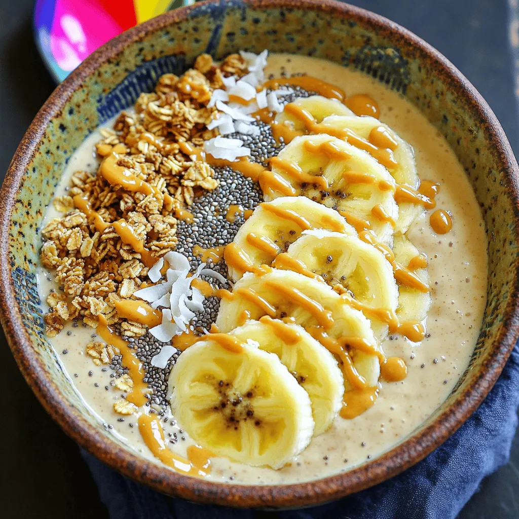 - Gefrorene Bananen - Mandelmilch oder Milch nach Wahl - Natürliche Erdnussbutter Die Hauptzutaten sind einfach und leicht zu finden. Gefrorene Bananen geben der Schüssel eine cremige Textur. Ich empfehle, reife Bananen zu wählen. Dadurch wird die Süße besser. Mandelmilch ist eine gute Wahl für eine nussige Note. Du kannst auch normale Milch verwenden, wenn du magst. Natürliche Erdnussbutter bringt den echten Erdnussgeschmack in die Schüssel. Achte darauf, eine ohne Zuckerzusatz zu wählen. Das macht die Smoothie-Schüssel gesünder. - Honig oder Ahornsirup - Vanilleextrakt Diese Zutaten sind nicht notwendig, aber sie können den Geschmack verbessern. Ein Esslöffel Honig oder Ahornsirup macht die Schüssel süßer. Vanilleextrakt bringt ein warmes Aroma. Du kannst beides nach Geschmack hinzufügen. Wenn du es weniger süß magst, lass einfach den Honig weg. - Geschnittene Banane - Granola - Chiasamen - Kokosraspeln - zusätzlicher Erdnussbutter Die Toppings machen die Smoothie-Schüssel bunt und interessant. Geschnittene Bananen sind ein Muss, weil sie frisch und süß sind. Granola gibt einen tollen Crunch. Chiasamen sind gesund und fügen Ballaststoffe hinzu. Kokosraspeln bringen eine tropische Note. Ein Schuss Erdnussbutter oben drauf ist eine leckere Ergänzung. Du kannst kreativ sein und deine Lieblingszutaten wählen. Für das vollständige Rezept, schau dir die [Full Recipe] an. Zuerst nehmen Sie die gefrorenen Bananen aus dem Gefrierfach. Diese Bananen geben der Smoothie-Schüssel eine cremige Textur. Wenn Sie keine gefrorenen Bananen haben, können Sie frische Bananen in Stücke schneiden und sie für ein paar Stunden einfrieren. Als Nächstes wählen Sie Ihre Flüssigkeitsbasis. Ich empfehle Mandelmilch, aber jede Milch funktioniert gut. Gießen Sie eine Tasse Milch in den Mixer. So wird die Mischung schön glatt. Jetzt kommen die Zutaten in den Mixer. Geben Sie die gefrorenen Bananen, die Mandelmilch und drei Esslöffel Erdnussbutter hinein. Fügen Sie auch einen Esslöffel Honig oder Ahornsirup hinzu, wenn Sie es süßer mögen. Ein kleiner Spritzer Vanilleextrakt bringt zusätzlichen Geschmack. Schalten Sie den Mixer ein und pürieren Sie die Mischung. Mixen Sie alles bei hoher Geschwindigkeit, bis es ganz glatt ist. Wenn nötig, schieben Sie die Mischung von den Seiten des Mixers nach unten. Das Ziel ist eine dicke, löffelbare Konsistenz. Gießen Sie die glatte Smoothiebasis in eine Schüssel. Jetzt wird es kreativ! Fügen Sie Ihre Lieblings-Toppings hinzu. Beginnen Sie mit geschnittenen Bananen und streuen Sie etwas Granola darüber. Chiasamen und Kokosraspeln verleihen zusätzliche Knusprigkeit. Zum Schluss geben Sie einen Schuss Erdnussbutter über die Toppings. Dies sieht nicht nur gut aus, sondern schmeckt auch toll! Genießen Sie die Smoothie-Schüssel sofort für die beste Textur. Werfen Sie einen Blick auf das [Full Recipe] für mehr Details! Um die Smoothie-Schüssel dicker zu machen, benutze gefrorene Bananen. Sie geben eine cremige Basis. Wenn die Mischung zu flüssig ist, füge mehr gefrorene Bananen hinzu. Ein weiterer Tipp ist, etwas weniger Milch zu verwenden. Mixe die Zutaten gut, bis sie weich und glatt sind. Um die Süße anzupassen, probiere die Mischung. Füge Honig oder Ahornsirup nach Geschmack hinzu. Mixe erneut, damit sich die Süße gut verteilt. Achte darauf, nicht zu viel hinzuzufügen, damit die anderen Geschmäcker nicht überdeckt werden. Die Anordnung von Toppings macht die Schüssel besonders ansprechend. Beginne mit geschnittenen Bananen in der Mitte. Füge dann Granola gleichmäßig um die Bananen hinzu. Streue Chiasamen und Kokosraspeln darüber. So sieht die Schüssel einladend aus. Farbige Löffel bringen Spaß in die Präsentation. Nutze einen bunten Löffel, um die Schüssel zu servieren. Du kannst auch ein paar essbare Blumen oder Minzblätter hinzufügen. Das macht die Schüssel noch schöner. Für mehr Nährstoffe kannst du Spinat oder Grünkohl hinzugeben. Diese Zutaten haben wenig Geschmack, fügen aber viele Vitamine hinzu. Ein Löffel Chiasamen erhöht den Ballaststoffgehalt. Wenn du Proteinpulver verwenden möchtest, füge es einfach zu den anderen Zutaten hinzu. Achte darauf, dass es gut gemischt ist. So bleibt die Konsistenz der Smoothie-Schüssel angenehm löffelbar. {{image_4}} Um eine vegane Erdnussbutter-Bananen-Smoothie-Schüssel zu machen, können Sie die Milch ersetzen. Nutzen Sie pflanzliche Alternativen wie Mandelmilch oder Hafermilch. Diese Optionen sind cremig und lecker. Wenn Sie Süße hinzufügen möchten, verwenden Sie Ahornsirup statt Honig. Ahornsirup bietet einen köstlichen, natürlichen Geschmack, der gut zu den Bananen passt. Möchten Sie Ihrer Smoothie-Schüssel mehr Geschmack geben? Fügen Sie Schokoladensirup hinzu. Es sorgt für eine süße Note und passt gut zur Erdnussbutter. Sie können auch frische Beeren verwenden. Himbeeren oder Blaubeeren bringen eine fruchtige Frische. Eine Mischung aus verschiedenen Nussbutter-Sorten ist ebenfalls eine tolle Idee. Kombinieren Sie Erdnussbutter mit Mandel- oder Cashewbutter für neue Geschmackserlebnisse. Für eine tropische Variante können Sie Ananas und Kokos hinzufügen. Diese Zutaten geben der Schüssel einen sonnigen, fruchtigen Geschmack. Ein grüner Smoothie ist auch möglich. Fügen Sie Spinat oder Grünkohl hinzu, um Ihre Smoothie-Schüssel gesünder zu machen. Diese Zutaten sind voll von Nährstoffen und geben der Schüssel eine schöne grüne Farbe. Um die Mischung frisch zu halten, lege die Smoothiebasis in einen luftdichten Behälter. Stelle den Behälter in den Kühlschrank. So bleibt die Mischung zwei Tage lang gut. Die ungemischten Zutaten kannst du auch lagern. Gefrorene Bananen halten sich bis zu drei Monate. Mandelmilch ist ungeöffnet bis zu einem Jahr haltbar. Für die Toppings solltest du frische Zutaten wählen. Bewahre die geschnittenen Bananen in einem separaten Behälter auf. Sie bleiben frisch für etwa einen Tag. Granola solltest du an einem trockenen Ort lagern, damit es knusprig bleibt. Die ideale Lagerung erfolgt bei Raumtemperatur. So bleiben die Toppings frisch und lecker. Falls du Reste hast, kannst du sie einfrieren. Fülle die Mischung in einen gefriergeeigneten Behälter. Achte darauf, etwas Platz zu lassen, da die Mischung beim Gefrieren expandiert. Zum Auftauen nimm die Mischung einen Tag vorher aus dem Gefrierfach. Lasse sie im Kühlschrank oder bei Raumtemperatur auftauen. Wenn du es eilig hast, kannst du die Mischung auch in der Mikrowelle leicht erwärmen. Um eine perfekte Smoothie-Schüssel zu machen, beginne mit gefrorenen Bananen. Diese geben der Schüssel eine schöne, dicke Konsistenz. Nutze einen starken Mixer, um alle Zutaten gut zu vermischen. Achte darauf, die Mischung nicht zu lange zu mixen. So bleibt sie schön cremig. Eine gute Technik ist, die Flüssigkeit zuerst in den Mixer zu geben. Danach kommen die gefrorenen Bananen und die Erdnussbutter. Mixe alles bis zur gewünschten Konsistenz. Wenn die Mischung zu dick ist, füge mehr Flüssigkeit hinzu. Für eine löffelbare Schüssel sollte die Konsistenz dick, aber nicht fest sein. Es gibt viele großartige Alternativen zu Erdnussbutter. Du kannst Mandelbutter oder Cashewbutter verwenden. Diese Nussbutter haben einen milden Geschmack und eine cremige Textur. Sonnenblumenbutter ist auch eine gute Wahl, besonders für Allergiker. Diese Butter sind reich an Proteinen und gesunden Fettsäuren. Wenn du eine Samenbutter ausprobieren möchtest, empfehle ich Tahini oder Hanfsamenbutter. Beide bieten einzigartige Geschmäcker und Nährstoffe. So hast du viele Optionen, um deinen Smoothie individuell zu gestalten. Ja, du kannst die Smoothie-Schüssel im Voraus zubereiten. Mache die Basis einfach am Abend zuvor. Lagere sie in einem luftdichten Behälter im Kühlschrank. So bleibt die Mischung frisch. Am nächsten Morgen kannst du einfach die Toppings hinzufügen. Wenn du die Schüssel für später machen möchtest, mische die Zutaten, aber füge die Toppings erst kurz vor dem Servieren hinzu. Das sorgt dafür, dass alles knusprig und frisch bleibt. Eine Portion dieser Erdnussbutter-Bananen-Smoothie-Schüssel hat etwa 400 Kalorien. Diese Zahl kann variieren, je nachdem, welche Toppings du verwendest. Wenn du mehr Obst oder weniger Erdnussbutter hinzufügst, ändert sich die Kalorienanzahl. Die Hauptkalorienquelle sind die Bananen und die Erdnussbutter. Bananen sind reich an Nährstoffen und geben dir Energie. Erdnussbutter liefert gesunde Fette und Proteine. Diese Kombination macht die Schüssel nicht nur lecker, sondern auch nahrhaft. Diese Anleitung zeigt Ihnen, wie Sie eine leckere Smoothie-Schüssel zubereiten können. Wir haben die wichtigsten Zutaten wie gefrorene Bananen und Erdnussbutter besprochen. Sie können auch kreativ mit Toppings und Variationen umgehen. Denken Sie daran, die Konsistenz nach Ihrem Geschmack anzupassen. Lagern Sie Reste richtig, um Frische zu bewahren. Einfache Tipps helfen Ihnen, die perfekte Smoothie-Schüssel zu gestalten. Schöpfen Sie aus unserem Wissen, um Ihren Eigenen zu kreieren. Viel Spaß beim Mixen!