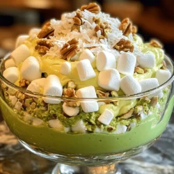 Um einen leckeren Classic Watergate Salad zuzubereiten, brauchen Sie: - 1 (100 g) Packung Instant Pistazienpudding-Mix - 240 ml zerdrückte Ananas, inkl. Saft - 240 ml Mini-Marshmallows - 240 ml gesüßte Kokosraspeln - 240 ml gehackte Walnüsse oder Pekannüsse - 240 ml Schlagsahne - 2 Esslöffel Puderzucker - 1 Teelöffel Vanilleextrakt Jede dieser Zutaten hat ihren eigenen Geschmack und trägt zur Gesamttextur bei. Der Pistazienpudding gibt dem Salat eine schöne grüne Farbe. Die Ananas bringt eine fruchtige Süße, während die Mini-Marshmallows für etwas Spaß und Luftigkeit sorgen. Die gesüßten Kokosraspeln fügen einen tropischen Kick hinzu. Die Nüsse bieten einen tollen Crunch. Schlagsahne, Puderzucker und Vanilleextrakt runden das Ganze ab und sorgen für eine cremige Konsistenz. Wenn Sie nach Alternativen suchen, gibt es einige Optionen: - Für vegane Optionen können Sie pflanzliche Schlagsahne verwenden. Diese sind leicht erhältlich. - Achten Sie darauf, glutenfreie Zutaten zu wählen, um den Salat für alle geeignet zu machen. Der Pudding-Mix kann oft glutenfrei sein, prüfen Sie die Verpackung. Mit diesen Zutaten und Alternativen können Sie Ihren Classic Watergate Salad ganz nach Ihrem Geschmack anpassen. Erleben Sie den Spaß beim Zubereiten dieses klassischen Rezeptes! Wenn Sie die genauen Schritte wissen wollen, schauen Sie sich das [Full Recipe] an. Zuerst nimmst du die große Schüssel. Mische den Instant Pistazienpudding-Mix mit der zerdrückten Ananas. Vergiss nicht, den Saft von der Ananas dazu zu geben. Rühre die Mischung gut um. Nach ein paar Minuten wird der Pudding dicker. Das ist ein gutes Zeichen! Jetzt kommt der spaßige Teil! Füge die Mini-Marshmallows, die gesüßte Kokosraspeln und die gehackten Walnüsse hinzu. Mische alles sanft unter die Pudding-Ananas-Mischung. Achte darauf, dass alles gleichmäßig verteilt ist. Es sollte bunt und einladend aussehen! Für die Schlagsahne brauchst du eine separate Schüssel. Gib die Schlagsahne, den Puderzucker und den Vanilleextrakt hinein. Schlage die Mischung steif, bis weiche Spitzen entstehen. Sei vorsichtig, nicht zu lange zu schlagen, sonst wird die Sahne zu fest. Jetzt hebe die geschlagene Sahne vorsichtig unter die Puddingmischung. Gehe sanft vor, um die luftige Textur zu bewahren. Die Kühlzeit ist sehr wichtig. Decke die Schüssel ab und stelle sie für mindestens eine Stunde in den Kühlschrank. So können sich die Aromen gut entfalten. Der Salat wird schön kühl und lecker. Vor dem Servieren rühre den Salat sanft um. So wird die Mischung wieder locker. Für das gesamte Rezept, schau dir die [Full Recipe] an. Um die Schlagsahne perfekt zu schlagen, beginne mit kalter Sahne. Verwende eine kühle Schüssel, um die Temperatur niedrig zu halten. Schlage die Sahne mit einem Handmixer oder einer Küchenmaschine. Achte darauf, die Schlagsahne nicht zu übermixen. Wenn sie steif ist, ist sie fertig. Um die Textur leicht und luftig zu halten, hebe die geschlagene Sahne sanft unter die Puddingmischung. Vermeide starkes Rühren. Das macht den Salat cremig und luftig. Wenn du die Sahne zu fest drückst, wird die Mischung schwer. Serviere den Salat in einer klaren Glasschüssel. So sieht man die schönen, grünen und weißen Schichten. Eine klare Schüssel macht das Gericht attraktiver. Für die Garnierung empfehle ich, ein paar gehackte Walnüsse obenauf zu streuen. Eine Prise Kokosraspeln gibt zusätzlichen Geschmack. Diese einfachen Schritte machen den Salat noch einladender und leckerer. {{image_4}} Eine spannende Idee ist es, verschiedene Früchte hinzuzufügen. Erdbeeren oder Bananen passen perfekt. Sie bringen eine frische Note. Schneiden Sie die Früchte klein und mischen Sie sie vorsichtig unter die Mischung. So bleibt der Salat lecker und fruchtig. Probieren Sie es aus! Wenn Sie Nüsse mögen, aber Walnüsse nicht haben, probieren Sie Mandeln oder Pekannüsse. Diese Nüsse bringen ihren eigenen Geschmack. Hacken Sie sie grob und heben Sie sie in den Salat. So wird jede Portion knusprig und besonders. Es macht Spaß, mit verschiedenen Nüssen zu experimentieren. Die Puddinggeschmacksrichtungen sind auch variabel. Sie können Schokolade oder Vanille verwenden. So ändern Sie den gesamten Geschmack des Salats. Mischen Sie einfach den gewünschten Pudding-Mix mit der Ananas. Das Ergebnis ist eine neue, köstliche Variante. Seien Sie kreativ und finden Sie Ihren Favoriten! Für das komplette Rezept schauen Sie sich den [Full Recipe] an. Um den Geschmack des Watergate Salats frisch zu halten, decken Sie die Schüssel gut ab. Verwenden Sie Frischhaltefolie oder einen luftdichten Deckel. So bleibt der Salat kühl und die Aromen bleiben stark. Lagern Sie den Salat immer im Kühlschrank. Der Kühlschrank hilft, die frischen Zutaten zu schützen und den Salat lecker zu halten. Für die Aufbewahrung empfehle ich, eine Glas- oder Kunststoffschüssel zu verwenden. Glas zeigt die bunten Schichten schön. Kunststoff ist leicht und bruchsicher. Der Watergate Salat hält sich im Kühlschrank etwa 3 bis 5 Tage. Achten Sie darauf, ihn vor dem Servieren gut umzurühren, um die Textur aufzulockern. Für die vollständige Anleitung und Zutatenliste, schauen Sie sich das [Full Recipe] an. Der Classic Watergate Salad bleibt im Kühlschrank bis zu fünf Tage frisch. Lagern Sie ihn in einem luftdichten Behälter. So bleibt der Geschmack gut. Achten Sie darauf, dass er nicht zu lange steht. Danach kann die Konsistenz und der Geschmack leiden. Ja, Sie können den Salat bis zu zwei Tage im Voraus machen. Bereiten Sie ihn einfach wie im Rezept beschrieben vor. Stellen Sie sicher, dass Sie ihn gut abdecken. So bleibt er frisch und lecker. Wenn Sie ihn servieren, können Sie ihn kurz umrühren. Das macht ihn wieder fluffig und ansprechend. Ja, Watergate Salad ist glutenfrei. Die Hauptzutaten, wie der Pistazienpudding-Mix und die Ananas, enthalten kein Gluten. Prüfen Sie jedoch die Verpackung des Pudding-Mixes. Manchmal können Zusatzstoffe enthalten sein. Wenn Sie auf Nummer sicher gehen wollen, wählen Sie glutenfreie Marken. Der Classic Watergate Salad ist einfach und lecker. Wir haben die Hauptzutaten wie Pistazienpudding und Ananas besprochen. Auch alternative Zutaten, wie vegane Schlagsahne, sind möglich. Die Zubereitung erfordert nur einige Schritte, die leicht zu folgen sind. Es ist wichtig, den Salat richtig zu kühlen, um den besten Geschmack zu erzielen. Zudem bieten unsere Tipps zur Präsentation und Variationen vielfältige Möglichkeiten. Experimentiere mit Früchten und Nüssen, um deinen eigenen Spin zu finden. Nutze die Informationen, um deinen perfekten Watergate Salad zu kreieren.