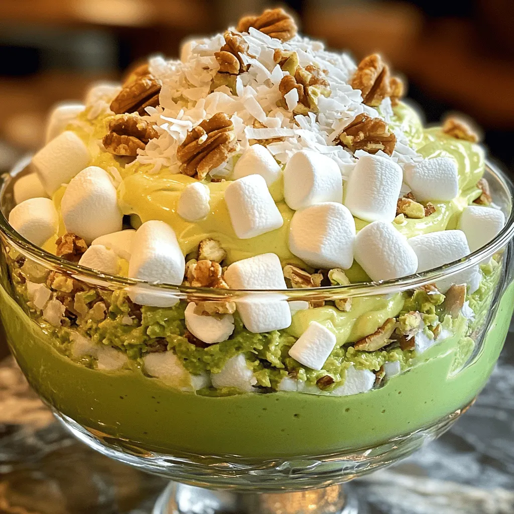 Um einen leckeren Classic Watergate Salad zuzubereiten, brauchen Sie: - 1 (100 g) Packung Instant Pistazienpudding-Mix - 240 ml zerdrückte Ananas, inkl. Saft - 240 ml Mini-Marshmallows - 240 ml gesüßte Kokosraspeln - 240 ml gehackte Walnüsse oder Pekannüsse - 240 ml Schlagsahne - 2 Esslöffel Puderzucker - 1 Teelöffel Vanilleextrakt Jede dieser Zutaten hat ihren eigenen Geschmack und trägt zur Gesamttextur bei. Der Pistazienpudding gibt dem Salat eine schöne grüne Farbe. Die Ananas bringt eine fruchtige Süße, während die Mini-Marshmallows für etwas Spaß und Luftigkeit sorgen. Die gesüßten Kokosraspeln fügen einen tropischen Kick hinzu. Die Nüsse bieten einen tollen Crunch. Schlagsahne, Puderzucker und Vanilleextrakt runden das Ganze ab und sorgen für eine cremige Konsistenz. Wenn Sie nach Alternativen suchen, gibt es einige Optionen: - Für vegane Optionen können Sie pflanzliche Schlagsahne verwenden. Diese sind leicht erhältlich. - Achten Sie darauf, glutenfreie Zutaten zu wählen, um den Salat für alle geeignet zu machen. Der Pudding-Mix kann oft glutenfrei sein, prüfen Sie die Verpackung. Mit diesen Zutaten und Alternativen können Sie Ihren Classic Watergate Salad ganz nach Ihrem Geschmack anpassen. Erleben Sie den Spaß beim Zubereiten dieses klassischen Rezeptes! Wenn Sie die genauen Schritte wissen wollen, schauen Sie sich das [Full Recipe] an. Zuerst nimmst du die große Schüssel. Mische den Instant Pistazienpudding-Mix mit der zerdrückten Ananas. Vergiss nicht, den Saft von der Ananas dazu zu geben. Rühre die Mischung gut um. Nach ein paar Minuten wird der Pudding dicker. Das ist ein gutes Zeichen! Jetzt kommt der spaßige Teil! Füge die Mini-Marshmallows, die gesüßte Kokosraspeln und die gehackten Walnüsse hinzu. Mische alles sanft unter die Pudding-Ananas-Mischung. Achte darauf, dass alles gleichmäßig verteilt ist. Es sollte bunt und einladend aussehen! Für die Schlagsahne brauchst du eine separate Schüssel. Gib die Schlagsahne, den Puderzucker und den Vanilleextrakt hinein. Schlage die Mischung steif, bis weiche Spitzen entstehen. Sei vorsichtig, nicht zu lange zu schlagen, sonst wird die Sahne zu fest. Jetzt hebe die geschlagene Sahne vorsichtig unter die Puddingmischung. Gehe sanft vor, um die luftige Textur zu bewahren. Die Kühlzeit ist sehr wichtig. Decke die Schüssel ab und stelle sie für mindestens eine Stunde in den Kühlschrank. So können sich die Aromen gut entfalten. Der Salat wird schön kühl und lecker. Vor dem Servieren rühre den Salat sanft um. So wird die Mischung wieder locker. Für das gesamte Rezept, schau dir die [Full Recipe] an. Um die Schlagsahne perfekt zu schlagen, beginne mit kalter Sahne. Verwende eine kühle Schüssel, um die Temperatur niedrig zu halten. Schlage die Sahne mit einem Handmixer oder einer Küchenmaschine. Achte darauf, die Schlagsahne nicht zu übermixen. Wenn sie steif ist, ist sie fertig. Um die Textur leicht und luftig zu halten, hebe die geschlagene Sahne sanft unter die Puddingmischung. Vermeide starkes Rühren. Das macht den Salat cremig und luftig. Wenn du die Sahne zu fest drückst, wird die Mischung schwer. Serviere den Salat in einer klaren Glasschüssel. So sieht man die schönen, grünen und weißen Schichten. Eine klare Schüssel macht das Gericht attraktiver. Für die Garnierung empfehle ich, ein paar gehackte Walnüsse obenauf zu streuen. Eine Prise Kokosraspeln gibt zusätzlichen Geschmack. Diese einfachen Schritte machen den Salat noch einladender und leckerer. {{image_4}} Eine spannende Idee ist es, verschiedene Früchte hinzuzufügen. Erdbeeren oder Bananen passen perfekt. Sie bringen eine frische Note. Schneiden Sie die Früchte klein und mischen Sie sie vorsichtig unter die Mischung. So bleibt der Salat lecker und fruchtig. Probieren Sie es aus! Wenn Sie Nüsse mögen, aber Walnüsse nicht haben, probieren Sie Mandeln oder Pekannüsse. Diese Nüsse bringen ihren eigenen Geschmack. Hacken Sie sie grob und heben Sie sie in den Salat. So wird jede Portion knusprig und besonders. Es macht Spaß, mit verschiedenen Nüssen zu experimentieren. Die Puddinggeschmacksrichtungen sind auch variabel. Sie können Schokolade oder Vanille verwenden. So ändern Sie den gesamten Geschmack des Salats. Mischen Sie einfach den gewünschten Pudding-Mix mit der Ananas. Das Ergebnis ist eine neue, köstliche Variante. Seien Sie kreativ und finden Sie Ihren Favoriten! Für das komplette Rezept schauen Sie sich den [Full Recipe] an. Um den Geschmack des Watergate Salats frisch zu halten, decken Sie die Schüssel gut ab. Verwenden Sie Frischhaltefolie oder einen luftdichten Deckel. So bleibt der Salat kühl und die Aromen bleiben stark. Lagern Sie den Salat immer im Kühlschrank. Der Kühlschrank hilft, die frischen Zutaten zu schützen und den Salat lecker zu halten. Für die Aufbewahrung empfehle ich, eine Glas- oder Kunststoffschüssel zu verwenden. Glas zeigt die bunten Schichten schön. Kunststoff ist leicht und bruchsicher. Der Watergate Salat hält sich im Kühlschrank etwa 3 bis 5 Tage. Achten Sie darauf, ihn vor dem Servieren gut umzurühren, um die Textur aufzulockern. Für die vollständige Anleitung und Zutatenliste, schauen Sie sich das [Full Recipe] an. Der Classic Watergate Salad bleibt im Kühlschrank bis zu fünf Tage frisch. Lagern Sie ihn in einem luftdichten Behälter. So bleibt der Geschmack gut. Achten Sie darauf, dass er nicht zu lange steht. Danach kann die Konsistenz und der Geschmack leiden. Ja, Sie können den Salat bis zu zwei Tage im Voraus machen. Bereiten Sie ihn einfach wie im Rezept beschrieben vor. Stellen Sie sicher, dass Sie ihn gut abdecken. So bleibt er frisch und lecker. Wenn Sie ihn servieren, können Sie ihn kurz umrühren. Das macht ihn wieder fluffig und ansprechend. Ja, Watergate Salad ist glutenfrei. Die Hauptzutaten, wie der Pistazienpudding-Mix und die Ananas, enthalten kein Gluten. Prüfen Sie jedoch die Verpackung des Pudding-Mixes. Manchmal können Zusatzstoffe enthalten sein. Wenn Sie auf Nummer sicher gehen wollen, wählen Sie glutenfreie Marken. Der Classic Watergate Salad ist einfach und lecker. Wir haben die Hauptzutaten wie Pistazienpudding und Ananas besprochen. Auch alternative Zutaten, wie vegane Schlagsahne, sind möglich. Die Zubereitung erfordert nur einige Schritte, die leicht zu folgen sind. Es ist wichtig, den Salat richtig zu kühlen, um den besten Geschmack zu erzielen. Zudem bieten unsere Tipps zur Präsentation und Variationen vielfältige Möglichkeiten. Experimentiere mit Früchten und Nüssen, um deinen eigenen Spin zu finden. Nutze die Informationen, um deinen perfekten Watergate Salad zu kreieren.