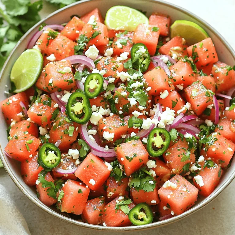 - 4 Tassen Wassermelone, gewürfelt - 1/2 rote Zwiebel, dünn geschnitten - 1 Jalapeño, fein gewürfelt (Kerne entfernt für weniger Schärfe) - 1/4 Tasse frischer Koriander, gehackt - 1 Limette, ausgepresst (ca. 2 Esslöffel) - 2 Esslöffel Olivenöl - 1 Teelöffel Chilipulver - Salz und Pfeffer nach Geschmack - Feta-Käse, zerbröselt (optional, zur Garnierung) - Limettenschnitze, zur Garnierung Wenn ich diesen Salat mache, beginne ich immer mit frischer Wassermelone. Sie gibt dem Gericht eine süße Basis. Achte darauf, dass sie reif und saftig ist. Dann nehme ich eine rote Zwiebel. Ihre Schärfe passt gut zur Süße der Melone. Für etwas Würze füge ich Jalapeños hinzu. Entferne die Kerne, wenn du es milder magst. Frischer Koriander bringt frischen Geschmack. Ich hacke ihn grob und mische ihn unter die anderen Zutaten. Der Saft der Limette gibt dem Salat eine spritzige Note. Das Olivenöl sorgt für eine angenehme Textur. Chilipulver fügt die richtige Menge an Hitze hinzu. Ich salze und pfeffere den Salat nach Geschmack. Wenn du es cremiger magst, füge zerbröselten Feta-Käse hinzu. Limettenschnitze sind eine schöne Garnierung. Diese Zutaten machen den Chili-Limetten-Wassermelonen-Salat frisch und lecker. Du kannst das komplette Rezept [hier](Full Recipe) finden. Zuerst würfelst du die Wassermelone in kleine Stücke. Achte darauf, dass sie süß und frisch ist. Danach schneidest du die rote Zwiebel in dünne Scheiben. Diese geben dem Salat einen schönen Crunch. Jetzt kommt die Jalapeño. Schneide sie fein und entferne die Kerne, wenn du es weniger scharf magst. Zum Schluss hackst du den frischen Koriander. Der Koriander bringt einen tollen Geschmack und sieht schön aus. In einer kleinen Schüssel vermischst du den Limettensaft mit dem Olivenöl. Das gibt dem Dressing einen frischen Kick. Füge dann das Chilipulver hinzu. Ein bisschen Salz und Pfeffer runden den Geschmack ab. Rühre alles gut um, damit sich die Aromen verbinden. Jetzt ist es Zeit, alles zusammenzubringen. Gib die gewürfelte Wassermelone, die Zwiebel, die Jalapeño und den Koriander in eine große Schüssel. Gieße das Dressing gleichmäßig darüber. Mische alles vorsichtig, damit die Wassermelonenwürfel nicht zerdrückt werden. Lass den Salat für etwa 10 Minuten ruhen, damit die Aromen gut durchziehen. Du kannst ihn dann mit zerbröseltem Feta-Käse und Limettenschnitzen garnieren. So sieht der Salat besonders einladend aus! Für die vollständige Anleitung schau dir das [Full Recipe] an. Um eine frische Wassermelone zu wählen, achte auf die Farbe. Sie sollte tiefgrün sein. Die Schale darf keine Dellen oder Risse haben. Klopfe leicht auf die Melone. Ein hohler Klang zeigt, dass sie reif ist. Außerdem sollte sie schwer für ihre Größe sein. Diese Merkmale helfen dir, die beste Melone auszuwählen. Du kannst den Geschmack des Salats leicht anpassen. Wenn du es schärfer magst, füge mehr Jalapeños hinzu. Wenn du eine mildere Version willst, nimm weniger Chili. Der Limettensaft kann auch variieren. Ein spritzigerer Geschmack kommt mit mehr Limette. Probiere verschiedene Mengen aus, bis es dir gefällt. So wird der Salat genau nach deinem Geschmack. Dieser Salat passt gut zu vielen Gerichten. Er ist perfekt für Grillabende oder Picknicks. Du kannst ihn auch mit Tacos oder gegrilltem Fisch servieren. Ein frischer Cocktail oder Eistee ergänzt das Mahl. Verwende den Salat als Beilage oder Hauptgericht. Lass deiner Kreativität freien Lauf, um neue Kombinationen zu finden. {{image_4}} Du kannst diesem Salat eine neue Note geben. Füge Mango oder Ananas hinzu. Diese Früchte bringen Süße und Frische. Beide passen gut zur Wassermelone. Einfach die Früchte würfeln und unter die anderen Zutaten mischen. Das sorgt für eine spannende Geschmackskombination. Wenn du den Salat vegan machen möchtest, ersetze den Feta-Käse. Du kannst ihn einfach weglassen. Stattdessen kannst du Avocado hinzufügen. Sie macht den Salat cremig und lecker. Achte darauf, die Avocado in kleine Stücke zu schneiden. So bleibt der Salat schön bunt und ansprechend. Möchtest du es schärfer? Verwende mehr Jalapeños oder Chili. Du kannst auch frische Chilis hinzufügen. Achte darauf, die Kerne zu entfernen, wenn du weniger Schärfe willst. Experimentiere mit der Menge, um deinen perfekten Schärfegrad zu finden. So wird der Salat zu einem echten Hit! Bewahre deinen Chili-Limetten-Wassermelonen-Salat in einem luftdichten Behälter im Kühlschrank auf. So bleibt er frisch und lecker. Diese Methode schützt den Salat vor Luft und Feuchtigkeit. Stelle sicher, dass der Behälter gut geschlossen ist. Beachte die Frische und Konsistenz der Zutaten. Der Salat schmeckt am besten, wenn du ihn innerhalb von zwei Tagen isst. Nach dieser Zeit kann die Wassermelone matschig werden. Achte darauf, den Salat vor dem Servieren zu prüfen. Wenn er seltsam riecht oder die Textur ändert, solltest du ihn nicht mehr essen. Es ist nicht ideal, diesen Salat einzufrieren. Die Wassermelone verliert beim Einfrieren ihre Struktur. Wenn du trotzdem einfrieren möchtest, bereite den Salat ohne Dressing vor. Fülle die Zutaten in einen Behälter und friere sie ein. Wenn du bereit bist, ihn zu essen, taue die Mischung im Kühlschrank auf. Füge dann das Dressing frisch hinzu. So bleibt der Geschmack besser erhalten. Zu Chili-Limetten-Wassermelonen-Salat passen viele Beilagen. Hier sind einige Ideen: - Gegrilltes Hähnchen oder Garnelen - Tortilla-Chips mit Guacamole - Frisch gebackenes Brot - Reis- oder Quinoasalat - Ein einfaches Gemüsegericht Diese Beilagen ergänzen den frischen Geschmack des Salats. Sie bieten eine schöne Auswahl für verschiedene Anlässe, wie Grillpartys oder Picknicks. Ja, du kannst den Salat im Voraus zubereiten. Bereite die Zutaten bis zu einem Tag vorher vor. Lagere die Wassermelone, Zwiebel und Jalapeño in einem luftdichten Behälter. Mache das Dressing separat. Mische alles erst kurz vor dem Servieren. So bleibt die Wassermelone frisch und knackig. Um den Schärfegrad anzupassen, kannst du die Jalapeños variieren. Hier sind einige Tipps: - Verwende mehr Jalapeños für mehr Schärfe. - Lass die Kerne in den Jalapeños, um die Schärfe zu erhöhen. - Ersetze Jalapeños durch milde Paprika für weniger Schärfe. Die Anpassungen helfen dir, den Salat nach deinem Geschmack zu gestalten. Experimentiere mit verschiedenen Mengen, um die perfekte Balance zu finden. Dieser Artikel hat dir gezeigt, wie du einen frischen Wassermelonen-Salat zubereiten kannst. Du hast die Zutaten kennengelernt und die Schritte zur Zubereitung erfahren. Mit unseren Tipps und Variationen kannst du den Salat an deinen Geschmack anpassen. Denke auch an die Lagerung, damit er frisch bleibt. Der Wassermelonen-Salat ist einfach und lecker. Perfekt für den Sommer! Probier es selbst aus und genieße die Vielfältigkeit!