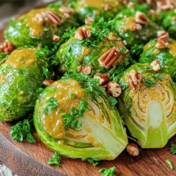 - 450 g Rosenkohl - 3 Esslöffel Olivenöl - 2 Esslöffel Ahornsirup - 1 Esslöffel Dijon-Senf - 1 Teelöffel Knoblauchpulver - Salz und schwarzer Pfeffer - 60 g Pekannüsse - 2 Esslöffel frische Petersilie In diesem Rezept sind die Hauptzutaten sehr wichtig. Der Rosenkohl gibt den Bissen und die Textur. Das Olivenöl sorgt für die perfekte Röstaromen. Ahornsirup bringt eine süße Note, die gut mit dem Dijon-Senf harmoniert. Die Gewürze sind einfach, aber sehr wirkungsvoll. Knoblauchpulver fügt einen tollen Geschmack hinzu, während Salz und Pfeffer die Aromen verstärken. Wenn Sie etwas Crunch mögen, können Sie Pekannüsse hinzufügen. Sie bringen nicht nur Textur, sondern auch einen nussigen Geschmack. Die frische Petersilie ist eine schöne Garnitur und gibt dem Gericht Farbe. Für das vollständige Rezept und die Zubereitung schauen Sie sich die Details in der "Full Recipe" an. - Heizen Sie Ihren Ofen auf 200°C (400°F) vor. - Bereiten Sie die Zutaten vor und messen Sie sie ab. - Vermengen Sie in einer großen Schüssel das Olivenöl, den Ahornsirup, den Dijon-Senf und das Knoblauchpulver. - Fügen Sie Salz und schwarzen Pfeffer nach Geschmack hinzu. - Verquirlen Sie die Mischung, bis sie gut emulgiert ist. - Geben Sie die halbierten Rosenkohlröschen in die Schüssel. - Mischen Sie, bis sie gleichmäßig mit der Dressingsauce überzogen sind. - Verteilen Sie die Rosenkohlröschen in einer einzigen Schicht auf einem großen Backblech. - Wenn Sie Pekannüsse verwenden, streuen Sie diese gleichmäßig über den Rosenkohl. - Rösten Sie die Rosenkohlröschen im vorgeheizten Ofen für 20-25 Minuten. - Rühren Sie während des Backens einmal um, damit sie gleichmäßig garen. - Nach dem Rösten aus dem Ofen nehmen und einige Minuten abkühlen lassen. - Übertragen Sie die gerösteten Rosenkohlröschen auf eine Servierplatte. - Garnieren Sie sie vor dem Servieren mit frischer Petersilie. Die Zubereitung ist einfach und macht großen Spaß! Für das vollständige Rezept, schauen Sie sich die [Full Recipe] an. Um die besten Röstaromen zu erzielen, ist Timing wichtig. Heizen Sie Ihren Ofen auf 200°C vor. Diese Temperatur sorgt für knusprige Ergebnisse. Achten Sie darauf, die Rosenkohlröschen gleichmäßig auf dem Backblech zu verteilen. Dadurch rösten sie richtig und werden goldbraun. Rühren Sie sie nach der ersten Hälfte der Garzeit um. So garen sie gleichmäßig und werden nicht matschig. Probieren Sie verschiedene Nüsse oder Gewürze aus! Statt Pekannüssen können Sie Walnüsse verwenden. Auch Mandeln passen gut. Für mehr Geschmack können Sie Paprika oder Chili hinzufügen. Diese Variationen bringen neuen Schwung in das Gericht. Seien Sie kreativ und finden Sie Ihre Lieblingskombination. Eine schöne Servierplatte macht viel aus. Garnieren Sie die Rosenkohlröschen mit frischer Petersilie. Das gibt Farbe und Frische. Sie können auch einige geröstete Nüsse oben drauf streuen. So wird das Gericht noch ansprechender. Nutzen Sie eine große, flache Schale, um die Rosenkohlröschen anzuzeigen. Das sorgt für einen tollen Effekt. Für das komplette Rezept sehen Sie sich die [Full Recipe]. {{image_4}} Du kannst verschiedene Senfarten verwenden, um den Geschmack zu ändern. Zum Beispiel, probiere Honigsenf für eine süßere Note oder scharfen Senf für mehr Schärfe. Auch die Süßungsmittel sind anpassbar. Statt Ahornsirup kannst du Honig oder Agavendicksaft nehmen. Diese Variationen bringen frische Aromen und machen das Gericht spannend. Ahorn-Dijon geröstete Rosenkohl passen gut zu vielen Gerichten. Serviere sie mit gebratenem Hähnchen oder Lachs für ein tolles Abendessen. Sie harmonieren auch gut mit Quinoa oder einem frischen Salat. Wenn du eine vegetarische Option magst, sind sie perfekt zu einer herzhaften Pilzrisotto. Rosenkohl ist ein Wintergemüse, aber du kannst auch anderes Gemüse verwenden. Im Frühling probiere Spargel oder Karotten. Im Sommer sind Zucchini oder Paprika toll. Im Herbst passen Kürbis oder Süßkartoffeln gut dazu. So bleibst du saisonal und frisch, egal wann du kochst. Um die Reste von Ahorn-Dijon gerösteten Rosenkohl gut aufzubewahren, benutze einen luftdichten Behälter. Glasbehälter sind ideal, da sie Gerüche nicht aufnehmen. Stelle den Behälter in den Kühlschrank. So bleiben die Aromen frisch. Die besten Methoden zum Wiedererwärmen sind einfach. Du kannst die Reste in der Mikrowelle erwärmen. Stelle die Leistung niedrig ein, damit sie gleichmäßig warm werden. Alternativ kannst du sie im Ofen bei 180°C (350°F) für etwa 10 Minuten aufbacken. So werden sie wieder knusprig. Im Kühlschrank bleiben die Reste für etwa 3-4 Tage frisch. Achte darauf, sie gut verpackt aufzubewahren. Wenn du sie länger hast, friere sie ein. So bleiben sie bis zu 3 Monate genießbar. Um die besten Ahorn-Dijon gerösteten Rosenkohl zu machen, folge diesen Tipps: - Wähle frische, feste Rosenkohlröschen. Sie sollten grün und glänzend sein. - Schneide die Röschen gleichmäßig in zwei Hälften, um ein gleichmäßiges Rösten zu gewährleisten. - Verwende eine große Schüssel, um das Dressing gut zu vermischen. - Achte darauf, dass alle Röschen gut mit dem Dressing überzogen sind. - Röste sie in einer einzigen Schicht auf dem Blech. Das sorgt für eine knusprige Textur. - Rühre sie während des Röstens einmal um, damit sie gleichmäßig garen. Ja, du kannst andere Gemüse verwenden! Hier sind einige gute Alternativen: - Brokkoli: Er hat eine ähnliche Textur und Röstaromen. - Blumenkohl: Er ist mild und nimmt die Aromen gut auf. - Karotten: Sie bringen eine süße Note und Farbe ins Gericht. - Kürbis: Er verleiht ein tolles Aroma und ist saisonal. - Achte darauf, die Garzeit je nach Gemüse anzupassen. Rosenkohl hat viele Vorteile: - Sie sind reich an Vitaminen wie C und K. - Sie enthalten Ballaststoffe, die gut für die Verdauung sind. - Rosenkohl sind auch voll von Antioxidantien, die das Immunsystem stärken. - Sie sind kalorienarm und unterstützen beim Gewichtsmanagement. - Ihre Nährstoffe fördern die Gesundheit von Herz und Knochen. Um das Rezept für mehr Personen anzupassen, mache Folgendes: - Verdopple oder verdreifache die Menge der Zutaten. - Verwende mehrere Backbleche, um die Röschen gleichmäßig zu rösten. - Achte auf den Platz im Ofen. Sie sollten sich nicht überlappen. - Halte die Garzeit im Auge, da mehr Gemüse die Röstzeit leicht verlängern kann. - Du kannst auch die Gewürze nach Geschmack anpassen. Für das vollständige Rezept, schau dir die Full Recipe an. In diesem Artikel haben wir das Rezept für Ahorn-Dijon geröstete Rosenkohl besprochen. Wir haben die Zutaten, die Zubereitung, Tipps und Variationen behandelt. Mit einfachem Olivenöl, Ahornsirup und Dijon-Senf wird der Rosenkohl köstlich. Ich hoffe, du probierst das Rezept aus und passt es nach deinem Geschmack an. Diese einfache Beilage bietet viele gesunde Vorteile. Bon Appétit!