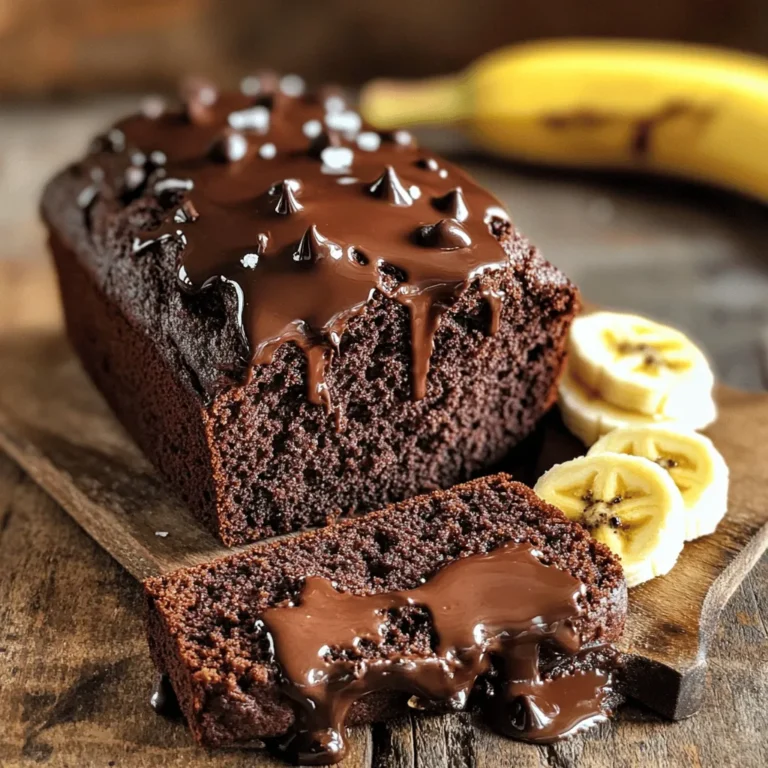 - 3 reife Bananen, zerdrückt - 1/2 Tasse ungesüßtes Kakaopulver - 1/2 Tasse brauner Zucker - 1/2 Tasse Kristallzucker - 1/3 Tasse geschmolzenes Kokosöl (oder ungesalzene Butter) - 2 große Eier - 1 Teelöffel Vanilleextrakt - 1 Teelöffel Backnatron - 1/4 Teelöffel Salz - 1 1/2 Tassen Weizenmehl - 1 Tasse halbsüße Schokoladenstückchen - 1/2 Tasse gehackte Walnüsse oder Pekannüsse (optional) Um das perfekte Chewy Double Chocolate Banana Bread zu machen, sind diese Zutaten wichtig. Die reifen Bananen geben dem Brot eine natürliche Süße und Feuchtigkeit. Kakaopulver sorgt für den schokoladigen Geschmack. Der braune Zucker hilft, die Feuchtigkeit zu bewahren. Das Kokosöl macht das Brot weich und saftig. Die Eier binden alles zusammen. Vanilleextrakt fügt einen schönen, warmen Geschmack hinzu. Backnatron sorgt für das Aufgehen des Brotes. Das Mehl gibt Struktur, während die Schokoladenstückchen und Nüsse für den zusätzlichen Crunch sorgen. Wenn Sie weitere nahrhafte Zutaten hinzufügen möchten, können Sie auch Joghurt oder Apfelmus verwenden. Diese Optionen können den Geschmack und die Textur variieren. Wenn Sie interessiert sind, finden Sie das vollständige Rezept und weitere Tipps [hier](#). Zuerst heize ich den Ofen auf 175°C vor. Dies ist wichtig, damit das Bananenbrot gleichmäßig backt. Ich bereite eine Kastenform vor, indem ich sie leicht einfette oder mit Backpapier auslege. So lässt sich das Brot später einfach herausnehmen. Dann richte ich alle Zutaten in Schüsseln an. So habe ich alles griffbereit. Ich beginne mit den feuchten Zutaten. Zuerst zerdrücke ich die reifen Bananen in einer großen Schüssel. Dann füge ich geschmolzenes Kokosöl, braunen Zucker und Kristallzucker hinzu. Ich vermenge alles gut, bis die Mischung glatt ist. Danach kommen die Eier und Vanilleextrakt dazu. Ich schlage alles kräftig, bis es gut vermischt ist. In einer separaten Schüssel siebe ich das Kakaopulver, Backnatron, Salz und Mehl. Ich füge die trockenen Zutaten nach und nach zu den feuchten Zutaten hinzu. Mit einem Spatel hebe ich die Mischung vorsichtig unter. Achte darauf, nicht zu übermischen. Zum Schluss füge ich die halbsüßen Schokoladenstückchen und die Nüsse hinzu. Ich hebe sie vorsichtig unter, damit sie gleichmäßig verteilt sind. Nun gieße ich den Teig in die vorbereitete Kastenform. Mit einem Spatel streiche ich die Oberfläche glatt. Ich backe das Bananenbrot im vorgeheizten Ofen für etwa 60 bis 70 Minuten. Ich prüfe die Backzeit, indem ich einen Zahnstocher in die Mitte stecke. Wenn er sauber herauskommt, ist das Brot fertig. Nach dem Backen lasse ich das Bananenbrot für 10 Minuten in der Form abkühlen. Dann lege ich es auf ein Küchenrost, um vollständig abzukühlen. Es duftet köstlich und sieht fantastisch aus! Um die perfekte Textur für dein Chewy Double Chocolate Banana Bread zu erreichen, achte auf zwei wichtige Punkte: - Vermeidung von Übermischung: Mische die Zutaten nur so lange, bis sie gerade kombiniert sind. Zu viel Mischen macht das Brot trocken und es verliert seine zähe Konsistenz. - Verwendung der richtigen Bananensorte: Nutze reife, braune Bananen. Sie sind süßer und geben dem Brot mehr Geschmack. Beim Backen gibt es einige häufige Fehler, die du vermeiden solltest: - Fehler beim Backen: Überprüfe die Temperatur deines Ofens. Ein zu heißer Ofen kann das Brot außen verbrennen, während es innen noch roh bleibt. Nutze ein Ofenthermometer für genaue Messungen. - Tipps für gleichmäßiges Backen: Drehe die Kastenform während des Backens. So backt das Brot gleichmäßiger und erhält eine perfekte Kruste. Für das beste Geschmackserlebnis empfehle ich, das Brot so zu servieren: - Dünn geschnitten servieren: Dünne Scheiben sind ideal. Sie lassen sich leicht essen und jeder kann mehr genießen. - Kombinationen mit Toppings: Probiere geschmolzene Schokolade oder eine Prise Meersalz. Du kannst auch frische Bananenscheiben oder Vanilleeis hinzufügen. So wird dein Bananenbrot noch köstlicher. Für das volle Rezept, schau dir die [Full Recipe] an. {{image_4}} Für Menschen mit Allergien gibt es viele Ersatzstoffe. - Glutenfreie Alternativen: Verwenden Sie glutenfreies Mehl. Es gibt viele Marken, die gut funktionieren. - Vegane Anpassungen: Ersetzen Sie die Eier. Verwenden Sie zum Beispiel Apfelmus oder Leinsamen. Die Basis ist großartig, aber zusätzliche Zutaten machen es noch besser. - Andere Schokoladensorten: Probieren Sie weiße Schokolade oder dunkle Schokolade. Sie bringen neue Aromen. - Früchte oder Nüsse hinzufügen: Fügen Sie Äpfel, Beeren oder Nüsse hinzu. Diese geben Textur und Geschmack. Passen Sie Ihr Bananenbrot an die Jahreszeit an. - Herbstlicher Kürbis-Geschmack: Fügen Sie Kürbispüree und Gewürze hinzu. Das macht es warm und gemütlich. - Weihnachtliche Gewürze: Zimt, Muskatnuss und Ingwer sorgen für festliche Aromen. Perfekt für die Feiertage. Sie können die Grundrezepte nehmen und kreativ sein. Das Chewy Double Chocolate Banana Bread wird immer lecker bleiben. Für das komplette Rezept schauen Sie sich die [Full Recipe] an. Um dein Chewy Double Chocolate Banana Bread frisch zu halten, beachte Folgendes: - Kurzfristige Lagerung bei Raumtemperatur: Lagere das Bananenbrot in einem luftdichten Behälter. So bleibt es für zwei bis drei Tage frisch. Achte darauf, den Behälter nicht in die Sonne zu stellen. - Langfristige Lagerung im Kühlschrank oder Gefrierfach: Wenn du das Brot länger aufbewahren möchtest, lege es in den Kühlschrank. Es bleibt etwa eine Woche gut. Für eine längere Haltbarkeit kannst du das Bananenbrot auch einfrieren. Wickele es gut in Frischhaltefolie und lege es in einen Gefrierbeutel. So hält es bis zu drei Monate. Wie lange bleibt das Bananenbrot frisch? Bei richtiger Lagerung bleibt es in Raumtemperatur zwei bis drei Tage saftig. Im Kühlschrank hält es sich bis zu einer Woche. Willst du das Bananenbrot aufwärmen? Hier sind die besten Methoden: - Mikrowelle: Schneide ein Stück ab und erwärme es für 10-15 Sekunden. So bleibt es weich und lecker. - Ofen: Heize den Ofen auf 175°C vor. Wickele das Bananenbrot in Alufolie und wärme es für 10-15 Minuten. Diese Tipps sorgen dafür, dass dein Bananenbrot immer köstlich schmeckt! Du findest die vollständige Anleitung im [Full Recipe]. Die Zubereitungszeit für Chewy Double Chocolate Banana Bread beträgt etwa 15 Minuten. Die Backzeit liegt zwischen 60 und 70 Minuten. Insgesamt brauchen Sie rund 1 Stunde 20 Minuten von Anfang bis Ende. Das ist schnell, besonders für so einen leckeren Genuss! Wenn Ihr Bananenbrot nicht chewy ist, könnte das an mehreren Faktoren liegen. Übermischen kann die Textur beeinträchtigen. Wenn der Teig zu lange gerührt wird, wird das Brot fest. Auch die Wahl der Bananen ist wichtig. Unreife Bananen geben nicht die nötige Feuchtigkeit. Verwenden Sie sehr reife Bananen für besten Geschmack und Textur. Ja, Sie können Bananenbrot einfrieren! Warten Sie, bis es ganz abgekühlt ist. Wickeln Sie es dann in Frischhaltefolie oder Aluminiumfolie ein. Legen Sie es in einen Gefrierbeutel. So bleibt es frisch. Zum Auftauen einfach das Brot im Kühlschrank über Nacht lassen oder bei Raumtemperatur aufwärmen. Für Chewy Double Chocolate Banana Bread sind reife, braune Bananen am besten. Sie haben die richtige Süße und Feuchtigkeit. Diese Bananen geben dem Brot den besten Geschmack. Vermeiden Sie grüne oder leicht gelbe Bananen. Diese sind nicht süß genug und beeinflussen die Textur negativ. Das Rezept für Chewy Double Chocolate Banana Bread ist einfach und köstlich. Du brauchst nur reife Bananen, Kakao und Zucker. Folge den Schritten, um die perfekte Konsistenz zu erreichen. Achte auf deine Mischung und teile das Brot, wenn es fertig ist. Es gibt auch viele Varianten, die du ausprobieren kannst. Denke daran, die Lagerung richtig zu machen, damit es frisch bleibt. Mit diesen Tipps und Tricks wird dein Bananenbrot zum Hit. Jetzt liegt es an dir, es zu backen!