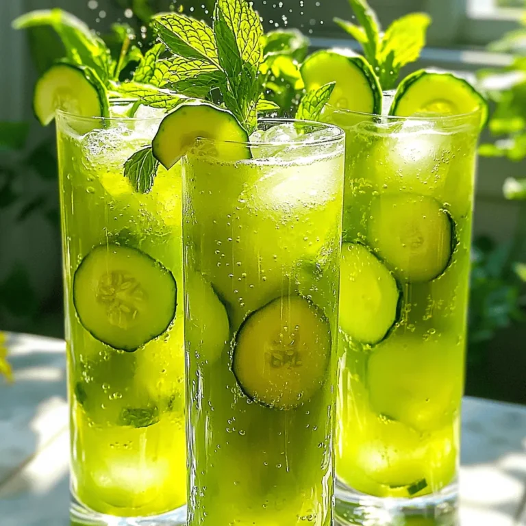 Für den Gurken-Minze-Cooler brauchen Sie einige frische und einfache Zutaten. Diese Hauptzutaten sind: - 1 große Gurke, geschält und gewürfelt - 1/2 Tasse frische Minzblätter, fest gepackt - 2 Esslöffel Honig oder Agavensirup - 4 Tassen Sprudelwasser - Saft von 1 Limette - Eiswürfel - Zusätzliche Gurkenscheiben und Minzzweige zur Dekoration Diese Zutaten machen den Drink frisch und belebend. Die Kombination aus Gurke und Minze ist perfekt für heiße Tage. Wenn Sie Ihrem Gurken-Minze-Cooler mehr Geschmack geben möchten, fügen Sie ein paar zusätzliche Zutaten hinzu. Hier sind einige Ideen: - Ein Spritzer Zitronensaft für mehr Säure - Eine Prise Meersalz, um die Aromen zu heben - Etwas Ingwer, um einen scharfen Kick zu geben - Frische Beeren, wie Himbeeren oder Erdbeeren, für Süße und Farbe Diese Extras können Ihren Drink noch interessanter machen. Um den besten Gurken-Minze-Cooler zu machen, wählen Sie frische und reife Zutaten. Hier sind einige Tipps: - Gurken: Suchen Sie nach festen, grünen Gurken ohne Flecken. Diese sind saftig und lecker. - Minze: Wählen Sie lebendige, grüne Blätter. Vermeiden Sie welke oder braune Blätter. - Honig oder Agavensirup: Nutzen Sie hochwertigen Honig oder reinen Agavensirup für besten Geschmack. - Sprudelwasser: Wählen Sie ein sprudelndes Wasser mit wenig Mineralien für einen klaren Geschmack. Die richtige Auswahl der Zutaten macht einen großen Unterschied. Für das vollständige Rezept, schauen Sie sich die [Full Recipe] an. Zuerst müssen wir die Zutaten bereitstellen. Nehmen Sie eine große Gurke und schälen Sie sie. Danach schneiden Sie die Gurke in kleine Würfel. Diese Würfel geben dem Drink eine frische Note. Dann nehmen Sie frische Minzblätter. Achten Sie darauf, die Blätter gut zu waschen. Für die Süße verwenden Sie Honig oder Agavensirup. Schließlich brauchen wir den Saft von einer Limette. Limettensaft bringt eine spritzige Säure in den Drink. Jetzt geht es ans Mixen. Geben Sie die Gurkenwürfel, die Minzblätter, den Honig und den Limettensaft in einen Mixer. Mixen Sie alles auf hoher Stufe, bis eine glatte Flüssigkeit entsteht. Danach seihen Sie die Mischung durch ein feines Sieb in einen großen Krug. Drücken Sie mit einem Löffel nach, um so viel Flüssigkeit wie möglich zu bekommen. So entfernen wir das Püree und erhalten einen klaren Drink. Füllen Sie Gläser zur Hälfte mit Eiswürfeln. Gießen Sie die Gurken-Minze-Mischung gleichmäßig über das Eis in jedes Glas. Fügen Sie dann sprudelndes Wasser hinzu. Rühren Sie vorsichtig um, um die Bläschen zu erhalten. Zum Schluss garnieren Sie die Drinks mit Gurkenscheiben und frischen Minzzweigen. Das sieht nicht nur schön aus, sondern schmeckt auch toll! Um den perfekten Gurken-Minze-Cooler zu machen, achte auf frische Zutaten. Wähle eine große, feste Gurke. Sie sollte knackig und saftig sein. Die Minze muss frisch und grün sein, ohne braune Blätter. Der Honig oder Agavensirup gibt dem Drink die nötige Süße. Verwende frischen Limettensaft für den besten Geschmack. Mixe die Zutaten gut, damit sich alles gut vermischt. Für diesen Drink empfehle ich hohe Gläser. Sie zeigen die schöne grüne Farbe. Nutze große Eiswürfel oder Crushed Ice. Große Eiswürfel schmelzen langsamer und halten den Drink kühl. Crushed Ice sorgt für mehr Textur und macht den Drink erfrischender. Du kannst auch frische Gurkenscheiben oder Minzblätter in das Eis geben, um das Aussehen zu verbessern. Ein häufiger Fehler ist, die Zutaten nicht gut zu mixen. Achte darauf, dass die Mischung ganz glatt ist. Wenn du die Mischung nicht siebst, wird der Drink schlammig. Verwende beim Mischen nicht zu viel Wasser. Zu viel Sprudelwasser kann den Geschmack verwässern. Achte darauf, die Gläser nicht zu voll zu machen. Lasse Platz für das sprudelnde Wasser und die Eiswürfel. {{image_4}} Sie können den Gurken-Minze-Cooler anpassen, indem Sie andere Süßungsmittel verwenden. Honig ist eine tolle Wahl, aber Agavensirup ist auch gut. Sie können auch Stevia oder Erythrit verwenden. Diese sind kalorienarm und sehr süß. Experimentieren Sie mit der Menge, um den perfekten Geschmack zu finden. Fühlen Sie sich frei, andere Früchte hinzuzufügen. Wassermelonenstücke passen gut zu Gurke. Auch Limetten oder Zitronen bringen eine frische Note. Für Kräuter können Sie Basilikum oder Zitronenmelisse verwenden. Diese Kräuter geben dem Drink eine neue, spannende Tiefe. Probieren Sie verschiedene Kombinationen, um Ihre Lieblingsversion zu finden. Dieser Drink funktioniert gut als alkoholfreie Erfrischung. Für eine spritzige Variante können Sie auch Rum oder Gin hinzufügen. Ein Schuss Wodka bringt ebenfalls eine interessante Note. Achten Sie darauf, die Menge des Sprudelwassers anzupassen. So bleibt der Drink leicht und frisch. Um den Gurken-Minze-Cooler frisch zu halten, bewahre ihn im Kühlschrank auf. Gieße ihn in einen luftdichten Krug. So bleibt der Geschmack länger erhalten. Vermeide es, ihn in einem offenen Behälter zu lassen. Die Kohlensäure könnte entweichen und der Drink wird flach. Der Drink bleibt bis zu zwei Tage frisch. Nach diesem Zeitraum kann der Geschmack nachlassen. Achte darauf, dass du ihn gut verschließt. Wenn du Schaum oder Blasen siehst, ist es noch frisch. Wenn es trüb aussieht, ist es Zeit, ihn wegzuwerfen. Falls du Reste hast, probiere, sie in einem Smoothie zu verwenden. Mische sie einfach mit anderen Früchten. Du kannst auch Eiswürfel daraus machen. Gieße die Mischung in eine Eiswürfelschale und friere sie ein. So hast du einen leckeren Zusatz für zukünftige Getränke. Um den Gurken-Minze-Drink weniger süß zu machen, können Sie den Honig reduzieren. Verwenden Sie nur einen Esslöffel oder verzichten Sie ganz darauf. Stattdessen können Sie mehr Limettensaft hinzufügen. Dies gibt dem Drink eine spritzige Note ohne zusätzliche Süße. Ein Spritzer Zitrone kann auch helfen, die Süße zu balancieren. Ja, Sie können den Drink im Voraus machen. Mixen Sie die Gurke, Minze, und den Limettensaft. Seihen Sie die Mischung ab und kühlen Sie sie im Kühlschrank. Fügen Sie das sprudelnde Wasser erst kurz vor dem Servieren hinzu. So bleibt der Drink frisch und spritzig. Gurken sind sehr wasserhaltig und helfen bei der Hydration. Sie enthalten auch Vitamine und Mineralien. Minze kann die Verdauung fördern und hat einen frischen Geschmack. Zusammen unterstützen sie Ihr Wohlbefinden und machen den Drink erfrischend. - Weitere häufig gestellte Fragen zur Zubereitung: Wenn Sie mehr über die Zubereitung wissen möchten, schauen Sie sich die [Full Recipe] an. Der Gurken-Minze-Drink ist erfrischend und einfach zuzubereiten. Wir haben die besten Zutaten und Tipps behandelt, um den perfekten Drink zu kreieren. Du hast gelernt, wie du die Zutaten auswählst, mixen und servieren kannst. Variationen und Lagerung sind ebenfalls wichtige Punkte, die du nicht vergessen solltest. Nutze diese Ideen, um deinen eigenen, köstlichen Cucumber Mint Cooler zu genießen. Experimentiere mit deinen Favoriten, um den Drink noch besser zu machen. Viel Spaß beim Ausprobieren!