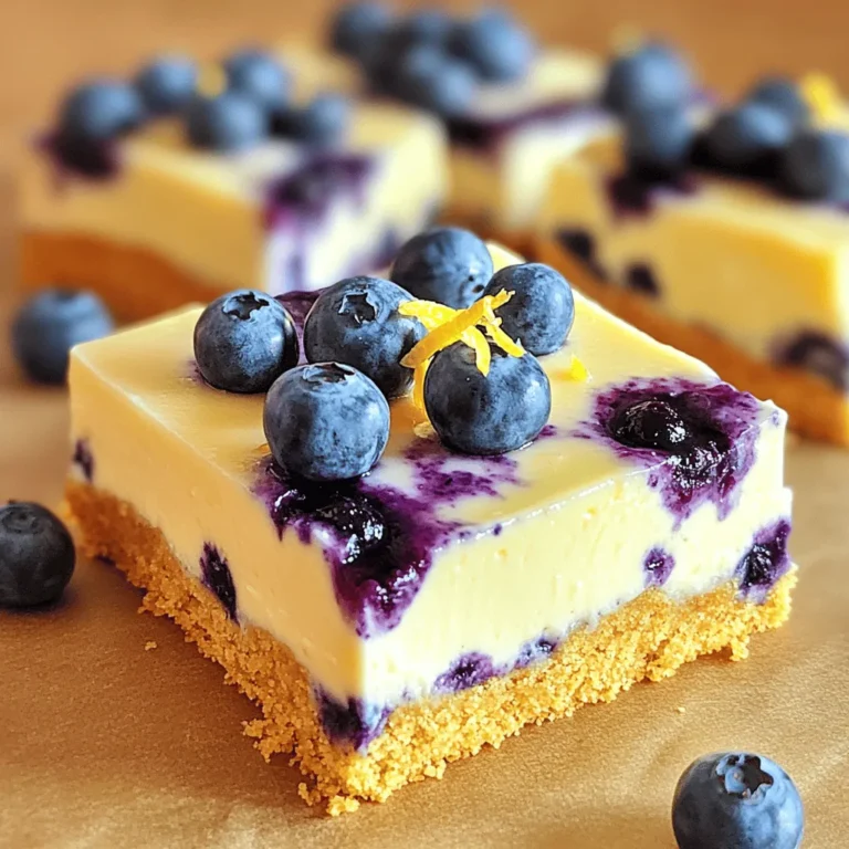 - 1 Tasse Graham-Cracker-Brösel - 1/4 Tasse ungesalzene Butter, geschmolzen - 2 Esslöffel Zucker Die Basis für diese Riegel ist einfach. Graham-Cracker-Brösel geben einen tollen Crunch. Sie bilden die Kruste. Die geschmolzene Butter hilft, die Brösel zusammenzuhalten. Zucker fügt die nötige Süße hinzu und macht die Kruste lecker. - 450 g Frischkäse, weich - 1/2 Tasse Zucker - 1 Teelöffel Vanilleextrakt - 2 große Eier Frischkäse ist der Hauptbestandteil der Füllung. Er sorgt für die cremige Textur. Zucker macht die Füllung süß. Vanilleextrakt gibt einen schönen Geschmack. Eier helfen, alles zu binden und die Füllung fest zu machen. - Abrieb von 1 Zitrone - 1/4 Tasse frischer Zitronensaft - 1 Tasse frische Blaubeeren (plus extra zur Garnierung) - 1 Esslöffel Maisstärke (optional, zum Andicken) Zitronenabrieb und -saft bringen Frische. Sie geben den Riegeln einen tollen, fruchtigen Geschmack. Frische Blaubeeren sorgen für Farbe und Geschmack. Maisstärke ist optional, aber sie kann helfen, die Füllung dicker zu machen. Für die vollständige Rezeptbeschreibung schauen Sie sich die [Full Recipe] an. Heize deinen Ofen auf 175°C vor. Das ist wichtig, um die Riegel gleichmäßig zu backen. Lege eine 20x20 cm große Backform mit Backpapier aus. Lass etwas Überhang, damit du die Riegel später leicht herausnehmen kannst. In einer Schüssel vermischst du die Graham-Cracker-Brösel, die geschmolzene Butter und 2 Esslöffel Zucker. Rühre gut um, bis die Brösel gleichmäßig benetzt sind. Drücke die Mischung fest in den Boden der Backform. Bake die Kruste 8-10 Minuten im Ofen, bis sie leicht goldbraun ist. Lass sie danach abkühlen, bevor du die Füllung hinzufügst. In einer großen Schüssel rührst du den weichen Frischkäse glatt. Füge nach und nach 1/2 Tasse Zucker hinzu und mixe weiter, bis alles cremig ist. Danach gibst du den Vanilleextrakt, die Eier, den Zitronenabrieb und den frischen Zitronensaft dazu. Das Ganze gut verrühren, bis die Masse glatt ist. Hebe nun vorsichtig die frischen Blaubeeren unter die Füllung. Achte darauf, dass die Blaubeeren ganz bleiben. Gieße die Mischung gleichmäßig über die abgekühlte Kruste und backe sie 30-35 Minuten. Die Mitte sollte fest, aber noch leicht wobbelig sein. Nach dem Backen lasse die Riegel bei Zimmertemperatur abkühlen, dann kühl sie für mindestens 3 Stunden im Kühlschrank. Für das vollständige Rezept kannst du hier nachsehen: [Full Recipe]. Um den perfekten Cheesecake zu machen, ist das Mischen der Zutaten sehr wichtig. Du musst sicherstellen, dass der Frischkäse weich ist. Dadurch wird die Füllung schön cremig. Füge die Eier einzeln hinzu und mixe sie gut ein. So bekommst du eine glatte Masse. Die Backzeit und die Temperatur sind ebenfalls entscheidend. Backe die Riegel bei 175°C für 30 bis 35 Minuten. Die Mitte sollte fest, aber leicht wobbelig sein. So bleibt der Cheesecake saftig und lecker. Die richtigen Küchenwerkzeuge machen das Backen einfacher. Eine gute Rührschüssel ist ein Muss. Du brauchst auch einen Mixer, um die Füllung gut zu vermengen. Eine Küchenmaschine kann dir viel Arbeit abnehmen. Verwende eine Backform mit einem Überhang aus Backpapier. Das erleichtert das Herausheben der Riegel später. Ein häufiger Fehler ist das Übermixen der Füllung. Wenn du zu lange rührst, wird die Füllung zu luftig. Das kann die Textur verändern. Ein weiterer Fehler ist, die Riegel zu früh zu kühlen. Lass sie zuerst bei Zimmertemperatur abkühlen. Danach kannst du sie für mindestens drei Stunden in den Kühlschrank stellen. So werden sie perfekt fest. {{image_4}} Wenn Sie gerne experimentieren, gibt es viele Möglichkeiten, die Blaubeer Zitronen Cheesecake Riegel anzupassen. Eine einfache Idee ist, andere Beeren zu verwenden. Himbeeren bringen eine tolle Säure. Erdbeeren fügen eine süße Note hinzu. Beide Optionen machen die Riegel interessant und lecker. Eine weitere tolle Abwandlung ist das Hinzufügen von Schokoladenstückchen. Dunkle Schokolade passt gut zu den süßen Blaubeeren. Die Kombination von Schokolade und Zitrone ist ein echter Genuss. Probieren Sie es aus, wenn Sie Schokolade lieben! Für Veganer gibt es tolle Optionen. Sie können veganen Frischkäse verwenden. Viele Marken bieten leckere Alternativen an. Diese halten die gleiche cremige Textur, die wir lieben. Wenn Sie glutenfrei essen, wählen Sie glutenfreie Kekse für die Kruste. Es gibt viele leckere Sorten. Diese sorgen für eine knusprige Basis, die gut schmeckt. Saisonale Früchte machen die Riegel noch besser. Im Sommer können Sie frische Pfirsiche oder Kirschen verwenden. Im Herbst passen Äpfel oder Kürbis wunderbar. Diese Früchte bringen neue Aromen und Farben in das Rezept. Um die Aromen weiter anzupassen, können Sie Lavendel hinzufügen. Es gibt den Riegeln einen blumigen Touch. Ein wenig Lavendel kann viel bewirken. Seien Sie kreativ und probieren Sie verschiedene Aromen aus. Um die Blaubeer Zitronen Cheesecake Riegel frisch zu halten, lagern Sie sie im Kühlschrank. Stellen Sie sicher, dass Sie sie in einem luftdichten Behälter aufbewahren. So bleiben die Riegel bis zu fünf Tage frisch. Wenn Sie etwas länger aufbewahren möchten, können Sie die Riegel auch einfrieren. Wickeln Sie sie dazu gut in Frischhaltefolie oder Aluminiumfolie ein. Lagern Sie sie in einem gefrierfesten Behälter. So bleiben sie bis zu drei Monate genießbar. Die Riegel sind im Kühlschrank bis zu fünf Tage haltbar. Achten Sie auf folgende Anzeichen von Verderb: - Schlechter Geruch - Verfärbungen oder Schimmel - Eine wässrige oder matschige Textur Wenn Sie eines dieser Anzeichen bemerken, entsorgen Sie die Riegel. Um die Riegel vorzubereiten, backen Sie sie wie im Rezept beschrieben. Lassen Sie sie vollständig abkühlen, bevor Sie sie einfrieren. Achten Sie darauf, dass sie gut verpackt sind. Zum Auftauen nehmen Sie die Riegel einfach aus dem Gefrierschrank und lassen sie im Kühlschrank über Nacht auftauen. Servieren Sie sie kalt oder bei Zimmertemperatur. Wenn Sie die Riegel frisch genießen möchten, können Sie sie auch leicht antauen und direkt servieren. Weitere Informationen finden Sie in der vollständigen Rezeptbeschreibung. Die Riegel müssen mindestens drei Stunden kühlen. So erhalten sie die beste Konsistenz. Wenn Sie Zeit haben, lassen Sie sie über Nacht im Kühlschrank. Dadurch werden die Aromen stärker und die Textur besser. Ja, Sie können die Riegel mit anderen Früchten machen. Himbeeren oder Erdbeeren sind gute Optionen. Sie können auch Pfirsiche oder Kirschen verwenden. Achten Sie darauf, die Früchte gut zu schneiden. So bleibt die Füllung gleichmäßig. Beliebte Garnierungen sind frische Früchte, Sahne oder Schokolade. Sie können auch etwas Zitronenzeste darüber streuen. Eine dünne Schicht Puderzucker sieht hübsch aus und schmeckt gut. Experimentieren Sie mit Toppings, um Ihre Riegel zu verschönern. Die vollständige Rezeptanleitung finden Sie hier: Blaubeer-Zitronen-Cheesecake-Riegel 🫐. Sie enthält alle Schritte und Tipps, die Sie brauchen. Dieser Blogpost erklärte die köstlichen Blaubeer-Zitronen-Cheesecake-Riegel. Wir begannen mit den Zutaten und ihrem Zweck. Dann folgten die Schritte für die Zubereitung und gar zu wichtigen Tipps. Ich bot Variationen und Lagerungshinweise an, um eure Riegel noch besser zu machen. Jetzt habt ihr alles, um diese Leckerei selbst zu machen. Experimentiert mit verschiedenen Früchten und genießt eure Kreationen. Ihr werdet die Ergebnisse lieben!