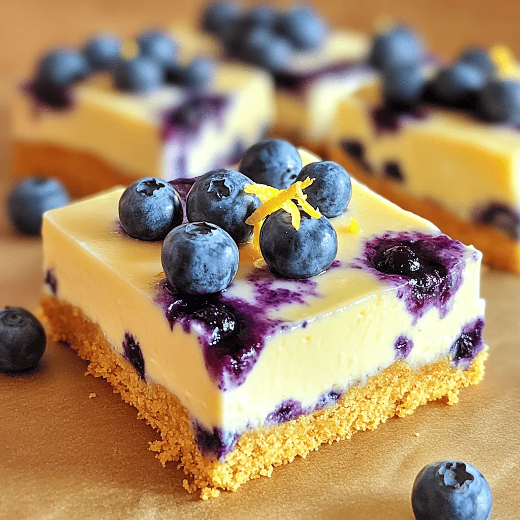 - 1 Tasse Graham-Cracker-Brösel - 1/4 Tasse ungesalzene Butter, geschmolzen - 2 Esslöffel Zucker Die Basis für diese Riegel ist einfach. Graham-Cracker-Brösel geben einen tollen Crunch. Sie bilden die Kruste. Die geschmolzene Butter hilft, die Brösel zusammenzuhalten. Zucker fügt die nötige Süße hinzu und macht die Kruste lecker. - 450 g Frischkäse, weich - 1/2 Tasse Zucker - 1 Teelöffel Vanilleextrakt - 2 große Eier Frischkäse ist der Hauptbestandteil der Füllung. Er sorgt für die cremige Textur. Zucker macht die Füllung süß. Vanilleextrakt gibt einen schönen Geschmack. Eier helfen, alles zu binden und die Füllung fest zu machen. - Abrieb von 1 Zitrone - 1/4 Tasse frischer Zitronensaft - 1 Tasse frische Blaubeeren (plus extra zur Garnierung) - 1 Esslöffel Maisstärke (optional, zum Andicken) Zitronenabrieb und -saft bringen Frische. Sie geben den Riegeln einen tollen, fruchtigen Geschmack. Frische Blaubeeren sorgen für Farbe und Geschmack. Maisstärke ist optional, aber sie kann helfen, die Füllung dicker zu machen. Für die vollständige Rezeptbeschreibung schauen Sie sich die [Full Recipe] an. Heize deinen Ofen auf 175°C vor. Das ist wichtig, um die Riegel gleichmäßig zu backen. Lege eine 20x20 cm große Backform mit Backpapier aus. Lass etwas Überhang, damit du die Riegel später leicht herausnehmen kannst. In einer Schüssel vermischst du die Graham-Cracker-Brösel, die geschmolzene Butter und 2 Esslöffel Zucker. Rühre gut um, bis die Brösel gleichmäßig benetzt sind. Drücke die Mischung fest in den Boden der Backform. Bake die Kruste 8-10 Minuten im Ofen, bis sie leicht goldbraun ist. Lass sie danach abkühlen, bevor du die Füllung hinzufügst. In einer großen Schüssel rührst du den weichen Frischkäse glatt. Füge nach und nach 1/2 Tasse Zucker hinzu und mixe weiter, bis alles cremig ist. Danach gibst du den Vanilleextrakt, die Eier, den Zitronenabrieb und den frischen Zitronensaft dazu. Das Ganze gut verrühren, bis die Masse glatt ist. Hebe nun vorsichtig die frischen Blaubeeren unter die Füllung. Achte darauf, dass die Blaubeeren ganz bleiben. Gieße die Mischung gleichmäßig über die abgekühlte Kruste und backe sie 30-35 Minuten. Die Mitte sollte fest, aber noch leicht wobbelig sein. Nach dem Backen lasse die Riegel bei Zimmertemperatur abkühlen, dann kühl sie für mindestens 3 Stunden im Kühlschrank. Für das vollständige Rezept kannst du hier nachsehen: [Full Recipe]. Um den perfekten Cheesecake zu machen, ist das Mischen der Zutaten sehr wichtig. Du musst sicherstellen, dass der Frischkäse weich ist. Dadurch wird die Füllung schön cremig. Füge die Eier einzeln hinzu und mixe sie gut ein. So bekommst du eine glatte Masse. Die Backzeit und die Temperatur sind ebenfalls entscheidend. Backe die Riegel bei 175°C für 30 bis 35 Minuten. Die Mitte sollte fest, aber leicht wobbelig sein. So bleibt der Cheesecake saftig und lecker. Die richtigen Küchenwerkzeuge machen das Backen einfacher. Eine gute Rührschüssel ist ein Muss. Du brauchst auch einen Mixer, um die Füllung gut zu vermengen. Eine Küchenmaschine kann dir viel Arbeit abnehmen. Verwende eine Backform mit einem Überhang aus Backpapier. Das erleichtert das Herausheben der Riegel später. Ein häufiger Fehler ist das Übermixen der Füllung. Wenn du zu lange rührst, wird die Füllung zu luftig. Das kann die Textur verändern. Ein weiterer Fehler ist, die Riegel zu früh zu kühlen. Lass sie zuerst bei Zimmertemperatur abkühlen. Danach kannst du sie für mindestens drei Stunden in den Kühlschrank stellen. So werden sie perfekt fest. {{image_4}} Wenn Sie gerne experimentieren, gibt es viele Möglichkeiten, die Blaubeer Zitronen Cheesecake Riegel anzupassen. Eine einfache Idee ist, andere Beeren zu verwenden. Himbeeren bringen eine tolle Säure. Erdbeeren fügen eine süße Note hinzu. Beide Optionen machen die Riegel interessant und lecker. Eine weitere tolle Abwandlung ist das Hinzufügen von Schokoladenstückchen. Dunkle Schokolade passt gut zu den süßen Blaubeeren. Die Kombination von Schokolade und Zitrone ist ein echter Genuss. Probieren Sie es aus, wenn Sie Schokolade lieben! Für Veganer gibt es tolle Optionen. Sie können veganen Frischkäse verwenden. Viele Marken bieten leckere Alternativen an. Diese halten die gleiche cremige Textur, die wir lieben. Wenn Sie glutenfrei essen, wählen Sie glutenfreie Kekse für die Kruste. Es gibt viele leckere Sorten. Diese sorgen für eine knusprige Basis, die gut schmeckt. Saisonale Früchte machen die Riegel noch besser. Im Sommer können Sie frische Pfirsiche oder Kirschen verwenden. Im Herbst passen Äpfel oder Kürbis wunderbar. Diese Früchte bringen neue Aromen und Farben in das Rezept. Um die Aromen weiter anzupassen, können Sie Lavendel hinzufügen. Es gibt den Riegeln einen blumigen Touch. Ein wenig Lavendel kann viel bewirken. Seien Sie kreativ und probieren Sie verschiedene Aromen aus. Um die Blaubeer Zitronen Cheesecake Riegel frisch zu halten, lagern Sie sie im Kühlschrank. Stellen Sie sicher, dass Sie sie in einem luftdichten Behälter aufbewahren. So bleiben die Riegel bis zu fünf Tage frisch. Wenn Sie etwas länger aufbewahren möchten, können Sie die Riegel auch einfrieren. Wickeln Sie sie dazu gut in Frischhaltefolie oder Aluminiumfolie ein. Lagern Sie sie in einem gefrierfesten Behälter. So bleiben sie bis zu drei Monate genießbar. Die Riegel sind im Kühlschrank bis zu fünf Tage haltbar. Achten Sie auf folgende Anzeichen von Verderb: - Schlechter Geruch - Verfärbungen oder Schimmel - Eine wässrige oder matschige Textur Wenn Sie eines dieser Anzeichen bemerken, entsorgen Sie die Riegel. Um die Riegel vorzubereiten, backen Sie sie wie im Rezept beschrieben. Lassen Sie sie vollständig abkühlen, bevor Sie sie einfrieren. Achten Sie darauf, dass sie gut verpackt sind. Zum Auftauen nehmen Sie die Riegel einfach aus dem Gefrierschrank und lassen sie im Kühlschrank über Nacht auftauen. Servieren Sie sie kalt oder bei Zimmertemperatur. Wenn Sie die Riegel frisch genießen möchten, können Sie sie auch leicht antauen und direkt servieren. Weitere Informationen finden Sie in der vollständigen Rezeptbeschreibung. Die Riegel müssen mindestens drei Stunden kühlen. So erhalten sie die beste Konsistenz. Wenn Sie Zeit haben, lassen Sie sie über Nacht im Kühlschrank. Dadurch werden die Aromen stärker und die Textur besser. Ja, Sie können die Riegel mit anderen Früchten machen. Himbeeren oder Erdbeeren sind gute Optionen. Sie können auch Pfirsiche oder Kirschen verwenden. Achten Sie darauf, die Früchte gut zu schneiden. So bleibt die Füllung gleichmäßig. Beliebte Garnierungen sind frische Früchte, Sahne oder Schokolade. Sie können auch etwas Zitronenzeste darüber streuen. Eine dünne Schicht Puderzucker sieht hübsch aus und schmeckt gut. Experimentieren Sie mit Toppings, um Ihre Riegel zu verschönern. Die vollständige Rezeptanleitung finden Sie hier: Blaubeer-Zitronen-Cheesecake-Riegel 🫐. Sie enthält alle Schritte und Tipps, die Sie brauchen. Dieser Blogpost erklärte die köstlichen Blaubeer-Zitronen-Cheesecake-Riegel. Wir begannen mit den Zutaten und ihrem Zweck. Dann folgten die Schritte für die Zubereitung und gar zu wichtigen Tipps. Ich bot Variationen und Lagerungshinweise an, um eure Riegel noch besser zu machen. Jetzt habt ihr alles, um diese Leckerei selbst zu machen. Experimentiert mit verschiedenen Früchten und genießt eure Kreationen. Ihr werdet die Ergebnisse lieben!
