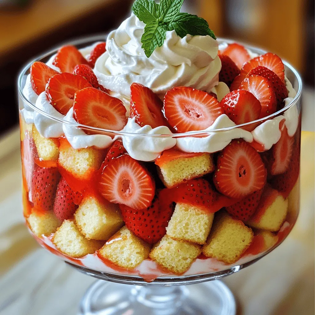 Für ein köstliches Erdbeer-Shortcake-Trifle brauchst du einige einfache Zutaten: - 2 Tassen frische Erdbeeren, geputzt und in Scheiben geschnitten - 1/4 Tasse Kristallzucker - 1 Teelöffel Vanilleextrakt - 450 g Biskuitkuchen, in Würfel geschnitten - 2 Tassen Schlagsahne - 1/2 Tasse Puderzucker - 1 Teelöffel Mandelextrakt - Frische Minzblätter zur Dekoration Diese Zutaten bilden die Basis für dein leckeres Dessert. Die Erdbeeren bringen Frische und Süße. Der Biskuitkuchen sorgt für eine weiche Textur. Die Schlagsahne macht alles schön cremig. Es ist wichtig, die Mengen der Zutaten genau zu messen. Zu viele Erdbeeren machen das Dessert zu feucht. Zu wenig Schlagsahne kann den Geschmack mindern. Halte dich an das Rezept, um die besten Ergebnisse zu erzielen. Du solltest die besten Erdbeeren kaufen, wenn du kannst. Besuche lokale Märkte oder Obstgärten. Achte darauf, dass die Erdbeeren fest und rot sind. Vermeide schlaffe oder grüne Früchte. Frische Erdbeeren sind der Schlüssel zu einem tollen Geschmack. Sie bringen die Süße und den saftigen Kick in dein Trifle. Zuerst wasche die Erdbeeren gut. Schneide sie dann in Scheiben. Mische die Erdbeeren in einer Schüssel mit Kristallzucker und Vanilleextrakt. Rühre sanft, damit die Erdbeeren nicht zerdrückt werden. Lass die Mischung etwa 20 Minuten stehen. So geben die Erdbeeren ihren Saft ab. Dieser Saft gibt deinem Trifle einen tollen Geschmack. Nehme eine große Schüssel und einen elektrischen Mixer. Schlage die Schlagsahne, bis sie dick wird. Füge während des Schlagens nach und nach Puderzucker und Mandelextrakt hinzu. Schlage weiter, bis sich steife Spitzen bilden. Achte darauf, die Schlagsahne nicht zu übermixen. Sie soll leicht und luftig bleiben. Jetzt kommt der spannende Teil! Beginne mit einer Schicht Biskuitkuchen am Boden deiner Trifle-Schüssel. Füge eine Schicht der marinierten Erdbeeren hinzu, samt dem Saft. Darauf kommt eine Schicht der frisch geschlagenen Sahne. Wiederhole diese Schichten, bis das Gefäß voll ist. Mache etwa 3-4 Schichten. Beende mit einer dicken Schicht Sahne obenauf. Decke den Trifle mit Frischhaltefolie ab. Lass ihn mindestens 2 Stunden im Kühlschrank ruhen. So können sich die Aromen gut vermischen. Vor dem Servieren garniere den Trifle mit frischen Minzblättern. Das sieht nicht nur schön aus, sondern gibt auch einen frischen Geschmack. Um einen perfekten Erdbeer-Shortcake-Trifle zu machen, achte auf die Schichten. Beginne mit dem Biskuitkuchen, gefolgt von den Erdbeeren und der Schlagsahne. Je mehr Schichten, desto besser der Geschmack! Lass die Erdbeeren mit Zucker und Vanille ziehen. So werden sie süßer und saftiger. Dies gibt dem Trifle extra Frische. Die Schlagsahne muss fest sein. Schlage sie, bis sich steife Spitzen bilden. Achte darauf, nicht zu lange zu schlagen, sonst wird sie butterig. Der Mandelextrakt gibt der Sahne einen tollen Geschmack. Du kannst die Schlagsahne auch mit einem Handmixer machen. Es geht schnell und einfach. Die Präsentation macht viel aus! Verwende ein klares Gefäß, damit die Schichten sichtbar sind. Du kannst den Trifle in Gläsern servieren. Das sieht toll aus und ist einfach zu handhaben. Dekoriere mit frischen Minzblättern und ein paar Erdbeerscheiben oben drauf. Das bringt Farbe und Geschmack. Für die volle Erfahrung, schau dir das gesamte Rezept an: [Full Recipe]. {{image_4}} Wenn Sie keine Erdbeeren haben, probieren Sie andere Beeren. Himbeeren, Brombeeren oder Blaubeeren sind großartige Alternativen. Diese Beeren haben ähnliche Texturen und Geschmäcker. Sie können auch eine Mischung aus Beeren verwenden. Das macht Ihr Trifle bunt und lecker. Denken Sie daran, die Süße anzupassen, wenn die Beeren unterschiedlich sind. Der Biskuitkuchen ist wichtig für die Struktur des Trifles. Sie können viele Biskuitkuchen verwenden. Ein einfacher Vanillekuchen passt gut. Auch ein Schokoladenkuchen bringt einen neuen Geschmack. Für eine glutenfreie Option verwenden Sie glutenfreien Biskuit. Schneiden Sie den Kuchen in kleine Würfel, um die Schichten gut zu machen. Schlagsahne ist klassisch, aber es gibt viele Alternativen. Für eine leichte Option können Sie griechischen Joghurt verwenden. Er ist cremig und gesund. Wenn Sie etwas Süßes möchten, versuchen Sie Mascarpone-Creme. Diese ist reichhaltig und lecker. Für vegane Optionen nutzen Sie Kokosnusscreme oder pflanzliche Sahne. Diese Alternativen bieten verschiedene Geschmäcker und Texturen. Um den Erdbeer-Shortcake-Trifle frisch zu halten, decken Sie ihn gut ab. Verwenden Sie Frischhaltefolie oder einen luftdichten Behälter. Lagern Sie ihn im Kühlschrank, um die Aromen zu bewahren. Vermeiden Sie es, ihn bei Raumtemperatur stehen zu lassen. Der Trifle bleibt im Kühlschrank etwa 3 Tage frisch. Nach dieser Zeit können die Erdbeeren weich werden. Die Schlagsahne kann auch ihre Konsistenz verlieren. Achten Sie darauf, den Trifle vor dem Servieren zu überprüfen. Wenn er unangenehm riecht oder aussieht, sollten Sie ihn nicht essen. Wenn Sie schnell einen Snack haben möchten, bereiten Sie die Erdbeeren und die Schlagsahne vor. Sie können diese Teile ein paar Stunden vor dem Servieren machen. Lagern Sie die Erdbeeren getrennt von der Schlagsahne. So bleibt alles frisch. Mischen Sie die Zutaten kurz vor dem Servieren für den besten Geschmack. Für mehr Ideen schauen Sie sich das Full Recipe an. Die Zubereitung des Erdbeer-Shortcake-Trifles dauert insgesamt etwa 30 Minuten. Das Kühlen benötigt dann noch mindestens 2 Stunden. Diese Zeit ist wichtig, damit sich die Aromen gut vermischen. Das ergibt eine Gesamtzeit von etwa 2 Stunden und 30 Minuten, bevor Sie servieren. Ja, Sie können das Rezept im Voraus vorbereiten. Das Erdbeer-Shortcake-Trifle schmeckt am besten, wenn es einige Stunden im Kühlschrank steht. Bereiten Sie die Schichten einfach einen Tag vorher vor. Decken Sie den Trifle gut ab, um ihn frisch zu halten. So haben Sie mehr Zeit, um Ihre Gäste zu genießen. Neben Erdbeeren können viele andere Früchte gut in einem Trifle verwendet werden. Hier sind einige Vorschläge: - Himbeeren - Blaubeeren - Pfirsiche - Kiwi - Ananas Mischen Sie die Früchte, um verschiedene Geschmäcker zu erleben. Jede Frucht bringt ihren eigenen, besonderen Geschmack mit. Probieren Sie verschiedene Kombinationen aus! Der Erdbeer-Shortcake-Trifle ist ein einfacher Genuss aus frischen Zutaten. Wir haben die Hauptzutaten für besten Geschmack besprochen und wie man sie perfekt zubereitet. Die Schritt-für-Schritt-Anleitung macht es leicht, hausgemachte Schlagsahne und frische Erdbeeren zu verwenden. Denke an die Tipps, um den Trifle so schön zu machen, wie er schmeckt. Du kannst auch mit verschiedenen Früchten spielen und nach deinem Geschmack variieren. Bewahre die Reste richtig auf, damit du länger Freude daran hast. Nach diesen Tipps wird jeder Trifle ein Hit!