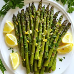 - Spargel: Frisch und optimal vorbereitet Frischer Spargel ist der Star dieses Gerichts. Wähle grüne Spargelstangen mit festen, knackigen Köpfen. Achte darauf, die holzigen Enden abzuschneiden. So bleibt der Spargel zart und lecker. - Gewürze und Öle: Olivenöl, Knoblauch und Zitrone Für den perfekten Geschmack benötigen wir hochwertiges Olivenöl. Der Knoblauch bringt einen tollen Geschmack. Frischer Zitronensaft und die Schale sorgen für eine zitrusfrische Note, die alles aufpeppt. - Optionale Zutaten: Parmesan und rote Pfefferflocken Parmesan verleiht dem Gericht eine cremige Note. Rote Pfefferflocken geben einen leichten Kick. Du kannst sie nach Belieben hinzufügen, um die Schärfe zu steigern. Für das komplette Rezept, schau dir [Full Recipe] an. Heize deinen Ofen auf 220 °C vor. So wird der Spargel schön knusprig. Putze den frischen Spargel gründlich. Schneide die holzigen Enden ab. Hacke den Knoblauch fein. Du brauchst etwa vier Zehen. Nimm eine große Schüssel und gib das Olivenöl hinein. Füge den gehackten Knoblauch, die Zitronenschale und den frisch gepressten Zitronensaft hinzu. Mische das Ganze gut. Streue das Meersalz, den schwarzen Pfeffer und die roten Pfefferflocken dazu. Verquirle alles gut, bis es gleichmäßig vermischt ist. Lege den geputzten Spargel in die Schüssel. Rühre vorsichtig um, damit der Spargel gut mit der Mischung überzogen ist. Jeder Stängel soll die leckeren Aromen aufnehmen. Lege den marinierten Spargel auf ein Backblech. Achte darauf, dass er in einer einzigen Schicht liegt. So gart er gleichmäßig. Röste ihn im Ofen für 12 bis 15 Minuten. Der Spargel sollte zart und leicht knusprig sein. Achte darauf, die Garzeit je nach Dicke des Spargels anzupassen. Für das vollständige Rezept und weitere Tipps, schau dir die [Full Recipe] an. Der Spargel ist perfekt, wenn er zart ist, aber nicht matschig. Achte darauf, dass die Farbe hellgrün bleibt. Du kannst auch mit einer Gabel hineinstechen. Wenn sie leicht nachgibt, ist es Zeit, ihn herauszunehmen. Normalerweise braucht er 12 bis 15 Minuten im Ofen. Aber die Zeit kann je nach Dicke des Spargels variieren. Dünner Spargel braucht weniger Zeit, dickerer mehr. Um den Geschmack zu verbessern, kannst du mit zusätzlichen Gewürzen oder Kräutern spielen. Probiere frische Thymian- oder Rosmarinzweige. Auch etwas Balsamico-Essig kann dem Gericht Tiefe verleihen. Du kannst auch geräucherte Paprika oder Zitrusfrüchte wie Limette verwenden. Es ist toll, verschiedene Kombinationen zu testen. Die Anrichtung macht viel aus. Lege die Spargelstangen kreisförmig auf einen weißen Teller. Das sieht elegant aus und hebt die Farben hervor. Ein Spritzer frischer Zitronensaft gibt Glanz. Du kannst auch Zitronenscheiben und etwas frische Petersilie darüber streuen. So wird dein Gericht zum echten Hingucker auf dem Tisch. {{image_4}} Ich liebe es, meinem Spargel eine käsehaltige Note zu geben. Parmesan ist lecker, aber du kannst auch andere Käsesorten verwenden. Feta oder Ziegenkäse bringen einen anderen Geschmack mit. Diese Käsesorten schmelzen gut und geben dem Gericht eine cremige Textur. Du kannst auch Käse über den Spargel streuen, kurz bevor du ihn aus dem Ofen nimmst. So wird der Käse schön warm und lecker. Wenn du den Grill magst, probiere gerösteten Spargel auf dem Grill. Das gibt ihm einen rauchigen Geschmack. Du kannst den Spargel einfach mit der Zitronen-Knoblauch-Mischung marinieren und dann auf den Grill legen. Achte darauf, dass die Stangen nicht durchhängen. Wende den Spargel oft, damit er gleichmäßig gart. So kannst du ihn auch im Sommer zubereiten. Spargel ist toll, aber du kannst auch andere Gemüsearten hinzufügen. Karotten oder Paprika passen gut zu diesem Gericht. Sie bringen Farbe und Textur. Schneide sie in ähnliche Größen wie den Spargel. Mische sie einfach in die Marinade und röste alles zusammen. Das ergibt eine bunte und gesunde Beilage. Du kannst mit verschiedenen Gemüsesorten experimentieren und deinen eigenen Twist hinzufügen. Um die Reste von deinem Lemon Garlic Roasted Asparagus gut zu lagern, lege sie in einen luftdichten Behälter. So bleibt der Spargel frisch. Stelle den Behälter in den Kühlschrank. Achte darauf, dass der Spargel vollständig abgekühlt ist, bevor du ihn lagerst. Auf diese Weise vermeidest du, dass er matschig wird. Wenn du den Spargel wieder aufwärmen möchtest, gibt es ein paar gute Methoden. Die beste Methode ist, ihn im Ofen zu erwärmen. Heize den Ofen auf 180 °C vor. Lege den Spargel auf ein Backblech und wärme ihn für etwa 5-7 Minuten. So bleibt der Spargel knusprig und lecker. Du kannst ihn auch in der Mikrowelle erwärmen. Stelle die Mikrowelle auf mittlere Hitze und erwärme den Spargel für 1-2 Minuten. Überprüfe zwischendurch, ob er warm genug ist. Wie lange bleibt der Spargel frisch? Im Kühlschrank hält sich der Spargel etwa 3-4 Tage. Achte darauf, ihn in einem luftdichten Behälter zu lagern. Wenn du ihn länger aufbewahren möchtest, kannst du ihn einfrieren. Im Gefrierfach bleibt der Spargel bis zu 6 Monate frisch. Denke daran, ihn vorher blanchieren, um die Farbe und den Geschmack zu bewahren. So genießt du auch später noch die frischen Aromen deines Lemon Garlic Roasted Asparagus. Spargel bleibt im Kühlschrank bis zu vier Tage frisch. Bewahren Sie ihn in einem feuchten Tuch auf. Legen Sie ihn in einen Beutel, um ihn frisch zu halten. So bleibt der Spargel knackig und lecker. Ja, gefrorener Spargel funktioniert gut. Kochen Sie ihn zuerst kurz in heißem Wasser. Danach trocken tupfen und mit der Marinade vermischen. Dies hilft, den Geschmack zu verbessern. Gefrorener Spargel braucht etwas länger im Ofen, etwa 15-18 Minuten. Das Rezept kann vegan sein. Lassen Sie den Parmesan einfach weg. Der Spargel schmeckt trotzdem toll mit der Zitronen-Knoblauch-Mischung. Fügen Sie mehr Gewürze oder Nüsse hinzu, um den Geschmack zu intensivieren. Teilen Sie die Zutaten einfach durch die Anzahl der Portionen, die Sie brauchen. Zum Beispiel, wenn Sie nur zwei Portionen wollen, verwenden Sie die Hälfte der Zutaten. Dies macht die Zubereitung einfach und flexibel. Zusammenfassend haben wir die besten Tipps für Spargel zubereitet. Wir haben die Zutaten, die Schritt-für-Schritt-Anleitung und nützliche Variationen besprochen. Denke daran, dass frischer Spargel und die richtigen Gewürze entscheidend sind. Variiere mit Käse oder anderen Gemüsesorten, um neue Geschmäcker zu entdecken. Achte auf die Garzeit, damit der Spargel perfekt wird. Mit diesen einfachen Tipps bringst du Abwechslung auf deinen Tisch. Genieße deine köstliche Kreation und teile sie mit Freunden!