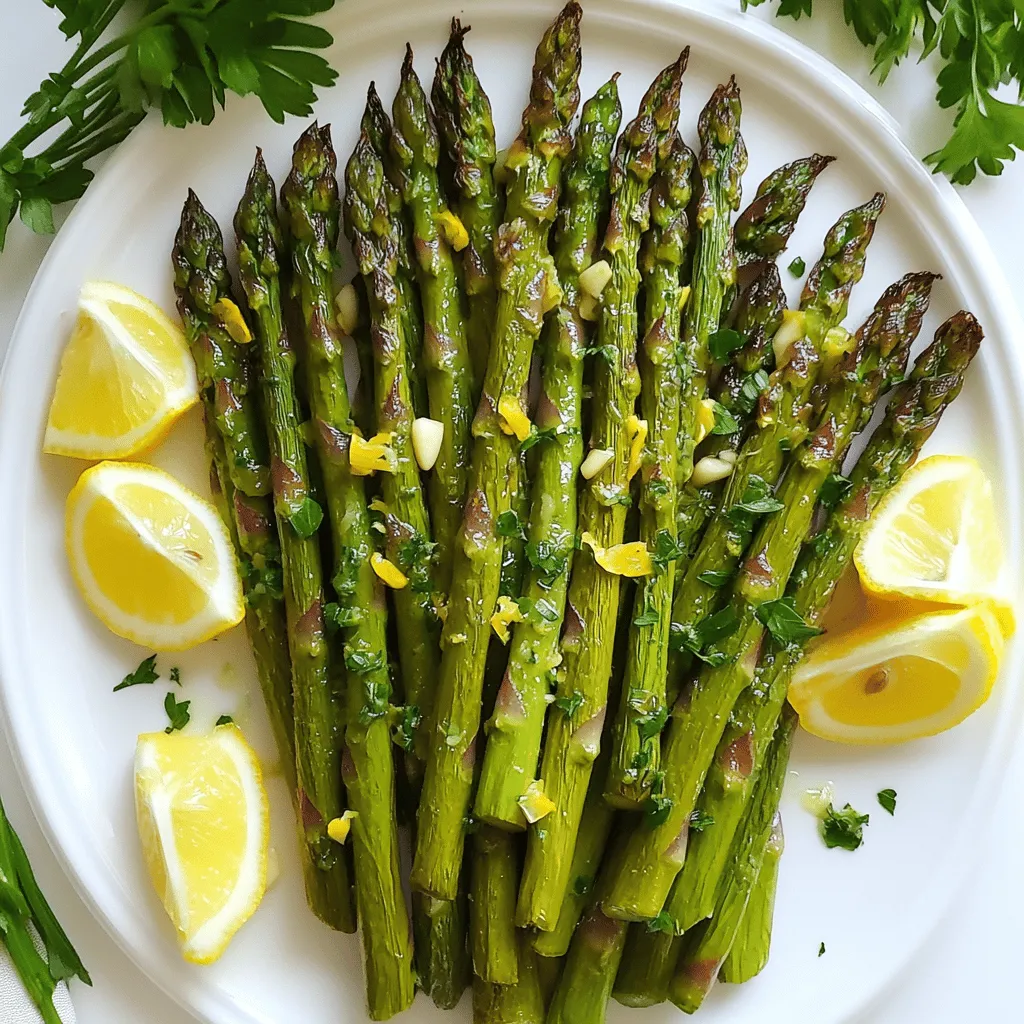 - Spargel: Frisch und optimal vorbereitet Frischer Spargel ist der Star dieses Gerichts. Wähle grüne Spargelstangen mit festen, knackigen Köpfen. Achte darauf, die holzigen Enden abzuschneiden. So bleibt der Spargel zart und lecker. - Gewürze und Öle: Olivenöl, Knoblauch und Zitrone Für den perfekten Geschmack benötigen wir hochwertiges Olivenöl. Der Knoblauch bringt einen tollen Geschmack. Frischer Zitronensaft und die Schale sorgen für eine zitrusfrische Note, die alles aufpeppt. - Optionale Zutaten: Parmesan und rote Pfefferflocken Parmesan verleiht dem Gericht eine cremige Note. Rote Pfefferflocken geben einen leichten Kick. Du kannst sie nach Belieben hinzufügen, um die Schärfe zu steigern. Für das komplette Rezept, schau dir [Full Recipe] an. Heize deinen Ofen auf 220 °C vor. So wird der Spargel schön knusprig. Putze den frischen Spargel gründlich. Schneide die holzigen Enden ab. Hacke den Knoblauch fein. Du brauchst etwa vier Zehen. Nimm eine große Schüssel und gib das Olivenöl hinein. Füge den gehackten Knoblauch, die Zitronenschale und den frisch gepressten Zitronensaft hinzu. Mische das Ganze gut. Streue das Meersalz, den schwarzen Pfeffer und die roten Pfefferflocken dazu. Verquirle alles gut, bis es gleichmäßig vermischt ist. Lege den geputzten Spargel in die Schüssel. Rühre vorsichtig um, damit der Spargel gut mit der Mischung überzogen ist. Jeder Stängel soll die leckeren Aromen aufnehmen. Lege den marinierten Spargel auf ein Backblech. Achte darauf, dass er in einer einzigen Schicht liegt. So gart er gleichmäßig. Röste ihn im Ofen für 12 bis 15 Minuten. Der Spargel sollte zart und leicht knusprig sein. Achte darauf, die Garzeit je nach Dicke des Spargels anzupassen. Für das vollständige Rezept und weitere Tipps, schau dir die [Full Recipe] an. Der Spargel ist perfekt, wenn er zart ist, aber nicht matschig. Achte darauf, dass die Farbe hellgrün bleibt. Du kannst auch mit einer Gabel hineinstechen. Wenn sie leicht nachgibt, ist es Zeit, ihn herauszunehmen. Normalerweise braucht er 12 bis 15 Minuten im Ofen. Aber die Zeit kann je nach Dicke des Spargels variieren. Dünner Spargel braucht weniger Zeit, dickerer mehr. Um den Geschmack zu verbessern, kannst du mit zusätzlichen Gewürzen oder Kräutern spielen. Probiere frische Thymian- oder Rosmarinzweige. Auch etwas Balsamico-Essig kann dem Gericht Tiefe verleihen. Du kannst auch geräucherte Paprika oder Zitrusfrüchte wie Limette verwenden. Es ist toll, verschiedene Kombinationen zu testen. Die Anrichtung macht viel aus. Lege die Spargelstangen kreisförmig auf einen weißen Teller. Das sieht elegant aus und hebt die Farben hervor. Ein Spritzer frischer Zitronensaft gibt Glanz. Du kannst auch Zitronenscheiben und etwas frische Petersilie darüber streuen. So wird dein Gericht zum echten Hingucker auf dem Tisch. {{image_4}} Ich liebe es, meinem Spargel eine käsehaltige Note zu geben. Parmesan ist lecker, aber du kannst auch andere Käsesorten verwenden. Feta oder Ziegenkäse bringen einen anderen Geschmack mit. Diese Käsesorten schmelzen gut und geben dem Gericht eine cremige Textur. Du kannst auch Käse über den Spargel streuen, kurz bevor du ihn aus dem Ofen nimmst. So wird der Käse schön warm und lecker. Wenn du den Grill magst, probiere gerösteten Spargel auf dem Grill. Das gibt ihm einen rauchigen Geschmack. Du kannst den Spargel einfach mit der Zitronen-Knoblauch-Mischung marinieren und dann auf den Grill legen. Achte darauf, dass die Stangen nicht durchhängen. Wende den Spargel oft, damit er gleichmäßig gart. So kannst du ihn auch im Sommer zubereiten. Spargel ist toll, aber du kannst auch andere Gemüsearten hinzufügen. Karotten oder Paprika passen gut zu diesem Gericht. Sie bringen Farbe und Textur. Schneide sie in ähnliche Größen wie den Spargel. Mische sie einfach in die Marinade und röste alles zusammen. Das ergibt eine bunte und gesunde Beilage. Du kannst mit verschiedenen Gemüsesorten experimentieren und deinen eigenen Twist hinzufügen. Um die Reste von deinem Lemon Garlic Roasted Asparagus gut zu lagern, lege sie in einen luftdichten Behälter. So bleibt der Spargel frisch. Stelle den Behälter in den Kühlschrank. Achte darauf, dass der Spargel vollständig abgekühlt ist, bevor du ihn lagerst. Auf diese Weise vermeidest du, dass er matschig wird. Wenn du den Spargel wieder aufwärmen möchtest, gibt es ein paar gute Methoden. Die beste Methode ist, ihn im Ofen zu erwärmen. Heize den Ofen auf 180 °C vor. Lege den Spargel auf ein Backblech und wärme ihn für etwa 5-7 Minuten. So bleibt der Spargel knusprig und lecker. Du kannst ihn auch in der Mikrowelle erwärmen. Stelle die Mikrowelle auf mittlere Hitze und erwärme den Spargel für 1-2 Minuten. Überprüfe zwischendurch, ob er warm genug ist. Wie lange bleibt der Spargel frisch? Im Kühlschrank hält sich der Spargel etwa 3-4 Tage. Achte darauf, ihn in einem luftdichten Behälter zu lagern. Wenn du ihn länger aufbewahren möchtest, kannst du ihn einfrieren. Im Gefrierfach bleibt der Spargel bis zu 6 Monate frisch. Denke daran, ihn vorher blanchieren, um die Farbe und den Geschmack zu bewahren. So genießt du auch später noch die frischen Aromen deines Lemon Garlic Roasted Asparagus. Spargel bleibt im Kühlschrank bis zu vier Tage frisch. Bewahren Sie ihn in einem feuchten Tuch auf. Legen Sie ihn in einen Beutel, um ihn frisch zu halten. So bleibt der Spargel knackig und lecker. Ja, gefrorener Spargel funktioniert gut. Kochen Sie ihn zuerst kurz in heißem Wasser. Danach trocken tupfen und mit der Marinade vermischen. Dies hilft, den Geschmack zu verbessern. Gefrorener Spargel braucht etwas länger im Ofen, etwa 15-18 Minuten. Das Rezept kann vegan sein. Lassen Sie den Parmesan einfach weg. Der Spargel schmeckt trotzdem toll mit der Zitronen-Knoblauch-Mischung. Fügen Sie mehr Gewürze oder Nüsse hinzu, um den Geschmack zu intensivieren. Teilen Sie die Zutaten einfach durch die Anzahl der Portionen, die Sie brauchen. Zum Beispiel, wenn Sie nur zwei Portionen wollen, verwenden Sie die Hälfte der Zutaten. Dies macht die Zubereitung einfach und flexibel. Zusammenfassend haben wir die besten Tipps für Spargel zubereitet. Wir haben die Zutaten, die Schritt-für-Schritt-Anleitung und nützliche Variationen besprochen. Denke daran, dass frischer Spargel und die richtigen Gewürze entscheidend sind. Variiere mit Käse oder anderen Gemüsesorten, um neue Geschmäcker zu entdecken. Achte auf die Garzeit, damit der Spargel perfekt wird. Mit diesen einfachen Tipps bringst du Abwechslung auf deinen Tisch. Genieße deine köstliche Kreation und teile sie mit Freunden!