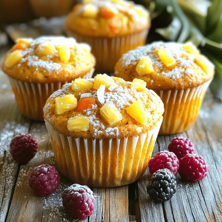 - 1 Tasse Weizenmehl - 1 Tasse Vollkornmehl - 1 Tasse Kristallzucker - 1/2 Tasse brauner Zucker, fest gepackt - 2 Teelöffel Backpulver Die Hauptzutaten sind wichtig für die Textur der Muffins. Weizenmehl gibt die Basis. Vollkornmehl bringt mehr Nährstoffe. Kristallzucker und brauner Zucker sorgen für Süße und Feuchtigkeit. Backpulver macht die Muffins schön luftig. - 1 Teelöffel gemahlener Zimt - 1/2 Teelöffel Salz - 1/2 Tasse Pflanzenöl - 3 große Eier - 1 Teelöffel Vanilleextrakt Zimt bringt ein warmes Aroma. Salz hebt die Süße hervor. Pflanzenöl macht die Muffins saftig. Eier binden alles gut zusammen und geben Struktur. Vanilleextrakt fügt einen feinen Geschmack hinzu. - 1 1/2 Tassen geriebene Karotten (ca. 3 mittlere Karotten) - 1/2 Tasse zerdrückte Ananas, abgetropft - 1/2 Tasse ungesüßte Kokosraspeln - 1/2 Tasse gehackte Walnüsse (optional) - 1/2 Tasse Rosinen oder getrocknete Cranberries Die Füllungen machen die Muffins besonders. Karotten bringen Feuchtigkeit und Süße. Ananas gibt einen fruchtigen Kick. Kokosraspeln fügen Textur hinzu. Walnüsse sind knusprig und lecker. Rosinen oder Cranberries bringen eine süße Note. Wenn Sie mehr Abwechslung wollen, probieren Sie diese mit verschiedenen Füllungen. Für das vollständige Rezept, schauen Sie sich das Full Recipe an. Zuerst heizen Sie Ihren Ofen auf 175°C vor. Dies sorgt für eine gleichmäßige Wärme. Legen Sie dann ein Muffinblech mit Papierförmchen aus. Alternativ können Sie es mit Sprühfett einfetten. In einer großen Schüssel mischen Sie die beiden Mehlsorten. Fügen Sie den Kristallzucker und den braunen Zucker hinzu. Geben Sie dann das Backpulver, den Zimt und das Salz dazu. Rühren Sie alles gut um, bis es gleichmäßig verteilt ist. In einer separaten Schüssel verrühren Sie das Pflanzenöl, die Eier und den Vanilleextrakt. Mischen Sie alles gut, bis die Mischung glatt ist. Gießen Sie nun die feuchten Zutaten zu den trockenen Zutaten. Rühren Sie vorsichtig, bis alles gerade so verbunden ist. Jetzt kommen die interessantesten Teile! Fügen Sie die geriebenen Karotten, die zerdrückte Ananas und die Kokosraspeln hinzu. Wenn Sie möchten, können Sie auch Walnüsse und Rosinen oder Cranberries hinzufügen. Falten Sie die Zutaten vorsichtig unter, damit der Teig luftig bleibt. Nutzen Sie einen Löffel oder einen Eisportionierer, um den Teig in die Muffinförmchen zu füllen. Füllen Sie jedes Förmchen etwa zu 3/4 voll. Backen Sie die Muffins für 20 bis 22 Minuten. Ein Zahnstocher sollte sauber herauskommen, wenn die Muffins fertig sind. Lassen Sie die Muffins fünf Minuten im Blech abkühlen. Danach setzen Sie sie auf ein Kuchengitter, um vollständig abzukühlen. Servieren Sie die Muffins warm auf einem hübschen Teller. Eine Prise Puderzucker und frische Beeren machen die Präsentation perfekt. Für das vollständige Rezept schauen Sie sich das Full Recipe an. Um die besten Muffins zu backen, ist das Mischen wichtig. Ich beginne oft mit den trockenen Zutaten. Das Mehl, der Zucker und die Gewürze sollten gut vermischt werden. So sorgt man für einen gleichmäßigen Geschmack. Dann kommen die feuchten Zutaten dazu. Ich füge sie langsam hinzu und falte sie leicht unter. So bleiben die Muffins fluffig. Übermixen ist ein häufiger Fehler. Wenn Sie zu lange rühren, werden die Muffins hart. Mischen Sie nur so lange, bis alles verbunden ist. Ein paar Klumpen sind okay. Das sorgt für eine schöne, lockere Textur. Die Backzeit ist entscheidend für den perfekten Muffin. Der Ofen sollte auf 175°C vorgeheizt werden. Normalerweise backe ich die Muffins 20 bis 22 Minuten. Aber jeder Ofen ist anders. Um sicher zu gehen, mache ich den Zahnstocher-Test. Stecken Sie einen Zahnstocher in die Mitte eines Muffins. Wenn er sauber herauskommt, sind die Muffins fertig. Andernfalls backen Sie sie ein paar Minuten länger. Ein häufiger Fehler ist, zu feuchte Zutaten zu verwenden. Zu viel Ananas oder Öl kann die Muffins schwer machen. Ich achte darauf, die Ananas gut abzutropfen. Auch das Timing ist wichtig. Muffins nicht zu lange backen! Wenn sie zu braun werden, sind sie trocken. Nehmen Sie sie rechtzeitig aus dem Ofen. So bleiben sie saftig und lecker. {{image_4}} Du kannst deine Morning Glory Muffins gesünder machen. Benutze Vollkornmehl anstelle von normalem Mehl. Vollkornmehl gibt den Muffins mehr Ballaststoffe und Nährstoffe. Du kannst auch Süßstoffe wie Honig oder Agavendicksaft verwenden, um den Zucker zu reduzieren. Eine weitere Möglichkeit ist, Füllungen wie Zucchini oder Apfelmus hinzuzufügen. Diese Zutaten machen die Muffins saftiger und fügen zusätzliche Vitamine hinzu. Wenn du eine vegane Version der Muffins möchtest, gibt es einfache Alternativen. Du kannst Eier durch Apfelmus oder Leinsamen ersetzen. Diese ersetzen die Bindung, die Eier bieten. Verwende auch pflanzliche Öle wie Kokosöl oder Sonnenblumenöl. So bleiben die Muffins lecker und vegan. Du kannst mit den Geschmäckern der Muffins spielen. Füge Schokoladenstückchen hinzu, um eine süße Note zu bekommen. Diese passen gut zu den Karotten und Ananas. Gewürze wie Muskatnuss oder Ingwer geben den Muffins einen zusätzlichen Kick. Experimentiere mit verschiedenen Kombinationen, um deinen perfekten Muffin zu finden. Schau dir auch das Full Recipe für mehr Ideen an! Muffins sind ein beliebtes Frühstück oder Snack. Sie können sie leicht lagern. Sie haben zwei Hauptoptionen: den Kühlschrank oder die Raumtemperatur. - Kühlschrank: Muffins bleiben frisch, wenn Sie sie in den Kühlschrank legen. Dies verlängert ihre Haltbarkeit. Wickeln Sie die Muffins in Frischhaltefolie oder legen Sie sie in einen luftdichten Behälter. - Raumtemperatur: Wenn Sie die Muffins innerhalb von zwei Tagen essen, können Sie sie bei Raumtemperatur aufbewahren. Packen Sie sie in einen Behälter, der luftdicht ist. So bleiben sie weich und lecker. Das Einfrieren von Muffins ist eine gute Idee. So haben Sie immer einen Snack zur Hand. - Wie man Muffins einfriert: Lassen Sie die Muffins zuerst abkühlen. Wickeln Sie sie dann einzeln in Frischhaltefolie. Legen Sie die eingewickelten Muffins in einen Gefrierbeutel oder -behälter. So schützen Sie sie vor Frostschäden. - Auftaumethoden: Zum Auftauen können Sie die Muffins einfach in den Kühlschrank legen oder sie bei Raumtemperatur stehen lassen. Eine schnelle Methode ist, sie kurz in die Mikrowelle zu legen. Die Haltbarkeit von Muffins hängt von der Lagerung ab. Hier sind einige Tipps zur Vermeidung von Verderb: - Lagern Sie Muffins an einem kühlen, trockenen Ort. - Verwenden Sie immer saubere Hände oder Utensilien, um die Muffins zu berühren. Achten Sie auf diese Zeichen für Verderbtheit: - Muffins haben einen seltsamen Geruch. - Die Oberfläche sieht trocken oder schimmelig aus. - Sie schmecken nicht mehr frisch. Wenn Sie diese Tipps befolgen, bleiben Ihre Morning Glory Muffins länger lecker. Für das vollständige Rezept, sehen Sie sich das Full Recipe an! Die Muffins sind bei richtiger Lagerung bis zu einer Woche haltbar. Bewahre sie in einem luftdichten Behälter auf, um ihre Frische zu erhalten. Wenn du sie länger aufbewahren möchtest, kannst du sie auch einfrieren. So bleiben sie bis zu drei Monate gut. Ja, du kannst die Muffins ganz nach deinem Geschmack anpassen. Füge zum Beispiel Nüsse, Schokoladenstückchen oder verschiedene Trockenfrüchte hinzu. Du kannst auch die Karotten durch Zucchini ersetzen oder etwas Apfelmus hinzufügen. Sei kreativ! Diese Muffins sind lecker mit Marmelade, frischer Butter oder Frischkäse. Du kannst sie auch mit einem Glas kalter Milch oder einem heißen Tee genießen. Die Kombination bringt den Geschmack der Muffins perfekt zur Geltung. Um glutenfreie Muffins zu machen, ersetze das Weizenmehl durch eine glutenfreie Mehlmischung. Achte darauf, dass alle anderen Zutaten ebenfalls glutenfrei sind. So kannst du diese leckeren Muffins auch ohne Gluten genießen. Reduziere einfach die Menge an Kristall- und braunem Zucker. Du kannst auch Süßstoffe wie Stevia oder Erythrit verwenden. Probiere es aus und finde die perfekte Süße für deinen Geschmack. Du findest das vollständige Rezept in diesem Artikel. Es gibt dir eine genaue Anleitung, wie du die Muffins zubereiten kannst. Die Zubereitung von Muffins ist einfach und macht Spaß. Wir begannen mit den Hauptzutaten, die gut kombiniert werden müssen. Dann kamen die feuchten Zutaten und die Füllungen hinzu. Tipps helfen, perfekte Muffins zu backen und häufige Fehler zu vermeiden. Es gibt auch Variationen, wie gesunde oder vegane Muffins. Denke an die Lagerung, damit sie frisch bleiben. Mit diesen Informationen bist du bereit, leckere Muffins zu backen. Sei kreativ und probiere neue Füllungen aus!