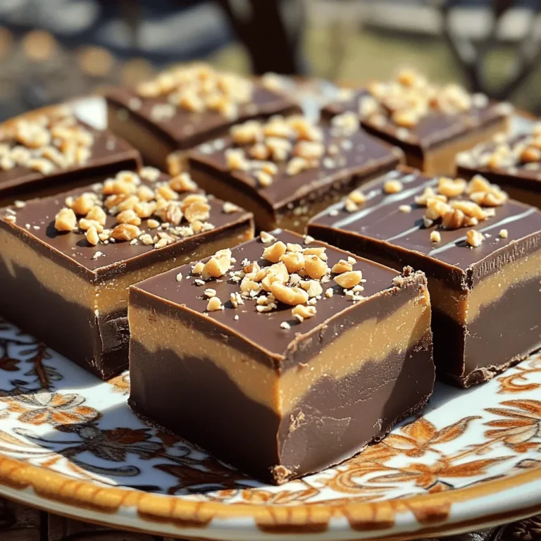 Um ein leckeres Schokoladen-Erdnussbutter-Fudge zu machen, brauchst du: - 240 g cremige Erdnussbutter - 170 g semi-dunkle Schokoladenstückchen - 50 g ungesüßtes Kakaopulver - 120 g Puderzucker - 1 Teelöffel Vanilleextrakt - 60 ml Milch (Tier- oder Pflanzenmilch) - Eine Prise Salz Diese Zutaten sind einfach zu finden. Die Erdnussbutter gibt dem Fudge seinen tollen Geschmack. Die Schokoladenstückchen sorgen für die perfekte Schokoladennote. Das Kakaopulver macht es noch schokoladiger. Puderzucker sorgt für die Süße, und die Milch hilft, alles zu verbinden. Wenn du eine spezielle Diät hast, gibt es tolle Alternativen: - Vegan: Verwende pflanzliche Milch und vegane Schokoladenstückchen. - Glutenfrei: Alle genannten Zutaten sind von Natur aus glutenfrei. Achte nur darauf, dass keine glutenhaltigen Stoffe in deiner Küche sind. Das ist super wichtig, wenn du Allergien oder Unverträglichkeiten hast. Mit diesen Änderungen kannst du das Fudge auch genießen. Wähle hochwertige Zutaten für den besten Geschmack. Hier sind meine Tipps: - Erdnussbutter: Nutze eine natürliche Variante ohne Zuckerzusatz. - Schokolade: Achte auf einen hohen Kakaoanteil bei den Schokoladenstückchen. Das macht den Geschmack intensiver. - Kakaopulver: Entweder ungesüßt oder von guter Qualität. So wird das Fudge cremiger und schokoladiger. - Milch: Wenn du Pflanzenmilch wählst, teste verschiedene Sorten wie Mandel- oder Hafermilch. Sie geben dem Fudge einen anderen, leckeren Geschmack. Mit diesen Tipps stellst du sicher, dass dein Schokoladen-Erdnussbutter-Fudge wirklich köstlich wird. Du kannst das Rezept ausprobieren, um deine eigene Version zu kreieren. Probiere auch den [Full Recipe] aus, um alle Schritte zu sehen. Um das perfekte Schokoladen-Erdnussbutter-Fudge zu machen, folge diesen einfachen Schritten: 1. Fette eine 20x20 cm große Backform mit Backpapier aus. Lass einen Überhang, um das Fudge später leicht herauszuholen. 2. Nimm einen mittelgroßen Topf. Vermenge die Erdnussbutter, die Schokoladenstückchen und die Milch bei niedriger Hitze. Rühre kontinuierlich, bis die Mischung glatt ist. 3. Nimm den Topf vom Herd. Füge den Vanilleextrakt, das Kakaopulver, den Puderzucker und eine Prise Salz hinzu. Mische alles gründlich. 4. Gieße die Mischung in die Backform. Verteile sie gleichmäßig mit einem Spatel für ein glattes Finish. 5. Lasse das Fudge für mindestens 2 Stunden im Kühlschrank ruhen, bis es fest ist. 6. Hebe das Fudge vorsichtig mit dem Backpapier aus der Form. Lege es auf ein Schneidebrett und schneide es in Würfel. 7. Bewahre Reste in einem luftdichten Behälter im Kühlschrank auf. So bleibt es bis zu 2 Wochen frisch. Ein paar einfache Tipps helfen, häufige Fehler zu vermeiden: - Rühre die Mischung ständig, damit die Schokolade nicht anbrennt. - Achte darauf, die Milch langsam hinzuzufügen, damit die Mischung nicht zu flüssig wird. - Lasse das Fudge lange genug im Kühlschrank, damit es fest wird. - Nutze einen scharfen Messer zum Schneiden, damit die Stücke schön aussehen. Das Fudge sieht toll aus, wenn du es anrichtest: - Arrangiere die Fudge-Würfel auf einem schönen Teller. - Bestreue sie mit gehackten Nüssen für einen zusätzlichen Crunch. - Du kannst auch etwas geschmolzene Schokolade über das Fudge träufeln. Das macht es noch leckerer und sieht gut aus! Ein häufiger Fehler ist, die Mischung zu lange zu kochen. Dadurch wird das Fudge hart. Du solltest die Mischung nur erhitzen, bis alles geschmolzen ist. Ein weiterer Fehler ist das Messen der Zutaten. Verwende immer Küchenwaagen oder Messbecher für genaue Mengen. Das hilft, die richtige Konsistenz zu erreichen. Und vergiss nicht, die Backform gut auszulegen! So bleibt das Fudge nicht kleben und lässt sich leicht herausnehmen. Um die perfekte Textur zu erzielen, achte auf die Qualität der Schokolade. Hochwertige Schokolade schmilzt besser und hat einen reicheren Geschmack. Ein weiterer Trick ist, die Mischung gut zu rühren, bis sie komplett glatt ist. Vermeide Klümpchen, denn sie können die Textur stören. Du kannst auch etwas mehr Milch hinzufügen, um das Fudge weicher zu machen. Aber sei vorsichtig, zu viel macht es nicht fest! Um das Fudge schnell abzukühlen, lege die Backform in den Kühlschrank. Achte darauf, dass der Kühlschrank nicht zu voll ist, damit die Luft gut zirkulieren kann. Eine andere Methode ist, die Backform auf ein Kühlregal zu stellen. So kann die Luft von allen Seiten zirkulieren. Du kannst auch die Fudge-Mischung in kleinere Portionen verteilen. So kühlt sie schneller ab. Für das vollständige Rezept, schau dir die [Full Recipe] an. {{image_4}} Du kannst dein Schokoladen-Erdnussbutter-Fudge ganz nach deinem Geschmack anpassen. Wenn du Nussbutter magst, probiere Mandel- oder Cashewbutter. Diese Alternativen haben einen anderen Geschmack, bringen aber die gleiche Cremigkeit. Für Schokoladenliebhaber gibt es viele Optionen. Du kannst Milchschokolade, Zartbitterschokolade oder sogar weiße Schokolade verwenden. Jede dieser Sorten gibt dem Fudge eine eigene Note und macht ihn besonders. Kombiniere dein Fudge mit anderen Zutaten für mehr Geschmack. Ein Hauch von Zimt kann eine schöne Wärme hinzufügen. Du kannst auch etwas Chili-Pulver für einen scharfen Kick verwenden. Wenn du fruchtige Noten magst, füge getrocknete Früchte wie Cranberries oder Aprikosen hinzu. Diese Zutaten bringen eine neue Dimension in dein Fudge und machen es interessanter. Die Präsentation ist wichtig, besonders wenn du deine Freunde beeindrucken willst. Arrangiere die Fudge-Würfel auf einem schönen Teller. Du kannst sie mit gehackten Nüssen bestreuen. Oder träufle geschmolzene Schokolade darüber. Eine weitere Idee ist, kleine Fudge-Stücke in Muffinförmchen zu setzen. Das sieht toll aus und macht das Servieren einfach. Verwende frische Beeren oder Minzblätter zur Dekoration. So wird dein Fudge zu einem echten Hingucker! Um dein Schokoladen-Erdnussbutter-Fudge frisch zu halten, lege es in einen luftdichten Behälter. Achte darauf, dass der Behälter sauber und trocken ist. Stelle den Behälter in den Kühlschrank. So bleibt das Fudge fest und lecker. Vermeide es, Fudge mit anderen stark riechenden Lebensmitteln zu lagern. Der starke Geruch könnte den Geschmack des Fudge beeinträchtigen. Wenn du das Fudge richtig lagerst, bleibt es bis zu zwei Wochen frisch. Das ist eine großartige Möglichkeit, um es für später zu genießen. Wenn du es in Stücke schneidest, achte darauf, die Reste nicht zu lange draußen zu lassen. Lass das Fudge nicht bei Raumtemperatur stehen. Es könnte weich werden und die Textur verlieren. Das Einfrieren von Fudge ist einfach! Schneide es in Stücke und lege sie in einen gefrierfesten Behälter. Trenne die Schichten mit Backpapier, damit sie nicht zusammenkleben. Du kannst das Fudge bis zu drei Monate einfrieren. Zum Auftauen lege das Fudge einfach in den Kühlschrank. Lass es dort ein paar Stunden ruhen, bis es weich und genussbereit ist. So bleibt der Geschmack erhalten. Um die Konsistenz des Fudge zu ändern, kannst du die Menge der Erdnussbutter oder der Schokolade anpassen. Mehr Erdnussbutter macht das Fudge weicher. Mehr Schokolade macht es fester. Wenn du ein weicheres Fudge möchtest, füge zusätzlich einen Esslöffel Milch hinzu. Das hilft, die Mischung geschmeidiger zu machen. Wenn das Fudge zu fest ist, kannst du es leicht in der Mikrowelle erwärmen. Rühre es gut durch und lasse es etwas abkühlen, bevor du es erneut in die Form gießt. Ja, du kannst diesen Fudge einfach veganisieren. Ersetze die Milch durch eine pflanzliche Milch wie Mandel- oder Hafermilch. Verwende vegane Schokoladenstückchen, die keine Milchprodukte enthalten. Achte darauf, dass auch deine Erdnussbutter keine tierischen Produkte enthält. Mit diesen Änderungen bleibt der Geschmack gleich gut und du hast ein leckeres veganes Dessert. Du kannst verschiedene Nüsse in diesem Rezept verwenden. Mandeln oder Cashews passen gut zu Erdnussbutter. Du kannst auch Nüsse ganz weglassen, wenn du es einfacher magst. Bei den Schokoladensorten kannst du semi-dunkle, dunkle oder sogar weiße Schokolade nehmen. Jede Sorte gibt dem Fudge einen anderen Geschmack. Experimentiere mit verschiedenen Kombinationen, um deinen Favoriten zu finden. Schokoladen-Erdnussbutter-Fudge ist einfach und lecker. Du hast gelernt, wie du die besten Zutaten wählst und den Fudge perfekt zubereitest. Tipps helfen dir, häufige Fehler zu vermeiden und die Textur zu verbessern. Variationen sorgen für neuen Geschmack, und die Lagerung sichert die Frische. Mit diesen Tricks bist du gut gerüstet, um Fudge zu machen. Viel Spaß beim Ausprobieren und Teilen!