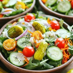 - 4 Tassen gemischte Blattsalate - 1 Tasse Kirschtomaten - 1 Salatgurke - 1 Tasse geraspelte Karotten - 1 Tasse süße Gewürzgurken - 1/2 Tasse rote Zwiebel - 1/2 Tasse Ranch-Dressing - 1/4 Tasse Dillgurkenlake - 1 Tasse gegrillte Hähnchenbrust (optional) - 1/2 Tasse zerbröckelter Feta-Käse (optional) - Salz und Pfeffer - Frischer Dill Ich liebe es, frische und gesunde Zutaten zu verwenden. Die Basis bilden die gemischten Blattsalate. Spinat, Rucola und Romanasalat bringen viel Geschmack. Kirschtomaten sind süß und geben einen tollen Farbkontrast. Die Gurke sorgt für Knackigkeit. Die geraspelten Karotten fügen eine süße Note hinzu. Süße Gewürzgurken sind der Star des Salats. Ihre Würze hebt alles hervor. Rote Zwiebeln bringen eine milde Schärfe mit. Ranch-Dressing ist ein Muss für den Geschmack. Die Dillgurkenlake macht das Dressing besonders frisch. Wenn du möchtest, füge gegrillte Hähnchenbrust hinzu. Diese macht den Salat sättigender. Feta-Käse ist eine leckere Option für mehr Cremigkeit. Denke daran, Salz und Pfeffer nach Geschmack zu verwenden. Frischer Dill gibt dem Salat den letzten Schliff. Diese Zutaten machen die Pickle Ranch Salad Bowls zu einem Genuss. Du kannst das vollständige Rezept hier finden: [Full Recipe]. Um einen leckeren Pickle Ranch Salad Bowl zu machen, folge diesen einfachen Schritten. - In einer großen Schüssel alle frischen Zutaten vermengen: Nimm die 4 Tassen gemischte Blattsalate, die 1 Tasse halbierten Kirschtomaten, die gewürfelte Salatgurke, die geraspelten Karotten, die gewürfelten süßen Gewürzgurken und die dünn geschnittene rote Zwiebel. Mische alles gut. Dies sorgt dafür, dass jeder Biss frisch schmeckt. - Gegrillte Hähnchenbrust und Feta-Käse hinzufügen (optional): Wenn du etwas Protein möchtest, füge die 1 Tasse gegrillte Hähnchenbrust und 1/2 Tasse zerbröckelten Feta-Käse hinzu. Diese Optionen machen den Salat noch nahrhafter. - Ranch-Dressing und Dillgurkenlake anrühren und unter den Salat heben: In einer kleinen Schüssel mische 1/2 Tasse Ranch-Dressing mit 1/4 Tasse Dillgurkenlake. Das ist der Geheimtipp für einen tollen Geschmack. Gieße das Dressing über den Salat und mische alles vorsichtig. Achte darauf, dass jede Zutat gut benetzt ist. - Mit Salz und Pfeffer abschmecken: Probiere den Salat und füge nach Geschmack Salz und Pfeffer hinzu. Eine Prise kann viel ausmachen. Mische alles erneut sanft durch, um die Aromen zu vereinen. Jetzt ist dein Salat bereit, schön angerichtet zu werden. Wenn du mehr Details und eine vollständige Anleitung möchtest, schau dir das [Full Recipe] an. - Frische Blattsalate aus der Region: Achte darauf, dass die Blattsalate knackig und grün sind. Kaufe sie am besten direkt vom Markt oder einem Bio-Laden. So hast du die frischesten Zutaten. - Auswahl der reifen Kirschtomaten: Wähle Tomaten, die fest und glänzend sind. Diese sind oft süßer und geben deinem Salat einen tollen Geschmack. Drücke leicht darauf, um sicherzustellen, dass sie nicht überreif sind. - Geeignete Gewürzgurken für den besten Geschmack: Achte auf Gewürzgurken, die knackig sind und gut gewürzt schmecken. Sie verleihen deinem Salat einen feinen Kick. Probiere verschiedene Marken aus, um deine Lieblingssorte zu finden. - Wie man die Zutaten vorbereitet: Wasche die Blattsalate gründlich unter kaltem Wasser und schneide sie in mundgerechte Stücke. Halbiere die Kirschtomaten und würfle die Gurke. Die Karotten kannst du einfach raspeln. Je frischer die Zutaten, desto besser wird dein Salat. - Richtige Lagerung des Dressings: Bewahre das Dressing in einem luftdichten Behälter im Kühlschrank auf. So bleibt es frisch und geschmackvoll. Du kannst es auch einen Tag im Voraus zubereiten. Mische es vor dem Servieren gut durch, damit sich die Aromen verbinden. Wenn du alle Schritte befolgst, wird dein Pickle Ranch Salad Bowl frisch und lecker. Damit machst du jeden Tisch zum Festtag! {{image_4}} Um den Pickle Ranch Salad Bowl vegan zu machen, ersetzen Sie das Ranch-Dressing durch pflanzliche Alternativen. Viele Marken bieten leckere vegane Dressings an. Sie können auch eine einfache Mischung aus Avocado und Zitrone verwenden. Das gibt dem Salat eine frische Note. Statt Hähnchen nehme ich oft Kichererbsen. Sie sind nahrhaft und fügen eine tolle Textur hinzu. Einfach die Kichererbsen abtropfen und gut abspülen. Dann mischen Sie sie mit den anderen Zutaten. Wenn Sie den Salat aufpeppen möchten, fügen Sie Avocado hinzu. Sie macht den Salat cremig und lecker. Nüsse, wie Mandeln oder Walnüsse, sorgen für einen knusprigen Biss. Sie können auch mit verschiedenen Dressings experimentieren. Ein Joghurt-Dressing oder ein Balsamico-Dressing passen gut zu den Aromen. Probieren Sie es aus! Für das vollständige Rezept schauen Sie sich den Abschnitt über die Zutaten an. Um den Salat frisch zu halten, lege die Reste in einen luftdichten Behälter. Stelle sicher, dass der Behälter gut verschlossen ist, damit die Zutaten nicht austrocknen. Die Kühlschranklagerung des Salats hält die Aromen lebendig. So bleibt der Salat bis zu drei Tage frisch. Die maximale Haltbarkeit der Zutaten ist wichtig. Blattsalate sind am schnellsten verderblich. Kirschtomaten und Gurken können etwas länger halten. Veggie-Zutaten wie Karotten oder Zwiebeln bleiben bis zu vier Tage frisch. Tipps zur Vorbereitung der Zutaten einen Tag vorher können dir viel Zeit sparen. Wasche und schneide das Gemüse am Vortag. So hast du alles bereit für den schnellen Genuss. Lagere die geschnittenen Zutaten getrennt im Kühlschrank. Die beste Praxis zur Vermeidung von matschigem Salat ist, das Dressing separat zu halten. Mische das Dressing erst kurz vor dem Servieren unter den Salat. So bleibt der Salat knackig und frisch. Wenn du das Dressing im Voraus zubereitest, bewahre es in einem eigenen Behälter auf. Der Salat bleibt frisch für drei bis fünf Tage im Kühlschrank. Um die Frische zu bewahren, lagere ihn in einem luftdichten Behälter. Trenne das Dressing vom Salat, wenn du Reste aufbewahrst. So bleibt der Salat knackig und die Blätter welken nicht. Ja, du kannst das Dressing einen Tag im Voraus machen. Bewahre es in einem verschlossenen Behälter im Kühlschrank auf. Rühre es vor dem Servieren gut durch. Das gibt dem Dressing Zeit, die Aromen zu entfalten. So schmeckt es noch besser, wenn du es zum Salat gibst. Ein paar tolle Beilagen sind knusprige Croutons oder gegrillte Maiskolben. Du kannst auch nach Wunsch Tortilla-Chips oder Brotscheiben servieren. Diese Beilagen bringen mehr Textur und Geschmack in dein Essen. Sie ergänzen die Frische der Pickle Ranch Salad Bowls perfekt. Der Pickle Ranch Salad Bowl ist eine köstliche Mischung aus frischen Zutaten. Wir haben die besten Zutaten und Zubereitungsschritte besprochen. Tipps zur Auswahl und Lagerung machen die Zubereitung leicht. Variationen bieten Optionen für jeden Geschmack, auch vegan. Denke daran, den Salat frisch zu essen und nicht zu lange im Kühlschrank zu lagern. So bleibt er knackig. Jetzt bist du bereit, deinen eigenen leckeren Salat zuzubereiten!