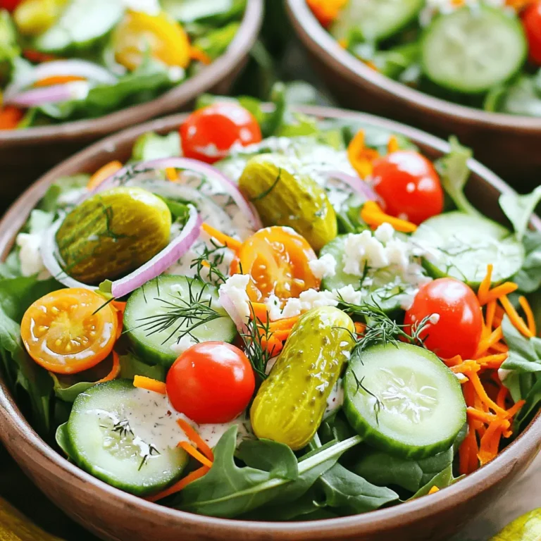 - 4 Tassen gemischte Blattsalate - 1 Tasse Kirschtomaten - 1 Salatgurke - 1 Tasse geraspelte Karotten - 1 Tasse süße Gewürzgurken - 1/2 Tasse rote Zwiebel - 1/2 Tasse Ranch-Dressing - 1/4 Tasse Dillgurkenlake - 1 Tasse gegrillte Hähnchenbrust (optional) - 1/2 Tasse zerbröckelter Feta-Käse (optional) - Salz und Pfeffer - Frischer Dill Ich liebe es, frische und gesunde Zutaten zu verwenden. Die Basis bilden die gemischten Blattsalate. Spinat, Rucola und Romanasalat bringen viel Geschmack. Kirschtomaten sind süß und geben einen tollen Farbkontrast. Die Gurke sorgt für Knackigkeit. Die geraspelten Karotten fügen eine süße Note hinzu. Süße Gewürzgurken sind der Star des Salats. Ihre Würze hebt alles hervor. Rote Zwiebeln bringen eine milde Schärfe mit. Ranch-Dressing ist ein Muss für den Geschmack. Die Dillgurkenlake macht das Dressing besonders frisch. Wenn du möchtest, füge gegrillte Hähnchenbrust hinzu. Diese macht den Salat sättigender. Feta-Käse ist eine leckere Option für mehr Cremigkeit. Denke daran, Salz und Pfeffer nach Geschmack zu verwenden. Frischer Dill gibt dem Salat den letzten Schliff. Diese Zutaten machen die Pickle Ranch Salad Bowls zu einem Genuss. Du kannst das vollständige Rezept hier finden: [Full Recipe]. Um einen leckeren Pickle Ranch Salad Bowl zu machen, folge diesen einfachen Schritten. - In einer großen Schüssel alle frischen Zutaten vermengen: Nimm die 4 Tassen gemischte Blattsalate, die 1 Tasse halbierten Kirschtomaten, die gewürfelte Salatgurke, die geraspelten Karotten, die gewürfelten süßen Gewürzgurken und die dünn geschnittene rote Zwiebel. Mische alles gut. Dies sorgt dafür, dass jeder Biss frisch schmeckt. - Gegrillte Hähnchenbrust und Feta-Käse hinzufügen (optional): Wenn du etwas Protein möchtest, füge die 1 Tasse gegrillte Hähnchenbrust und 1/2 Tasse zerbröckelten Feta-Käse hinzu. Diese Optionen machen den Salat noch nahrhafter. - Ranch-Dressing und Dillgurkenlake anrühren und unter den Salat heben: In einer kleinen Schüssel mische 1/2 Tasse Ranch-Dressing mit 1/4 Tasse Dillgurkenlake. Das ist der Geheimtipp für einen tollen Geschmack. Gieße das Dressing über den Salat und mische alles vorsichtig. Achte darauf, dass jede Zutat gut benetzt ist. - Mit Salz und Pfeffer abschmecken: Probiere den Salat und füge nach Geschmack Salz und Pfeffer hinzu. Eine Prise kann viel ausmachen. Mische alles erneut sanft durch, um die Aromen zu vereinen. Jetzt ist dein Salat bereit, schön angerichtet zu werden. Wenn du mehr Details und eine vollständige Anleitung möchtest, schau dir das [Full Recipe] an. - Frische Blattsalate aus der Region: Achte darauf, dass die Blattsalate knackig und grün sind. Kaufe sie am besten direkt vom Markt oder einem Bio-Laden. So hast du die frischesten Zutaten. - Auswahl der reifen Kirschtomaten: Wähle Tomaten, die fest und glänzend sind. Diese sind oft süßer und geben deinem Salat einen tollen Geschmack. Drücke leicht darauf, um sicherzustellen, dass sie nicht überreif sind. - Geeignete Gewürzgurken für den besten Geschmack: Achte auf Gewürzgurken, die knackig sind und gut gewürzt schmecken. Sie verleihen deinem Salat einen feinen Kick. Probiere verschiedene Marken aus, um deine Lieblingssorte zu finden. - Wie man die Zutaten vorbereitet: Wasche die Blattsalate gründlich unter kaltem Wasser und schneide sie in mundgerechte Stücke. Halbiere die Kirschtomaten und würfle die Gurke. Die Karotten kannst du einfach raspeln. Je frischer die Zutaten, desto besser wird dein Salat. - Richtige Lagerung des Dressings: Bewahre das Dressing in einem luftdichten Behälter im Kühlschrank auf. So bleibt es frisch und geschmackvoll. Du kannst es auch einen Tag im Voraus zubereiten. Mische es vor dem Servieren gut durch, damit sich die Aromen verbinden. Wenn du alle Schritte befolgst, wird dein Pickle Ranch Salad Bowl frisch und lecker. Damit machst du jeden Tisch zum Festtag! {{image_4}} Um den Pickle Ranch Salad Bowl vegan zu machen, ersetzen Sie das Ranch-Dressing durch pflanzliche Alternativen. Viele Marken bieten leckere vegane Dressings an. Sie können auch eine einfache Mischung aus Avocado und Zitrone verwenden. Das gibt dem Salat eine frische Note. Statt Hähnchen nehme ich oft Kichererbsen. Sie sind nahrhaft und fügen eine tolle Textur hinzu. Einfach die Kichererbsen abtropfen und gut abspülen. Dann mischen Sie sie mit den anderen Zutaten. Wenn Sie den Salat aufpeppen möchten, fügen Sie Avocado hinzu. Sie macht den Salat cremig und lecker. Nüsse, wie Mandeln oder Walnüsse, sorgen für einen knusprigen Biss. Sie können auch mit verschiedenen Dressings experimentieren. Ein Joghurt-Dressing oder ein Balsamico-Dressing passen gut zu den Aromen. Probieren Sie es aus! Für das vollständige Rezept schauen Sie sich den Abschnitt über die Zutaten an. Um den Salat frisch zu halten, lege die Reste in einen luftdichten Behälter. Stelle sicher, dass der Behälter gut verschlossen ist, damit die Zutaten nicht austrocknen. Die Kühlschranklagerung des Salats hält die Aromen lebendig. So bleibt der Salat bis zu drei Tage frisch. Die maximale Haltbarkeit der Zutaten ist wichtig. Blattsalate sind am schnellsten verderblich. Kirschtomaten und Gurken können etwas länger halten. Veggie-Zutaten wie Karotten oder Zwiebeln bleiben bis zu vier Tage frisch. Tipps zur Vorbereitung der Zutaten einen Tag vorher können dir viel Zeit sparen. Wasche und schneide das Gemüse am Vortag. So hast du alles bereit für den schnellen Genuss. Lagere die geschnittenen Zutaten getrennt im Kühlschrank. Die beste Praxis zur Vermeidung von matschigem Salat ist, das Dressing separat zu halten. Mische das Dressing erst kurz vor dem Servieren unter den Salat. So bleibt der Salat knackig und frisch. Wenn du das Dressing im Voraus zubereitest, bewahre es in einem eigenen Behälter auf. Der Salat bleibt frisch für drei bis fünf Tage im Kühlschrank. Um die Frische zu bewahren, lagere ihn in einem luftdichten Behälter. Trenne das Dressing vom Salat, wenn du Reste aufbewahrst. So bleibt der Salat knackig und die Blätter welken nicht. Ja, du kannst das Dressing einen Tag im Voraus machen. Bewahre es in einem verschlossenen Behälter im Kühlschrank auf. Rühre es vor dem Servieren gut durch. Das gibt dem Dressing Zeit, die Aromen zu entfalten. So schmeckt es noch besser, wenn du es zum Salat gibst. Ein paar tolle Beilagen sind knusprige Croutons oder gegrillte Maiskolben. Du kannst auch nach Wunsch Tortilla-Chips oder Brotscheiben servieren. Diese Beilagen bringen mehr Textur und Geschmack in dein Essen. Sie ergänzen die Frische der Pickle Ranch Salad Bowls perfekt. Der Pickle Ranch Salad Bowl ist eine köstliche Mischung aus frischen Zutaten. Wir haben die besten Zutaten und Zubereitungsschritte besprochen. Tipps zur Auswahl und Lagerung machen die Zubereitung leicht. Variationen bieten Optionen für jeden Geschmack, auch vegan. Denke daran, den Salat frisch zu essen und nicht zu lange im Kühlschrank zu lagern. So bleibt er knackig. Jetzt bist du bereit, deinen eigenen leckeren Salat zuzubereiten!
