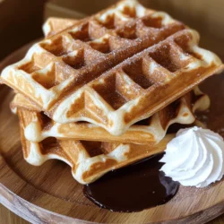 Für leckere Zimt Zucker Churro Waffeln brauchst du einfache Zutaten. Diese machen die Waffeln besonders lecker. - 1 Tasse Weizenmehl - 1 Esslöffel Backpulver - 1/2 Teelöffel Salz - 1 Esslöffel Zucker - 1 Teelöffel Zimt, gemahlen - 1 Tasse Milch - 1 großes Ei - 4 Esslöffel ungesalzene Butter, geschmolzen - 1/2 Tasse Kristallzucker (zum Wenden) - 2 Esslöffel Zimt (zum Wenden) - Schokoladensauce (zum Beträufeln, optional) Die Mengen sind wichtig für den Geschmack. Wenn du weniger Waffeln machen willst, halbiere einfach die Zutaten. - Statt Weizenmehl kannst du auch Mandelmehl verwenden, um es glutenfrei zu machen. - Milch kann durch Mandelmilch oder Sojamilch ersetzt werden. - Anstelle von Butter verwendest du Kokosöl für eine andere Note. Frische Zutaten machen einen großen Unterschied. Hier sind meine Tipps: - Wähle frisches Mehl ohne Klumpen. - Achte darauf, dass die Butter frisch ist und gut riecht. - Kaufe Eier aus Freilandhaltung für besseren Geschmack. - Verwende hochwertigen Zimt. Er sollte aromatisch riechen und nicht staubig sein. Mit diesen Zutaten bereitest du köstliche Waffeln zu. Du kannst das gesamte Rezept in [Full Recipe] nachlesen. Heize dein Waffeleisen auf die empfohlene Temperatur vor. Das macht den ersten Schritt einfacher. Ein gut vorgeheiztes Waffeleisen sorgt dafür, dass die Waffeln gleichmäßig backen. Verwende etwas Antihaftspray oder schmelze Butter, um das Eisen leicht einzufetten. So kleben die Waffeln nicht fest. In einer mittelgroßen Schüssel mischst du folgende Zutaten: - 1 Tasse Weizenmehl - 1 Esslöffel Backpulver - 1/2 Teelöffel Salz - 1 Esslöffel Zucker - 1 Teelöffel Zimt, gemahlen In einer anderen Schüssel kombinierst du: - 1 Tasse Milch - 1 großes Ei - 4 Esslöffel ungesalzene Butter, geschmolzen Gieße die feuchten Zutaten in die trockenen. Rühre vorsichtig, bis alles gut vermischt ist. Es ist okay, wenn der Teig noch kleine Klümpchen hat. Gieße etwa 3/4 Tasse Teig in das vorgeheizte Waffeleisen. Schließe den Deckel und backe die Waffeln 3-5 Minuten lang. Sie sollten goldbraun und knusprig sein. Bereite währenddessen die Zimt-Zucker-Mischung vor. Mische in einer flachen Schüssel: - 1/2 Tasse Kristallzucker - 2 Esslöffel Zimt Sobald die Waffeln fertig sind, nimm sie vorsichtig aus dem Eisen. Wende jede Waffel noch warm in der Zimt-Zucker-Mischung. So bleibt der Zimt-Zucker gut haften. Für eine besondere Note kannst du Schokoladensauce darüber träufeln. Folge diesen Schritten aus dem Full Recipe und genieße dein leckeres Frühstück! Um die perfekte Konsistenz für deine Zimt Zucker Churro Waffeln zu erreichen, ist das Mischen der Zutaten wichtig. Du solltest die trockenen Zutaten gut vermengen. Das verhindert Klumpen. Wenn du die feuchten Zutaten hinzufügst, rühre nur kurz. Ein paar kleine Klümpchen sind in Ordnung. Sie sorgen für eine lockere Waffel. Achte darauf, das Waffeleisen gut vorzuheizen. So wird die Waffel außen knusprig und innen weich. Ein häufiges Problem sind zu trockene Waffeln. Das passiert, wenn du zu lange rührst. Um das zu vermeiden, halte dich an die kurze Rührzeit. Ein weiteres Problem sind Waffeln, die nicht gut herauskommen. Achte darauf, das Waffeleisen leicht zu fetten. Verwende Antihaftspray oder geschmolzene Butter. Wenn die Waffeln nicht gleichmäßig gebräunt sind, könnte dein Waffeleisen nicht heiß genug sein. Überprüfe die Temperatur und passe sie an. Die Präsentation macht viel aus. Staple die Waffeln auf einem schönen Teller. Bestäube sie mit etwas zusätzlichem Zimt-Zucker für einen tollen Look. Du kannst auch Schlagsahne oder Vanilleeis dazu servieren. Das gibt einen besonderen Touch. Für einen extra Genuss, träufle Schokoladensauce über die Waffeln. So werden sie zu einem echten Hingucker und leckerem Frühstück. Wenn du mehr über die Zubereitung wissen willst, schau dir das Full Recipe an. {{image_4}} Wenn du glutenfrei leben möchtest, gibt es tolle Optionen. Du kannst das Weizenmehl durch glutenfreies Mehl ersetzen. Achte darauf, eine Mischung zu wählen, die gut bindet. Viele Marken bieten spezielle glutenfreie Mehle an. Du kannst auch Mandelmehl oder Reismehl verwenden. So bleiben die Waffeln lecker und knusprig. Für eine schokoladige Variante füge einfach Kakaopulver hinzu. Eine halbe Tasse reicht aus, um den Geschmack zu intensivieren. Du kannst auch Schokoladensplitter im Teig mischen. Für eine Vanilleversion nimm einfach Vanilleextrakt. Ein Teelöffel reicht, um den Waffeln eine süße Note zu verleihen. Diese kleinen Änderungen bringen Abwechslung auf den Tisch. Die Möglichkeiten sind endlos! Du kannst frische Früchte wie Erdbeeren oder Bananen hinzufügen. Diese passen perfekt zu den süßen Waffeln. Ein Klecks Schlagsahne oder eine Kugel Vanilleeis macht sie zu einem echten Genuss. Auch Karamellsauce oder Erdnussbutter sind tolle Toppings. Sei kreativ und finde deine Lieblingskombination! Um die Waffeln frisch zu halten, lege sie in einen luftdichten Behälter. Du kannst auch Backpapier zwischen die Waffeln legen. So bleibt die Knusprigkeit erhalten. Lagere die Waffeln im Kühlschrank, wenn du sie innerhalb von ein paar Tagen essen möchtest. So bleiben sie frisch und lecker. Wenn du Waffeln aufwärmen willst, benutze einen Toaster oder einen Ofen. Das sorgt für eine knusprige Textur. Stelle den Toaster auf eine mittlere Einstellung und röste sie für einige Minuten. Wenn du den Ofen verwendest, heize ihn auf 180 Grad vor. Lege die Waffeln auf ein Backblech und erhitze sie für etwa 5-7 Minuten. So schmecken sie fast wie frisch zubereitet. Du kannst die Waffeln auch einfrieren. Wickele jede Waffel in Frischhaltefolie und lege sie in einen Gefrierbeutel. So bleiben sie bis zu drei Monate frisch. Zum Auftauen, lasse sie einfach bei Raumtemperatur liegen oder erwärme sie direkt aus dem Gefrierfach. Das klappt gut im Toaster oder Ofen. So hast du immer eine süße Leckerei bereit! Für das gesamte Rezept, siehe die [Full Recipe]. Die Zubereitung der Cinnamon Sugar Churro Waffles dauert insgesamt etwa 20 Minuten. Die Vorbereitungszeit beträgt 10 Minuten. Während dieser Zeit kannst du die Zutaten abmessen und den Teig anrühren. Das Backen im Waffeleisen dauert etwa 3 bis 5 Minuten pro Waffel. So kannst du schnell ein leckeres Frühstück zaubern! Ja, du kannst die Waffeln im Voraus zubereiten! Du kannst sie ganz einfach backen und dann abkühlen lassen. Bewahre sie in einem luftdichten Behälter im Kühlschrank auf. Wenn du bereit bist, sie zu genießen, erwärmst du sie im Toaster oder im Ofen. So bleiben sie schön knusprig und frisch. Die Waffeln schmecken köstlich mit verschiedenen Dips. Hier sind einige meiner Favoriten: - Schokoladensauce - Karamellsauce - Erdbeermarmelade - Vanilleeis Jeder Dip bringt eine neue Geschmacksnote. Du kannst auch eine Mischung aus Dips anbieten, um den Genuss zu steigern. Das macht das Frühstück noch spannender! Diese Anleitung zeigt dir alles zu Cinnamon Sugar Churro Waffles. Wir haben Zutaten, Zubereitung und Tipps besprochen. Du hast gelernt, wie du frische Zutaten wählst und Waffeln perfekt hinbekommst. Zudem gibt es Variationen, um deine Waffeln aufregend zu gestalten. Eine gute Lagerung sorgt dafür, dass sie frisch bleiben. Denke immer an die häufigsten Fragen zur Zubereitung und zu Dips. Mit diesen Wissen machst du jede Waffel zum Genuss. Probiere es aus und überrasche deine Freunde und Familie!