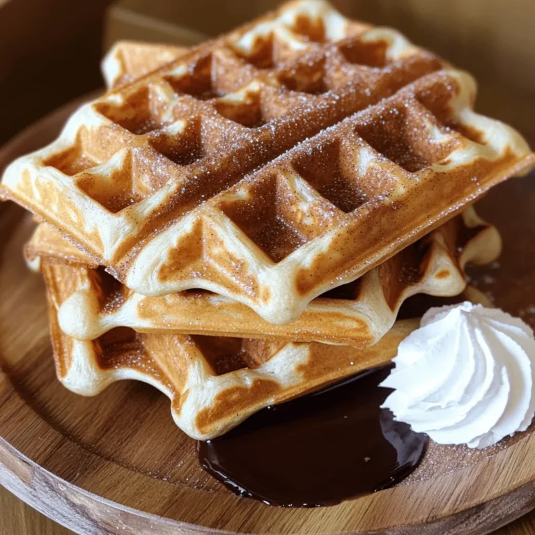 Für leckere Zimt Zucker Churro Waffeln brauchst du einfache Zutaten. Diese machen die Waffeln besonders lecker. - 1 Tasse Weizenmehl - 1 Esslöffel Backpulver - 1/2 Teelöffel Salz - 1 Esslöffel Zucker - 1 Teelöffel Zimt, gemahlen - 1 Tasse Milch - 1 großes Ei - 4 Esslöffel ungesalzene Butter, geschmolzen - 1/2 Tasse Kristallzucker (zum Wenden) - 2 Esslöffel Zimt (zum Wenden) - Schokoladensauce (zum Beträufeln, optional) Die Mengen sind wichtig für den Geschmack. Wenn du weniger Waffeln machen willst, halbiere einfach die Zutaten. - Statt Weizenmehl kannst du auch Mandelmehl verwenden, um es glutenfrei zu machen. - Milch kann durch Mandelmilch oder Sojamilch ersetzt werden. - Anstelle von Butter verwendest du Kokosöl für eine andere Note. Frische Zutaten machen einen großen Unterschied. Hier sind meine Tipps: - Wähle frisches Mehl ohne Klumpen. - Achte darauf, dass die Butter frisch ist und gut riecht. - Kaufe Eier aus Freilandhaltung für besseren Geschmack. - Verwende hochwertigen Zimt. Er sollte aromatisch riechen und nicht staubig sein. Mit diesen Zutaten bereitest du köstliche Waffeln zu. Du kannst das gesamte Rezept in [Full Recipe] nachlesen. Heize dein Waffeleisen auf die empfohlene Temperatur vor. Das macht den ersten Schritt einfacher. Ein gut vorgeheiztes Waffeleisen sorgt dafür, dass die Waffeln gleichmäßig backen. Verwende etwas Antihaftspray oder schmelze Butter, um das Eisen leicht einzufetten. So kleben die Waffeln nicht fest. In einer mittelgroßen Schüssel mischst du folgende Zutaten: - 1 Tasse Weizenmehl - 1 Esslöffel Backpulver - 1/2 Teelöffel Salz - 1 Esslöffel Zucker - 1 Teelöffel Zimt, gemahlen In einer anderen Schüssel kombinierst du: - 1 Tasse Milch - 1 großes Ei - 4 Esslöffel ungesalzene Butter, geschmolzen Gieße die feuchten Zutaten in die trockenen. Rühre vorsichtig, bis alles gut vermischt ist. Es ist okay, wenn der Teig noch kleine Klümpchen hat. Gieße etwa 3/4 Tasse Teig in das vorgeheizte Waffeleisen. Schließe den Deckel und backe die Waffeln 3-5 Minuten lang. Sie sollten goldbraun und knusprig sein. Bereite währenddessen die Zimt-Zucker-Mischung vor. Mische in einer flachen Schüssel: - 1/2 Tasse Kristallzucker - 2 Esslöffel Zimt Sobald die Waffeln fertig sind, nimm sie vorsichtig aus dem Eisen. Wende jede Waffel noch warm in der Zimt-Zucker-Mischung. So bleibt der Zimt-Zucker gut haften. Für eine besondere Note kannst du Schokoladensauce darüber träufeln. Folge diesen Schritten aus dem Full Recipe und genieße dein leckeres Frühstück! Um die perfekte Konsistenz für deine Zimt Zucker Churro Waffeln zu erreichen, ist das Mischen der Zutaten wichtig. Du solltest die trockenen Zutaten gut vermengen. Das verhindert Klumpen. Wenn du die feuchten Zutaten hinzufügst, rühre nur kurz. Ein paar kleine Klümpchen sind in Ordnung. Sie sorgen für eine lockere Waffel. Achte darauf, das Waffeleisen gut vorzuheizen. So wird die Waffel außen knusprig und innen weich. Ein häufiges Problem sind zu trockene Waffeln. Das passiert, wenn du zu lange rührst. Um das zu vermeiden, halte dich an die kurze Rührzeit. Ein weiteres Problem sind Waffeln, die nicht gut herauskommen. Achte darauf, das Waffeleisen leicht zu fetten. Verwende Antihaftspray oder geschmolzene Butter. Wenn die Waffeln nicht gleichmäßig gebräunt sind, könnte dein Waffeleisen nicht heiß genug sein. Überprüfe die Temperatur und passe sie an. Die Präsentation macht viel aus. Staple die Waffeln auf einem schönen Teller. Bestäube sie mit etwas zusätzlichem Zimt-Zucker für einen tollen Look. Du kannst auch Schlagsahne oder Vanilleeis dazu servieren. Das gibt einen besonderen Touch. Für einen extra Genuss, träufle Schokoladensauce über die Waffeln. So werden sie zu einem echten Hingucker und leckerem Frühstück. Wenn du mehr über die Zubereitung wissen willst, schau dir das Full Recipe an. {{image_4}} Wenn du glutenfrei leben möchtest, gibt es tolle Optionen. Du kannst das Weizenmehl durch glutenfreies Mehl ersetzen. Achte darauf, eine Mischung zu wählen, die gut bindet. Viele Marken bieten spezielle glutenfreie Mehle an. Du kannst auch Mandelmehl oder Reismehl verwenden. So bleiben die Waffeln lecker und knusprig. Für eine schokoladige Variante füge einfach Kakaopulver hinzu. Eine halbe Tasse reicht aus, um den Geschmack zu intensivieren. Du kannst auch Schokoladensplitter im Teig mischen. Für eine Vanilleversion nimm einfach Vanilleextrakt. Ein Teelöffel reicht, um den Waffeln eine süße Note zu verleihen. Diese kleinen Änderungen bringen Abwechslung auf den Tisch. Die Möglichkeiten sind endlos! Du kannst frische Früchte wie Erdbeeren oder Bananen hinzufügen. Diese passen perfekt zu den süßen Waffeln. Ein Klecks Schlagsahne oder eine Kugel Vanilleeis macht sie zu einem echten Genuss. Auch Karamellsauce oder Erdnussbutter sind tolle Toppings. Sei kreativ und finde deine Lieblingskombination! Um die Waffeln frisch zu halten, lege sie in einen luftdichten Behälter. Du kannst auch Backpapier zwischen die Waffeln legen. So bleibt die Knusprigkeit erhalten. Lagere die Waffeln im Kühlschrank, wenn du sie innerhalb von ein paar Tagen essen möchtest. So bleiben sie frisch und lecker. Wenn du Waffeln aufwärmen willst, benutze einen Toaster oder einen Ofen. Das sorgt für eine knusprige Textur. Stelle den Toaster auf eine mittlere Einstellung und röste sie für einige Minuten. Wenn du den Ofen verwendest, heize ihn auf 180 Grad vor. Lege die Waffeln auf ein Backblech und erhitze sie für etwa 5-7 Minuten. So schmecken sie fast wie frisch zubereitet. Du kannst die Waffeln auch einfrieren. Wickele jede Waffel in Frischhaltefolie und lege sie in einen Gefrierbeutel. So bleiben sie bis zu drei Monate frisch. Zum Auftauen, lasse sie einfach bei Raumtemperatur liegen oder erwärme sie direkt aus dem Gefrierfach. Das klappt gut im Toaster oder Ofen. So hast du immer eine süße Leckerei bereit! Für das gesamte Rezept, siehe die [Full Recipe]. Die Zubereitung der Cinnamon Sugar Churro Waffles dauert insgesamt etwa 20 Minuten. Die Vorbereitungszeit beträgt 10 Minuten. Während dieser Zeit kannst du die Zutaten abmessen und den Teig anrühren. Das Backen im Waffeleisen dauert etwa 3 bis 5 Minuten pro Waffel. So kannst du schnell ein leckeres Frühstück zaubern! Ja, du kannst die Waffeln im Voraus zubereiten! Du kannst sie ganz einfach backen und dann abkühlen lassen. Bewahre sie in einem luftdichten Behälter im Kühlschrank auf. Wenn du bereit bist, sie zu genießen, erwärmst du sie im Toaster oder im Ofen. So bleiben sie schön knusprig und frisch. Die Waffeln schmecken köstlich mit verschiedenen Dips. Hier sind einige meiner Favoriten: - Schokoladensauce - Karamellsauce - Erdbeermarmelade - Vanilleeis Jeder Dip bringt eine neue Geschmacksnote. Du kannst auch eine Mischung aus Dips anbieten, um den Genuss zu steigern. Das macht das Frühstück noch spannender! Diese Anleitung zeigt dir alles zu Cinnamon Sugar Churro Waffles. Wir haben Zutaten, Zubereitung und Tipps besprochen. Du hast gelernt, wie du frische Zutaten wählst und Waffeln perfekt hinbekommst. Zudem gibt es Variationen, um deine Waffeln aufregend zu gestalten. Eine gute Lagerung sorgt dafür, dass sie frisch bleiben. Denke immer an die häufigsten Fragen zur Zubereitung und zu Dips. Mit diesen Wissen machst du jede Waffel zum Genuss. Probiere es aus und überrasche deine Freunde und Familie!
