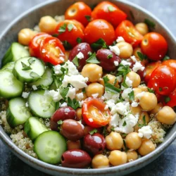 Um eine schmackhafte Mediterrane Kichererbsenschüssel zuzubereiten, benötigst du folgende Zutaten: - 1 Dose (425 g) Kichererbsen, abgespült und abgetropft - 1 Tasse Quinoa, abgespült - 2 Tassen Gemüsebrühe - 1 Salatgurke, gewürfelt - 1 Tasse Kirschtomaten, halbiert - 1/2 rote Zwiebel, fein gehackt - 1/2 Tasse Kalamata-Oliven, entsteint und halbiert - 1/4 Tasse frische Petersilie, gehackt - 1/4 Tasse Feta-Käse, zerbröselt (optional) - 1/4 Tasse Tahini - 2 Esslöffel Zitronensaft - 1 Esslöffel Olivenöl - 1 Knoblauchzehe, fein gehackt - Salz und Pfeffer, nach Geschmack Die Zutaten bieten viele Nährstoffe. Kichererbsen sind eine gute Quelle für Protein und Ballaststoffe. Quinoa liefert wichtige Aminosäuren und Mineralien. Gemüse wie Gurken und Tomaten bringen Vitamine und Antioxidantien. Oliven enthalten gesunde Fette, die gut für das Herz sind. Diese Kombination macht das Gericht nährstoffreich und ausgewogen. - Kichererbsen: Sie stärken das Immunsystem und helfen bei der Verdauung. - Quinoa: Sie unterstützt den Muskelaufbau und gibt dir Energie. - Gurken: Sie sind hydrierend und enthalten wenig Kalorien. - Tomaten: Sie fördern die Hautgesundheit und sind reich an Lycopin. - Oliven: Sie senken den Cholesterinspiegel und bieten gesunde Fette. Diese Zutaten machen die Mediterrane Kichererbsenschüssel zu einer tollen Wahl. Sie ist nicht nur lecker, sondern auch gesund. Wenn du mehr über die Zubereitung erfahren möchtest, schau dir das Full Recipe an. Um die Quinoa perfekt zu kochen, beginne mit 1 Tasse Quinoa. Spüle sie gut ab, um Bitterstoffe zu entfernen. Nimm einen mittleren Topf und bringe 2 Tassen Gemüsebrühe zum Kochen. Füge die Quinoa hinzu und reduziere die Hitze auf niedrig. Decke den Topf ab und lasse die Quinoa etwa 15 Minuten köcheln. Sie sollte locker und die Flüssigkeit vollständig aufgenommen sein. Das ist der Grundstein für deine Kichererbsenschüssel. Während die Quinoa kocht, kannst du das Dressing zubereiten. Nimm eine kleine Schüssel und gib 1/4 Tasse Tahini hinein. Füge 2 Esslöffel Zitronensaft, 1 Esslöffel Olivenöl und 1 fein gehackte Knoblauchzehe hinzu. Würze mit Salz und Pfeffer nach Geschmack. Verquirle alles, bis es glatt ist. Wenn das Dressing zu dick ist, füge jeweils einen Esslöffel Wasser hinzu, bis die gewünschte Konsistenz erreicht ist. Das Dressing bringt tollen Geschmack in die Schüssel. Jetzt kommt der spannende Teil! In einer großen Schüssel vermenge die gekochte Quinoa mit 1 Dose Kichererbsen, gewürfelter Salatgurke, halbierten Kirschtomaten, gehackter roter Zwiebel und Kalamata-Oliven. Mische alles vorsichtig, damit die Zutaten nicht zerfallen. Träufle das Tahini-Dressing über die Mischung und rühre sanft um, bis alles gut bedeckt ist. Garniere die Schüssel mit frischer Petersilie und zerbröseltem Feta-Käse, wenn du magst. Serviere deine Kichererbsenschüssel sofort oder kühle sie kurz, damit die Aromen sich entfalten. Für das vollständige Rezept schaue dir die [Full Recipe] an. Beim Kochen dieser Kichererbsenschüssel gibt es einige Dinge zu beachten. Ein häufiger Fehler ist, die Quinoa nicht richtig zu waschen. Quinoa hat eine natürliche Schicht, die bitter schmecken kann. Spüle sie immer gut ab. Ein weiterer Fehler ist, das Dressing zu dick zu machen. Es sollte glatt sein, also füge Wasser hinzu, wenn nötig. Achte auch darauf, die Kichererbsen gut abtropfen zu lassen. Zu viel Flüssigkeit kann die Schüssel matschig machen. Das Dressing ist das Herzstück der Schüssel. Mische Tahini, Zitronensaft, Olivenöl und Knoblauch gut. Ein guter Tipp ist, alle Zutaten in eine kleine Flasche zu geben und zu schütteln. So vermischen sie sich gleichmäßig. Wenn das Dressing zu dick ist, füge einen Esslöffel Wasser hinzu, bis es die richtige Konsistenz hat. Schmecke es mit Salz und Pfeffer ab. Probiere es aus und passe es deinem Geschmack an. Diese Kichererbsenschüssel ist sehr vielseitig. Du kannst sie pur genießen oder mit anderen Beilagen servieren. Probiere sie mit Fladenbrot oder Reis. Auch ein frischer grüner Salat passt gut dazu. Für eine proteinreiche Variante kannst du gegrilltes Hähnchen oder Tofu hinzufügen. Du kannst das Gericht auch mit Nüssen oder Samen toppen. Das gibt extra Crunch und Nährstoffe. Für das vollständige Rezept schaue dir die Anleitung zur mediterranen Kichererbsenschüssel an. {{image_4}} Es gibt viele Wege, die Mediterrane Kichererbsenschüssel anzupassen. Wenn Sie vegetarisch oder vegan essen, sind die Kichererbsen eine großartige Proteinquelle. Sie können auch den Feta-Käse weglassen oder durch vegane Alternativen ersetzen. Statt Feta können Sie zerkleinerte Avocado verwenden, um eine cremige Textur zu erzielen. Das gibt dem Gericht auch einen schönen, frischen Geschmack. Um den Proteingehalt zu steigern, können Sie Tofu oder Tempeh hinzufügen. Diese Zutaten sind nicht nur proteinreich, sondern auch sehr vielseitig. Marinieren Sie den Tofu in einer Mischung aus Sojasauce und Zitronensaft, dann braten Sie ihn an. Das gibt einen tollen Geschmack. Eine andere Möglichkeit ist, einige gekochte Eier in die Schüssel zu legen. Diese Ergänzungen machen Ihre Kichererbsenschüssel noch nahrhafter. Saisonale Zutaten können den Geschmack Ihrer Schüssel verändern. Im Frühling sind frische Erbsen und Spargel großartig. Im Sommer fügen Sie frische Paprika oder Zucchini hinzu. Im Herbst können Sie geröstete Kürbiswürfel verwenden. Diese Zutaten bringen nicht nur Geschmack, sondern auch Farben in Ihre Schüssel. So bleibt das Essen interessant und lecker. Für eine vollständige Anleitung und weitere Details schauen Sie sich das [Full Recipe] an. Die richtige Lagerung der Kichererbsenschüssel ist wichtig. Ich empfehle, die Schüssel in einem luftdichten Behälter aufzubewahren. So bleiben die Zutaten frisch und die Aromen erhalten. Lagern Sie die Schüssel im Kühlschrank. Das schützt vor Bakterien und hält die Speisen sicher. Im Kühlschrank ist die Kichererbsenschüssel etwa 3 bis 5 Tage haltbar. Wenn Sie länger aufbewahren möchten, können Sie sie auch einfrieren. Stellen Sie sicher, dass die Schüssel gut verpackt ist, um Gefrierbrand zu vermeiden. Im Gefrierfach bleibt sie bis zu 3 Monate genießbar. Wenn Sie Reste haben, gibt es viele Möglichkeiten zur Wiederverwendung. Sie können die Kichererbsenschüssel in einem Wrap oder Sandwich verwenden. Auch als Beilage zu einer Suppe ist sie lecker. Fügen Sie frisches Gemüse oder eine andere Soße hinzu, um neue Geschmäcker zu entdecken. Probieren Sie es aus und lassen Sie Ihrer Kreativität freien Lauf! Die Mediterrane Kichererbsenschüssel bleibt im Kühlschrank etwa drei bis fünf Tage frisch. Achte darauf, sie in einem luftdichten Behälter zu lagern. Wenn du die Schüssel länger aufbewahren möchtest, kannst du sie auch einfrieren. So hält sie bis zu drei Monate. Vor dem Servieren solltest du sie gut aufwärmen oder im Kühlschrank auftauen. Ja, du kannst dieses Rezept im Voraus zubereiten. Ich empfehle, die Quinoa und das Dressing separat zu machen. So bleiben die Zutaten frisch. Du kannst die Kichererbsenschüssel bis zu zwei Tage im Voraus zubereiten. Mische alles kurz vor dem Servieren, um die besten Aromen zu erhalten. Du kannst viele verschiedene Zutaten hinzufügen. Hier sind einige Ideen: - Avocado für eine cremige Textur - Paprika für mehr Farbe und Crunch - Spinat oder Rucola für zusätzliche Nährstoffe - Gegrilltes Hähnchen oder Tofu für mehr Protein - Nüsse oder Samen für einen knusprigen Biss Experimentiere mit diesen Zutaten, um deine eigene Version der Mediterranen Kichererbsenschüssel zu kreieren! Die Mediterrane Kichererbsenschüssel bietet eine Vielzahl gesunder Zutaten, die voller Nährstoffe sind. Wir haben die Zubereitung in einfachen Schritten erklärt. Achte auf häufige Fehler und perfekte Dressings für mehr Geschmack. Variationen bringen neue Ideen für jede Saison. Richtig lagern erhöht die Haltbarkeit und vermeidet Abfall. Mach dir keine Sorgen, du kannst das Rezept im Voraus vorbereiten und nach Lust und Laune anpassen. Mit diesen Tipps kannst du den Genuss steigern und unsere köstlichen, bunten Schüsseln ganz leicht zu einem festen Bestandteil deines Speiseplans machen.