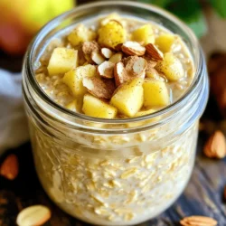 Für leckere Apple Cinnamon Overnight Oats benötigst du einige einfache Zutaten. Hier sind die Hauptzutaten: - 1 Tasse Haferflocken (rolled oats) - 1 ½ Tassen ungesüßte Mandelmilch (oder deine bevorzugte Milch) - 1 Apfel, gewürfelt (idealerweise eine süße Sorte wie Fuji oder Honeycrisp) - 1 Teelöffel gemahlener Zimt - 1 Esslöffel Ahornsirup (optional für zusätzliche Süße) - 1 Esslöffel Chiasamen - 1 Teelöffel Vanilleextrakt - Eine Prise Salz Diese Zutaten sorgen für einen nahrhaften Start in den Tag. Die Haferflocken liefern Ballaststoffe, und der Apfel bringt natürliche Süße. Die Wahl der Milch ist wichtig. Du kannst jede Milch verwenden, die du magst. Ungesüßte Mandelmilch ist eine gute Wahl. Sie hat wenig Kalorien und einen milden Geschmack. Alternativen sind Soja-, Hafer- oder Kokosmilch. Achte darauf, ungesüßte Varianten zu wählen. Diese halten den Zuckergehalt niedrig und sind gesünder. Überlege, was dir schmeckt und welche Milch du im Kühlschrank hast. Toppings machen dein Frühstück noch besser. Hier sind einige gesunde Optionen und ihre Vorteile: - Geschnittene Mandeln: Sie liefern gesunde Fette und Protein. - Zusätzliche Apfelscheiben: Sie bringen Frische und mehr Vitamine. - Eine Prise Zimt: Zimt hat antioxidative Eigenschaften und schmeckt lecker. Mit diesen Toppings wird dein Frühstück nicht nur schöner, sondern auch nährstoffreicher. Du kannst kreativ sein und deine Favoriten wählen. Für die vollständige Zubereitung schaue dir das [Full Recipe] an. Um die Haferflocken vorzubereiten, nimm eine große Schüssel. Gib die Haferflocken und die Chiasamen hinein. Diese beiden Zutaten sind die Basis für deine Overnight Oats. Ich liebe die Textur, die sie geben. Sie sorgen dafür, dass das Frühstück schön sättigend ist. Jetzt wird es spannend! Gieße die Mandelmilch in die Schüssel. Füge die gewürfelten Äpfel, den Zimt, den Ahornsirup und den Vanilleextrakt hinzu. Eine Prise Salz macht das Ganze noch besser. Rühre alles gut um. Achte darauf, dass die Haferflocken gut in der Flüssigkeit schwimmen. Das hilft ihnen, die Aromen aufzunehmen. Wenn alles gut vermischt ist, decke die Schüssel oder das Glas ab. Stelle es über Nacht in den Kühlschrank. So können die Haferflocken weich werden und die Flüssigkeit aufnehmen. Wenn du morgens aufwachst, sind die Overnight Oats bereit. Wenn sie dir zu dick sind, füge einfach einen Schuss mehr Mandelmilch hinzu. Dann kannst du sie auf zwei Schüsseln aufteilen und nach Belieben garnieren. Das ist der perfekte Start in den Tag! Für das vollständige Rezept, schau dir den Abschnitt „Full Recipe“ an. Um die perfekte Konsistenz für deine Overnight Oats zu erreichen, ist das Mischverhältnis wichtig. Verwende 1 Tasse Haferflocken und 1 ½ Tassen Mandelmilch. So werden die Haferflocken weich, aber nicht matschig. Wenn die Oats am Morgen zu dick sind, füge einfach einen Splash Mandelmilch hinzu. Damit wird die Mischung cremig und lecker. Du kannst die Overnight Oats nach deinem Geschmack anpassen. Magst du es süßer? Füge mehr Ahornsirup hinzu. Willst du mehr Crunch? Probiere geschnittene Mandeln oder Walnüsse. Du kannst auch verschiedene Früchte verwenden, wie Bananen oder Beeren. So wird jedes Frühstück einzigartig und macht Spaß. Die Zubereitung für die ganze Woche ist einfach. Bereite mehrere Portionen in einem großen Behälter vor. Verwende dafür einfach die gleichen Zutaten. Du kannst die Oats in einzelnen Gläsern aufbewahren. So hast du jeden Morgen eine schnelle und gesunde Mahlzeit. Die Oats halten sich gut für bis zu fünf Tage im Kühlschrank. {{image_4}} Für eine glutenfreie Version der Apple Cinnamon Overnight Oats wähle einfach glutenfreie Haferflocken. Diese Haferflocken sind speziell verarbeitet, um keine Glutenreste zu enthalten. Das sorgt für einen sicheren Genuss, besonders wenn du Gluten nicht verträgst. Achte darauf, dass alle anderen Zutaten ebenfalls glutenfrei sind. So kannst du dein Frühstück ohne Sorgen genießen. Wenn du eine vegane Option suchst, ersetze die Milch durch eine pflanzliche Variante. Ungesüßte Mandelmilch ist eine tolle Wahl. Du kannst auch Hafer-, Soja- oder Kokosmilch verwenden. Achte darauf, dass der Ahornsirup rein pflanzlich ist. So bleibt dein Gericht vegan und lecker. Hier kannst du kreativ werden. Füge deiner Mischung Nüsse oder Samen hinzu. Mandeln, Walnüsse oder Sonnenblumenkerne passen gut. Du kannst auch andere Früchte verwenden. Banane oder Beeren bringen eine neue Note. Magst du es süßer? Füge mehr Ahornsirup oder etwas Honig hinzu. Experimentiere mit Gewürzen wie Muskatnuss oder Vanille. So machst du deine Overnight Oats zu einem ganz persönlichen Genuss. Für die vollständige Anleitung, schau dir das [Full Recipe] an. Um deine Apple Cinnamon Overnight Oats frisch zu halten, lagere sie immer im Kühlschrank. Verwende ein luftdichtes Glas oder eine Schüssel mit Deckel. So bleiben die Oats kühl und feucht. Achte darauf, dass kein überschüssiges Wasser in der Schüssel ist. Das verhindert, dass die Konsistenz zu matschig wird. Deine Overnight Oats sind im Kühlschrank etwa 3 bis 5 Tage haltbar. Das bedeutet, du kannst sie gut vorbereiten und für die Woche genießen. Nach ein paar Tagen kann der Apfel etwas bräunlich werden, das ist normal. Die Aromen entwickeln sich weiter und machen die Oats noch schmackhafter. Das Einfrieren ist eine tolle Option, wenn du noch mehr Oats zubereiten möchtest. Teile die Mischung in Portionen auf und fülle sie in gefriergeeignete Behälter. So hast du immer eine leckere Mahlzeit zur Hand. Zum Auftauen stelle die Portionen einfach über Nacht in den Kühlschrank. Am Morgen kannst du sie nach Belieben aufpeppen, etwa mit frischen Äpfeln oder Nüssen. Overnight Oats bleiben bis zu fünf Tage im Kühlschrank frisch. Sie schmecken am besten, wenn du sie innerhalb von drei Tagen isst. Nach einigen Tagen können sie weicher werden. Wenn du sie länger aufbewahrst, achte darauf, dass sie gut abgedeckt sind. So bleiben sie frisch und lecker. Ja, du kannst viele verschiedene Früchte verwenden! Bananen, Beeren oder Pfirsiche passen gut. Das macht das Rezept noch spannender. Achte darauf, die Früchte klein zu schneiden, damit sie gut mit den Haferflocken vermischt werden. Du kannst auch gefrorene Früchte verwenden. Diese tauen über Nacht auf und sind sehr praktisch. Ja, Overnight Oats sind sehr gesund. Sie enthalten Ballaststoffe, Proteine und viele Vitamine. Haferflocken helfen dir, lange satt zu bleiben. Die Äpfel bringen zusätzlich Vitamine und Antioxidantien. Chiasamen sind reich an Omega-3-Fettsäuren. Das macht sie zu einer tollen Wahl für einen gesunden Start in den Tag. Sie sind einfach zu machen und du kannst sie nach deinem Geschmack anpassen. Das ganze Rezept findest du in der [Full Recipe]. Apple Cinnamon Overnight Oats sind schnell und einfach zuzubereiten. Sie enthalten gesunde Zutaten und bieten viele Variationen. Denke daran, die richtige Milchwahl zu treffen und mit tollen Toppings zu experimentieren. Achte auf die Konsistenz und lagere die Oats optimal im Kühlschrank. Sie halten lange und sind perfekt für eine Woche vorbereitet. Variiere die Rezepte nach deinem Geschmack, um neue Aromen zu entdecken. Diese einfache, gesunde Mahlzeit bringt Vielfalt in deinen Morgen!