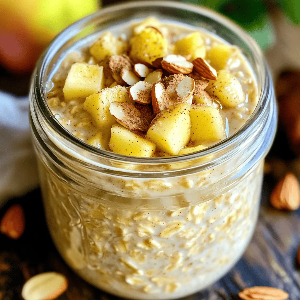 Für leckere Apple Cinnamon Overnight Oats benötigst du einige einfache Zutaten. Hier sind die Hauptzutaten: - 1 Tasse Haferflocken (rolled oats) - 1 ½ Tassen ungesüßte Mandelmilch (oder deine bevorzugte Milch) - 1 Apfel, gewürfelt (idealerweise eine süße Sorte wie Fuji oder Honeycrisp) - 1 Teelöffel gemahlener Zimt - 1 Esslöffel Ahornsirup (optional für zusätzliche Süße) - 1 Esslöffel Chiasamen - 1 Teelöffel Vanilleextrakt - Eine Prise Salz Diese Zutaten sorgen für einen nahrhaften Start in den Tag. Die Haferflocken liefern Ballaststoffe, und der Apfel bringt natürliche Süße. Die Wahl der Milch ist wichtig. Du kannst jede Milch verwenden, die du magst. Ungesüßte Mandelmilch ist eine gute Wahl. Sie hat wenig Kalorien und einen milden Geschmack. Alternativen sind Soja-, Hafer- oder Kokosmilch. Achte darauf, ungesüßte Varianten zu wählen. Diese halten den Zuckergehalt niedrig und sind gesünder. Überlege, was dir schmeckt und welche Milch du im Kühlschrank hast. Toppings machen dein Frühstück noch besser. Hier sind einige gesunde Optionen und ihre Vorteile: - Geschnittene Mandeln: Sie liefern gesunde Fette und Protein. - Zusätzliche Apfelscheiben: Sie bringen Frische und mehr Vitamine. - Eine Prise Zimt: Zimt hat antioxidative Eigenschaften und schmeckt lecker. Mit diesen Toppings wird dein Frühstück nicht nur schöner, sondern auch nährstoffreicher. Du kannst kreativ sein und deine Favoriten wählen. Für die vollständige Zubereitung schaue dir das [Full Recipe] an. Um die Haferflocken vorzubereiten, nimm eine große Schüssel. Gib die Haferflocken und die Chiasamen hinein. Diese beiden Zutaten sind die Basis für deine Overnight Oats. Ich liebe die Textur, die sie geben. Sie sorgen dafür, dass das Frühstück schön sättigend ist. Jetzt wird es spannend! Gieße die Mandelmilch in die Schüssel. Füge die gewürfelten Äpfel, den Zimt, den Ahornsirup und den Vanilleextrakt hinzu. Eine Prise Salz macht das Ganze noch besser. Rühre alles gut um. Achte darauf, dass die Haferflocken gut in der Flüssigkeit schwimmen. Das hilft ihnen, die Aromen aufzunehmen. Wenn alles gut vermischt ist, decke die Schüssel oder das Glas ab. Stelle es über Nacht in den Kühlschrank. So können die Haferflocken weich werden und die Flüssigkeit aufnehmen. Wenn du morgens aufwachst, sind die Overnight Oats bereit. Wenn sie dir zu dick sind, füge einfach einen Schuss mehr Mandelmilch hinzu. Dann kannst du sie auf zwei Schüsseln aufteilen und nach Belieben garnieren. Das ist der perfekte Start in den Tag! Für das vollständige Rezept, schau dir den Abschnitt „Full Recipe“ an. Um die perfekte Konsistenz für deine Overnight Oats zu erreichen, ist das Mischverhältnis wichtig. Verwende 1 Tasse Haferflocken und 1 ½ Tassen Mandelmilch. So werden die Haferflocken weich, aber nicht matschig. Wenn die Oats am Morgen zu dick sind, füge einfach einen Splash Mandelmilch hinzu. Damit wird die Mischung cremig und lecker. Du kannst die Overnight Oats nach deinem Geschmack anpassen. Magst du es süßer? Füge mehr Ahornsirup hinzu. Willst du mehr Crunch? Probiere geschnittene Mandeln oder Walnüsse. Du kannst auch verschiedene Früchte verwenden, wie Bananen oder Beeren. So wird jedes Frühstück einzigartig und macht Spaß. Die Zubereitung für die ganze Woche ist einfach. Bereite mehrere Portionen in einem großen Behälter vor. Verwende dafür einfach die gleichen Zutaten. Du kannst die Oats in einzelnen Gläsern aufbewahren. So hast du jeden Morgen eine schnelle und gesunde Mahlzeit. Die Oats halten sich gut für bis zu fünf Tage im Kühlschrank. {{image_4}} Für eine glutenfreie Version der Apple Cinnamon Overnight Oats wähle einfach glutenfreie Haferflocken. Diese Haferflocken sind speziell verarbeitet, um keine Glutenreste zu enthalten. Das sorgt für einen sicheren Genuss, besonders wenn du Gluten nicht verträgst. Achte darauf, dass alle anderen Zutaten ebenfalls glutenfrei sind. So kannst du dein Frühstück ohne Sorgen genießen. Wenn du eine vegane Option suchst, ersetze die Milch durch eine pflanzliche Variante. Ungesüßte Mandelmilch ist eine tolle Wahl. Du kannst auch Hafer-, Soja- oder Kokosmilch verwenden. Achte darauf, dass der Ahornsirup rein pflanzlich ist. So bleibt dein Gericht vegan und lecker. Hier kannst du kreativ werden. Füge deiner Mischung Nüsse oder Samen hinzu. Mandeln, Walnüsse oder Sonnenblumenkerne passen gut. Du kannst auch andere Früchte verwenden. Banane oder Beeren bringen eine neue Note. Magst du es süßer? Füge mehr Ahornsirup oder etwas Honig hinzu. Experimentiere mit Gewürzen wie Muskatnuss oder Vanille. So machst du deine Overnight Oats zu einem ganz persönlichen Genuss. Für die vollständige Anleitung, schau dir das [Full Recipe] an. Um deine Apple Cinnamon Overnight Oats frisch zu halten, lagere sie immer im Kühlschrank. Verwende ein luftdichtes Glas oder eine Schüssel mit Deckel. So bleiben die Oats kühl und feucht. Achte darauf, dass kein überschüssiges Wasser in der Schüssel ist. Das verhindert, dass die Konsistenz zu matschig wird. Deine Overnight Oats sind im Kühlschrank etwa 3 bis 5 Tage haltbar. Das bedeutet, du kannst sie gut vorbereiten und für die Woche genießen. Nach ein paar Tagen kann der Apfel etwas bräunlich werden, das ist normal. Die Aromen entwickeln sich weiter und machen die Oats noch schmackhafter. Das Einfrieren ist eine tolle Option, wenn du noch mehr Oats zubereiten möchtest. Teile die Mischung in Portionen auf und fülle sie in gefriergeeignete Behälter. So hast du immer eine leckere Mahlzeit zur Hand. Zum Auftauen stelle die Portionen einfach über Nacht in den Kühlschrank. Am Morgen kannst du sie nach Belieben aufpeppen, etwa mit frischen Äpfeln oder Nüssen. Overnight Oats bleiben bis zu fünf Tage im Kühlschrank frisch. Sie schmecken am besten, wenn du sie innerhalb von drei Tagen isst. Nach einigen Tagen können sie weicher werden. Wenn du sie länger aufbewahrst, achte darauf, dass sie gut abgedeckt sind. So bleiben sie frisch und lecker. Ja, du kannst viele verschiedene Früchte verwenden! Bananen, Beeren oder Pfirsiche passen gut. Das macht das Rezept noch spannender. Achte darauf, die Früchte klein zu schneiden, damit sie gut mit den Haferflocken vermischt werden. Du kannst auch gefrorene Früchte verwenden. Diese tauen über Nacht auf und sind sehr praktisch. Ja, Overnight Oats sind sehr gesund. Sie enthalten Ballaststoffe, Proteine und viele Vitamine. Haferflocken helfen dir, lange satt zu bleiben. Die Äpfel bringen zusätzlich Vitamine und Antioxidantien. Chiasamen sind reich an Omega-3-Fettsäuren. Das macht sie zu einer tollen Wahl für einen gesunden Start in den Tag. Sie sind einfach zu machen und du kannst sie nach deinem Geschmack anpassen. Das ganze Rezept findest du in der [Full Recipe]. Apple Cinnamon Overnight Oats sind schnell und einfach zuzubereiten. Sie enthalten gesunde Zutaten und bieten viele Variationen. Denke daran, die richtige Milchwahl zu treffen und mit tollen Toppings zu experimentieren. Achte auf die Konsistenz und lagere die Oats optimal im Kühlschrank. Sie halten lange und sind perfekt für eine Woche vorbereitet. Variiere die Rezepte nach deinem Geschmack, um neue Aromen zu entdecken. Diese einfache, gesunde Mahlzeit bringt Vielfalt in deinen Morgen!