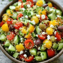 - 1 Tasse Quinoa, gut abgespült und abgetropft - 2 Tassen Gemüsebrühe oder Wasser - 1 Tasse Cherrytomaten, halbiert - 1 Gurke, gewürfelt - 1 Paprika (rot oder gelb), gewürfelt - 1/2 rote Zwiebel, fein gehackt - 1/2 Tasse Kalamata-Oliven, entsteint und halbiert - 1/2 Tasse Feta-Käse, zerbröckelt (optional) - 1/4 Tasse frische Petersilie, gehackt Die Hauptzutaten meines mediterranen Quinoa-Salats sind voller Geschmack. Quinoa ist ein großartiges Getreide. Es hat viel Protein und Ballaststoffe. Gemüse bringt frische und Farbe in den Salat. Cherrytomaten geben Süße. Gurken und Paprika fügen Crunch hinzu. Rote Zwiebeln bringen Schärfe. Kalamata-Oliven geben einen salzigen Kick. Feta-Käse ist optional, aber lecker. - 1/4 Tasse Olivenöl - 3 Esslöffel Zitronensaft - 1 Teelöffel getrockneter Oregano - Salz und Pfeffer nach Geschmack Für das Dressing benutze ich einfaches Olivenöl. Es verleiht dem Salat einen reichen Geschmack. Zitronensaft bringt Frische und Säure. Oregano ist würzig und passt gut zu den mediterranen Aromen. Salz und Pfeffer sorgen für den letzten Schliff. - Vitamine und Mineralien im mediterranen Salat - Gesundheitsvorteile von Quinoa Mein mediterraner Quinoa-Salat ist reich an Vitaminen. Tomaten liefern Vitamin C. Gurken sind hydratisierend. Paprika hat viele Antioxidantien. Quinoa ist ein Superfood. Es enthält Eisen, Magnesium und B-Vitamine. Diese Nährstoffe unterstützen deine Gesundheit. Quinoa hilft, den Blutzucker zu regulieren und gibt langanhaltende Energie. Es ist eine tolle Wahl für eine gesunde Ernährung. Wenn du mehr über die Zubereitung erfahren möchtest, schau dir das [Full Recipe] an. Zuerst kochen wir den Quinoa in Gemüsebrühe. Das gibt dem Quinoa mehr Geschmack. Nimm einen mittelgroßen Topf. Bring die Gemüsebrühe oder das Wasser zum Kochen. Dann füge den Quinoa hinzu. Reduziere die Hitze und decke den Topf ab. Lass den Quinoa etwa 15 Minuten köcheln, bis die Flüssigkeit ganz weg ist. Nach dem Kochen nimm den Topf vom Herd. Lasse den Quinoa für 5 Minuten abgedeckt stehen. Danach lockere den Quinoa mit einer Gabel auf und lasse ihn abkühlen. Jetzt kommen die Gemüsezutaten. Nimm eine große Rührschüssel. Kombiniere die Cherrytomaten, Gurke, Paprika, rote Zwiebel und Kalamata-Oliven. Wenn du magst, füge auch Feta-Käse hinzu. Mische alles gut. Für das Dressing nimm eine kleine Schüssel. Verquirle das Olivenöl, den Zitronensaft, den getrockneten Oregano, Salz und Pfeffer. Mische alles, bis es gut verbunden ist. Sobald der Quinoa abgekühlt ist, füge ihn zur großen Schüssel mit dem Gemüse hinzu. Gieße das Dressing gleichmäßig über die Mischung. Rühre vorsichtig um, bis alles gut bedeckt ist. Jetzt ist es wichtig, den Salat für mindestens 30 Minuten im Kühlschrank ziehen zu lassen. So können sich die Aromen gut entfalten. Du kannst den Salat dann kühl oder bei Raumtemperatur genießen. Für die genauen Mengen und Details besuche die [Full Recipe]. Um Quinoa perfekt zu kochen, ist das Wasserverhältnis wichtig. Verwende zwei Tassen Wasser pro Tasse Quinoa. Dies sorgt für eine lockere Textur. Spüle den Quinoa immer gut ab. Dadurch entfernst du den bitteren Geschmack. Gib den Quinoa in ein feines Sieb und spüle ihn unter kaltem Wasser ab. So bereitest du ihn optimal vor. Die Art, wie du den Salat anrichtest, macht viel aus. Serviere den Salat in einer großen, bunten Schüssel. Das zieht die Blicke an. Garnieren kannst du mit frischen Kräutern oder Oliven. Diese kleinen Extras geben deinem Salat mehr Geschmack und Stil. Du kannst auch Zitronenscheiben drauflegen. Das sieht hübsch aus und bringt frische Aromen. Wenn du vegan leben möchtest, kannst du den Feta-Käse weglassen. Das ändert nicht viel am Geschmack. Du kannst ihn auch durch pflanzliche Käsealternativen ersetzen. Probiere auch andere Zutaten aus. Ersetze die Paprika durch Avocado für mehr Cremigkeit. Variiere die Gemüsesorten nach Saison und Vorliebe. So bleibt der Salat spannend und lecker. {{image_4}} Sie können Ihren mediterranen Quinoa-Salat mit vielen zusätzlichen Zutaten anpassen. Hier sind einige Ideen: - Zusätzliche Gemüseoptionen: Fügen Sie einige schwarze Oliven oder Artischockenherzen hinzu. Diese geben dem Salat einen tollen Geschmack. Auch Radieschen oder Zucchini passen gut. Sie bringen Farbe und Frische. - Verwendung von unterschiedlichen Käsearten: Probieren Sie andere Käsesorten. Ziegenkäse hat einen tollen Geschmack und passt gut zum Salat. Manche mögen auch Parmesan. Er gibt dem Gericht eine kräftige Note. Quinoa ist sehr vielseitig, aber Sie können auch andere Getreidearten verwenden: - Andere Getreidearten wie Couscous oder Bulgur: Couscous ist schnell zubereitet und nimmt Aromen gut auf. Bulgur hat einen nussigen Geschmack und ist ebenfalls leicht zu verwenden. Beide passen gut zu diesem Rezept. - Verwendung von Quinoa in anderen Gerichten: Quinoa kann auch in Suppen oder als Beilage zu Fleischgerichten verwendet werden. Es ist nahrhaft und sättigend. Versuchen Sie, Quinoa in gefüllten Paprika oder als Frühstück mit Obst zu nutzen. Saisonalität bringt frische Ideen in den Salat: - Frühlings- und Sommerzutaten für frische Variationen: Im Frühling können Sie Spargel oder Erbsen hinzufügen. Diese Zutaten sind frisch und knackig. Im Sommer sind frische Kräuter wie Basilikum oder Minze eine tolle Ergänzung. - Winterliche Anpassungen mit Wurzelgemüse: Im Winter sind Karotten und Rüben gute Optionen. Diese Zutaten machen den Salat sättigender und wärmer. Rösten Sie das Gemüse für zusätzlichen Geschmack. Um deinen mediterranen Quinoa-Salat frisch zu halten, wähle einen luftdichten Behälter. Glasbehälter sind ideal, da sie keine Chemikalien abgeben und leicht zu reinigen sind. Kunststoffbehälter sind auch gut, solange sie BPA-frei sind. Der Salat bleibt im Kühlschrank bis zu fünf Tage frisch. Achte darauf, dass er gut verschlossen ist, um Feuchtigkeit und Gerüche zu vermeiden. Meal Prep ist eine großartige Möglichkeit, Zeit zu sparen. Bereite den Salat für die Woche vor. Teile ihn in Portionen auf, die du leicht mitnehmen kannst. Du kannst den Salat sogar einfrieren, wenn du ihn nicht bald essen willst. Achte darauf, die Dressing-Zutaten separat zu lagern, um die Frische zu bewahren. So bleibt der Salat knackig. Um deinen Salat frisch zu halten, füge kurz vor dem Essen etwas frisches Olivenöl und Zitronensaft hinzu. Das gibt ihm neuen Schwung. Wenn du Reste hast, kannst du sie leicht aufpeppen. Füge frisches Gemüse oder Kräuter hinzu, um den Geschmack zu beleben. Ein wenig Feta oder Oliven kann auch helfen, die Aromen zu erneuern. So bleibt dein mediterraner Quinoa-Salat immer lecker. Der mediterrane Quinoa-Salat ist sehr gesund. Er enthält viele Nährstoffe. Quinoa ist ein vollwertiges Getreide. Es liefert Proteine und Ballaststoffe. Das Gemüse bringt Vitamine und Mineralstoffe. Cherrytomaten sind reich an Antioxidantien. Oliven und Olivenöl sind gut für das Herz. Feta-Käse gibt Kalzium und Geschmack. Nährwertangaben pro Portion (bei 6 Portionen): - Kalorien: 180 - Eiweiß: 5 g - Kohlenhydrate: 20 g - Fett: 9 g - Ballaststoffe: 3 g Ja, du kannst den Quinoa-Salat im Voraus zubereiten. Das spart Zeit und macht das Essen einfacher. Bereite den Salat bis zu zwei Tage im Voraus zu. Lagere ihn in einem luftdichten Behälter im Kühlschrank. Tipps zur Vorbereitung und Aufbewahrung: - Koche den Quinoa und lasse ihn abkühlen. - Mische das Gemüse und das Dressing separat. - Kombiniere alles kurz vor dem Servieren, um die Frische zu erhalten. Der mediterrane Quinoa-Salat passt gut zu vielen Beilagen. Du kannst ihn mit gegrilltem Hähnchen oder Fisch servieren. Auch Brot oder Wraps sind gute Begleiter. Vorschläge für passende Gerichte und Getränke: - Gegrilltes Gemüse - Hummus mit Pita-Brot - Ein leichter Wein wie Rosé - Mineralwasser mit Zitrone Der mediterrane Quinoa-Salat ist eine leckere und gesunde Wahl. Er kombiniert Quinoa, frisches Gemüse und ein einfaches Dressing. So erhalten Sie viele Nährstoffe und Vitamine. Verwenden Sie die Tipps aus meinem Blog, um die Zubereitung zu perfektionieren. Experimentieren Sie mit verschiedenen Zutaten, um den Salat nach Ihrem Geschmack anzupassen. Lagern Sie ihn richtig und genießen Sie die Reste. Probieren Sie es aus! Ihr Körper wird es Ihnen danken.