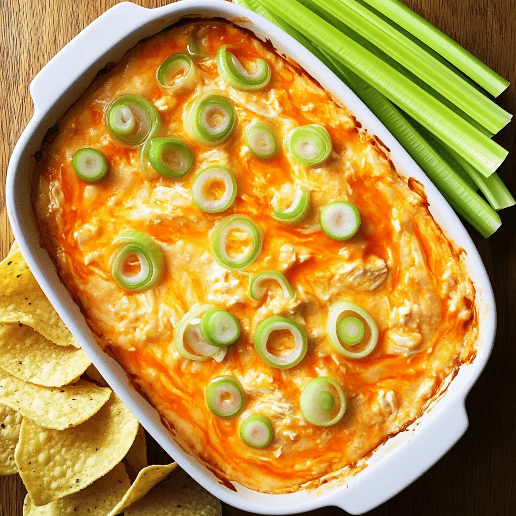 Buffalo Chicken Dip ist einfach und lecker. Hier sind die Hauptzutaten, die du brauchst: - 2 Tassen zerkleinertes, gekochtes Hähnchen (am besten vom Rotisserie-Hähnchen) - 1 Tasse Frischkäse, weich gemacht - 1 Tasse Ranch-Dressing - 1 Tasse Buffalo-Sauce - 1 Tasse geriebener Cheddar-Käse - ½ Tasse zerbröckelter Blauschimmelkäse (optional) - 2 Frühlingszwiebeln, in Scheiben geschnitten (zum Garnieren) - Tortilla-Chips oder Selleriestangen (zum Servieren) Um den besten Geschmack zu erzielen, wähle frische und hochwertige Zutaten. Achte auf frischen Hähnchenfleisch, das saftig und zart ist. Verwende echten Frischkäse für eine cremige Textur. Hochwertige Ranch-Dressings und Buffalo-Saucen bieten intensiven Geschmack. Wähle reifen Cheddar-Käse, der gut schmilzt. Frische Frühlingszwiebeln bringen Farbe und Geschmack. Du kannst Buffalo Chicken Dip anpassen. Für einen vegetarischen Dip ersetze das Hähnchen durch zerkleinerte Blumenkohlröschen. Probiere verschiedene Käsesorten wie Gouda oder Monterey Jack. Für mehr Schärfe füge Jalapeños oder scharfe Sauce hinzu. Wenn du es milder magst, verwende weniger Buffalo-Sauce oder mehr Frischkäse. So wird dein Dip einzigartig und lecker. Zu Beginn nehme ich zwei Tassen gekochtes Hähnchen. Am besten ist ein Rotisserie-Hähnchen. Ich wasche das Hähnchen nicht, aber ich entferne die Haut. Dann zerkleinere ich das Hähnchen in kleine Stücke. Das geht leicht mit den Händen oder zwei Gabeln. Es ist wichtig, dass die Stücke gleichmäßig klein sind. So mischt sich das Hähnchen gut im Dip. Jetzt mache ich die Dip-Mischung. In einer großen Schüssel gebe ich eine Tasse weichen Frischkäse. Dazu komme eine Tasse Ranch-Dressing und eine Tasse Buffalo-Sauce. Ich rühre alles gut zusammen, bis es cremig ist. Dann füge ich das zerkleinerte Hähnchen hinzu. Anschließend kommen eine Tasse geriebener Cheddar-Käse und optional die halbe Tasse zerbröckelter Blauschimmelkäse dazu. Ich rühre erneut, bis alles gut vermischt ist. Ich heize den Ofen auf 175°C vor. Dann gebe ich die Mischung in eine Auflaufform. Sie sollte gleichmäßig verteilt sein. Jetzt backe ich den Dip 20 bis 25 Minuten lang. Der Dip ist fertig, wenn er sprudelnd und heiß ist. Nach dem Backen lasse ich ihn kurz abkühlen. Dann garniere ich ihn mit geschnittenen Frühlingszwiebeln. Der Dip schmeckt am besten mit Tortilla-Chips oder Selleriestangen. So einfach ist es! Du findest das vollständige Rezept in der Anleitung. Um die perfekte Konsistenz für Buffalo Chicken Dip zu erreichen, ist es wichtig, die Zutaten gut zu vermengen. Ich empfehle, den Frischkäse zuerst weich zu machen. Das macht das Mischen einfacher. Wenn der Dip zu dick ist, können Sie etwas mehr Ranch-Dressing oder Buffalo-Sauce hinzufügen. Achten Sie darauf, dass die Mischung cremig, aber nicht flüssig wird. So bleibt der Dip beim Servieren stabil. Buffalo Chicken Dip lässt sich gut im Voraus zubereiten. Mischen Sie alle Zutaten nach dem Rezept und füllen Sie die Mischung in eine Auflaufform. Decken Sie die Form mit Frischhaltefolie ab und stellen Sie sie in den Kühlschrank. So bleibt der Dip frisch. Sie können ihn bis zu zwei Tage im Voraus vorbereiten. Backen Sie ihn einfach, wenn Sie bereit sind, ihn zu servieren. Die Präsentation ist wichtig! Garnieren Sie den Dip mit geschnittenen Frühlingszwiebeln für einen schönen Farbkontrast. Servieren Sie den Dip in einer großen Schüssel oder in kleinen Schälchen. Stellen Sie dazu Tortilla-Chips und Selleriestangen bereit. So kann jeder nach Belieben dippen. Für einen besonderen Touch können Sie auch frische Kräuter wie Petersilie oder Schnittlauch verwenden. {{image_4}} Wenn Sie kein Hähnchen essen, gibt es tolle Alternativen. Sie können gebackene Kichererbsen oder gewürfelte Tofu verwenden. Diese Optionen geben Ihnen einen herzhaften Geschmack. Mischen Sie sie mit Frischkäse, Ranch-Dressing und Buffalo-Sauce. So bleibt der Dip cremig und lecker. Nicht jeder mag es scharf. Wenn Sie den Dip milder machen möchten, verwenden Sie weniger Buffalo-Sauce. Sie können auch eine milde Sauce wählen. Fügen Sie mehr Ranch-Dressing hinzu, um die Schärfe auszubalancieren. Für die Schärfefans unter Ihnen: Fügen Sie Jalapeños oder scharfen Käse hinzu. So wird der Dip ein echter Hit! Buffalo Chicken Dip ist toll mit verschiedenen Dippers. Tortilla-Chips sind klassisch, aber versuchen Sie auch Gemüse. Selleriestangen oder Karotten sind knackige Optionen. Für etwas Anderes können Sie Mini-Baguettes oder Pita-Chips verwenden. Diese Variationen bieten Abwechslung und machen das Essen noch mehr Spaß. Für das gesamte Rezept, schauen Sie sich die Anleitung für den Buffalo Chicken Dip an. Buffalo Chicken Dip schmeckt oft am besten frisch. Wenn jedoch Reste übrig bleiben, bewahre sie gut auf. Du kannst den Dip in einem luftdichten Behälter im Kühlschrank lagern. Achte darauf, dass der Behälter fest verschlossen ist, um Gerüche zu vermeiden. So bleibt der Dip frisch und lecker. Wenn du den Dip aufwärmen möchtest, gibt es einfache Methoden. Die Mikrowelle ist schnell und praktisch. Erhitze den Dip in kurzen Intervallen und rühre zwischendurch um. Du kannst auch den Ofen nutzen. Lege den Dip in eine Auflaufform und erhitze ihn bei 175°C für etwa 15 Minuten. So bleibt der Dip schön cremig. Im Kühlschrank hält sich Buffalo Chicken Dip bis zu fünf Tage. Achte darauf, ihn gut abzudecken. Wenn du ihn länger aufbewahren möchtest, friere ihn ein. In einem luftdichten Behälter ist er bis zu drei Monate haltbar. Wenn du ihn auftauen möchtest, lasse ihn über Nacht im Kühlschrank. Danach kannst du ihn wie gewohnt aufwärmen. Diese Tipps helfen dir, die Reste deines köstlichen Buffalo Chicken Dips optimal zu nutzen. Um Buffalo Chicken Dip schärfer zu machen, können Sie mehr Buffalo-Sauce hinzufügen. Eine andere Möglichkeit ist, frische Chilis oder Jalapeños in den Dip zu mischen. Sie können auch scharfen Käse verwenden, wie Pepper Jack. Experimentieren Sie mit verschiedenen Schärfegraden, um den perfekten Geschmack zu finden. Ja, Sie können Frischkäse ersetzen. Eine gute Alternative ist griechischer Joghurt. Er gibt dem Dip eine cremige Konsistenz und ist gesünder. Sie können auch Cashew-Creme verwenden, wenn Sie eine vegane Option suchen. Achten Sie darauf, die Menge entsprechend anzupassen, um die richtige Textur zu erreichen. Buffalo Chicken Dip kann als ungesund betrachtet werden, da er viel Käse und Dressings enthält. Aber Sie können gesündere Zutaten verwenden. Zum Beispiel können Sie mageres Hühnchen und fettfreies Dressing wählen. Diese Änderungen helfen, Kalorien und Fett zu reduzieren, ohne den Geschmack zu verlieren. Sehen Sie sich das Full Recipe für weitere Tipps und Ideen an. Buffalo Chicken Dip ist einfach zuzubereiten und sehr schmackhaft. Die Hauptzutaten geben dem Dip seinen unverwechselbaren Geschmack. Du kannst frische Zutaten verwenden oder alternative wählen, um verschiedenen Vorlieben gerecht zu werden. Vergiss nicht die vielen Tipps für die Zubereitung und Präsentation. Variationen und Lagerungshinweise helfen dir, auch nach dem Kochen Freude am Dip zu haben. Mit diesen Ideen bist du gut gerüstet, um leckeren Buffalo Chicken Dip zu machen, den alle lieben werden. Viel Spaß beim Ausprobieren!