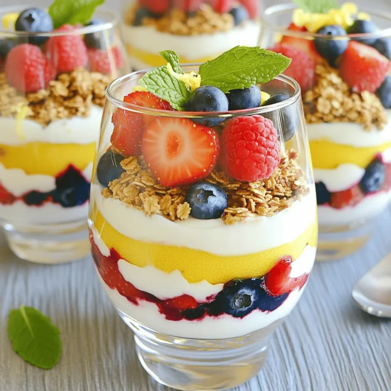 Für die Zitronen-Beeren-Joghurt-Parfaits benötigen Sie: - 2 Tassen griechischer Joghurt (natur oder mit Vanillegeschmack) - 1/4 Tasse Honig oder Ahornsirup - Schale von 1 Zitrone - 1 Esslöffel Zitronensaft - 2 Tassen gemischte Beeren (Erdbeeren, Blaubeeren, Himbeeren) - 1 Tasse Granola (nach Wahl) - Frische Minzblätter zum Garnieren Um die besten Zutaten auszuwählen, sollten Sie frische Beeren kaufen. Achten Sie darauf, dass sie leuchtend und fest sind. Vermeiden Sie Beeren mit Druckstellen oder Schimmel. Für den Joghurt empfehle ich griechischen Joghurt. Er hat eine reichhaltige, cremige Textur. Honig oder Ahornsirup sollten rein und ohne Zusatzstoffe sein. Zitrone sollte fest und schwer sein. So erhalten Sie mehr Saft und Aroma. Wenn Sie Allergien haben, können Sie Alternativen verwenden. Verwenden Sie Kokosjoghurt für eine milchfreie Option. Statt Honig können Sie Agavendicksaft oder ein anderes Süßungsmittel nutzen. Für glutenfreies Granola achten Sie auf die Zutatenliste. Wenn Sie keine Beeren mögen, probieren Sie Bananen oder Pfirsiche aus. Diese passen gut zur Zitronen-Joghurt-Mischung. Um die Joghurtmischung zuzubereiten, nehmen Sie eine Rührschüssel. Geben Sie 2 Tassen griechischen Joghurt hinein. Fügen Sie 1/4 Tasse Honig oder Ahornsirup hinzu. Streuen Sie die Schale von 1 Zitrone hinein. Drücken Sie 1 Esslöffel Zitronensaft dazu. Rühren Sie alles gut um, bis die Mischung cremig ist. Achten Sie darauf, dass alle Zutaten gut vermischt sind. Jetzt kommt der spannende Teil! Nehmen Sie dekorative Gläser oder Schalen. Beginnen Sie mit einer Schicht der Joghurtmischung. Geben Sie eine großzügige Portion am Boden jedes Glases. Danach fügen Sie eine Schicht gemischter Beeren hinzu. Nutzen Sie Erdbeeren, Blaubeeren und Himbeeren. Legen Sie sie schön an, damit es hübsch aussieht. Danach kommt eine Schicht Granola für den Crunch. Wiederholen Sie diese Schichten, bis die Gläser voll sind. Schließen Sie mit einer Schicht Beeren und einem Spritzer Granola ab. Stellen Sie die Parfaits für etwa 30 Minuten in den Kühlschrank. Dies hilft, die Aromen gut zu vermischen. Servieren Sie die Parfaits gut gekühlt. Verwenden Sie transparente Gläser, um die schönen Schichten zu zeigen. Garnieren Sie mit frischen Minzblättern für einen besonderen Touch. Diese kleine Geste macht viel aus und sieht toll aus. Für die vollständige Rezeptanleitung, schauen Sie sich das Rezept an! Ein häufiger Fehler ist, die Beeren zu lange zu lagern. Frische Beeren schmecken am besten. Achten Sie darauf, die Joghurtmischung nicht zu dick zu machen. Sie sollte cremig, aber nicht zu fest sein. Wenn Sie zu viel Honig verwenden, kann der Geschmack zu süß werden. Probieren Sie die Mischung, um das Gleichgewicht zu finden. Um die beste Textur zu erzielen, mischen Sie den Joghurt gut mit Honig und Zitronensaft. So verbindet sich alles gleichmäßig. Warten Sie mit dem Granola bis kurz vor dem Servieren. So bleibt es knusprig! Verwenden Sie eine Mischung aus süßen und sauren Beeren für mehr Geschmack. Die Zitronenschale fügt eine frische Note hinzu, die das Aroma hebt. Die Präsentation ist wichtig! Verwenden Sie klare Gläser, um die Schichten schön zu zeigen. Beginnen Sie mit Joghurt, gefolgt von Beeren und Granola. Wiederholen Sie die Schichten. Garnieren Sie die Parfaits mit frischen Minzblättern. Diese sorgen für Farbe und einen tollen Duft. Stellen Sie die Parfaits vor dem Servieren in den Kühlschrank. Dadurch ziehen die Aromen gut durch. Für das *Full Recipe* schauen Sie bitte in den Rezeptbereich. {{image_4}} Du kannst jede Frucht verwenden, die du magst. Im Frühling passen Erdbeeren perfekt. Im Sommer sind Pfirsiche oder Himbeeren toll. Im Herbst probiere Äpfel oder Birnen aus. Im Winter kannst du gefrorene Beeren nutzen. Das bringt dir auch frische Farben und Geschmäcker. Um eine vegane Version zu machen, nutze pflanzlichen Joghurt. Kokos- oder Sojajoghurt sind gute Optionen. Für glutenfreie Parfaits wähle glutenfreies Granola. So kannst du alle genießen, ohne auf Geschmack zu verzichten. Füge Nüsse oder Samen hinzu, um mehr Crunch zu bekommen. Chiasamen geben eine gesunde Note. Du kannst auch Gewürze wie Zimt oder Vanilleextrakt einstreuen. Diese kleinen Ergänzungen machen deine Parfaits noch aufregender. Denk daran, dass kleine Veränderungen große Wirkung haben können! Wenn du mehr Inspiration brauchst, schau dir das [Full Recipe] für weitere Tipps an. Wenn Sie Parfaits übrig haben, ist es wichtig, sie richtig zu lagern. Stellen Sie sicher, dass sie in einem luftdichten Behälter sind. So bleiben die Schichten frisch und lecker. Sie können die Parfaits auch in den Gläsern lassen, wenn diese verschlossen sind. Die übrig gebliebenen Parfaits halten sich im Kühlschrank etwa 2 bis 3 Tage. Achten Sie darauf, dass die Beeren frisch aussehen. Nach ein paar Tagen können sie weich werden. Wenn Sie also einen knusprigen Biss mögen, essen Sie sie am besten schnell. Das Einfrieren von Parfaits ist möglich, aber die Textur ändert sich. Wenn Sie die Parfaits einfrieren möchten, schichten Sie sie nicht. Lagern Sie den Joghurt und die Beeren getrennt. Gefrorene Beeren können matschig werden, wenn sie aufgetaut sind. Überlegen Sie, die Beeren frisch hinzuzufügen, wenn Sie die Parfaits servieren. So bleibt das Gericht frisch und lecker. Ja, du kannst die Parfaits im Voraus zubereiten. Mache sie bis zu 24 Stunden vorher. Lagere sie in einem Kühlschrank. Dies spart Zeit und macht das Servieren einfach. Die Aromen vermischen sich gut, wenn sie etwas Zeit haben. Ich empfehle, die Granola-Schicht erst kurz vor dem Servieren hinzuzufügen. So bleibt der Crunch erhalten. Ein Zitronen-Beeren-Joghurt-Parfait hat etwa 250 Kalorien pro Portion. Diese Zahl kann variieren. Die genauen Kalorien hängen von den Zutaten ab. Griechischer Joghurt hat mehr Protein, was gut ist. Honig oder Ahornsirup fügt Zucker hinzu. Wenn du die Kalorien senken willst, verwende weniger Honig oder achte auf die Portionsgröße. Die besten Beeren sind Erdbeeren, Blaubeeren und Himbeeren. Diese Beeren bringen Frische und Süße. Du kannst auch andere Beeren verwenden. Heidelbeeren sind klein und süß. Himbeeren haben einen tollen Geschmack. Achte darauf, frische und reife Beeren zu wählen. Sie machen deine Parfaits noch leckerer! Du findest die vollständige Rezeptur im Full Recipe. Zusammenfassend haben wir gute Zutaten für Joghurt-Parfaits besprochen. Ich gab Tipps, wie man die besten Zutaten auswählt und welche Alternativen für Allergiker gut sind. Wir schauten uns die Schritt-für-Schritt-Anleitung an, um perfekte Parfaits zu machen. Außerdem haben wir häufige Fehler und optimale Textur diskutiert. Denke daran, dass Variationen und Aufbewahrung auch wichtig sind. Experimentiere mit neuen Zutaten und genieße deine Parfaits frisch oder im Voraus. Jetzt weißt du, wie du leckere Parfaits zubereitest!