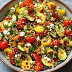 - 1 Tasse Quinoa, gründlich gespült - 2 Tassen Gemüsebrühe oder Wasser - 1 rote Paprika, gewürfelt - 1 Zucchini, in Scheiben geschnitten - 1 gelbe Zucchini, in Scheiben geschnitten - 1 Tasse Cherrytomaten, halbiert - 1 rote Zwiebel, gehackt - 3 Esslöffel Olivenöl - 1 Teelöffel Knoblauchpulver - 1 Teelöffel Räucherpaprika - Salz und Pfeffer nach Geschmack - 1/4 Tasse Feta-Käse, zerbröselt (optional) - Frische Petersilie, gehackt (zum Garnieren) - 2 Esslöffel Balsamico-Essig (zum Anmachen) Ich liebe es, frische Zutaten zu nutzen. Quinoa ist ein großartiger Start. Es ist nahrhaft und bietet viele Ballaststoffe. Gemüsebrühe bringt viel Geschmack. Die rote Paprika, Zucchini und Cherrytomaten machen den Salat bunt und lecker. Olivenöl sorgt für einen tollen Glanz. - 1 Teelöffel Knoblauchpulver - 1 Teelöffel Räucherpaprika - 2 Esslöffel Balsamico-Essig Gewürze sind der Schlüssel. Knoblauchpulver gibt einen tollen Geschmack. Räucherpaprika fügt eine rauchige Note hinzu. Balsamico-Essig bringt Süße und Säure. Diese Mischung macht den Salat spannend. Du kannst auch andere Gewürze ausprobieren, um es anzupassen. - Nährwertangaben pro Portion: Etwa 250 Kalorien, 10g Protein, 8g Fett - Portionierungshinweise: Der Salat reicht für vier Portionen. Das Rezept ergibt vier Portionen. Ideal für ein leichtes Mittagessen oder als Beilage. Es ist nahrhaft und sättigend. Dieser Salat ist auch perfekt für Meal Prep. Du kannst ihn leicht im Voraus zubereiten. - Heize deinen Ofen auf 200°C vor. - Nimm eine Tasse Quinoa und spüle sie gründlich ab. - Mische die Quinoa mit zwei Tassen Gemüsebrühe oder Wasser in einem Topf. - Bringe die Mischung zum Kochen, dann reduziere die Hitze. - Decke den Topf ab und lasse die Quinoa 15 Minuten köcheln. - Nach dem Kochen nimm den Topf vom Herd und lasse ihn fünf Minuten ruhen. - Lockere die Quinoa mit einer Gabel auf. - Schneide die rote Paprika, die Zucchini und die rote Zwiebel in kleine Stücke. - Halbiere die Cherrytomaten. - Lege das geschnittene Gemüse auf ein Backblech. - Träufle drei Esslöffel Olivenöl über das Gemüse. - Würze mit einem Teelöffel Knoblauchpulver, einem Teelöffel Räucherpaprika, Salz und Pfeffer. - Mische alles gut durch, damit das Gemüse gleichmäßig gewürzt ist. - Röste das Gemüse 20-25 Minuten im Ofen. - Wende das Gemüse einmal, um eine gleichmäßige Bräunung zu erreichen. - Nimm eine große Schüssel und füge die gekochte Quinoa hinzu. - Mische das geröstete Gemüse unter die Quinoa. - Träufle zwei Esslöffel Balsamico-Essig darüber und hebe alles vorsichtig unter. - Wenn du magst, streue zerbröselten Feta-Käse darüber. - Garniere den Salat mit frischer, gehackter Petersilie. Für die vollständige Anleitung und weitere Details, schau dir das Full Recipe an. Wie wäscht man Quinoa richtig? Spüle die Quinoa zuerst in einem Sieb aus. Das entfernt Bitterstoffe. Nutze kaltes Wasser und reibe die Körner leicht. So wird der Geschmack besser. Wie ist das Timing beim Kochen? Koche die Quinoa etwa 15 Minuten. Lass sie dann 5 Minuten mit Deckel ruhen. Dies macht sie fluffig und lecker. Was sind die besten Gartemperaturen? Heize deinen Ofen auf 200°C vor. Diese Temperatur sorgt für eine perfekte Röstergebnisse. Das Gemüse wird zart und hat eine schöne Farbe. Wie vermeidest du Überröstung? Beobachte das Gemüse beim Röstprozess. Wende es nach der Hälfte der Zeit. Das sorgt für eine gleichmäßige Bräunung. So bleibt es saftig und knusprig. Was sind die besten Präsentationstipps? Serviere den Salat in einer großen Schüssel. Das sieht einladend aus. Beträufle ihn mit Balsamico-Essig für einen schönen Glanz. Streue Petersilie darüber für einen Farbtupfer. Welche Variationsmöglichkeiten gibt es bei Dressing? Experimentiere mit verschiedenen Dressings. Nutze ein Olivenöl-Zitronen-Dressing oder ein cremiges Joghurt-Dressing. So bleibt der Salat spannend und abwechslungsreich. {{image_4}} Du kannst viele Gemüse in deinen Salat geben. Kürbis bringt eine süße Note. Brokkoli fügt Biss hinzu und Spinat macht ihn frisch. Du kannst auch saisonale Gemüse verwenden. Im Frühling sind Spargel und Erbsen lecker. Im Herbst sind Wurzelgemüse eine tolle Wahl. Für einen nahrhaften Salat kannst du Kichererbsen hinzufügen. Sie sind reich an Protein und Ballaststoffen. Hähnchenbrust ist eine weitere Option. Es macht den Salat herzhaft und sättigend. Tofu ist perfekt für eine vegane Wahl. Es nimmt den Geschmack von Gewürzen gut auf. Dressings machen einen großen Unterschied. Ein einfaches Olivenöl-Zitronen-Dressing ist frisch und leicht. Mische Olivenöl mit Zitronensaft und etwas Salz. Ein Joghurt-Dressing gibt Cremigkeit. Mische Naturjoghurt mit Kräutern und Gewürzen. Diese Dressings passen gut zu deinem Salat. Für die vollständige Rezeptanleitung, schau dir das [Full Recipe] an. Lagere den Salat in einem luftdichten Behälter. So bleibt er frisch. Er hält sich etwa 3-4 Tage im Kühlschrank. Achte darauf, dass er nicht mit anderen starken Gerüchen in Kontakt kommt. Das kann den Geschmack beeinflussen. Wenn du ihn aufbewahrst, halte das Dressing getrennt. So wird der Salat nicht matschig. Du kannst den Salat warm oder kalt genießen. Um ihn aufzuwärmen, nutze die Mikrowelle. Erhitze ihn in kurzen Abständen, etwa 30 Sekunden. Überprüfe immer die Temperatur. Achte darauf, dass er gleichmäßig warm ist. Wenn du ihn kalt servierst, schmeckt er frisch und knusprig. Meal Prep ist eine gute Idee. Bereite den Salat am Sonntag vor. So hast du gesunde Mahlzeiten für die Woche. Koche die Quinoa und röste das Gemüse. Lagere beides separat. Mische alles vor dem Servieren. So bleibt der Salat frisch und lecker. Der Salat bleibt im Kühlschrank etwa 3-4 Tage frisch. Lagere ihn in einem luftdichten Behälter. So bleibt der Salat knackig. Achte darauf, die Feta-Käse-Stücke separat zu halten, wenn du sie verwendest. Das verhindert, dass der Salat matschig wird. Ja, du kannst andere Käsesorten verwenden. Frischkäse oder Ziegenkäse sind tolle Alternativen. Diese Käsesorten bringen einen anderen Geschmack und eine andere Textur. Du kannst auch ganz auf Käse verzichten, wenn du das möchtest. Ja, das Rezept ist glutenfrei. Quinoa ist von Natur aus glutenfrei. Es ist eine großartige Wahl für Menschen mit Glutenunverträglichkeit. Achte darauf, dass alle anderen Zutaten ebenfalls glutenfrei sind. Um das Rezept vegan zu machen, lasse den Feta-Käse weg. Verwende stattdessen Avocado für eine cremige Textur. Du kannst auch Nüsse oder Samen hinzufügen für mehr Crunch. Diese Optionen machen den Salat nahrhaft und lecker. Absolut! Du kannst das Gemüse nach deinem Geschmack anpassen. Probiere Kürbis, Brokkoli oder Spinat aus. Saisonales Gemüse funktioniert auch gut. Es gibt viele Möglichkeiten, um den Salat interessant zu halten. Zu diesem Salat passen viele Beilagen. Gegrilltes Hähnchen oder gebratener Tofu sind tolle Ergänzungen. Auch ein Stück Brot oder eine Suppe passen gut dazu. Diese Beilagen machen die Mahlzeit noch vollständiger. Zusammenfassend haben wir einen leckeren Quinoa-Salat erstellt. Wir haben die Hauptzutaten wie Gemüse und Gewürze besprochen. Dann haben wir Schritt für Schritt die Zubereitung erklärt. Mit Tipps zu Quinoa und Rösttechniken kommt dein Salat perfekt auf den Tisch. Du kannst kreativ sein und Variationen ausprobieren, um das Rezept anzupassen. Denke an Aufbewahrung und Meal Prep. So bleibt dein Salat frisch und lecker. Probiere diesen gesunden Salat aus und genieße die Vielfalt!