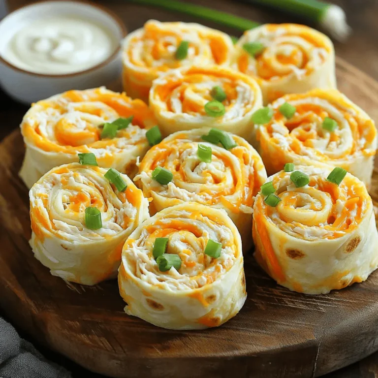 Die Hauptzutaten sind einfach und lecker. Sie benötigen: - 2 Tassen gekochtes, zerrissenes Hähnchen - 1/2 Tasse Frischkäse, weich gemacht - 1/2 Tasse Buffalo-Sauce - 1/2 Tasse geraspelte Karotten - 1/2 Tasse fein gehackter Sellerie - 1/4 Tasse Frühlingszwiebeln, in Scheiben geschnitten - 1 Tasse geriebener Cheddar-Käse Diese Zutaten bringen den typischen Buffalo-Geschmack in jede Rolle. Für die Füllung sind die frischen Zutaten wichtig. Die Kombination aus Hähnchen, Frischkäse und Gemüse macht den Unterschied. - Das Hähnchen sorgt für Proteine. - Der Frischkäse macht die Füllung cremig. - Die Buffalo-Sauce fügt die perfekte Schärfe hinzu. - Karotten und Sellerie bringen Crunch und Frische. - Frühlingszwiebeln geben einen milden Zwiebelgeschmack. Diese Mischung ist nicht nur schmackhaft, sondern auch bunt. Für die Pinwheels brauchen Sie Tortillas. Hier sind die Optionen: - 4 große Tortillas (Weizen oder Vollkorn) - 1 Tasse geriebener Cheddar-Käse Die Tortillas sind wichtig, um die Füllung einzuhüllen. Der Cheddar-Käse sorgt für einen herzhaften Geschmack. Diese Kombination macht die Buffalo Chicken Pinwheels zu einem Hit auf jeder Party. Wenn Sie mehr Details zur Zubereitung suchen, schauen Sie sich das Rezept an: [Full Recipe]. Die Vorbereitungszeit für Buffalo Chicken Pinwheels beträgt nur 15 Minuten. Die gesamte Zubereitung dauert etwa 45 Minuten. Diese Zeit beinhaltet das Kühlen der Pinwheels. Um die Füllung zuzubereiten, benötigst du eine große Rührschüssel. Gib das zerrissene Hähnchen, den weich gemachten Frischkäse und die Buffalo-Sauce hinein. Rühre die Mischung gut durch, bis das Hähnchen gleichmäßig mit der Sauce überzogen ist. Füge die geraspelten Karotten, den gehackten Sellerie und die Frühlingszwiebeln hinzu. Rühre alles gut um, bis die Zutaten gut verteilt sind. Vergiss nicht, mit Salz und Pfeffer abzuschmecken. Legen Sie eine Tortilla flach auf die Arbeitsfläche. Verteile etwa 1/4 der Hähnchenmischung gleichmäßig auf der Tortilla. Lasse dabei einen kleinen Rand frei. Streue nun eine großzügige Menge geriebenen Cheddar-Käse darüber. Beginne an einer Kante und rolle die Tortilla sorgfältig auf. Wickele jede Pinwheel in Frischhaltefolie und lasse sie mindestens 30 Minuten im Kühlschrank fest werden. Nach dem Kühlen entferne die Frischhaltefolie und schneide jede Rolle in mundgerechte Stücke. Für das vollständige Rezept, siehe [Full Recipe]. Um die beste Füllung zu machen, achte auf die Balance. Zu viel Frischkäse macht die Mischung schwer. Zu wenig kann trocken sein. Du willst eine cremige, aber gut gewürzte Mischung. Probiere verschiedene Mengen der Buffalo-Sauce aus. So findest du die richtige Schärfe. Die geraspelten Karotten und der Sellerie bringen Crunch und Frische. Das macht die Füllung lebendig. Bevor du die Tortilla füllst, lege sie kurz in die Mikrowelle. Etwa 10 Sekunden sind genug. So wird sie weich und lässt sich besser rollen. Verteile die Füllung gleichmäßig, aber lasse an den Rändern Platz. Das macht das Rollen einfacher. Beginne vorsichtig von einer Kante und rolle fest, aber nicht zu fest. Wenn du es richtig machst, bleibt die Füllung drin. Ein häufiger Fehler ist, die Füllung zu dicht zu machen. Das kann zu rissigen Tortillas führen. Achte darauf, dass die Füllung nicht überquillt. Ein anderer Fehler ist, die Pinwheels nicht genug zu kühlen. Lass sie mindestens 30 Minuten im Kühlschrank ruhen. So halten sie besser zusammen. Wenn du diese Tipps befolgst, gelingen dir die Buffalo Chicken Pinwheels perfekt. {{image_4}} Um den Geschmack zu ändern, passen Sie die Buffalo-Sauce an. Für mehr Schärfe fügen Sie extra scharfe Sauce hinzu. Wenn Sie es milder mögen, verwenden Sie weniger oder mischen Sie die Sauce mit Joghurt. So erhalten Sie eine cremigere und mildere Note. Ein weiterer Trick ist, die Menge an Frischkäse zu erhöhen. Das macht die Füllung sanfter. Wenn Sie auf Fleisch verzichten möchten, können Sie die Hähnchenbrust durch gekochte Kichererbsen ersetzen. Diese geben einen tollen Biss und Protein. Für die glutenfreie Variante verwenden Sie glutenfreie Tortillas. Achten Sie darauf, dass auch die Buffalo-Sauce glutenfrei ist. So bleibt das Gericht für alle geeignet. Experimentieren Sie mit anderen Zutaten! Fügen Sie Avocado für eine cremige Textur hinzu. Oder probieren Sie geröstete Paprika für mehr Geschmack. Wenn Sie Käse lieben, können Sie auch Feta oder Ziegenkäse verwenden. Diese Zutaten bringen neue Aromen und machen Ihre Pinwheels einzigartig. Schauen Sie außerdem nach frischen Kräutern wie Koriander oder Petersilie. Diese verleihen einen frischen, knackigen Geschmack. Um die Buffalo Chicken Pinwheels frisch zu halten, lege sie in einen luftdichten Behälter. Du kannst sie auch in Frischhaltefolie wickeln. So bleiben sie bis zu drei Tage im Kühlschrank gut. Achte darauf, dass der Behälter nicht zu voll ist. Das sorgt für eine bessere Luftzirkulation. Wenn du die Pinwheels länger aufbewahren möchtest, friere sie ein. Wickel jede Pinwheel fest in Frischhaltefolie. Lege sie dann in einen gefriergeeigneten Beutel. So bleiben sie bis zu drei Monate frisch. Zum Auftauen, lass sie über Nacht im Kühlschrank. Du kannst sie auch direkt aus dem Gefrierfach nehmen und kurz in der Mikrowelle aufwärmen. Zubereitete Buffalo Chicken Pinwheels sind im Kühlschrank drei Tage haltbar. Achte darauf, sie gut verpackt aufzubewahren. Wenn die Füllung ungewöhnlich riecht oder eine andere Farbe hat, wirf sie weg. Sicherheit geht vor! Buffalo Chicken Pinwheels sind im Kühlschrank bis zu drei Tage haltbar. Bewahren Sie sie in einem luftdichten Behälter auf. So bleiben sie frisch und lecker. Wenn Sie sie länger aufbewahren möchten, können Sie sie einfrieren. Im Gefrierschrank halten sie bis zu drei Monate. Lassen Sie sie vor dem Servieren im Kühlschrank auftauen. Ja, Sie können die Pinwheels im Voraus zubereiten. Ideal ist es, sie am Abend vorher zu machen. Wickeln Sie die fertigen Pinwheels in Frischhaltefolie und kühlen Sie sie über Nacht. So haben die Aromen Zeit, sich zu entfalten. Dies macht die Pinwheels noch schmackhafter und bereit für jede Party oder Veranstaltung. Die besten Dips für Buffalo Chicken Pinwheels sind Ranch-Dressing und Blauschimmelkäsesauce. Diese Dips ergänzen den scharfen Geschmack der Pinwheels. Sie können auch eine einfache Joghurt-Sauce mit Kräutern ausprobieren. Diese Dips sorgen für eine frische Note und machen das Essen noch besser. Experimentieren Sie mit verschiedenen Dips, um Ihre Favoriten zu finden. Zusammengefasst haben wir die Hauptzutaten und die Zubereitung der Buffalo Chicken Pinwheels besprochen. Ich habe Tipps gegeben, wie man häufige Fehler vermeidet und die Füllung perfekt zubereitet. Variationen für unterschiedliche Geschmäcker und Lagerinformationen haben wir auch behandelt. Jetzt bist du bereit, diese leckeren Snacks selbst zu machen. Probiere es aus und finde deine Lieblingskombination!