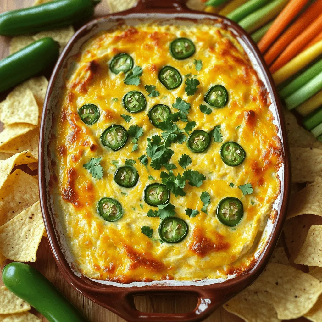 Um einen köstlichen Jalapeño Popper Dip zu machen, benötigen Sie folgende Zutaten: - 225 g Frischkäse, weich - 240 ml Sauerrahm - 240 ml Mayonnaise - 100 g geriebener Cheddar-Käse - 100 g geriebener Monterey Jack Käse - 4-6 frische Jalapeños, fein gehackt (nach Schärfewunsch anpassen) - 1/2 TL Knoblauchpulver - 1/2 TL Zwiebelpulver - 1/2 TL geräuchertes Paprikapulver - Salz und Pfeffer nach Geschmack - 60 g Semmelbrösel (optional für die Kruste) - Frischer Koriander, gehackt (zur Garnitur) Die Nahrungswerte können variieren, aber hier sind die allgemeinen Werte für eine Portion (bei 10 Portionen): - Kalorien: ca. 150 pro Portion - Fett: 12 g - Kohlenhydrate: 3 g - Eiweiß: 5 g Dieser Dip ist reich an Geschmack und enthält eine gute Menge an Fett durch den Käse und die Mayonnaise. Wenn Sie Jalapeños kaufen, achten Sie auf eine glatte Haut. Sie sollten fest und knusprig sein. Die Farbe sollte kräftig grün sein. Vermeiden Sie schlaffe oder braune Stellen. Für den Käse wählen Sie frischen, geriebenen Käse. Dies sorgt für einen besseren Schmelz und Geschmack. Kaufen Sie Käse am besten in kleinen Mengen. So bleibt er frisch und schmackhaft. Heize deinen Ofen auf 175 °C vor. Dieser Schritt ist wichtig, um den Dip gleichmäßig zu backen. Während der Ofen aufheizt, kannst du die Zutaten vorbereiten. Du benötigst: - 225 g Frischkäse, weich - 240 ml Sauerrahm - 240 ml Mayonnaise - 100 g geriebener Cheddar-Käse - 100 g geriebener Monterey Jack Käse - 4-6 frische Jalapeños, fein gehackt - 1/2 TL Knoblauchpulver - 1/2 TL Zwiebelpulver - 1/2 TL geräuchertes Paprikapulver - Salz und Pfeffer nach Geschmack - 60 g Semmelbrösel (optional) - Frischer Koriander, gehackt (zur Garnitur) Stelle sicher, dass alle Zutaten auf Raumtemperatur sind. So lassen sie sich besser vermengen. In einer großen Schüssel vermischst du den weichen Frischkäse, Sauerrahm und Mayonnaise. Nutze einen Handmixer oder einen Schneebesen, um alles glatt zu rühren. Füge dann den geriebenen Cheddar- und Monterey Jack Käse hinzu. Rühre, bis der Käse gut verteilt ist. Jetzt kommen die Jalapeños und die Gewürze dazu. Das Knoblauchpulver, Zwiebelpulver und das geräucherte Paprikapulver geben dem Dip Geschmack. Rühre alles gut um, bis die Mischung gleichmäßig aussieht. Gib die Mischung in eine Auflaufform und verstreiche sie gleichmäßig. Wenn du eine knusprige Kruste magst, streue die Semmelbrösel oben drauf. Jetzt ist es Zeit, den Dip in den Ofen zu schieben. Backe ihn für etwa 25-30 Minuten. Achte darauf, dass der Dip blubbert und die Oberfläche goldbraun wird. Wenn alles gut aussieht, nimm die Form aus dem Ofen. Lass den Dip kurz abkühlen, bevor du ihn garnierst. Streue frischen Koriander darüber. Der Koriander sorgt für einen frischen Geschmack. Serviere den Dip warm mit Tortillachips, Pitabrot oder frischem Gemüse. Das macht das Essen noch besser! Du findest das komplette Rezept unter Full Recipe. Um die perfekte Konsistenz zu erreichen, achten Sie auf die Zutaten. Verwenden Sie weichen Frischkäse, der gut vermischt werden kann. Sauerrahm und Mayonnaise sorgen für Cremigkeit. Wenn der Dip zu dick ist, fügen Sie etwas mehr Sauerrahm hinzu. Ist er zu dünn, erhöhen Sie die Menge an Frischkäse. Rühren Sie alles gut durch, bis die Mischung schön glatt ist. Ein häufiger Fehler ist, die Jalapeños nicht richtig zu hacken. Sie sollten klein sein, damit sie gleichmäßig im Dip verteilt sind. Achten Sie darauf, die Samen zu entfernen, wenn Sie es weniger scharf mögen. Ein anderer Fehler ist, den Dip zu lange zu backen. Überwachen Sie die Zeit und holen Sie ihn heraus, wenn er blubbert. Zu viel Hitze kann den Dip trocken machen. Servieren Sie den Dip warm mit Tortillachips oder frischem Gemüse. Sie können auch Pitabrot verwenden. Für eine ansprechende Präsentation legen Sie die Beilagen rund um die Auflaufform. Garnieren Sie den Dip mit frischem Koriander für einen schönen Farbkontrast. Wenn Sie einen Crunch mögen, streuen Sie Semmelbrösel über die Oberseite. So wird der Dip noch leckerer. {{image_4}} Wenn Sie eine vegane oder glutenfreie Option wollen, gibt es einfache Alternativen. Ersetzen Sie den Frischkäse durch vegane Frischkäse-Alternativen. Nutzen Sie auch pflanzliche Sauerrahm- und Mayonnaise-Produkte. Achten Sie darauf, glutenfreie Semmelbrösel zu wählen, wenn Sie Crunch möchten. Diese Varianten schmecken trotzdem lecker und cremig. Sie können den Dip leicht anpassen, um verschiedene Geschmäcker zu treffen. Fügen Sie mehr Knoblauchpulver für einen kräftigen Geschmack hinzu. Für eine rauchige Note, verwenden Sie zusätzlich geräuchertes Paprikapulver. Wenn Sie es schärfer mögen, erhöhen Sie die Menge der Jalapeños oder fügen Sie Chili-Pulver hinzu. Experimentieren Sie mit Kräutern wie Oregano oder Thymian für eine neue Wendung. Nutzen Sie saisonale Zutaten, um den Dip frisch und spannend zu halten. Im Frühling können Sie frische Kräuter wie Schnittlauch oder Basilikum hinzufügen. Im Herbst passen geröstete Kürbisstücke gut dazu. Im Sommer sorgt frische Tomate für einen frischen Geschmack. Diese kleinen Änderungen machen Ihr Gericht einzigartig und farbenfroh. Lagern Sie übrig gebliebenen Jalapeño Popper Dip in einem luftdichten Behälter. Achten Sie darauf, dass der Dip vollständig abgekühlt ist, bevor Sie ihn in den Behälter geben. So bleibt er frisch. Sie können ihn bis zu fünf Tage im Kühlschrank aufbewahren. Wenn Sie möchten, können Sie ihn auch in Portionsgrößen teilen. Um den Dip wieder warm zu machen, nehmen Sie eine ofenfeste Schüssel. Geben Sie den Dip hinein und decken Sie ihn mit Alufolie ab. Erhitzen Sie ihn bei 175 °C für etwa 15 Minuten. Wenn Sie es knusprig mögen, entfernen Sie die Folie nach 10 Minuten. So wird die Oberfläche schön goldbraun. Alternativ können Sie ihn auch in der Mikrowelle erwärmen. Stellen Sie die Mikrowelle auf mittlere Hitze und erhitzen Sie den Dip in Intervallen von 30 Sekunden. Rühren Sie zwischendurch um. Im Kühlschrank hält der Dip bis zu fünf Tage. Wenn Sie ihn länger aufbewahren möchten, können Sie ihn einfrieren. Füllen Sie den Dip in einen gefriergeeigneten Behälter und lassen Sie etwas Platz für die Ausdehnung. Im Gefrierfach bleibt der Dip bis zu drei Monate frisch. Um ihn aufzutauen, stellen Sie ihn über Nacht in den Kühlschrank. Dann können Sie ihn wie oben beschrieben wieder aufwärmen. Sie können Jalapeño Popper Dip bis zu fünf Tage im Kühlschrank aufbewahren. Lagern Sie ihn in einem luftdichten Behälter. Achten Sie darauf, den Dip vor dem Servieren gut umzurühren. So bleibt er schön cremig und lecker. Ja, Sie können den Dip im Voraus zubereiten. Mischen Sie alle Zutaten und stellen Sie die Mischung in den Kühlschrank. Backen Sie den Dip einfach kurz vor dem Servieren. Das spart Zeit und macht das Kochen einfacher. Jalapeño Popper Dip schmeckt gut mit verschiedenen Beilagen. Hier sind einige Empfehlungen: - Tortillachips - Pitabrot - Frisches Gemüse wie Karotten und Sellerie - Nachos Diese Beilagen helfen, den cremigen Dip gut zu genießen. Sie können auch verschiedene Beilagen kombinieren, um mehr Abwechslung zu bieten. Dieser Artikel hat dir alles Wichtige über Jalapeño Popper Dip erklärt. Wir haben die Zutaten, Tipps zur Zubereitung und Variationen behandelt. Du weißt jetzt auch, wie du den Dip richtig lagerst. Für den besten Geschmack, probiere verschiedene Gewürze und halte die Konsistenz im Blick. Lass deinen Kreativität freien Lauf und genieße das Kochen. So wird jedes Treffen ein Hit.