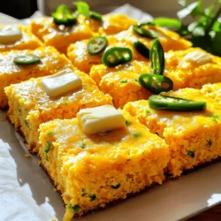 Um ein leckeres Jalapeno Cheddar Cornbread zu machen, brauchen Sie diese Zutaten: - 1 Tasse Maismehl - 1 Tasse Weizenmehl (Allzweck) - 1 Esslöffel Backpulver - 1/2 Teelöffel Salz - 1/2 Teelöffel Natron - 1 Tasse Buttermilch - 1/4 Tasse ungesalzene Butter, geschmolzen - 1 großes Ei - 1 Tasse geriebener scharfer Cheddar-Käse - 2 Jalapeños, fein gehackt (Samen entfernt für weniger Schärfe) Maismehl gibt dem Brot eine tolle Textur. Weizenmehl hilft, die Struktur zu halten. Buttermilch macht das Brot schön feucht. Der Cheddar-Käse bringt einen herzhaften Geschmack. Jalapeños geben dem Brot eine scharfe Note, die gut mit dem Käse harmoniert. Butter macht alles besser! Sie können das Rezept mit diesen Zutaten anpassen: - 2 Esslöffel Honig für zusätzliche Süße - Zusätzliche Kräuter oder Gewürze nach Wahl Honig fügt eine süße Balance hinzu. Kräuter oder Gewürze können den Geschmack erweitern. Experimentieren Sie mit verschiedenen Zutaten, um Ihr perfektes Jalapeno Cheddar Cornbread zu finden. Wenn Sie mehr über die Zubereitung erfahren möchten, schauen Sie sich das Full Recipe an. Heizen Sie Ihren Ofen auf 200°C (400°F) vor. Dies sorgt für eine gleichmäßige Hitze. Fetten Sie eine Backform von 20x20 cm ein. Alternativ können Sie Backpapier verwenden. So bleibt das Brot nicht kleben. In einer großen Schüssel kombinieren Sie das Maismehl, Weizenmehl, Backpulver, Salz und Natron. Mischen Sie alles gut. Es ist wichtig, dass sich die trockenen Zutaten gleichmäßig verteilen. So wird das Brot fluffig und lecker. In einer separaten Schüssel verquirlen Sie die Buttermilch, geschmolzene Butter und das Ei. Rühren Sie, bis die Mischung glatt ist. Wenn Sie Honig verwenden, fügen Sie ihn jetzt hinzu. Der Honig bringt eine süße Note. Gießen Sie die flüssigen Zutaten in die Schüssel mit den trockenen Zutaten. Vermengen Sie alles vorsichtig. Rühren Sie nur so lange, bis alles feucht ist. Kleine Klümpchen sind in Ordnung. Das sorgt für eine lockere Textur. Heben Sie den geriebenen Cheddar-Käse und die gehackten Jalapeños unter den Teig. Gießen Sie den Brotteig in die vorbereitete Backform. Glätten Sie die Oberfläche mit einem Spatel. Backen Sie das Brot 20 bis 25 Minuten. Überprüfen Sie die Backzeit, bis die Oberfläche goldbraun ist. Ein Zahnstocher sollte sauber herauskommen. Jetzt können Sie das Brot genießen! Wenn Sie mehr zu diesem Rezept erfahren möchten, schauen Sie sich das [Full Recipe] an. Um die perfekte Konsistenz für deinen Teig zu erreichen, musst du sorgfältig mischen. Beginne damit, die trockenen Zutaten gut zu vermengen. So vermeidest du Klumpen im Teig. Wenn du die flüssigen Zutaten hinzufügst, rühre nur sanft. Übermäßiges Rühren macht das Brot zäh. Kleine Klümpchen sind in Ordnung. Sie helfen, das Brot locker und luftig zu machen. Die Wahl deiner Jalapeños kann den Geschmack stark verändern. Wenn du es scharf magst, nimm die Samen nicht heraus. Für eine mildere Note, entferne die Samen und die weißen Teile. Du kannst auch frische oder eingelegte Jalapeños verwenden. Frische geben mehr Geschmack, während eingelegte eine süßliche Note haben. Jalapeno Cheddar Cornbread passt gut zu vielen Gerichten. Probiere es mit Chili oder als Beilage zu gegrilltem Fleisch. Du kannst auch Dips dazu anbieten. Ein einfacher Avocadodip oder eine scharfe Salsa sind tolle Kombinationen. Serviere das Brot warm mit einem Stück Butter. Zusätzliche Jalapeños oder frische Kräuter machen das Gericht noch bunter und schmackhafter. {{image_4}} Wenn Sie Jalapeno Cheddar Cornbread vegan oder glutenfrei machen möchten, gibt es einfache Alternativen. Für das Maismehl können Sie glutenfreies Mehl verwenden. Reismehl oder Mandelmehl sind gute Optionen. Anstelle des Eies verwenden Sie ein Apfelmus oder eine Banane. Diese Zutaten helfen, die Feuchtigkeit zu halten. Für die vegane Buttermilch mischen Sie Sojamilch oder Mandelmilch mit einem Spritzer Essig. Lassen Sie es ein paar Minuten stehen. So erhalten Sie eine gute pflanzliche Buttermilch, die gut funktioniert. Das Schöne an diesem Rezept ist seine Flexibilität. Sie können verschiedene Käsesorten verwenden. Gouda oder Monterrey Jack passen gut dazu. Experimentieren Sie mit diesen, um neue Geschmäcker zu entdecken. Sie können auch mehr Gemüse hinzufügen. Zucchini, Paprika oder Spinat bringen Farbe und Nährstoffe. Kräuter wie frischer Schnittlauch oder Thymian geben zusätzlichen Geschmack. Fühlen Sie sich frei, kreativ zu sein und neue Kombinationen auszuprobieren! Um Jalapeno Cheddar Cornbread frisch zu halten, ist die richtige Lagerung wichtig. Lagern Sie das Brot in einem luftdichten Behälter. Bei Raumtemperatur bleibt es so für etwa zwei Tage frisch. Für längere Lagerung legen Sie es in den Kühlschrank. So bleibt es bis zu einer Woche gut. Wenn Sie das Brot einfrieren möchten, schneiden Sie es in Stücke. Wickeln Sie jedes Stück in Frischhaltefolie und dann in Alufolie. So bleibt der Geschmack bis zu drei Monate erhalten. Wie lange bleibt Jalapeno Cheddar Cornbread frisch? Bei Raumtemperatur hält es 2 Tage. Im Kühlschrank bleibt es bis zu 7 Tage frisch. Wenn Sie das Brot einfrieren, können Sie es bis zu 3 Monate genießen. Achten Sie darauf, es gut zu verpacken, um Gefrierbrand zu vermeiden. Um Jalapeno Cheddar Cornbread aufzuwärmen, verwenden Sie den Ofen. Heizen Sie ihn auf 180 Grad Celsius vor. Wickeln Sie das Brot in Alufolie, um es vor dem Austrocknen zu schützen. Backen Sie es für 10 bis 15 Minuten. Alternativ können Sie es in der Mikrowelle aufwärmen. Stellen Sie die Mikrowelle auf mittlere Leistung und erwärmen Sie es 20 bis 30 Sekunden lang. Überprüfen Sie, ob es warm genug ist. So bleibt es saftig und lecker. Für das beste Ergebnis, genießen Sie das Cornbread frisch nach dem Aufwärmen. Wenn Sie nach dem [Full Recipe] suchen, finden Sie alle Schritte für die Zubereitung dort. Die Zubereitung von Jalapeno Cheddar Cornbread dauert insgesamt etwa 35 Minuten. Die Vorbereitungszeit beträgt nur 10 Minuten. Die Backzeit liegt zwischen 20 und 25 Minuten. Diese schnelle und einfache Methode macht es leicht, das Brot in kurzer Zeit zu genießen. Ja, du kannst Jalapeno Cheddar Cornbread im Voraus zubereiten. Du kannst den Teig bis zu einem Tag im Voraus machen und ihn dann im Kühlschrank lagern. Stelle sicher, dass du ihn gut abdeckst. Wenn du bereit bist, das Brot zu backen, lass es zuerst auf Raumtemperatur kommen. Du kannst das gebackene Brot auch in einem luftdichten Behälter aufbewahren. Es bleibt bei Raumtemperatur etwa zwei Tage frisch. Um Jalapeno Cheddar Cornbread glutenfrei zu machen, ersetze das Weizenmehl durch glutenfreies Mehl. Optionen sind Mandelmehl oder eine glutenfreie Mehlmischung. Achte darauf, dass das glutenfreie Mehl auch Backpulver enthält. Dies hilft, die richtige Konsistenz zu erreichen. Jalapeno Cheddar Cornbread passt gut zu vielen Gerichten. Es ist ideal als Beilage zu Chili oder Eintöpfen. Du kannst es auch zu Grillgerichten servieren. Eine kleine Portion Butter oder Honig auf dem warmen Brot macht es noch besser. Für einen frischen Touch füge etwas gehackte Petersilie oder Koriander hinzu. Alternativ kannst du es mit einer herzhaften Suppe kombinieren. Jalapeno Cheddar Cornbread bringt Geschmack und Freude in jede Küche. Die Hauptzutaten, wie Maismehl und scharfer Cheddar, sorgen für ein tolles Aroma. Die Schritt-für-Schritt-Anleitung hilft dir, das Brot perfekt zuzubereiten. Denke an die Tipps für Textur und Schärfe, um es deinen Vorlieben anzupassen. Variationen ermöglichen dir, kreativ zu sein. Schließlich sind die Aufbewahrungstipps wichtig, damit dein Brot frisch bleibt. Probiere dieses Rezept aus, du wirst begeistert sein!