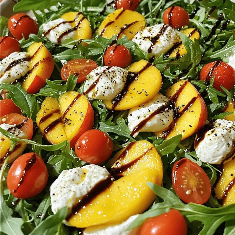 Für den Pfirsich Burrata Caprese Salat brauchen wir frische und einfache Zutaten. Hier sind die Hauptzutaten: - 2 reife Pfirsiche, in Scheiben geschnitten - 1 Kugel frischer Burrata Käse - 1 Tasse Kirschtomaten, halbiert - 2 Tassen frische Rucola - 1 Esslöffel Balsamico-Glasur - 2 Esslöffel natives Olivenöl extra - Frische Basilikumblätter zur Dekoration - Salz und Pfeffer nach Geschmack Diese Zutaten bringen frische Aromen und tolle Farben in den Salat. Die Pfirsiche geben eine süße Note, während die Burrata cremig und reichhaltig ist. Die Kirschtomaten fügen eine saftige Textur hinzu, und die Rucola sorgt für einen leicht würzigen Geschmack. Wenn Sie nicht alle Zutaten zur Hand haben, gibt es einige Alternativen. Hier sind einige Ideen: - Statt Pfirsichen können Sie Nektarinen verwenden. Sie sind ähnlich und ebenfalls süß. - Für den Burrata Käse kann auch Mozzarella genutzt werden, aber die Textur wird anders sein. - Wenn Sie keine Rucola mögen, verwenden Sie Spinat oder gemischte Blattsalate. - Anstelle von Balsamico-Glasur können Sie auch Zitronensaft oder eine andere Essigsorte nehmen. Diese Substitutionen helfen, den Salat an Ihren Geschmack oder Vorrat anzupassen. Dieser Salat ist nicht nur lecker, sondern auch gesund. Hier einige Nährwertinformationen pro Portion: - Kalorien: 250 - Protein: 9 g - Kohlenhydrate: 15 g - Fett: 18 g Der Salat enthält gesunde Fette aus dem Olivenöl und der Burrata. Die Pfirsiche und Tomaten liefern Vitamine und Antioxidantien. So genießen Sie einen schmackhaften und nahrhaften Salat. Für die vollständige Zubereitung schauen Sie sich das Full Recipe an. Zuerst waschen Sie die Pfirsiche und Kirschtomaten gut. Es ist wichtig, frische und reife Zutaten zu wählen. Die Pfirsiche sollten weich, aber fest sein. Schneiden Sie die Pfirsiche in dünne Spalten. Dann halbieren Sie die Kirschtomaten. Diese beiden Zutaten bringen Farbe und Süße in den Salat. Nehmen Sie eine große Salatschüssel. Fügen Sie die frische Rucola als Basis hinzu. Diese gibt dem Salat einen schönen, grünen Untergrund. Legen Sie die Pfirsichscheiben gleichmäßig über die Rucola. Danach fügen Sie die halbierten Kirschtomaten hinzu. Achten Sie darauf, ein schönes Muster zu bilden. Zerren Sie die Burrata in große Stücke und verteilen Sie sie über den Salat. Diese cremige Käse sorgt für einen tollen Geschmack. Jetzt kommt der spannende Teil. Träufeln Sie das native Olivenöl über den Salat. Danach fügen Sie die Balsamico-Glasur hinzu. Diese beiden Zutaten bringen den Salat zum Leben. Würzen Sie mit einer Prise Salz und frisch gemahlenem Pfeffer. Diese einfachen Schritte helfen, die Aromen zu verstärken. Garnieren Sie den Salat mit frischen Basilikumblättern für einen aromatischen Akzent. Für die vollständige Anleitung schauen Sie sich das Rezept an: [Full Recipe]. Wählen Sie reife Pfirsiche aus. Sie sollten weich, aber nicht matschig sein. Achten Sie auf eine schöne Farbe und einen süßen Duft. Diese Merkmale zeigen, dass die Pfirsiche frisch sind. Für die Burrata suchen Sie eine, die cremig und frisch aussieht. Ein guter Burrata sollte eine glatte Oberfläche haben und nicht austrocknen. Präsentation ist wichtig. Nutzen Sie einen großen, flachen Teller. Legen Sie die Rucola als Basis. Arrangieren Sie die Pfirsichscheiben und Kirschtomaten in einem schönen Muster. Zupfen Sie den Burrata in große Stücke. Verteilen Sie ihn gleichmäßig im Salat. Träufeln Sie das Olivenöl und die Balsamico-Glasur gleichmäßig darüber. Garnieren Sie mit frischem Basilikum. Dies macht den Salat ansprechend und einladend. Passen Sie das Rezept nach Ihrem Geschmack an. Fügen Sie Nüsse hinzu, um Crunch zu schaffen. Geröstete Pinienkerne oder Walnüsse sind eine gute Wahl. Sie können auch andere Käsesorten wie Feta verwenden. Experimentieren Sie mit anderen Früchten. Wassermelonenstückchen oder Erdbeeren passen gut. So bleibt das Rezept spannend und neu. Schauen Sie sich das Full Recipe an, um mehr Ideen zu bekommen. {{image_4}} Wenn Sie eine vegetarische Variante des Pfirsich Burrata Caprese Salats möchten, können Sie die Burrata durch einen cremigen, pflanzlichen Käse ersetzen. Es gibt viele Marken, die einen großartigen Geschmack bieten. Veganer Käse aus Nüssen oder Soja ist eine gute Wahl. Auch Feta kann eine interessante Option sein. Saisonale Zutaten machen den Salat frisch und lecker. Im Sommer sind Pfirsiche und Tomaten am besten. Im Herbst können Sie Äpfel und Nüsse verwenden. Diese Kombination bringt neue Aromen und Texturen. Im Winter sind Granatäpfel und Orangen eine tolle Ergänzung. Sie verleihen dem Salat Farbe und einen fruchtigen Kick. Dieser Salat hat viele internationale Varianten. In Italien fügen manche Leute Pesto hinzu, um den Geschmack zu intensivieren. In Mexiko könnte man Avocado und Limette einarbeiten. Diese Variationen machen den Salat spannend und unterschiedlich. Probieren Sie verschiedene Kombinationen, um Ihre eigene Lieblingsversion zu finden. Für das komplette Rezept, schauen Sie sich den [Full Recipe] an. Um die Frische deines Pfirsich Burrata Caprese Salats zu bewahren, lagere ihn im Kühlschrank. Decke die Schüssel mit Frischhaltefolie ab oder verwende einen luftdichten Behälter. So bleibt der Salat bis zu zwei Tage frisch. Achte darauf, die Zutaten nicht zu lange zu mischen. Das hält die Texturen knackig. Wenn du den Salat für später vorbereiten möchtest, lagere die Zutaten getrennt. Bewahre die Pfirsiche und Tomaten in einer Schüssel auf. Halte den Burrata Käse in seiner verpackten Form. Rucola sollte ebenfalls trocken und kühl aufbewahrt werden. So bleiben die Zutaten frisch und bereit für eine schnelle Zubereitung. Der Salat schmeckt am besten frisch. Wenn du ihn jedoch aufbewahrst, achte auf den Geruch und das Aussehen. Rucola kann nach ein paar Tagen welken. Der Burrata Käse verliert seine Cremigkeit, wenn er zu lange lagert. Verwende die Reste innerhalb von zwei Tagen, um den besten Geschmack zu genießen. Um den perfekten Pfirsich Burrata Caprese Salat zu machen, folge diesen Schritten: Beginne mit frischen, reifen Pfirsichen. Wähle Pfirsiche, die leicht weich sind. Schneide sie in dünne Scheiben. Halbiere dann die Kirschtomaten. Sie bringen frische und Farbe. Verwende frische Rucola als Basis. Sie gibt dem Salat einen schönen Crunch. Zerr den Burrata Käse vorsichtig in große Stücke. Lege ihn gleichmäßig über die anderen Zutaten. Träufle natives Olivenöl und Balsamico-Glasur darüber. Würze mit Salz und Pfeffer. Garnierte den Salat mit frischen Basilikumblättern. Diese Schritte ergeben einen leckeren, einladenden Salat. Für die genauen Mengen, schau dir das Full Recipe an. Ja, du kannst den Salat im Voraus zubereiten. Bereite die Zutaten wie Pfirsiche und Kirschtomaten vor. Aber schichte den Salat erst kurz vor dem Servieren. Die Rucola und der Burrata Käse verlieren schnell ihre Frische. Das Dressing sollte auch erst beim Servieren hinzugefügt werden. So bleibt der Salat knackig und lecker. Du kannst die Zutaten auch getrennt lagern. Das hilft, die Aromen frisch zu halten. Dieser Salat passt gut zu vielen Gerichten. Probiere ihn mit gegrilltem Hühnchen für eine Hauptmahlzeit. Auch gegrillter Fisch ergänzt die Aromen sehr gut. Für eine einfache Beilage ist er perfekt zu Pasta oder Brot. Genieß ihn auch mit einer Glas Wein für ein besonderes Abendessen. Der Salat bringt Farbe und Frische auf den Tisch. Der Pfirsich Burrata Caprese Salat ist eine köstliche Mischung aus frischen Zutaten. Wir haben die Hauptzutaten und deren Nährwert besprochen. Sie haben gelernt, wie man den Salat Schritt für Schritt zubereitet und anrichtet. Tipps zur Auswahl der besten Zutaten machen das Rezept einfacher. Sie können das Gericht auch variieren und nach Ihrem Geschmack anpassen. Denken Sie daran, wie wichtig die Lagerung ist, um die Frische zu erhalten. Genießen Sie diese leckere Option und lassen Sie Ihrer Kreativität freien Lauf!