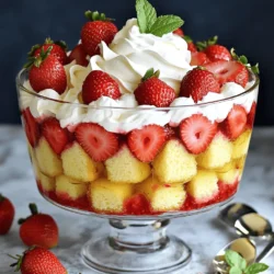 Für ein leckeres Erdbeer-Shortcake-Trifle braucht man frische und einfache Zutaten. Hier ist eine Liste der Zutaten: - 2 Tassen frische Erdbeeren, entkelmt und in Scheiben geschnitten - 3 Esslöffel Zucker - 1 Teelöffel Vanilleextrakt - 2 Tassen Schlagsahne - 1/4 Tasse Puderzucker - 1 Teelöffel Vanilleextrakt (für die Sahne) - 1 gekaufter Biskuit- oder Rührkuchen, in mundgerechte Stücke geschnitten - Minzblätter zur Garnitur (optional) Diese Zutaten machen das Trifle frisch und süß. Die Erdbeeren bringen eine fruchtige Note, während die Sahne alles schön cremig macht. Wenn du Erdbeeren kaufst, achte auf folgende Punkte: - Wähle leuchtend rote Erdbeeren. Diese sind süßer und reifer. - Vermeide Erdbeeren mit grünen oder weißen Stellen. Diese sind oft unreif. - Achte darauf, dass die Erdbeeren fest sind und keine Druckstellen haben. - Frische Erdbeeren sollten einen süßen Duft haben. Diese Tipps helfen dir, die besten Erdbeeren für dein Trifle auszuwählen. Frische Erdbeeren geben dem Dessert den besten Geschmack. Wenn du glutenfrei kochen möchtest, gibt es verschiedene Alternativen: - Verwende glutenfreies Brot oder Muffins als Basis. Diese sind oft weich und geschmackvoll. - Du kannst auch einen glutenfreien Biskuit aus dem Laden kaufen. Achte auf die Zutaten. - Eine weitere Option ist, einen Biskuit selbst zu machen. Nutze Mandelmehl oder Kokosmehl, um glutenfrei zu backen. Diese Alternativen helfen dir, ein glutenfreies Erdbeer-Shortcake-Trifle zu zaubern. So kann jeder das Dessert genießen. Zuerst brauchst du frische Erdbeeren. Entkelme sie und schneide sie in Scheiben. Mische die Erdbeeren in einer Schüssel mit 3 Esslöffeln Zucker. Lass die Mischung für etwa 15 Minuten stehen. So geben die Erdbeeren ihren Saft ab. Dieser Saft macht die Erdbeeren süß und saftig. Du wirst den Unterschied in deinem Trifle schmecken. Jetzt machst du die geschlagene Sahne. Nimm eine große Schüssel und füge 2 Tassen Schlagsahne hinzu. Gib auch 1 Teelöffel Vanilleextrakt und 1/4 Tasse Puderzucker hinein. Schlage die Mischung, bis sich steife Spitzen bilden. Achte darauf, die Sahne nicht zu lange zu schlagen. Sonst wird sie butterig. Die Sahne muss leicht und luftig bleiben. Beginne mit dem Schichten deines Trifles. Nimm eine große Trifleschüssel oder kleine Gläser. Lege zuerst eine Schicht von den Kuchenstückchen auf den Boden. Dann kommt eine Schicht der macerierten Erdbeeren. Vergiss nicht, den Saft mit dazu zu geben. Danach füge eine Schicht der geschlagenen Sahne hinzu. Wiederhole die Schichten, bis die Schüssel voll ist. Beende mit einer Schicht Sahne oben. Garniere das Trifle mit ganzen Erdbeeren und Minzblättern, wenn du magst. So sieht dein Dessert toll aus und schmeckt noch besser. Für das vollständige Rezept schau dir bitte die [Full Recipe] an. Ein Trifle kann einfach sein, aber einige Fehler können auftreten. Hier sind häufige Probleme: - Zu viel Sahne: Zu viel geschlagene Sahne kann das Trifle schwer machen. Halte das Verhältnis von Sahne und Früchten ausgewogen. - Erdbeeren nicht marinieren: Das Marinieren der Erdbeeren mit Zucker bringt ihren Geschmack heraus. Lass sie mindestens 15 Minuten ziehen. - Unsachgemäßes Schichten: Beginne mit Kuchen, gefolgt von Erdbeeren und dann Sahne. So bleibt alles in schönem Schichten. Die richtige Konsistenz der Sahne ist wichtig. Hier sind meine Tipps: - Kalte Schüssel verwenden: Stelle sicher, dass die Schüssel kalt ist. Das hilft der Sahne, besser zu schlagen. - Langsam schlagen: Beginne mit niedriger Geschwindigkeit. Erhöhe dann die Geschwindigkeit langsam, um Luft einzuschließen. - Stopp bei steifen Spitzen: Achte darauf, die Sahne nicht zu lange zu schlagen. Sie sollte steif, aber nicht körnig sein. Die Präsentation macht viel aus. Hier sind einige Ideen: - Einfache Gläser: Verwende durchsichtige Gläser, damit die Schichten sichtbar sind. Das sieht toll aus! - Garnieren: Toppe das Trifle mit ganzen Erdbeeren und frischen Minzblättern. Das macht es frisch und einladend. - Kreative Anordnung: Schichte das Trifle in einer großen Schüssel oder in kleinen Portionen. Beides sieht schön aus. Wenn du mehr über die Zubereitung erfahren möchtest, schau dir das Full Recipe an. {{image_4}} Erdbeeren sind großartig, aber du kannst auch andere Früchte nutzen. Himbeeren oder Blaubeeren passen gut. Diese Früchte bringen eine frische Note. Du kannst auch Pfirsiche oder Mangos probieren. Diese Früchte sind süß und saftig. Mische verschiedene Früchte für einen bunten Look. So wird dein Trifle noch schmackhafter. Für eine vegane Version brauchst du eine pflanzliche Sahne. Sie funktioniert gut für die Schichten. Verwende auch einen veganen Kuchen. Dieser kann aus Kokos- oder Mandelmehl sein. Die Erdbeeren kannst du gleich lassen. Sie bringen den fruchtigen Geschmack. Mit diesen Tipps hast du eine leckere vegane Option. Toppings machen dein Trifle besonders. Probiere Schokoladensauce oder Karamell. Diese Saucen fügen einen süßen Kick hinzu. Nüsse wie Mandeln oder Walnüsse geben einen Crunch. Für einen frischen Look kannst du Minze verwenden. Minzblätter geben Farbe und Geschmack. Nutze diese Ideen, um dein Trifle zu gestalten. Jeder wird es lieben! Für das vollständige Rezept, schau dir die [Full Recipe] an. Das Erdbeer-Shortcake-Trifle bleibt frisch für etwa drei Tage im Kühlschrank. Achte darauf, das Trifle gut abzudecken. So bleibt die Sahne fest und die Erdbeeren frisch. Nach drei Tagen kann die Textur leiden, aber der Geschmack bleibt meist gut. Schlagsahne sollte immer im Kühlschrank aufbewahrt werden. Lagere sie in einem luftdichten Behälter. So bleibt sie bis zu zwei Tage frisch. Wenn du das Trifle schon vorbereitet hast, vermeide, die Schlagsahne zu lange stehen zu lassen. Dadurch wird sie flüssig und verliert ihre Luftigkeit. Es ist besser, das Trifle nicht einzufrieren. Die Sahne und die Erdbeeren verändern ihre Textur. Wenn du dennoch einfrieren möchtest, lagere nur die Kuchenschichten. Du kannst dann frische Erdbeeren und Sahne hinzufügen, wenn du bereit bist, das Trifle zu genießen. So bleibt der Geschmack und die Textur perfekt. Ja, du kannst die Erdbeeren am Vortag vorbereiten. Schneide die Erdbeeren und mische sie mit Zucker. Lass sie dann im Kühlschrank. So ziehen sie Saft und werden süßer. Du sparst Zeit am Tag, an dem du das Trifle machst. Wenn du keinen Biskuitkuchen hast, gibt es viele Alternativen. Du kannst Rührkuchen oder sogar Löffelbiskuits nehmen. Beide passen gut zu den Erdbeeren und der Sahne. Für eine glutenfreie Option, nutze glutenfreien Kuchen. Um mehr Portionen zu machen, verdopple einfach die Menge der Zutaten. Achte darauf, eine große Schüssel oder mehrere Gläser zu verwenden. Die Schichtung bleibt gleich, egal wie viel du machst. So hast du genug für alle! Zusammengefasst zeigt dieser Blog, wie man ein Erdbeer-Shortcake-Trifle zubereitet. Wir haben die besten Zutaten ausgesucht und Tipps zur Erdbeerwahl gegeben. Ich habe eine Schritt-für-Schritt-Anleitung für die Zubereitung sowie Tipps und Tricks geteilt, um Fehler zu vermeiden. Denke an Variationen mit anderen Früchten und veganen Optionen. Lagere dein Trifle richtig und beachte die Aufbewahrungsinformationen. Mit diesen Informationen kannst du dein Trifle perfekt zubereiten und präsentieren. Viel Spaß beim Experimentieren!