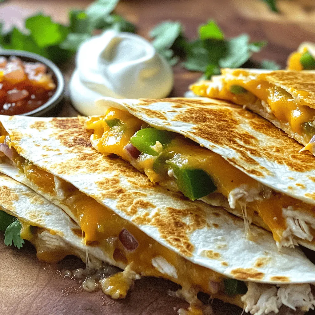 Für leckere Quesadillas brauchst du einige Grundzutaten. Diese Zutaten bringen Geschmack und Struktur in dein Gericht. Hier sind die wichtigsten: - 2 Tassen gekochtes Hühnchen, zerrissen - 1 Tasse geriebener Cheddar-Käse - 1 Tasse geriebener Mozzarella-Käse - 4 große Weizentortillas Diese Zutaten sind einfach zu finden und machen die Quesadillas herzhaft. Um deinen Quesadillas mehr Geschmack zu geben, kannst du verschiedene zusätzliche Zutaten verwenden. Probiere diese aus: - 1 grüner Paprika, gewürfelt - 1 kleine rote Zwiebel, fein gehackt - 1 Teelöffel Taco-Gewürz - Sauerrahm und Salsa zum Servieren - Frischer Koriander zum Garnieren Mit diesen Zutaten wird dein Gericht noch bunter und schmackhafter. Die Wahl der richtigen Tortillas ist wichtig. Sie sollten frisch und weich sein. Achte auf: - Größe: Große Tortillas sind besser für Füllungen. - Art: Weizentortillas sind flexibel und gut für Quesadillas. - Frische: Kaufe Tortillas, die frisch gebacken sind. Frische Tortillas machen den Unterschied. Sie sorgen dafür, dass deine Quesadillas perfekt werden. Für das vollständige Rezept schaue dir die Full Recipe an. Um die Füllung zuzubereiten, nehme ich eine große Schüssel. Dort gebe ich die zwei Tassen gekochtes Hühnchen. Es sollte gut zerrissen sein. Dann füge ich eine Tasse geriebenen Cheddar-Käse und eine Tasse geriebenen Mozzarella-Käse hinzu. Der Käse sorgt für den schmelzenden Genuss. Ich schneide einen grünen Paprika klein und gebe ihn in die Schüssel. Eine kleine rote Zwiebel, fein gehackt, macht die Mischung geschmackvoller. Ich streue einen Teelöffel Taco-Gewürz hinein und rühre alles gut um. So verteilen sich die Aromen gleichmäßig. Für das Braten erhitze ich eine große Pfanne bei mittlerer Hitze. Ich gebe einen Esslöffel Olivenöl in die Pfanne. Wenn das Öl heiß ist, lege ich eine große Weizentortilla hinein. Auf die eine Hälfte der Tortilla verteile ich die Hühnchen- und Käsemischung. Dann falte ich die Tortilla in der Mitte. Nach drei bis vier Minuten drehe ich sie um. Sie sollte goldbraun sein und der Käse geschmolzen. Ich nehme die Quesadilla aus der Pfanne und lasse sie eine Minute ruhen. Dann schneide ich sie in Wedges. Ich wiederhole diesen Vorgang, bis alle Tortillas und die Füllung aufgebraucht sind. Ich serviere die warmen Quesadillas auf einem großen Teller. Dazu gibt es Sauerrahm und Salsa. Das gibt einen frischen Kick. Ein paar frische Korianderblätter oben drauf machen das Gericht schön. So sieht es nicht nur lecker aus, sondern schmeckt auch fantastisch. Möchtest du mehr Rezepte? Schau dir das Full Recipe an! Um die Quesadillas perfekt goldbraun zu machen, benutze eine große Pfanne. Erhitze das Öl auf mittlerer Hitze. Wenn das Öl heiß ist, lege nur eine Tortilla hinein. Achte darauf, dass der Käse in der Füllung schmilzt, während die Tortilla brät. Wende die Quesadilla vorsichtig, um die andere Seite gleichmäßig zu bräunen. Geduld ist der Schlüssel. Zu hohe Hitze kann sie verbrennen. Du kannst die Füllung nach deinem Geschmack anpassen. Füge mehr Gemüse hinzu, wie Zucchini oder Spinat. Du kannst auch verschiedene Käsesorten verwenden, um den Geschmack zu ändern. Vielleicht magst du etwas Jalapeño für einen scharfen Kick? Experimentiere mit verschiedenen Gewürzen, um neue Aromen zu entdecken. Lass deiner Kreativität freien Lauf! Für die Zubereitung der Quesadillas benötigst du nur wenige Dinge. Ein gutes Schneidebrett und ein scharfes Messer sind wichtig. Eine große Pfanne hilft, die Quesadillas gleichmäßig zu braten. Verwende einen Spatel, um die Quesadillas vorsichtig zu wenden. Eine große Schüssel zum Mischen der Füllung ist nützlich. Halte alles bereit, um den Kochprozess einfach und schnell zu gestalten. {{image_4}} Für eine leckere vegetarische Option, ersetzen Sie das Hühnchen. Nutzen Sie frisches Gemüse wie Spinat, Zucchini oder Pilze. Fügen Sie schwarze Bohnen für mehr Protein hinzu. Diese Kombination sorgt für ein nahrhaftes und schmackhaftes Gericht. Sie können auch frischen Mais und Avocado hinzufügen. So wird jede Biss ein Genuss! Ein wenig Würze kann viel bewirken. Fügen Sie Kräuter wie Oregano, Kreuzkümmel oder Paprika hinzu. Diese Gewürze bringen das Aroma zum Leben. Experimentieren Sie mit verschiedenen Kombinationen. Dies fügt Tiefe und Komplexität zu Ihrem Gericht hinzu. Probieren Sie auch frische Kräuter wie Koriander oder Basilikum. Diese bieten ein frisches Finish. Der Käse ist der Star der Quesadilla. Neben Cheddar und Mozzarella können Sie Gouda oder Feta verwenden. Diese Käsesorten schmelzen gut und bringen eigene Aromen. Mischen Sie verschiedene Käsesorten für einen interessanten Geschmack. Parmesan fügt eine salzige Note hinzu, während Brie eine cremige Textur bietet. Denken Sie daran, die Käsesorten gut zu kombinieren. So schaffen Sie eine köstliche Quesadilla. Für das vollständige Rezept, schauen Sie sich die Käse-Hühnchen-Quesadillas Delight an. Um die Quesadillas frisch zu halten, lassen Sie sie zuerst abkühlen. Wickeln Sie die Reste in Frischhaltefolie oder Aluminiumfolie. Lagern Sie sie in einem luftdichten Behälter im Kühlschrank. So bleiben sie 3 bis 4 Tage genießbar. Wenn Sie die Quesadillas zu lange aufbewahren, verlieren sie ihren Geschmack und ihre Knusprigkeit. Um Quesadillas aufzubewahren, die länger halten sollen, können Sie sie einfrieren. Wickeln Sie die abgekühlten Quesadillas einzeln in Frischhaltefolie. Legen Sie sie dann in einen Gefrierbeutel. Drücken Sie die Luft heraus, bevor Sie den Beutel verschließen. So bleiben sie bis zu 3 Monate frisch. Denken Sie daran, die Quesadillas vor dem Einfrieren nicht in Scheiben zu schneiden. Wenn Sie die Quesadillas aufwärmen möchten, verwenden Sie eine Pfanne. Erhitzen Sie die Pfanne ohne Öl bei mittlerer Hitze. Legen Sie die Quesadillas hinein und braten Sie sie 2 bis 3 Minuten auf jeder Seite. So werden sie wieder knusprig. Sie können auch einen Toaster oder einen Ofen nutzen. Stellen Sie den Ofen auf 180 Grad Celsius ein und backen Sie die Quesadillas 10 Minuten lang. Für das vollständige Rezept besuchen Sie den Abschnitt Full Recipe. Um die besten Quesadillas zu machen, sind frische Zutaten wichtig. Ich benutze immer gekochtes Hühnchen, frisches Gemüse und zwei Käsesorten. Cheddar bringt einen tollen Geschmack, während Mozzarella für die perfekte Schmelze sorgt. Mische die Zutaten gut. Fülle die Tortilla, aber überlade sie nicht. Brate sie bei mittlerer Hitze. So werden sie goldbraun und knusprig. Eine gute Pfanne ist entscheidend. Wenn du die Tortilla wendest, achte auf eine gleichmäßige Bräunung. Ja, du kannst die Quesadillas auch im Ofen zubereiten. Heize deinen Ofen auf 200 Grad Celsius vor. Lege die gefüllten Tortillas auf ein Backblech. Backe sie etwa 10-12 Minuten, bis sie goldbraun sind. Du kannst auch etwas Olivenöl auf die Tortillas sprühen, damit sie schön knusprig werden. Diese Methode ist perfekt, wenn du mehrere Quesadillas gleichzeitig machen willst. Zu Quesadillas passen viele leckere Beilagen. Ich empfehle Sauerrahm und Salsa. Diese bringen Frische und eine angenehme Schärfe. Guacamole ist auch eine tolle Wahl. Frischer Koriander gibt einen zusätzlichen Geschmack. Wenn du es schärfer magst, füge Jalapeños hinzu. Du kannst auch einen einfachen Salat dazu reichen. So hast du eine ausgewogene Mahlzeit. Quesadillas sind einfach und vielseitig. Wir haben die besten Zutaten, Zubereitungsschritte und Tipps behandelt. Mit den richtigen Kräutern und Käsesorten, werden deine Quesadillas besonders lecker. Denke daran, Reste richtig zu lagern und einzufrieren, um sie später zu genießen. Experimentiere mit verschiedenen Füllungen, um deinen Geschmack zu treffen. Jetzt bist du bereit, die besten Quesadillas zu machen. Viel Spaß beim Kochen!