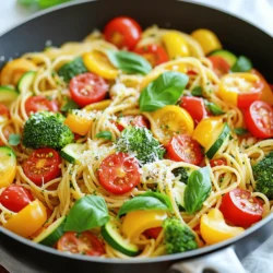 - 225 g Spaghetti oder Fettuccine - 1 Tasse Kirschtomaten, halbiert - 1 Tasse Paprika (verschiedene Farben), dünn geschnitten - 1 Zucchini, in Scheiben geschnitten - 1 Tasse Brokkoliröschen - Olivenöl und Gewürze (Salz, Pfeffer, italienische Kräuter) - 50 g frisch geriebener Parmesan - Frische Basilikumblätter zur Garnierung Für Pasta Primavera wähle frisches Gemüse. Bunte Paprika bringt Farbe und Geschmack. Kirschtomaten fügen Süße hinzu. Die Zucchini und Brokkoli sorgen für Crunch. Diese Zutaten machen das Gericht gesund und lecker. Das Grundrezept ist einfach. Du kannst die Hauptzutaten leicht anpassen. Füge dein Lieblingsgemüse hinzu. Achte darauf, dass alles frisch ist. So schmeckt das Gericht noch besser. Das Rezept bietet auch Optionen für Käse. Parmesan gibt eine cremige Note. Frische Basilikumblätter runden das Gericht ab. Für die vollständige Zubereitung schaue dir das [Full Recipe] an. Es zeigt dir die Schritte, um diese köstliche Pasta zuzubereiten. - Bringen Sie einen großen Topf mit Wasser zum Kochen. - Fügen Sie etwas Salz hinzu, um der Pasta Geschmack zu geben. - Kochen Sie die Spaghetti oder Fettuccine nach Packungsanleitung, bis sie al dente sind. - Gießen Sie die Pasta ab, aber heben Sie 120 ml des Pastawassers auf. - Erhitzen Sie 60 ml Olivenöl in einer großen Pfanne bei mittlerer Hitze. - Fügen Sie 2 fein gehackte Knoblauchzehen hinzu und braten Sie sie für 30 Sekunden an. - Geben Sie die Brokkoliröschen, Paprika und Zucchini in die Pfanne. - Braten Sie das Gemüse 5-7 Minuten lang, bis es leicht zart, aber knackig ist. - Fügen Sie 1 Tasse halbierte Kirschtomaten in die Pfanne. - Rühren Sie 1 Teelöffel getrocknete italienische Kräuter, Salz und Pfeffer ein. - Lassen Sie alles weitere 3-4 Minuten kochen, bis die Tomaten weich sind. - Geben Sie die gekochte Pasta in die Pfanne und vermengen Sie alles gut. - Fügen Sie nach Bedarf etwas von dem aufbewahrten Pastawasser hinzu. Genießen Sie jetzt Ihre leckere Pasta Primavera mit frischem Basilikum! Weitere Details finden Sie im Full Recipe. - Tipps für al dente Pasta: Um Pasta al dente zu kochen, folge den Anweisungen auf der Packung. Probiere die Pasta ein bis zwei Minuten vor dem empfohlenen Zeitpunkt. Sie sollte noch etwas Biss haben. - Wie man das richtige Wasserverhältnis verwendet: Nutze mindestens 4 Liter Wasser pro 450 g Pasta. Füge 1 Esslöffel Salz hinzu, um den Geschmack zu verbessern. - Beste Gemüse für Pasta Primavera: Wähle buntes Gemüse wie Paprika, Zucchini, Brokkoli und Kirschtomaten. Diese geben Farbe und Geschmack. - Saisonal und frisch wählen: Kaufe saisonales Gemüse. Es schmeckt besser und ist oft günstiger. Ein Marktbesuch kann dir frische Optionen zeigen. - Gewürz- und Kräutervariationen: Verwende italienische Kräuter wie Oregano, Basilikum und Thymian. Diese passen gut zu Pasta Primavera. - Kräuter frisch oder getrocknet? Frische Kräuter haben einen stärkeren Geschmack. Du kannst frische Kräuter verwenden, aber getrocknete sind auch praktisch. Für mehr Details und Schritt-für-Schritt-Anleitungen, sieh dir das [Full Recipe] an. {{image_4}} Pasta Primavera lässt sich leicht mit verschiedenen Proteinen anpassen. Du kannst Hähnchen, Garnelen oder Tofu hinzufügen. - Hähnchen: Brate kleine Stücke Hähnchenbrust an, bis sie goldbraun sind. Füge sie dann zum Gemüse hinzu. - Garnelen: Garnelen sind schnell zubereitet. Brate sie in der Pfanne, bis sie rosa sind. - Tofu: Für eine vegetarische Alternative verwende festen Tofu. Brate ihn knusprig an und mische ihn unter das Gemüse. Pasta Primavera ist sehr flexibel. Du kannst verschiedene Nudelarten nutzen. - Glutenfreie Optionen: Verwende glutenfreie Pasta aus Reis oder Mais. Sie sind lecker und gesund. - Vollkorn- oder andere Nudelsorten: Vollkornnudeln bieten mehr Ballaststoffe. Du kannst auch andere Sorten wie Linsen- oder Kichererbsennudeln probieren. Die Sauce kann den Geschmack stark verändern. Du hast viele Möglichkeiten. - Mit Sahne oder Brühe anpassen: Für eine cremige Sauce füge etwas Sahne hinzu. Alternativ kannst du Gemüsebrühe für mehr Geschmack verwenden. - Tomatensoße für einen anderen Geschmack: Eine einfache Tomatensoße gibt der Pasta einen neuen Twist. Koche sie separat und mische sie unter die Pasta. Jede dieser Variationen bringt neue Geschmäcker in dein Gericht. Du kannst kreativ sein und deine Lieblingszutaten hinzufügen. So wird dein Pasta Primavera immer wieder anders und spannend. Bewahre Pasta Primavera im Kühlschrank auf. Nutze einen luftdichten Behälter. So bleibt das Gericht frisch. Du kannst die Reste bis zu drei Tage aufbewahren. Achte darauf, dass das Gemüse knackig bleibt. Die besten Methoden zum Aufwärmen sind die Mikrowelle oder eine Pfanne. In der Mikrowelle erwärmst du sie kurz und rührst oft um. In der Pfanne solltest du etwas Wasser oder Öl hinzufügen. So wird die Pasta nicht trocken. Du kannst Pasta Primavera auch einfrieren. Teile sie in Portionen auf. Achte darauf, dass die Behälter für das Gefrierfach geeignet sind. So bleiben die Aromen intact. Zum Auftauen lasse die Pasta über Nacht im Kühlschrank. Wenn du sie erwärmst, füge etwas Wasser hinzu, um die Trockenheit zu vermeiden. Pasta Primavera ist ein buntes Pasta-Gericht. Es stammt aus Italien und bedeutet „Frühling Pasta“. Die Idee ist, frisches Gemüse mit Pasta zu kombinieren. Es ist leicht und gesund, ideal für warme Tage. Ja, du kannst Pasta Primavera vegan zubereiten. Verwende einfach frisches Gemüse und Olivenöl. Statt Parmesan kannst du Nährhefe nutzen. Diese gibt einen ähnlichen Geschmack. Auch gibt es viele vegane Käsealternativen. Die Zubereitung dauert etwa 10 Minuten. Das Kochen der Pasta dauert weitere 10 Minuten. Insgesamt brauchst du also nur etwa 30 Minuten für das ganze Gericht. Statt Parmesan kannst du Nährhefe verwenden. Das gibt einen Käsegeschmack ohne Milchprodukte. Auch pflanzlicher Käse ist eine gute Option. Probiere verschiedene Varianten, um deinen Favoriten zu finden. Pasta Primavera ist ein bunter Genuss. Wir haben leckere Zutaten wie Spaghetti, Gemüse und Gewürze kombiniert. Du kannst sie einfach kochen und anpassen, wie du möchtest. Egal, ob mit Tofu oder einer körnigen Soße, der Geschmack bleibt toll. Denke daran, frisches Gemüse und richtige Lagerung zu nutzen. So bleibt dein Gericht frisch und schmackhaft. Probiere die verschiedenen Variationen und genieße diese einfache und gesunde Mahlzeit.