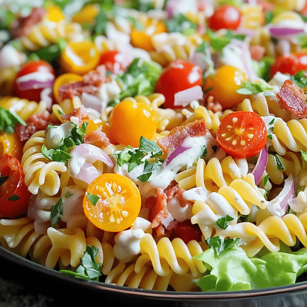 Zuerst kochen wir die Rotini-Nudeln. Füllen Sie einen großen Topf mit gesalzenem Wasser. Bringen Sie das Wasser zum Kochen. Geben Sie die Nudeln hinein und kochen Sie sie, bis sie al dente sind. Dies dauert etwa 8 bis 10 Minuten. Gießen Sie die Nudeln ab und spülen Sie sie unter kaltem Wasser ab. So stoppen Sie den Kochvorgang und verhindern, dass die Nudeln matschig werden. Während die Nudeln kochen, können Sie die anderen Zutaten vorbereiten. Braten Sie den Putenbauch in einer Pfanne, bis er knusprig ist. Lassen Sie ihn dann abkühlen und zerbröseln Sie ihn. Halbieren Sie die Cherrytomaten und hacken Sie den Romanasalat grob. Schneiden Sie die rote Zwiebel in dünne Scheiben. Diese Schritte sind wichtig, damit alle Zutaten frisch und knackig sind. In einer großen Schüssel vermengen Sie die gekochten Nudeln mit dem zerbröselten Putenbauch, den halbierten Cherrytomaten, dem gehackten Romanasalat und der roten Zwiebel. Mischen Sie alles vorsichtig, damit die Nudeln nicht zerbrechen. Jetzt kommt das Dressing. In einer kleinen Schüssel geben Sie die Mayonnaise, den griechischen Joghurt, den Dijon-Senf und den Apfelessig. Fügen Sie Salz und Pfeffer nach Geschmack hinzu. Rühren Sie alles mit einem Schneebesen glatt. Gießen Sie das Dressing über die Pasta-Salat-Mischung. Rühren Sie sanft um, bis alle Zutaten gleichmäßig bedeckt sind. Lassen Sie den Salat für etwa 30 Minuten im Kühlschrank kühlen. Diese Zeit hilft den Aromen, sich gut zu vermischen. Vor dem Servieren sollten Sie den Salat erneut vorsichtig durchmischen. Garnieren Sie den Salat mit frischer Petersilie für eine schöne Optik. Servieren Sie den Salat in einer großen Schüssel oder auf individuellen Tellern. Der BLT Pasta Salat ist perfekt für ein Picknick oder als Beilage zu Grillgerichten. Für das vollständige Rezept, schauen Sie sich den [Full Recipe] an. Ein häufiger Fehler ist das Überkochen der Nudeln. Achte darauf, die Rotini al dente zu kochen. Das gibt der Pasta eine bessere Textur. Ein anderer Fehler ist, das Dressing zu früh hinzuzufügen. Warte, bis die Nudeln abgekühlt sind. So wird der Salat nicht matschig. Um die perfekte Konsistenz zu erreichen, ist die richtige Einarbeitung des Dressings wichtig. Gieße das Dressing langsam über die Nudeln. Mische alles sanft, sodass jede Zutat gut bedeckt ist. Verwende frische Zutaten, um den besten Geschmack zu erzielen. Frische Cherrytomaten und knackiger Romanasalat machen einen großen Unterschied. Die Präsentation kann viel ausmachen. Serviere den Salat in einer großen Schüssel für einen einladenden Look. Alternativ kannst du ihn auf individuelle Teller aufteilen. Garnierungen sind auch wichtig. Ein zusätzlicher Zweig frischer Petersilie sieht toll aus und bringt Farbe ins Spiel. Weitere kreative Ideen sind geröstete Nüsse oder Käse. So wird der Salat noch ansprechender. {{image_4}} Für eine vegetarische Version des BLT Pasta Salats können Sie den Putenbauch durch gegrillte Zucchini oder geräucherten Tofu ersetzen. Diese Zutaten bringen einen tollen Geschmack und eine schöne Textur. Statt der Cherrytomaten können Sie auch gewürfelte Paprika verwenden. Fügen Sie frische Kräuter wie Basilikum oder Schnittlauch hinzu. Sie geben dem Salat einen frischen Kick. Gewürze wie Paprika oder Kreuzkümmel können ebenfalls eine interessante Note hinzufügen. Im Frühling können Sie frische Erbsen und Spargel in den Salat einfügen. Sie bringen eine knackige Textur und einen süßen Geschmack. Im Sommer sind frische Beeren wie Erdbeeren oder Himbeeren eine tolle Ergänzung. Sie sorgen für eine süße Note, die gut mit den anderen Zutaten harmoniert. Wenn Sie ein leichteres Dressing möchten, probieren Sie ein Joghurt-Dressing. Mischen Sie griechischen Joghurt mit etwas Zitronensaft und Senf. Das gibt dem Salat eine cremige Konsistenz ohne viel Fett. Eine Vinaigrette aus Olivenöl, Balsamico-Essig und Kräutern ist ebenfalls eine gute Wahl. Sie ist frisch und schnell zubereitet. Beide Optionen machen Ihren Salat noch köstlicher. Für das vollständige Rezept beachten Sie bitte den Abschnitt [Full Recipe]. Der BLT Pasta Salat bleibt frisch, wenn Sie ihn richtig lagern. - Kühlschranklagerung: Stellen Sie sicher, dass der Salat in einem luftdichten Behälter aufbewahrt wird. So bleibt er frisch und lecker. Lagern Sie ihn immer im Kühlschrank. - Verwendung von Deckeln: Wenn Sie eine große Schüssel benutzen, decken Sie diese gut ab. Ein fester Deckel hilft, die Aromen zu bewahren und die Frische zu sichern. Die Haltbarkeit des Salats hängt von den Zutaten ab. - Frische und Qualität: Der Salat bleibt im Kühlschrank etwa drei Tage frisch. Die Zutaten behalten ihre Qualität, wenn sie gut gelagert werden. - Anzeichen für Verderb: Achten Sie auf Veränderungen in der Farbe oder den Geruch. Wenn der Salat unangenehm riecht oder die Zutaten matschig erscheinen, werfen Sie ihn weg. Sicherheit geht vor! Die Zubereitungszeit für BLT Pasta Salat beträgt etwa 15 Minuten. Die Gesamtzeit, einschließlich der Kühlzeit, ist 45 Minuten. Dies umfasst das Kochen der Nudeln und das Mischen der Zutaten. Es ist einfach und schnell, was es ideal für ein schnelles Abendessen oder eine Feier macht. Ja, Sie können den BLT Pasta Salat im Voraus zubereiten. Bereiten Sie den Salat bis zur Kühlzeit vor. Das Kühlen hilft, die Aromen zu verbinden. Ich empfehle, den Salat bis zu einem Tag im Voraus zu machen. Dies spart Zeit und macht das Essen stressfreier. Denken Sie daran, das Dressing erst kurz vor dem Servieren hinzuzufügen, um die Frische zu bewahren. Zu BLT Pasta Salat passen viele Beilagen und Getränke. Servieren Sie ihn mit knusprigem Brot oder frischen Brötchen. Ein leichtes Dressing oder ein grüner Salat ergänzen das Gericht gut. Für Getränke passen Limonade oder ein leichter Weißwein. Diese Kombinationen machen Ihre Mahlzeit noch schmackhafter und interessanter. Der BLT Pasta Salat vereint leckere Zutaten wie Rotini-Nudeln, Putenbauch und frische Cherrytomaten. In der Schritt-für-Schritt-Anleitung haben Sie gelernt, wie Sie die Nudelbasis vorbereiten und die Salatzutaten perfekt vermischen. Tipps helfen Ihnen, häufige Fehler zu vermeiden und die beste Konsistenz zu erreichen. Variationen zeigen, wie Sie den Salat anpassen können, und die Lagerungshinweise sichern die Frische. Nutzen Sie all diese Informationen, um einen köstlichen Salat zu kreieren, der jedes Mal überzeugt.